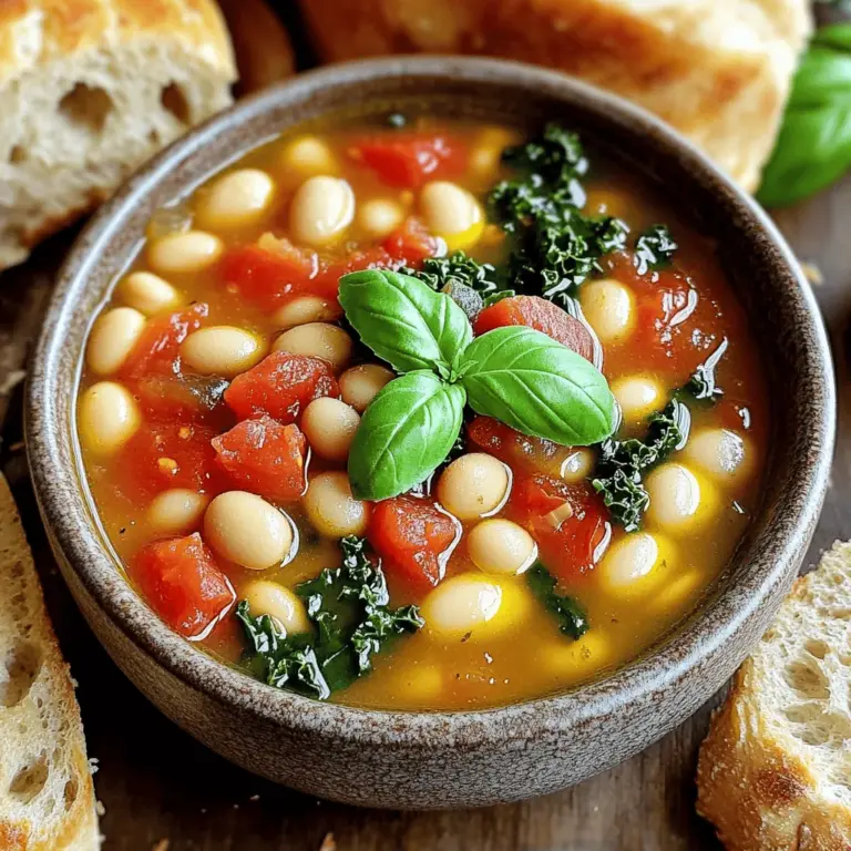 Für die Toskanische Weiße Bohnensuppe benötigst du ein paar Hauptzutaten. Diese Zutaten bilden die Basis der Suppe und sorgen für den vollen Geschmack: - 2 Dosen (je 425 g) Cannellini-Bohnen, abgetropft und abgespült - 1 mittelgroße Zwiebel, gewürfelt - 3 Knoblauchzehen, fein gehackt - 2 mittelgroße Karotten, gewürfelt - 2 Selleriestangen, gewürfelt - 1 l Gemüsebrühe - 250 g gewürfelte Tomaten (aus der Dose oder frisch) - 2 Tassen frischer Grünkohl, grob gehackt Diese Zutaten bringen die nötige Fülle und Textur in die Suppe. Die Bohnen sind die Stars, während das Gemüse für den Geschmack sorgt. Die Gewürze und Kräuter sind wichtig für das Aroma der Suppe. Hier sind die, die du brauchst: - 1 Teelöffel getrockneter Thymian - 1 Teelöffel getrockneter Oregano - ½ Teelöffel rote Pfefferflocken (optional für Schärfe) - Salz und Pfeffer nach Geschmack Diese Gewürze verleihen der Suppe einen italienischen Flair. Du kannst die rote Pfefferflocken weglassen, wenn du es mild magst. Die richtige Garnierung macht die Suppe noch besser. Hier sind einige Tipps: - Frisches Basilikum oder Petersilie zum Garnieren - Ein Spritzer Olivenöl für zusätzlichen Geschmack - Knuspriges Brot als Beilage Das Garnieren mit frischen Kräutern bringt Farbe und Frische. Das Brot ist perfekt, um die Suppe zu genießen. Du kannst die Rezeptdetails in der [Full Recipe] nachlesen. Zuerst sammeln wir alle Zutaten. Das macht das Kochen einfach und schnell. Hier sind die Hauptzutaten: - 2 Dosen (je 425 g) Cannellini-Bohnen, abgetropft und abgespült - 1 mittelgroße Zwiebel, gewürfelt - 3 Knoblauchzehen, fein gehackt - 2 mittelgroße Karotten, gewürfelt - 2 Selleriestangen, gewürfelt - 1 l Gemüsebrühe - 250 g gewürfelte Tomaten (aus der Dose oder frisch) - 1 Teelöffel getrockneter Thymian - 1 Teelöffel getrockneter Oregano - ½ Teelöffel rote Pfefferflocken (optional für Schärfe) - 2 Tassen frischer Grünkohl, grob gehackt - 2 Esslöffel Olivenöl - Salz und Pfeffer nach Geschmack - Frisches Basilikum oder Petersilie zum Garnieren Zuerst waschen Sie das Gemüse gut. Schneiden Sie die Zwiebel, Karotten und Sellerie in kleine Stücke. Hacken Sie den Knoblauch fein. Der Grünkohl muss grob gehackt werden. So sind alle Zutaten bereit. Jetzt beginnt der Spaß mit dem Kochen! Erhitzen Sie das Olivenöl in einem großen Topf bei mittlerer Hitze. Geben Sie die Zwiebel in den Topf. Braten Sie sie für etwa 3-4 Minuten, bis sie leicht durchsichtig wird. Fügen Sie dann den Knoblauch, die Karotten und den Sellerie hinzu. Rühren Sie alles für weitere 5 Minuten. Jetzt kommen die Gewürze! Geben Sie den Thymian, Oregano und die roten Pfefferflocken in den Topf. Mischen Sie alles gut durch, bis die Gewürze duften. Das dauert etwa 1 Minute. Fügen Sie die gewürfelten Tomaten und die Bohnen hinzu. Vermengen Sie die Zutaten gut. Gießen Sie die Gemüsebrühe in die Mischung. Lassen Sie alles aufkochen. Sobald die Suppe kocht, reduzieren Sie die Hitze. Lassen Sie die Suppe für 20 Minuten köcheln. So entfalten sich die Aromen. Schließlich kommt der Grünkohl in den Topf. Lassen Sie die Suppe weitere 5-10 Minuten köcheln, bis der Grünkohl zart ist. Schmecken Sie die Suppe ab. Fügen Sie Salz und Pfeffer nach Ihrem Geschmack hinzu. Wenn Sie eine dickere Konsistenz wollen, zerdrücken Sie einige Bohnen mit einem Kartoffelstampfer. Präsentation ist wichtig! Servieren Sie die Suppe in rustikalen Schalen. Träufeln Sie etwas Olivenöl darüber und fügen Sie frisches Basilikum oder Petersilie als Garnierung hinzu. Kombinieren Sie die Suppe mit knusprigem Brot. Das macht die Mahlzeit sättigender. Für den besten Geschmack verwenden Sie frische Zutaten. Achten Sie darauf, die Suppe nicht zu lange zu kochen, damit das Gemüse frisch bleibt. Wenn Sie mehr Geschmack möchten, probieren Sie verschiedene Kräuter. Experimentieren Sie mit Ihren Lieblingszutaten. Für die vollständige Zubereitung schauen Sie sich das Full Recipe an. Ein häufiger Fehler ist zu wenig Salz. Salz hebt die Aromen der Suppe. Fügen Sie es schrittweise hinzu. Ein weiterer Fehler ist, die Bohnen nicht gut abzuspülen. Abgespülte Bohnen schmecken besser und sind leichter verdaulich. Achten Sie darauf, den Grünkohl nicht zu lange zu kochen. Er sollte zart, aber frisch bleiben. Um die Suppe interessanter zu machen, können Sie verschiedene Gemüsesorten hinzufügen. Zucchini oder Paprika passen gut. Für mehr Tiefe können Sie auch geräucherten Paprika verwenden. Ein Spritzer Zitronensaft bringt Frische und hebt die Aromen hervor. Experimentieren Sie mit frischen Kräutern wie Rosmarin oder Thymian für einen neuen Geschmack. Wenn Sie eine cremigere Suppe möchten, pürieren Sie einen Teil der Bohnen. Das gibt der Suppe eine samtige Textur. Wenn sie zu dick ist, fügen Sie etwas mehr Brühe hinzu. Für eine leichtere Suppe können Sie auch etwas Wasser verwenden. Achten Sie darauf, die Suppe regelmäßig umzurühren, damit sie gleichmäßig kocht. {{image_4}} Die Toskanische Weiße Bohnensuppe ist von Natur aus vegetarisch. Um sie vegan zu machen, ersetzen Sie die Gemüsebrühe durch eine pflanzliche Brühe. Achten Sie darauf, dass die verwendeten Zutaten keine tierischen Produkte enthalten. So bleibt die Suppe frisch und köstlich. Sie können die Suppe je nach Jahreszeit anpassen. Im Sommer füge frische Tomaten oder Zucchini hinzu. Im Herbst sind Kürbisstücke eine gute Wahl. Im Winter passt frische Petersilie oder Schnittlauch gut dazu. Diese Zutaten bringen neue Aromen und Farben in die Suppe. Um den Geschmack zu verändern, probieren Sie verschiedene Kräuter. Frischer Rosmarin oder Salbei können eine schöne Note geben. Für eine scharfe Variante fügen Sie mehr rote Pfefferflocken hinzu. Wenn Sie es milder mögen, reduzieren Sie die Menge. So machen Sie die Suppe nach Ihrem Geschmack. Für mehr Details und eine vollständige Anleitung, schauen Sie sich das [Full Recipe] an. Um die Toskanische Weiße Bohnensuppe frisch zu halten, bewahre sie in einem luftdichten Behälter auf. Lass die Suppe zuerst auf Zimmertemperatur abkühlen. Dann stelle sie in den Kühlschrank. So bleibt die Suppe bis zu fünf Tage gut. Wenn du die Suppe länger aufbewahren möchtest, ist das Einfrieren eine gute Option. Für das Einfrieren fülle die Suppe in gefriergeeignete Behälter. Lass dabei etwas Platz, da sich Flüssigkeiten beim Gefrieren ausdehnen. Du kannst die Suppe auch in Portionen einfrieren. So kannst du nur die Menge auftauen, die du brauchst. Die Suppe hält sich bis zu drei Monate im Gefrierfach. Um die Suppe aufzuwärmen, nimm sie aus dem Kühlschrank oder Gefrierfach. Erwärme sie langsam in einem Topf bei mittlerer Hitze. Rühre oft um, damit sie gleichmäßig warm wird. Wenn die Suppe zu dick ist, füge etwas Gemüsebrühe hinzu. Achte darauf, die Suppe nicht zu überhitzen, um den Geschmack zu bewahren. Für das vollständige Rezept, schau dir die [Full Recipe] an. Um die Suppe schneller zuzubereiten, nutzen Sie vorgekochte Bohnen. Sie können auch gefrorenes Gemüse verwenden. Das spart Zeit beim Schneiden. Ein Schnellkochtopf kocht die Suppe in der Hälfte der Zeit. Beachten Sie, dass die Aromen trotzdem gut sein werden. Ja, die Toskanische Weiße Bohnensuppe ist sehr gesund. Sie enthält viele Ballaststoffe aus den Bohnen und Gemüse. Diese Suppe hat auch wenig Fett, besonders wenn Sie das Öl reduzieren. Der Grünkohl fügt wichtige Vitamine hinzu. Diese Zutaten unterstützen Ihre Gesundheit und das Wohlbefinden. Ja, Sie können andere Bohnen verwenden. Kidneybohnen oder schwarze Bohnen sind gute Alternativen. Jede Bohnensorte hat ihren eigenen Geschmack. Achten Sie darauf, die Garzeit anzupassen. So bleibt die Konsistenz der Suppe gut. Experimentieren Sie, um Ihre Lieblingskombination zu finden. Diese Anleitung zur Toskanischen Weißen Bohnensuppe bietet alles, was du brauchst. Du lernst die besten Zutaten, Gewürze und Beilagen kennen. Schritt für Schritt erhältst du einfache Kochhinweise und praktische Tipps. Außerdem zeige ich dir Variationen für unterschiedliche Geschmäcker und wie du die Suppe richtig lagerst. Denke daran, Fehler zu vermeiden und die Suppen-Konsistenz zu optimieren. So wird deine Suppe ein Erfolg. Probiere die Tipps aus und genieße die Aromen der Toskana!