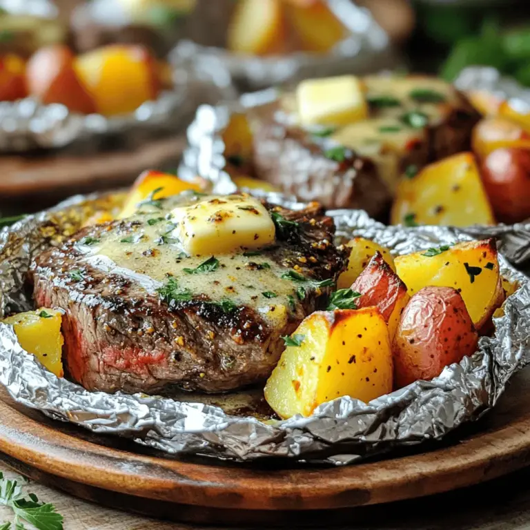 - Ribeye- oder Sirloin-Steaks - Rote Kartoffeln - Knoblauch und Gewürze Die Hauptzutaten sind entscheidend für den Geschmack. Ribeye- oder Sirloin-Steaks bringen viel Saftigkeit. Diese Steaks sind zart und lecker. Rote Kartoffeln geben eine cremige Textur. Sie behalten auch gut ihre Form beim Garen. Knoblauch fügt ein starkes Aroma hinzu. Gewürze wie Rosmarin und Thymian runden das Gericht ab. Sie sorgen für Tiefe und Komplexität. - Ungesalzene Butter - Olivenöl - Frische Petersilie zur Garnierung Ungesalzene Butter sorgt für einen reichen, buttrigen Geschmack. Sie schmilzt und mischt sich perfekt mit den Zutaten. Olivenöl hilft, die Steaks und Kartoffeln gleichmäßig zu garen. Es hält alles saftig und lecker. Frische Petersilie ist mehr als nur Deko. Sie bringt frische Aromen und Farbe ins Gericht. So wird Ihr Essen nicht nur lecker, sondern auch schön angerichtet. Für das vollständige Rezept besuchen Sie den Abschnitt mit dem Titel "Vollständiges Rezept". Heizen Sie den Grill auf mittlere bis hohe Hitze vor. Das ist etwa 200°C (400°F). Wenn Sie den Ofen nutzen, stellen Sie ihn ebenfalls auf 200°C ein. Diese Temperatur sorgt dafür, dass das Steak zart bleibt und die Kartoffeln schön garen. In einer großen Schüssel vermengen Sie die gewürfelten Kartoffeln und die Steakstücke. Diese Mischung ist die Basis für die Folienpackungen. Geben Sie etwas Olivenöl dazu, um die Zutaten zu umhüllen. Fügen Sie die geschmolzene Butter, den gehackten Knoblauch, Rosmarin, Thymian, Paprika, Salz und Pfeffer hinzu. Rühren Sie alles gut um, bis die Gewürze gleichmäßig verteilt sind. Legen Sie vier große Stücke Aluminiumfolie aus. Jedes Stück sollte etwa 30 cm groß sein. Teilen Sie die Steak- und Kartoffelmischung gleichmäßig auf die Folien auf. Falten Sie die Folie über die Mischung. Achten Sie darauf, dass alle Seiten gut verschlossen sind. So kann kein Dampf entweichen. Legen Sie die Folienpäckchen auf den Grill. Lassen Sie sie dort für etwa 20 bis 25 Minuten garen. Wenn Sie den Ofen nutzen, stellen Sie die Päckchen auf ein Blech und garen sie für 25 bis 30 Minuten. Drehen Sie die Päckchen nach der Hälfte der Garzeit um. So garen sie gleichmäßig. Das Steak sollte nach Ihrem Geschmack zubereitet sein, und die Kartoffeln sollten weich genug sein, um sie leicht mit einer Gabel durchzustechen. Um das Steak perfekt zu garen, ist es wichtig, die Garstufen zu kennen. Hier sind einige Empfehlungen: - Rare: 50-52°C, sehr blutig und weich. - Medium Rare: 57-60°C, zart und saftig. - Medium: 63-68°C, leicht rosa in der Mitte. - Medium Well: 70-73°C, fast durchgegart. - Well Done: 76°C und mehr, ganz durchgegart. Ein Fleischthermometer hilft Ihnen, die perfekte Temperatur zu erreichen. Lassen Sie das Steak nach dem Garprozess ruhen. So bleiben die Säfte im Fleisch. Für gleichmäßiges Garen der Kartoffeln, schneiden Sie sie in gleich große Stücke. Dies sorgt dafür, dass sie gleichzeitig garen. Hier sind einige Tipps: - Wählen Sie die richtigen Kartoffeln: Rote Kartoffeln sind perfekt, da sie beim Kochen fest bleiben. - Vorkochen: Kochen Sie die Kartoffeln für 5-7 Minuten vor, bevor Sie sie in die Folienpackung geben. - Würzen: Fügen Sie während des Kochens ausreichend Gewürze hinzu. So nehmen die Kartoffeln mehr Geschmack auf. Die Folienpackung hat viele Vorteile. Sie schließt den Dampf ein und sorgt für gleichmäßiges Garen. Hier sind einige Tipps, wie Sie diese Methode anpassen können: - Größe der Folie: Verwenden Sie große Stücke Aluminiumfolie, um genug Platz zu schaffen. - Luftzirkulation: Falten Sie die Folie so, dass etwas Luft zirkulieren kann. Das hilft beim Garen. - Variationen: Fügen Sie zusätzliches Gemüse oder andere Gewürze hinzu, um das Gericht zu variieren. Mit diesen Tipps gelingt Ihr Knoblauchbutter Steak und Kartoffel Folienpaket perfekt! {{image_4}} Fügen Sie frisches Gemüse hinzu, um den Geschmack zu erweitern. Saisonales Gemüse ist eine gute Wahl. Probieren Sie Zucchini, Paprika oder Karotten. Diese Gemüse passen gut zu Steak und Kartoffeln. Schneiden Sie sie in kleine Stücke, damit sie gleichmäßig garen. Der Geschmack von frischem Gemüse ergänzt das Gericht perfekt. Die Gewürze machen den Unterschied. Variieren Sie die Aromen nach Ihrem Geschmack. Fügen Sie zum Beispiel Kreuzkümmel oder Chili-Pulver hinzu. Diese Gewürze geben einen besonderen Kick. Für einen frischen Geschmack nutzen Sie Zitrone oder Limette. Experimentieren Sie mit Kräutern wie Basilikum oder Oregano, um neue Geschmäcker zu entdecken. Steak ist toll, aber es gibt Alternativen. Hähnchenbrust ist eine gesunde Option. Sie können auch Tofu verwenden, wenn Sie pflanzenbasiert essen. Tofu nimmt die Aromen gut auf und ist sehr vielseitig. Marinieren Sie es einfach vor dem Kochen, um den Geschmack zu verbessern. So können alle genießen, egal welche Vorlieben sie haben. Die beste Methode zur Lagerung der Folienpäckchen hängt von der Zeit ab, die Sie benötigen. Wenn Sie die Folienpäckchen innerhalb von zwei Tagen essen möchten, können Sie sie im Kühlschrank aufbewahren. Wickeln Sie die Päckchen gut ein, um den Geschmack zu bewahren. Für eine längere Lagerung ist der Gefrierschrank ideal. Dort bleiben die Päckchen bis zu drei Monate frisch. Um die Folienpäckchen wieder zu erwärmen, heizen Sie den Ofen auf 180°C vor. Legen Sie die Päckchen auf ein Backblech. Lassen Sie sie etwa 15-20 Minuten im Ofen. Diese Methode sorgt dafür, dass das Steak saftig bleibt. Wenn Sie den Grill verwenden, können Sie die Päckchen auch dort für 10-15 Minuten erhitzen. Achten Sie darauf, die Päckchen regelmäßig zu überprüfen. Die Haltbarkeit der Zutaten ist wichtig, um sicherzustellen, dass Ihr Essen frisch bleibt. Rindfleisch sollte innerhalb von drei bis fünf Tagen im Kühlschrank verwendet werden. Kartoffeln bleiben bis zu zwei Wochen frisch, wenn Sie sie an einem kühlen, dunklen Ort lagern. Knoblauch kann mehrere Wochen haltbar sein, wenn er richtig gelagert wird. Überprüfen Sie immer die Frische, bevor Sie mit dem Kochen beginnen. Die Garzeit hängt von der Steaksorte ab. - Ribeye-Steaks: 20-25 Minuten auf dem Grill oder 25-30 Minuten im Ofen. - Sirloin-Steaks: Ähnlich wie Ribeye, aber etwas kürzer, 15-20 Minuten auf dem Grill. - Für Medium-Rare: Steak sollte 57-60°C erreichen. - Für Medium: Steak sollte 63-68°C erreichen. Steaks garen in den Folien gut, da sie im Dampf garen. Dies macht sie zart und saftig. Ja, du kannst die Folienpäckchen im Voraus machen. - Vorbereitung: Mische die Zutaten und fülle die Folien am Vortag. - Lagerung: Bewahre sie im Kühlschrank auf. - Garen: Wenn du bereit bist, lege sie einfach auf den Grill oder in den Ofen. Diese Methode spart Zeit und macht das Kochen einfach. Es gibt viele tolle Beilagen zu Folienpäckchen. - Knoblauchbrot: Ideal, um die Buttersoße aufzutunken. - Salat: Ein einfacher grüner Salat bringt Frische. - Gegrilltes Gemüse: Zucchini, Paprika oder Spargel sind lecker. - Coleslaw: Dieser bringt einen knackigen Kontrast. Wähle Beilagen, die die Aromen des Steaks ergänzen. Das vollständige Rezept findest du hier: Zischendes Knoblauchbutter Steak & Kartoffel-Folienpäckchen 🥩🧄. Dieses Rezept führt Sie durch die Zubereitung von köstlichem Steak mit Kartoffeln. Sie lernen, wie man die Hauptzutaten auswählt, sie optimal zubereitet und die Garzeiten perfekt trifft. Sie können auch verschiedene Variationen entdecken, um den Geschmack nach Ihrem Wunsch zu ändern. Lassen Sie die Folienpackungen Ihre Zeit im Kühlschrank überstehen und leicht wieder aufwärmen. Experimentieren Sie mit neuen Aromen und genießen Sie Ihre Mahlzeit. Kochen sollte Spaß machen und einfach sein!