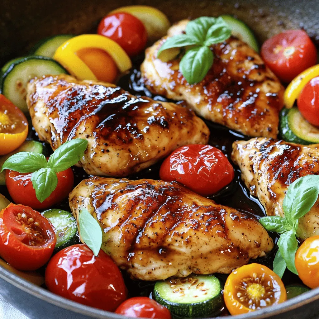 - 4 Hähnchenbrustfilets - 1 Tasse Balsamico-Essig - 2 Esslöffel Honig - 1 Paprika, in Streifen geschnitten (rot oder gelb) - 1 Zucchini, in Halbmonde geschnitten - 1 Tasse Kirschtomaten, halbiert