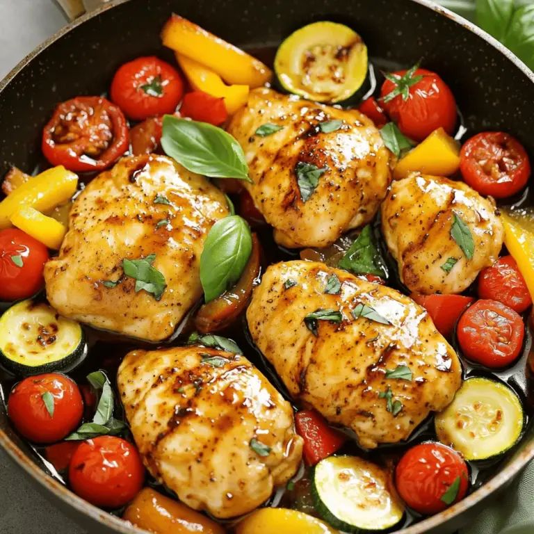 - 4 Hähnchenbrustfilets - 1 Tasse Balsamico-Essig - 2 Esslöffel Honig - 1 Paprika, in Streifen geschnitten (rot oder gelb) - 1 Zucchini, in Halbmonde geschnitten - 1 Tasse Kirschtomaten, halbiert