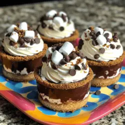 Für die Frostigen S'more Tassen brauchen Sie folgende Hauptzutaten: - 1 Tasse Graham-Cracker-Brösel - 1/4 Tasse ungesüßtes Kakaopulver - 1/2 Tasse ungesalzene Butter, geschmolzen - 1/4 Tasse Zucker - 1/2 Teelöffel Vanilleextrakt - 1 1/2 Tassen Mini-Marshmallows - 1 Tasse Schokoladenpudding (fertig zubereitet) - 1/2 Tasse Schlagsahne - 1/4 Tasse Schokoladenstückchen - 1/4 Tasse Mini-Marshmallows (zum Garnieren) Diese Zutaten sind einfach zu finden und machen das Dessert lecker. Für das Garnieren können Sie noch ein paar zusätzliche Zutaten verwenden: - Mehr Mini-Marshmallows - Schokoladensirup - Frische Beeren wie Himbeeren oder Erdbeeren Eine kreative Garnierung macht die Tassen noch schöner und ansprechender. Ich empfehle, hochwertige Zutaten zu wählen: - Verwenden Sie echte Vanille anstelle von Vanilleextrakt, wenn möglich. - Achten Sie auf hochwertige Schokolade für den Pudding. - Kaufen Sie frische Marshmallows für den besten Geschmack. Gute Zutaten machen einen großen Unterschied. Sie bringen den Geschmack Ihrer Frostigen S'more Tassen wirklich zur Geltung. Wenn Sie alle Zutaten bereit haben, können Sie die Frostigen S'more Tassen nach dem [Full Recipe] zubereiten. Um die Kruste zu machen, heizen Sie den Ofen auf 175°C vor. In einer Schüssel vermengen Sie die Graham-Cracker-Brösel, das Kakaopulver, die geschmolzene Butter, den Zucker und den Vanilleextrakt. Rühren Sie, bis die Mischung feucht aussieht. Legen Sie ein Muffinblech mit Papierförmchen aus. Drücken Sie einen Esslöffel der Mischung in jede Form. Backen Sie die Krusten für 5 bis 7 Minuten. Lassen Sie sie abkühlen. Sobald die Krusten abgekühlt sind, geben Sie etwa 2 Esslöffel Schokoladenpudding auf jede Kruste. Verteilen Sie den Pudding gleichmäßig. Fügen Sie einen großen Klecks Schlagsahne hinzu. Glätten Sie die Oberfläche der Sahne mit einem Spatel. Das sorgt für eine schöne Form. Jetzt kommt der spaßige Teil! Bestreuen Sie die Schlagsahne mit Schokoladenstückchen und Mini-Marshmallows. Stellen Sie die Tassen für mindestens eine Stunde in den Gefrierschrank. So werden sie fest und kühl. Servieren Sie die Tassen direkt aus dem Gefrierschrank. Garnieren Sie nach Wunsch mit mehr Mini-Marshmallows. Wenn Sie das ganze Rezept sehen möchten, schauen Sie sich das Full Recipe an. Die Zubereitung von Frostigen S'more Tassen kann Spaß machen, doch es gibt einige Fehler, die du meiden solltest. Achte darauf, die Butter nicht zu heiß zu machen. Wenn die Butter zu heiß ist, kann die Kruste zu fettig werden. Verwende frische Zutaten, um den besten Geschmack zu erzielen. Wenn die Mini-Marshmallows zu lange im Ofen sind, können sie verbrennen. Achte darauf, die Krusten gut abkühlen zu lassen, bevor du die Füllung hinzufügst. Die Kühlzeit ist wichtig, um die perfekte Textur zu erreichen. Lasse die Tassen mindestens eine Stunde im Gefrierschrank. So werden sie fest und erfrischend. Du kannst sie auch über Nacht im Gefrierschrank lassen, wenn du sie für einen besonderen Anlass vorbereiten möchtest. Überprüfe die Tassen nach einer Stunde. Sind sie fest, sind sie bereit zum Servieren. Für besondere Anlässe kannst du die Frostigen S'more Tassen kreativ präsentieren. Stelle sie auf einem bunten Tablett bereit. Füge ganze Graham-Cracker oder frische Früchte hinzu, um Farbe zu bringen. Du könntest auch Schokoladensirup auf dem Teller träufeln. Das gibt jedem Bissen ein schokoladiges Extra. Dies macht das Dessert besonders einladend und lecker. Wenn du die Tassen mit einem Lächeln servierst, wird jeder Gast begeistert sein! {{image_4}} Um Frostige S'more Tassen glutenfrei zu machen, müssen wir die Graham-Cracker ersetzen. Verwenden Sie glutenfreie Kekse oder zerbröselte Reiskekse. Diese funktionieren gut und geben den Tassen einen tollen Crunch. Achten Sie beim Kauf darauf, dass die Zutatenliste keine glutenhaltigen Stoffe enthält. Der Rest des Rezepts bleibt gleich, so dass Sie die leckeren Aromen genießen können. Für eine vegane Version der Frostigen S'more Tassen gibt es einfache Alternativen. Ersetzen Sie die Butter durch Kokosöl oder vegane Margarine. Statt der Schlagsahne können Sie eine pflanzliche Schlagsahne verwenden, die auf Soja- oder Kokosbasis basiert. Auch die Schokoladenstückchen sollten vegan sein. Diese einfachen Anpassungen machen das Dessert für alle geeignet. Das Schöne an Frostigen S'more Tassen ist die Vielseitigkeit. Sie können verschiedene Puddings verwenden, um neue Geschmäcker zu entdecken. Probieren Sie Vanillepudding für eine klassische Note oder Karamellpudding für etwas Süßes. Für Schokoladenliebhaber gibt es auch die Option, doppelt Schokolade zu verwenden. Jedes Mal, wenn Sie das Rezept machen, können Sie neue Kombinationen ausprobieren. So bleibt es immer spannend! Um die Frostigen S'more Tassen perfekt einzufrieren, lassen Sie sie zuerst gut abkühlen. Legen Sie die Tassen in einen luftdichten Behälter oder wickeln Sie sie in Frischhaltefolie. So bleiben sie frisch und lecker. Achten Sie darauf, die Tassen nicht übereinander zu stapeln. Dadurch verhindern Sie, dass sie zusammenkleben. Frostige S'more Tassen halten sich gut im Gefrierschrank. Sie bleiben bis zu vier Wochen lang frisch. Nach dieser Zeit können Geschmack und Textur leiden. Wenn Sie sie im Kühlschrank aufbewahren, essen Sie sie innerhalb von drei Tagen. Sie verlieren schnell ihre Konsistenz und Frische. Wenn Sie die Tassen im Kühlschrank lagern, sind sie schnell bereit zum Servieren. Sie sind dann jedoch nicht so fest und kühl wie aus dem Gefrierschrank. Ich empfehle, die Tassen für den besten Genuss gefroren zu servieren. So bleibt der S'more-Effekt erhalten und macht jede Portion zu einem erfrischenden Erlebnis. Frostige S'more Tassen können bis zu zwei Wochen im Gefrierschrank bleiben. Sie sind am besten, wenn sie frisch sind. Nach zwei Wochen können sie ihre Textur verlieren. Ich empfehle, sie in einem luftdichten Behälter aufzubewahren. So bleibt der Geschmack frisch. Ja, du kannst die Zutaten anpassen. Wenn jemand eine Glutenunverträglichkeit hat, wähle glutenfreie Graham-Cracker. Für Milchalternativen kannst du pflanzliche Milch und Sahne verwenden. Achte darauf, die Zutatenlisten zu prüfen. So kannst du das Rezept sicher genießen. Ja, du kannst die Tassen ohne Backofen machen! Verwende einfach die Graham-Cracker-Brösel und mische sie mit geschmolzener Butter. Drücke diese Mischung in Muffinformen und stelle sie in den Kühlschrank, bis sie fest werden. So hast du eine leckere, no-bake Variante. Für den Rest des Rezepts folge den gleichen Schritten. Frostige S'more Tassen sind ein toller Genuss. Wir haben die besten Zutaten, die Schritte und Tipps besprochen. Verwenden Sie frische und hochwertige Zutaten für mehr Geschmack. Achten Sie auf die Kühlzeiten, um optimale Ergebnisse zu erzielen. Denken Sie an Variationen für jeden Geschmack und an die Tipps zur Lagerung. Bei Fragen finden Sie Antworten in unseren FAQs. Kochen macht Spaß, und diese leckeren Tassen sind einfach zu machen. Probieren Sie es aus, und genießen Sie jeden Bissen!