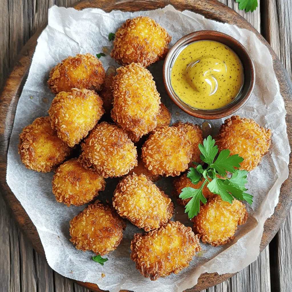 Um köstliche Hähnchen-Nuggets zu machen, brauchst du einige wichtige Zutaten. Hier ist die Liste: - 450 g Hähnchenbrust, in mundgerechte Stücke geschnitten - 240 ml Weizenmehl - 2 große Eier - 240 ml Paniermehl (vorzugsweise Panko für extra Crunch) - 1 Teelöffel Knoblauchpulver - 1 Teelöffel Zwiebelpulver - 1 Teelöffel geräucherter Paprika - ½ Teelöffel Salz - ½ Teelöffel schwarzer Pfeffer - ½ Teelöffel Cayennepfeffer (optional, für Schärfe) - Pflanzenöl (zum Frittieren) Diese Zutaten sind die Basis für deinen knusprigen Genuss. Hähnchenbrust gibt dir zartes Fleisch. Das Mehl hilft der Panade, gut zu haften. Eier sorgen für eine schöne Goldfarbe. Gewürze sind der Schlüssel zu vollem Geschmack. Knoblauchpulver bringt Tiefe. Zwiebelpulver fügt Süße hinzu. Geräucherter Paprika gibt eine rauchige Note. Salz und Pfeffer sind essentielle Grundgewürze, die das Aroma verstärken. Cayennepfeffer kann optional für etwas Hitze sorgen. Diese Kombination macht deine Nuggets besonders schmackhaft. Das richtige Paniermehl macht den Unterschied. Panko ist grob und luftig. Es sorgt für eine extra knusprige Textur. Du kannst auch normales Paniermehl verwenden, wenn Panko nicht verfügbar ist. Manchmal mische ich sogar beide, um das Beste aus beiden Welten zu bekommen. Experimentiere mit verschiedenen Sorten, um deinen Favoriten zu finden. Für das vollständige Rezept, siehe [Full Recipe]. Zuerst müssen wir die Zutaten bereitstellen. Für knusprige Hähnchen-Nuggets brauchen wir frisches Hähnchen. Ich schneide 450 g Hähnchenbrust in mundgerechte Stücke. Dann stelle ich eine große Schüssel mit Weizenmehl bereit. Wir fügen 1 Teelöffel Knoblauchpulver, 1 Teelöffel Zwiebelpulver, 1 Teelöffel geräucherten Paprika, ½ Teelöffel Salz, ½ Teelöffel schwarzen Pfeffer und ½ Teelöffel Cayennepfeffer hinzu. Diese Mischung gibt den Nuggets den tollen Geschmack. In einer anderen Schüssel verquirle ich 2 große Eier. Jetzt haben wir alles, was wir brauchen. Der Panierprozess ist einfach und macht Spaß. Zuerst tauche ich ein Stück Hähnchen in die Mehlmischung. Ich klopfe das überschüssige Mehl ab. Danach kommt das Hähnchen in die Eier. Es sollte gut überzogen sein, also lasse ich das überschüssige Ei abtropfen. Jetzt ist es Zeit für das Paniermehl. Ich lege das Hähnchen in die flache Schüssel mit 240 ml Paniermehl und drücke leicht, damit es gut haftet. Diesen Vorgang wiederhole ich mit allen Hähnchenstücken. Die Nuggets sind jetzt bereit für das Frittieren. Jetzt wird es spannend! In einer großen Pfanne erhitze ich etwa 2,5 cm Pflanzenöl auf 175 °C. Wenn das Öl heiß ist, lege ich vorsichtig die panierten Nuggets hinein. Ich achte darauf, die Pfanne nicht zu überfüllen. So können die Nuggets schön gleichmäßig bräunen. Ich frittiere sie für etwa 4-5 Minuten auf jeder Seite, bis sie goldbraun sind. Mit einem Schaumlöffel nehme ich die Nuggets heraus und lege sie auf einen Teller mit Papiertüchern. So kann das überschüssige Öl abtropfen. Jetzt sind die knusprigen Hähnchen-Nuggets bereit zum Genießen! Um deine Hähnchen-Nuggets perfekt knusprig zu machen, ist die Panade entscheidend. Verwende Panko-Paniermehl. Es gibt den Nuggets mehr Textur. Achte darauf, dass das Öl beim Frittieren heiß genug ist. Eine Temperatur von etwa 175 °C ist ideal. So werden die Nuggets außen knusprig und innen saftig. Ein häufiger Fehler ist, die Nuggets nicht gut abtropfen zu lassen. Nach dem Frittieren solltest du sie auf Papiertüchern platzieren. Dadurch entfernst du überschüssiges Öl. Ein weiterer Fehler ist das Überfüllen der Pfanne. Dadurch sinkt die Temperatur des Öls. Frittier lieber in kleinen Portionen. Um den Geschmack zu verbessern, kannst du verschiedene Gewürze ausprobieren. Füge Kräuter wie Oregano oder Thymian hinzu. Auch ein Spritzer Zitronensaft kann den Geschmack aufpeppen. Experimentiere mit Dips. Honig-Senf oder BBQ-Sauce passen hervorragend. So wird der Genuss deiner Nuggets noch unwiderstehlicher! Für das gesamte Rezept, siehe die [Full Recipe]. {{image_4}} Wenn du eine gesündere Option suchst, kannst du die Nuggets backen. Anstatt sie in Öl zu frittieren, lege sie auf ein Backblech. Besprühe sie leicht mit Öl, um etwas Knusprigkeit zu erreichen. Backe sie bei 200 Grad Celsius für etwa 20 Minuten. Wende sie nach der Hälfte der Zeit, damit sie gleichmäßig garen. Diese Methode reduziert das Fett, aber der Geschmack bleibt großartig. Du kannst auch eine vegane oder vegetarische Variante der Nuggets machen. Statt Hähnchen benutze Tofu oder Seitan. Schneide sie in ähnliche Stücke wie Hähnchen, und mariniere sie in Sojasauce und Gewürzen. Dann befolge die gleiche Panier- und Backanleitung. Diese Option ist lecker und wunderbar knusprig. Wusstest du, dass es viele internationale Varianten von Nuggets gibt? In Japan gibt es 