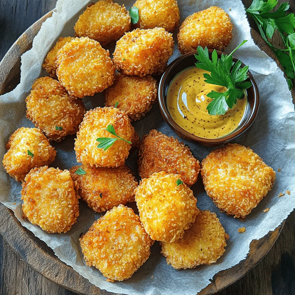 Um köstliche Hähnchen-Nuggets zu machen, brauchst du einige wichtige Zutaten. Hier ist die Liste: - 450 g Hähnchenbrust, in mundgerechte Stücke geschnitten - 240 ml Weizenmehl - 2 große Eier - 240 ml Paniermehl (vorzugsweise Panko für extra Crunch) - 1 Teelöffel Knoblauchpulver - 1 Teelöffel Zwiebelpulver - 1 Teelöffel geräucherter Paprika - ½ Teelöffel Salz - ½ Teelöffel schwarzer Pfeffer - ½ Teelöffel Cayennepfeffer (optional, für Schärfe) - Pflanzenöl (zum Frittieren) Diese Zutaten sind die Basis für deinen knusprigen Genuss. Hähnchenbrust gibt dir zartes Fleisch. Das Mehl hilft der Panade, gut zu haften. Eier sorgen für eine schöne Goldfarbe. Gewürze sind der Schlüssel zu vollem Geschmack. Knoblauchpulver bringt Tiefe. Zwiebelpulver fügt Süße hinzu. Geräucherter Paprika gibt eine rauchige Note. Salz und Pfeffer sind essentielle Grundgewürze, die das Aroma verstärken. Cayennepfeffer kann optional für etwas Hitze sorgen. Diese Kombination macht deine Nuggets besonders schmackhaft. Das richtige Paniermehl macht den Unterschied. Panko ist grob und luftig. Es sorgt für eine extra knusprige Textur. Du kannst auch normales Paniermehl verwenden, wenn Panko nicht verfügbar ist. Manchmal mische ich sogar beide, um das Beste aus beiden Welten zu bekommen. Experimentiere mit verschiedenen Sorten, um deinen Favoriten zu finden. Für das vollständige Rezept, siehe [Full Recipe]. Zuerst müssen wir die Zutaten bereitstellen. Für knusprige Hähnchen-Nuggets brauchen wir frisches Hähnchen. Ich schneide 450 g Hähnchenbrust in mundgerechte Stücke. Dann stelle ich eine große Schüssel mit Weizenmehl bereit. Wir fügen 1 Teelöffel Knoblauchpulver, 1 Teelöffel Zwiebelpulver, 1 Teelöffel geräucherten Paprika, ½ Teelöffel Salz, ½ Teelöffel schwarzen Pfeffer und ½ Teelöffel Cayennepfeffer hinzu. Diese Mischung gibt den Nuggets den tollen Geschmack. In einer anderen Schüssel verquirle ich 2 große Eier. Jetzt haben wir alles, was wir brauchen. Der Panierprozess ist einfach und macht Spaß. Zuerst tauche ich ein Stück Hähnchen in die Mehlmischung. Ich klopfe das überschüssige Mehl ab. Danach kommt das Hähnchen in die Eier. Es sollte gut überzogen sein, also lasse ich das überschüssige Ei abtropfen. Jetzt ist es Zeit für das Paniermehl. Ich lege das Hähnchen in die flache Schüssel mit 240 ml Paniermehl und drücke leicht, damit es gut haftet. Diesen Vorgang wiederhole ich mit allen Hähnchenstücken. Die Nuggets sind jetzt bereit für das Frittieren. Jetzt wird es spannend! In einer großen Pfanne erhitze ich etwa 2,5 cm Pflanzenöl auf 175 °C. Wenn das Öl heiß ist, lege ich vorsichtig die panierten Nuggets hinein. Ich achte darauf, die Pfanne nicht zu überfüllen. So können die Nuggets schön gleichmäßig bräunen. Ich frittiere sie für etwa 4-5 Minuten auf jeder Seite, bis sie goldbraun sind. Mit einem Schaumlöffel nehme ich die Nuggets heraus und lege sie auf einen Teller mit Papiertüchern. So kann das überschüssige Öl abtropfen. Jetzt sind die knusprigen Hähnchen-Nuggets bereit zum Genießen! Um deine Hähnchen-Nuggets perfekt knusprig zu machen, ist die Panade entscheidend. Verwende Panko-Paniermehl. Es gibt den Nuggets mehr Textur. Achte darauf, dass das Öl beim Frittieren heiß genug ist. Eine Temperatur von etwa 175 °C ist ideal. So werden die Nuggets außen knusprig und innen saftig. Ein häufiger Fehler ist, die Nuggets nicht gut abtropfen zu lassen. Nach dem Frittieren solltest du sie auf Papiertüchern platzieren. Dadurch entfernst du überschüssiges Öl. Ein weiterer Fehler ist das Überfüllen der Pfanne. Dadurch sinkt die Temperatur des Öls. Frittier lieber in kleinen Portionen. Um den Geschmack zu verbessern, kannst du verschiedene Gewürze ausprobieren. Füge Kräuter wie Oregano oder Thymian hinzu. Auch ein Spritzer Zitronensaft kann den Geschmack aufpeppen. Experimentiere mit Dips. Honig-Senf oder BBQ-Sauce passen hervorragend. So wird der Genuss deiner Nuggets noch unwiderstehlicher! Für das gesamte Rezept, siehe die [Full Recipe]. {{image_4}} Wenn du eine gesündere Option suchst, kannst du die Nuggets backen. Anstatt sie in Öl zu frittieren, lege sie auf ein Backblech. Besprühe sie leicht mit Öl, um etwas Knusprigkeit zu erreichen. Backe sie bei 200 Grad Celsius für etwa 20 Minuten. Wende sie nach der Hälfte der Zeit, damit sie gleichmäßig garen. Diese Methode reduziert das Fett, aber der Geschmack bleibt großartig. Du kannst auch eine vegane oder vegetarische Variante der Nuggets machen. Statt Hähnchen benutze Tofu oder Seitan. Schneide sie in ähnliche Stücke wie Hähnchen, und mariniere sie in Sojasauce und Gewürzen. Dann befolge die gleiche Panier- und Backanleitung. Diese Option ist lecker und wunderbar knusprig. Wusstest du, dass es viele internationale Varianten von Nuggets gibt? In Japan gibt es "Nuggets" mit Panko-Panade, die extra knusprig sind. In Indien werden sie oft mit Gewürzen wie Kurkuma und Garam Masala zubereitet. Diese Varianten bringen neue Aromen auf den Tisch und machen deine Nuggets noch spannender. Experimentiere mit verschiedenen Gewürzen und Panade, um deinen eigenen Twist zu finden. Wenn du noch Hähnchen-Nuggets übrig hast, bewahre sie richtig auf. Lass die Nuggets zuerst auf Raumtemperatur abkühlen. Lege sie dann in einen luftdichten Behälter. Das hilft, sie frisch zu halten. Vermeide, die Nuggets in der Originalverpackung zu lassen. Die Packung kann Feuchtigkeit anziehen und die Knusprigkeit beeinträchtigen. Um die Nuggets wieder knusprig zu machen, benutze den Ofen. Heize den Ofen auf 190 °C vor. Lege die Nuggets auf ein Backblech und backe sie etwa 10 bis 15 Minuten. Du kannst auch eine Pfanne verwenden. Erhitze etwas Öl bei mittlerer Hitze und brate die Nuggets 3 bis 5 Minuten pro Seite. So werden sie wieder schön knusprig. Die Nuggets bleiben im Kühlschrank etwa 3 bis 4 Tage frisch. Achte darauf, sie gut verpackt zu halten. Im Gefrierschrank halten sie bis zu 2 Monate. Packe sie in einen gefrierfesten Behälter oder Beutel. So kannst du sie jederzeit genießen. Für die besten Ergebnisse, tau die Nuggets über Nacht im Kühlschrank auf, bevor du sie wiedererwärmst. Wenn du die Schritte aus dem Full Recipe befolgst, hast du immer leckere Nuggets zur Hand! Um knusprige Hähnchen-Nuggets selbst zu machen, brauchen Sie frische Zutaten. Eine tolle Basis sind Hähnchenbruststücke. Diese Marinade und der Panierprozess geben dem Gericht den besten Geschmack. Mischen Sie Weizenmehl, Knoblauchpulver, Zwiebelpulver und Paprika. Tauchen Sie die Hähnchenstücke zuerst in die Gewürzmischung, dann in Eier und schließlich in Paniermehl. Frittieren Sie die Nuggets in heißem Öl für die perfekte Knusprigkeit. Wenn Sie Hähnchen-Nuggets kaufen möchten, schauen Sie in lokale Restaurants oder Schnellimbisse. Viele bieten frische, hausgemachte Nuggets an. Achten Sie auf lokale Metzger oder Bauernmärkte, die frisches Hähnchen anbieten. Supermärkte haben oft gefrorene Optionen, die bequem sind. Prüfen Sie die Zutatenliste auf Qualität. Selbstgemachte Nuggets haben oft bessere Nährwerte. Sie enthalten frische Zutaten und weniger Konservierungsstoffe. Die Nährstoffzusammensetzung hängt von den verwendeten Zutaten ab. Gekaufte Nuggets können höhere Mengen an Natrium und ungesunden Fetten enthalten. Wenn Sie die Kontrolle über die Zutaten haben, können Sie gesündere Optionen wählen. Probieren Sie die Full Recipe für eine leckere und gesunde Wahl! Zusammenfassend haben wir die besten Zutaten und Methoden für knusprige Hähnchen-Nuggets besprochen. Sie brauchen die richtigen Gewürze und Paniermehl. Der Schritt-für-Schritt-Prozess hilft Ihnen, die Nuggets perfekt zuzubereiten. Mit meinen Tipps erreichen Sie die ideale Knusprigkeit und vermeiden häufige Fehler. Variationen bieten leckere Alternativen. Denken Sie auch an die richtige Lagerung für Reste. Kochen macht Spaß und Ihre Nuggets werden sicher köstlich. Nutzen Sie mein Wissen für Ihre nächste Küche.