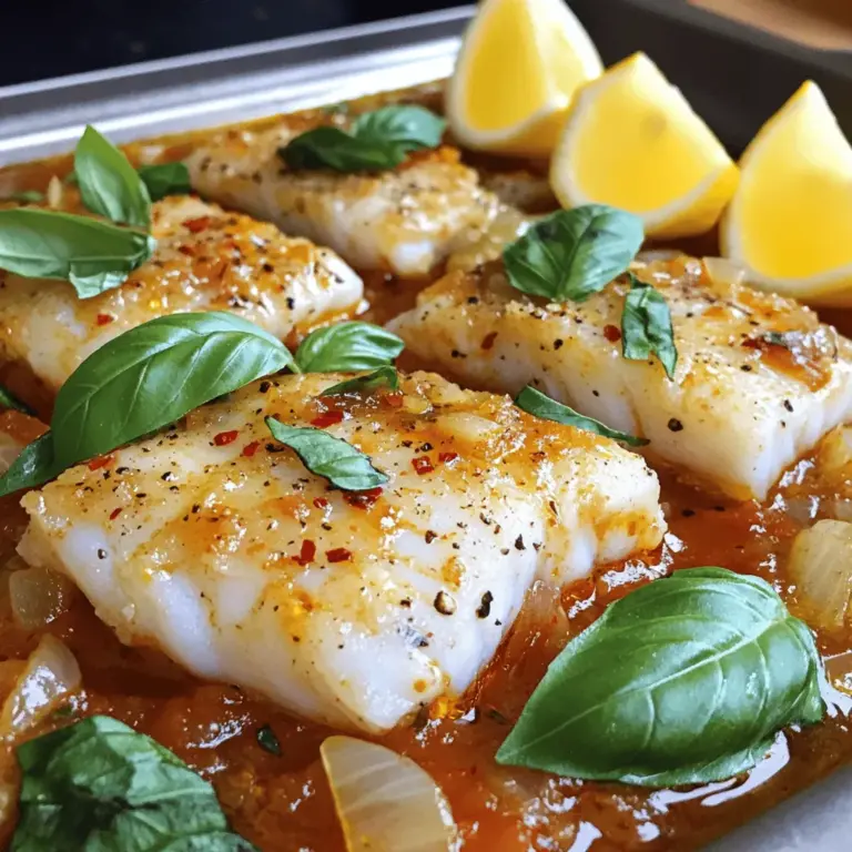 - 4 Kabeljaufilets (ca. 170 g pro Stück) - 1 Dose (400 g) gewürfelte Tomaten - 2 Esslöffel Olivenöl - 1 Zwiebel, fein gehackt - 3 Knoblauchzehen, gehackt Der Kabeljau ist der Hauptstar in diesem Gericht. Die Filets sind zart und leicht. Sie nehmen den Geschmack der Sauce gut auf. Gewürfelte Tomaten sorgen für eine frische und saftige Basis. Olivenöl bringt gesunde Fette in die Mischung. Zwiebeln und Knoblauch geben Tiefe und Aroma. - 1 Teelöffel getrockneter Oregano - 1 Teelöffel getrockneter Basilikum - ½ Teelöffel rote Pfefferflocken (nach Geschmack anpassen) - Salz und Pfeffer nach Geschmack Die Gewürze sind wichtig für den Geschmack. Oregano und Basilikum bringen mediterranes Flair. Rote Pfefferflocken fügen eine leichte Schärfe hinzu. Salz und Pfeffer sind die Grundlagen, um alles abzurunden. Diese Aromen machen das Gericht lebendig und einladend. - Frische Basilikumblätter zur Garnitur - Zitronenschnitze zum Servieren Die frischen Basilikumblätter sind der perfekte Abschluss. Sie verleihen Farbe und Frische. Zitronenschnitze bringen einen spritzigen Kontrast. Ein Spritzer Zitrone hebt den Geschmack des Fisches hervor. Zusammen machen diese Garnierungen das Gericht optisch ansprechend und köstlich. Für das gesamte Rezept schauen Sie sich die [Full Recipe] an. Zuerst spüle die Kabeljaufilets unter kaltem Wasser ab. Tupfe sie mit einem Küchentuch trocken. Würze beide Seiten mit Salz und Pfeffer. So erhält der Fisch einen tollen Geschmack. Erhitze das Olivenöl in einer großen Pfanne auf mittlerer Hitze. Füge die gehackte Zwiebel hinzu und brate sie etwa fünf Minuten lang, bis sie glasig wird. Danach kommt der gehackte Knoblauch dazu. Brate diesen für eine weitere Minute, bis er duftet. Gib die Dose mit gewürfelten Tomaten in die Pfanne. Füge den getrockneten Oregano, Basilikum und die roten Pfefferflocken hinzu. Rühre alles gut um und bringe die Mischung zum Köcheln. Lass die Sauce etwa fünf bis sieben Minuten köcheln, damit sich die Aromen entfalten. Schmecke sie mit Salz und Pfeffer ab. Lege die gewürzten Kabeljaufilets vorsichtig in die Sauce. Löffle etwas von der Sauce über jeden Fisch. Decke die Pfanne ab und lasse den Kabeljau acht bis zehn Minuten garen. Der Fisch sollte undurchsichtig sein und sich leicht mit einer Gabel zerteilen lassen. Übertrage die Kabeljaufilets vorsichtig auf Teller. Löffle die Tomaten-Basilikum-Sauce darüber. Garniere das Gericht mit frischen Basilikumblättern. Serviere es mit Zitronenschnitzen auf der Seite. So wird dein Gericht sehr ansprechend und lecker. Für das vollständige Rezept schaue dir die [Full Recipe] an. Wie bestimmt man die Garzeit für Kabeljau? Kabeljau sollte 8-10 Minuten garen. Die genaue Zeit hängt von der Dicke der Filets ab. Ein 170 g Filet braucht etwa 9 Minuten. Anzeichen für richtig gegarten Kabeljau sind einfach. Der Fisch wird undurchsichtig und zart. Wenn sich das Filet leicht mit einer Gabel teilen lässt, ist es fertig. Möchten Sie die Aromen verstärken? Fügen Sie frische Kräuter wie Thymian oder Petersilie hinzu. Diese Kräuter bringen frische Noten ins Gericht. Variationen der Sauce sind ebenfalls möglich. Probieren Sie Kapern oder schwarze Oliven für einen salzigen Kick. Eine Prise Zitronenschale kann auch helfen, die Frische zu steigern. Welche Pfannen sind am besten? Eine große, antihaftbeschichtete Pfanne eignet sich gut. Sie verhindert das Ankleben des Fisches. Für die Kochtechnik empfehle ich das langsame Köcheln. So entwickeln sich die Aromen der Sauce besser. Versuchen Sie, die Pfanne abzudecken. So bleibt die Wärme gleichmäßig verteilt und der Kabeljau gart perfekt. Wenn Sie effizient kochen wollen, stellen Sie alle Zutaten bereit. So sparen Sie Zeit und vermeiden Stress. Die Zwiebeln zuerst anzubraten, bringt eine süße Basis für die Sauce. {{image_4}} Mediterraner Kabeljau passt gut zu vielen Beilagen. Hier sind einige Vorschläge: - Reis oder Quinoa: Beides sind tolle Optionen. Sie nehmen die Sauce gut auf. Kochen Sie sie einfach nach Packungsanleitung. - Gemüsebeilagen: Gedünstetes Gemüse wie Brokkoli oder Zucchini ergänzt das Gericht perfekt. Sie bringen Farbe und Frische auf den Teller. Wenn Sie keinen Kabeljau mögen, probieren Sie andere Fische. Hier sind einige, die gut funktionieren: - Lachs: Lachs hat einen reicheren Geschmack. Er bleibt saftig und zart. - Heilbutt: Diese Art hat eine feste Textur. Er nimmt die Aromen gut auf. - Tilapia: Ein milder Fisch, der sich leicht zubereiten lässt. Für spezielle diätetische Bedürfnisse können Sie auch Folgendes anpassen: - Glutenfrei: Alle Zutaten sind glutenfrei, solange Sie keine glutenhaltigen Beilagen wählen. - Paleo: Verwenden Sie frische Zutaten und verzichten Sie auf Reis. Möchten Sie das Rezept vegan oder vegetarisch machen? Hier sind einige Ideen: - Tofu: Ersetzen Sie den Kabeljau durch festen Tofu. Marinieren Sie ihn in der Tomatensauce, bevor Sie ihn braten. - Gemüse: Verwenden Sie Gemüse wie Auberginen oder Zucchini. Diese haben eine tolle Textur und nehmen die Aromen gut auf. - Kichererbsen: Eine proteinreiche Option, die das Gericht sättigender macht. Fügen Sie sie einfach zur Sauce hinzu. Diese Variationen helfen Ihnen, das Gericht nach Ihrem Geschmack zu gestalten. Entdecken Sie auch das [Full Recipe], um die Hauptzubereitung zu sehen. Um Reste von Mediterranem Kabeljau mit Tomaten-Basilikum-Sauce richtig zu lagern, sollten Sie diese in einen luftdichten Behälter geben. Dies hält sie frisch und verhindert, dass sie Gerüche annehmen. Stellen Sie sicher, dass der Behälter gut verschlossen ist. Lagern Sie die Reste im Kühlschrank. Sie sollten innerhalb von 3 bis 4 Tagen verzehrt werden. Nach dieser Zeit kann der Fisch seine Frische verlieren und ungenießbar werden. Wenn Sie mehr Reste haben, können Sie den Kabeljau mit Sauce einfrieren. Hier ist eine Schritt-für-Schritt-Anleitung: 1. Lassen Sie den Kabeljau und die Sauce auf Raumtemperatur abkühlen. 2. Teilen Sie die Portionen in kleinere Behälter auf. Diese sollten gefrierfest sein. 3. Füllen Sie die Behälter bis zu zwei Drittel, um Platz für die Ausdehnung beim Einfrieren zu lassen. 4. Verschließen Sie die Behälter gut und beschriften Sie sie mit dem Datum. Um den Kabeljau wieder aufzuwärmen, nehmen Sie ihn aus dem Gefrierfach. Lassen Sie ihn über Nacht im Kühlschrank auftauen. Erhitzen Sie ihn dann sanft in einer Pfanne oder in der Mikrowelle. Achten Sie darauf, dass der Fisch gleichmäßig erwärmt wird, um die besten Ergebnisse zu erzielen. Kabeljau bleibt frisch im Kühlschrank für etwa 1 bis 2 Tage. Lagern Sie ihn in einem luftdichten Behälter. Dies schützt den Fisch vor Gerüchen und sorgt für eine bessere Haltbarkeit. Wenn Sie ihn länger aufbewahren wollen, frieren Sie ihn ein. Das Einfrieren verlängert die Haltbarkeit auf mehrere Monate. Achten Sie darauf, den Fisch rechtzeitig aufzutauen, um seine Frische zu bewahren. Ja, Sie können frische Tomaten verwenden. Frische Tomaten bringen einen lebendigen Geschmack. Der Nachteil ist, dass sie oft mehr Zeit zum Kochen benötigen. Dosen-Tomaten sind bereits gewürzt und haben eine gleichmäßige Textur. Wenn Sie frische Tomaten verwenden, blanchieren Sie sie zuerst. So lassen sich die Schalen leichter entfernen. Zu mediterranem Kabeljau passen viele Beilagen. Reis oder Quinoa sind perfekte Ergänzungen. Sie nehmen die Sauce gut auf. Auch gedünstetes Gemüse wie Brokkoli oder grüne Bohnen passen gut. Für Getränke empfehle ich einen leichten Weißwein oder Mineralwasser mit Zitrone. Diese Getränke harmonieren gut mit dem Fisch. Ja, dieses Rezept ist gesund. Kabeljau ist eine gute Proteinquelle und hat wenig Fett. Tomaten bieten viele Vitamine, besonders Vitamin C. Basilikum hat zudem antioxidative Eigenschaften. Die Verwendung von Olivenöl bringt gesunde Fette mit sich. So bleibt das Gericht nahrhaft und lecker. Zusammenfassend haben wir die Hauptzutaten und Schritte für ein köstliches mediterranes Kabeljaugericht durchgearbeitet. Wir haben die Gewürze und Aromen, die den Geschmack hervorheben, sowie die besten Tipps zur Zubereitung behandelt. Außerdem haben wir einige Variationen und Aufbewahrungshinweise gegeben. Nutzen Sie diese Rezepte und Tipps, um Ihr Kochen zu bereichern. Frischer Kabeljau und aromatische Zutaten machen jedes Essen zu etwas Besonderem. Guten Appetit!