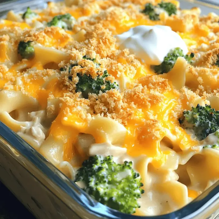 Um einen leckeren Chicken Noodle Casserole zu machen, brauchen Sie diese Zutaten: - 2 Tassen gekochte Eier-Nudeln - 2 Tassen shredded Rotisserie-Hühnchen - 1 Tasse Broccoli-Röschen (frisch oder gefroren) - 1 Dose (300g) Champignon-Cremesuppe - 1 Tasse saure Sahne - 1 Tasse geriebener Cheddar-Käse (scharf) - ½ Tasse Milch - 1 Teelöffel Knoblauchpulver - 1 Teelöffel Zwiebelpulver - ½ Teelöffel schwarzer Pfeffer - 1 Teelöffel getrockneter Thymian - 1 Tasse Semmelbrösel (für das Topping) - 2 Esslöffel Olivenöl - ½ Tasse geriebener Parmesan-Käse Diese Zutaten bilden die Basis für Ihren Auflauf. Sie sorgen für Geschmack und Sättigung. Um die Aromen zu verstärken, können Sie zusätzliche Gewürze verwenden. Eine Prise Paprika gibt dem Gericht mehr Farbe. Auch etwas Cayennepfeffer bringt eine leichte Schärfe. Frische Kräuter wie Petersilie oder Schnittlauch verbessern den Geschmack. Fügen Sie diese am Ende hinzu, um die Aromen frisch zu halten. Wenn Sie gesunde Optionen suchen, können Sie mehr Gemüse hinzufügen. Karotten oder Erbsen passen gut dazu. Diese Gemüse sind nahrhaft und verleihen dem Auflauf eine schöne Farbe. Auch Quinoa anstelle von Nudeln ist eine gute Idee. Es macht das Gericht noch gesünder und sättigender. Für die vollständige Zubereitung schauen Sie sich das [Full Recipe] an. Beginnen Sie mit der Vorbereitung der Zutaten. Kochen Sie zuerst die Eier-Nudeln. Sie sollten al dente sein. Nutzen Sie dann eine große Schüssel. Fügen Sie die gekochten Nudeln, das shredded Hühnchen und die Broccoli-Röschen hinzu. Es spielt keine Rolle, ob die Broccoli frisch oder gefroren sind. In einer separaten Schüssel mischen Sie die Champignon-Cremesuppe, die saure Sahne und die Milch. Fügen Sie Knoblauchpulver, Zwiebelpulver, schwarzen Pfeffer und Thymian hinzu. Rühren Sie alles gut um, bis die Mischung glatt ist. Gießen Sie die cremige Mischung über die Nudeln, das Hühnchen und den Brokkoli. Mischen Sie alles gut, damit die Zutaten gleichmäßig bedeckt sind. Heben Sie ¾ Tasse des geriebenen Cheddar-Käses unter die Mischung. Den restlichen Käse bewahren Sie für später auf. Geben Sie die gesamte Mischung in eine gefettete Auflaufform. Verteilen Sie sie gleichmäßig. In einer kleinen Schüssel vermengen Sie Semmelbrösel, Olivenöl und geriebenen Parmesan. Diese Mischung streuen Sie dann gleichmäßig über den Auflauf. Heizen Sie den Ofen auf 175°C vor. Backen Sie den Auflauf für 25-30 Minuten. Er sollte heiß und sprudelnd sein. Die Oberseite sollte goldbraun werden. Lassen Sie den Auflauf nach dem Backen fünf Minuten ruhen. So setzen sich die Aromen besser und er bleibt saftig. Für die perfekte Kruste können Sie auch etwas mehr Käse oder Semmelbrösel hinzufügen. Dies ergibt eine schönere Textur. Genießen Sie diesen einfachen und leckeren Auflauf! Probieren Sie die vollständige Rezeptur für noch mehr Details. Ein häufiger Fehler ist, die Nudeln zu lange zu kochen. Sie sollten al dente sein, da sie im Ofen weiter garen. Ein weiterer Fehler ist, nicht genügend Flüssigkeit zu verwenden. Dies kann zu einem trockenen Auflauf führen. Achten Sie darauf, die Mischung gut zu vermengen. So verteilt sich der Geschmack gleichmäßig. Um den Geschmack Ihres Auflaufs zu verbessern, können Sie frische Kräuter hinzufügen. Petersilie oder Thymian verleihen eine frische Note. Auch ein Spritzer Zitronensaft kann die Aromen verstärken. Für einen extra Kick probieren Sie, etwas scharfen Senf oder Worcestersauce in die Mischung zu geben. Die ideale Temperatur für das Garen liegt bei 175°C. Backen Sie den Auflauf 25-30 Minuten lang. Achten Sie darauf, dass der Käse goldbraun und die Füllung sprudelnd ist. Lassen Sie den Auflauf nach dem Backen 5 Minuten ruhen. So setzen sich die Aromen und es lässt sich besser schneiden. Für die vollständige Anleitung und mehr Details schauen Sie sich das [Full Recipe] an. {{image_4}} Wenn Sie eine vegetarische Version des Chicken Noodle Casserole möchten, ist das einfach. Ersetzen Sie das Hühnchen durch Tofu oder Kichererbsen. Diese Zutaten geben Protein und halten den Auflauf sättigend. Fügen Sie mehr Gemüse hinzu, wie Karotten oder Paprika, um den Geschmack zu verstärken. Brokkoli bleibt eine großartige Wahl, da er gut mit anderen Zutaten harmoniert. Für eine glutenfreie Version verwenden Sie glutenfreie Nudeln. Diese sind in vielen Geschäften erhältlich. Achten Sie auch darauf, eine glutenfreie Cremesuppe zu wählen. Einige Marken bieten köstliche Alternativen an. So bleibt der Auflauf lecker und verträglich für glutenempfindliche Personen. Seien Sie kreativ bei den Zutaten! Fügen Sie geröstete Mandeln oder Cashews für einen Crunch hinzu. Auch frische Kräuter wie Basilikum oder Thymian können den Geschmack intensivieren. Mögen Sie es scharf? Geben Sie etwas Chili oder Paprika hinzu. Experimentieren Sie mit verschiedenen Käsesorten, wie Gouda oder Mozzarella, um neue Aromen zu entdecken. Für die vollständige Anleitung, schauen Sie sich das Full Recipe an. Um den Chicken Noodle Casserole frisch zu halten, bewahre ihn am besten in einem luftdichten Behälter auf. Lass den Auflauf zuerst auf Raumtemperatur abkühlen, bevor du ihn in den Kühlschrank stellst. So vermeidest du Kondenswasser, das die Textur ändern könnte. Im Kühlschrank bleibt der Auflauf bis zu drei Tage haltbar. Wenn du ihn länger aufbewahren möchtest, ist das Einfrieren eine gute Option. Um den Auflauf aufzuwärmen, empfehle ich den Ofen. Heize ihn auf 175°C vor. Lege den Auflauf in eine Auflaufform und decke ihn mit Alufolie ab. So bleibt die Feuchtigkeit erhalten. Backe ihn etwa 20-25 Minuten, bis er heiß ist. Du kannst auch die Mikrowelle nutzen, aber der Ofen sorgt für eine bessere Kruste. Für das Beste Ergebnis, rühre den Auflauf nach der Hälfte der Zeit um. Wenn du den Auflauf einfrieren möchtest, lass ihn zuerst ganz abkühlen. Teile ihn in Portionen und lege diese in gefriergeeignete Behälter. Achte darauf, Luft zu entfernen, um Gefrierbrand zu vermeiden. So bleibt der Auflauf bis zu drei Monate frisch. Zum Auftauen, lege ihn über Nacht in den Kühlschrank. Danach kannst du ihn wie gewohnt aufwärmen. Du kannst auch die [Full Recipe] für detaillierte Anweisungen nutzen. Der Auflauf bleibt im Kühlschrank etwa 3 bis 5 Tage frisch. Achten Sie darauf, ihn gut abzudecken. So bleibt er saftig und lecker. Wenn Sie ihn länger aufbewahren möchten, frieren Sie ihn ein. Einfrieren verlängert die Haltbarkeit auf bis zu 3 Monate. Ja, Sie können den Auflauf im Voraus zubereiten. Bereiten Sie ihn ganz normal vor, aber backen Sie ihn nicht sofort. Decken Sie ihn ab und stellen Sie ihn in den Kühlschrank. Backen Sie den Auflauf dann, wenn Sie bereit sind, ihn zu servieren. Er benötigt vielleicht ein wenig länger im Ofen, wenn er kalt ist. Zu diesem Auflauf passen viele Beilagen gut. Hier sind einige Vorschläge: - Ein frischer grüner Salat - Gedämpftes Gemüse wie Karotten oder grüne Bohnen - Knoblauchbrot oder Baguette - Eine leichte Suppe, wie Tomatensuppe Diese Beilagen ergänzen den Auflauf perfekt und runden Ihr Essen ab. Probieren Sie verschiedene Kombinationen aus, um Ihre Lieblingsbeilage zu finden! In diesem Blogbeitrag haben wir alles Wichtige zum Auflauf behandelt. Wir sprachen über die Zutaten, die einfache Zubereitung und nützliche Tipps. Ich teilte Vorschläge für Variationen und die beste Lagerung mit. Das macht deinen Auflauf lecker und nahrhaft. Denke daran, deine eigenen Ideen hinzuzufügen. So wird jedes Gericht zum besonderen Erlebnis. Viel Freude beim Kochen und Experimentieren!