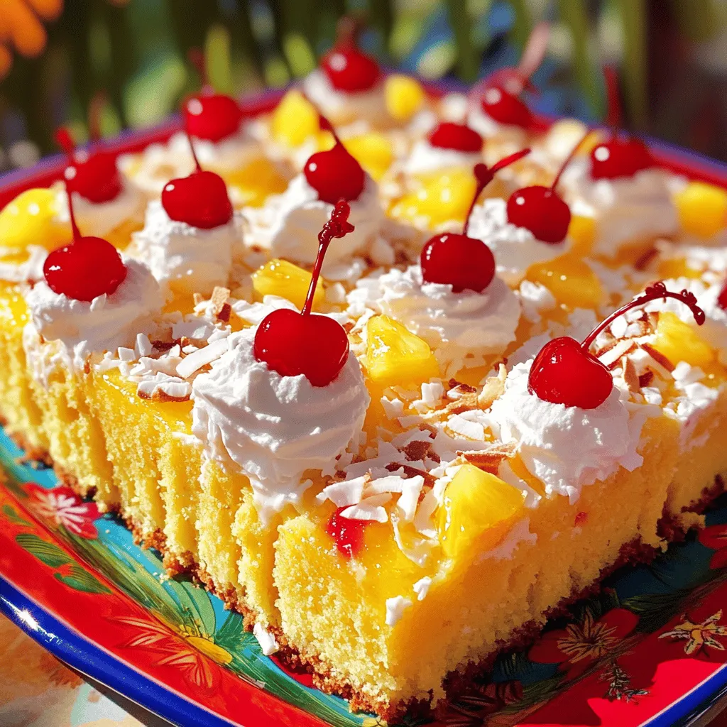 Um einen köstlichen tropischen Poke Cake zu zaubern, benötigst du folgende Zutaten: - 1 Packung gelbe Kuchenmischung - 3 große Eier - 240 ml Kokosmilch (aus der Dose) - 120 ml Pflanzenöl - 240 ml Ananasaft (1/4 Tasse für das Topping aufbewahren) - 100 g gesüßte Kokosraspel - 120 ml Schlagsahne - 2 Esslöffel Puderzucker - 1/2 Tasse Maraschino-Kirschen für das Topping - Geröstete Kokosflocken als Garnitur Die Qualität der Zutaten ist wichtig. Wähle frische Eier und hochwertige Kokosmilch, um den besten Geschmack zu erzielen. Du kannst auch eine glutenfreie Kuchenmischung verwenden, wenn du glutenempfindlich bist. Wenn du keine Kokosmilch magst, kannst du auch Mandeldrink nutzen. Achte darauf, dass die Konsistenz ähnlich ist. Für mehr Geschmack kannst du folgende Zutaten hinzufügen: - Frische Ananasstücke als Topping - Limettensaft für eine spritzige Note - Andere Früchte wie Erdbeeren oder Mango für eine bunte Mischung Mit diesen einfachen Zutaten kannst du deinen Poke Cake nach deinem Geschmack anpassen. Probiere neue Kombinationen und finde deine Lieblingsversion! Um einen perfekten Poke Cake zu machen, beginne mit der Vorbereitung des Kuchens. Heize deinen Ofen auf 175 °C vor und fette deine Backform gut. Nimm die gelbe Kuchenmischung und gib sie in eine große Rührschüssel. Füge die drei Eier, die Kokosmilch, das Pflanzenöl und 180 ml Ananasaft hinzu. Rühre alles gut zusammen, bis die Mischung glatt ist. Gieße den Teig dann in die Backform und backe ihn 25 bis 30 Minuten. Der Kuchen ist fertig, wenn ein Zahnstocher sauber herauskommt. Nach dem Backen lasse den Kuchen etwa 10 Minuten in der Form abkühlen. Mit einer Gabel steche gleichmäßig Löcher in die Oberfläche. In einem kleinen Topf, vermenge die beiseitegestellten 60 ml Ananasaft mit den gesüßten Kokosraspel. Erhitze die Mischung bei mittlerer Hitze für etwa 2-3 Minuten. Gieße die Kokosmischung gleichmäßig über den Kuchen, sodass sie in die Löcher eindringt. Lass den Kuchen vollständig abkühlen, damit die Aromen gut einziehen. Um deinen Poke Cake schön zu dekorieren, schlage die Schlagsahne mit Puderzucker steif. Verteile die Schlagsahne gleichmäßig auf dem abgekühlten Kuchen. Jetzt kommt der Spaß! Dekoriere den Kuchen mit Maraschino-Kirschen und streue geröstete Kokosflocken oben drauf. Stelle den Kuchen dann für mindestens eine Stunde in den Kühlschrank. So wird er kühl und frisch. Der Kuchen ist bereit, serviert zu werden! Du kannst ihn in quadratische Stücke schneiden und auf einem festlichen Teller anrichten. Für einen tropischen Touch füge kleine Papier-Schirmchen hinzu. Fertig ist dein köstlicher Poke Cake! Um die beste Textur für deinen Poke Cake zu erreichen, achte darauf, die Zutaten gut zu mischen. Verwende Raumtemperatur-Eier und Kokosmilch. Das sorgt dafür, dass der Teig schön luftig wird. Backe den Kuchen nicht zu lange. Überwache die Backzeit genau. Der Kuchen sollte goldbraun sein und ein Zahnstocher sollte sauber herauskommen. Lass den Kuchen nach dem Backen einige Minuten in der Form abkühlen, bevor du die Löcher stechst. Ein häufiger Fehler ist, die Löcher im Kuchen nicht tief genug zu stechen. Dadurch kann die Kokosmischung nicht gut eindringen. Achte auch darauf, die Kokosmischung gleichmäßig zu verteilen. Wenn du das nicht tust, wird der Kuchen an manchen Stellen trocken sein. Vermeide es, die Schlagsahne zu lange zu schlagen, da sie sonst übergeschlagen wird und bricht. Du kannst diesen Poke Cake leicht im Voraus zubereiten. Backe den Kuchen einen Tag vorher und lasse ihn im Kühlschrank. Decke ihn mit Frischhaltefolie ab, damit er frisch bleibt. Bereite die Kokosmischung und die Schlagsahne erst kurz vor dem Servieren zu. So bleibt die Schlagsahne fluffig. Wenn du den Kuchen mit Toppings dekorierst, mache das ebenfalls kurz vor dem Servieren. Wenn du mehr über die Zubereitung erfahren möchtest, schau dir das [Full Recipe] an. {{image_4}} Du kannst den tropischen Poke Cake leicht verändern. Zum Beispiel, füge frische Mango hinzu. Das gibt einen tollen Geschmack und Farbe. Ein anderer Vorschlag ist, Ananas durch Pfirsiche zu ersetzen. So bekommst du einen ganz neuen Kuchen. Saisonale Früchte sind eine tolle Wahl für deinen Poke Cake. Im Frühling kannst du Erdbeeren und Himbeeren verwenden. Im Sommer sind Kirschen und Heidelbeeren perfekt. Im Herbst passen Äpfel und Birnen gut. Diese Früchte bringen frische Aromen und machen deinen Kuchen noch leckerer. Die Toppings machen viel aus! Du kannst die Schlagsahne durch Joghurt ersetzen. Das gibt einen cremigen, gesunden Twist. Auch Nüsse wie Mandeln oder Walnüsse passen gut. Für Schokoladenliebhaber, füge Schokoladensauce hinzu. Experimentiere und finde deine Lieblingskombination! Für das Rezept, schau dir die vollständige Anleitung zum tropischen Paradies Poke Cake an. Um deinen Poke Cake frisch zu halten, lege ihn in einen luftdichten Behälter. Das schützt ihn vor Luft und Feuchtigkeit. Du kannst ihn auch in Frischhaltefolie wickeln. So bleibt der Kuchen saftig und lecker. Stelle sicher, dass der Kuchen vollständig abgekühlt ist, bevor du ihn lagerst. Ein gut gelagerter Poke Cake hält sich im Kühlschrank etwa 4 bis 5 Tage. Der Kuchen bleibt in dieser Zeit frisch und der Geschmack bleibt intensiv. Wenn du ihn länger aufbewahren möchtest, kannst du ihn einfrieren. Um den Kuchen aufzuwärmen, lege ein Stück in die Mikrowelle für 10 bis 15 Sekunden. So bleibt er weich und angenehm warm. Du kannst ihn auch mit frischen Früchten oder Sahne garniert servieren. Ein Vorschlag ist, etwas Ananassaft über das Stück zu träufeln, um den Geschmack zu intensivieren. Für den besten Genuss, serviere ihn kalt direkt aus dem Kühlschrank. So erlebst du jeden Bissen frisch und fruchtig. Ein Poke Cake ist ein einfacher Kuchen, der Löcher hat. Diese Löcher füllst du mit einer Flüssigkeit. Oft wird der Kuchen mit Pudding, Jello oder Sirup gefüllt. Dadurch bleibt der Kuchen saftig und lecker. Dieser Stil macht jeden Bissen besonders. Ja, du kannst das Rezept glutenfrei anpassen. Verwende einfach eine glutenfreie Kuchenmischung. Achte darauf, dass alle anderen Zutaten ebenfalls glutenfrei sind. So kannst du den tropischen Paradies Poke Cake ohne Gluten genießen. Du kannst den Poke Cake leicht anpassen. Ändere die Geschmacksrichtung des Kuchens. Füge andere Früchte oder Toppings hinzu. Zum Beispiel, verwende Erdbeeren oder Schokolade. Du kannst auch die Dekoration ändern, um sie festlicher zu gestalten. Verwende bunte Streusel oder saisonale Früchte. In diesem Blogbeitrag haben wir die wichtigen Zutaten für den Poke Cake besprochen. Du hast gelernt, wie du die Kokosmischung zubereitest und wie du dekorierst. Außerdem haben wir Tipps zur perfekten Textur und häufige Fehler behandelt. Variationen mit saisonalen Früchten bringen neuen Geschmack. Ich hoffe, du fühlst dich bereit, deinen eigenen Poke Cake zu machen. Die Lagerungshinweise sorgen dafür, dass dein Kuchen frisch bleibt. Probier es aus und genieße dein leckeres Ergebnis!