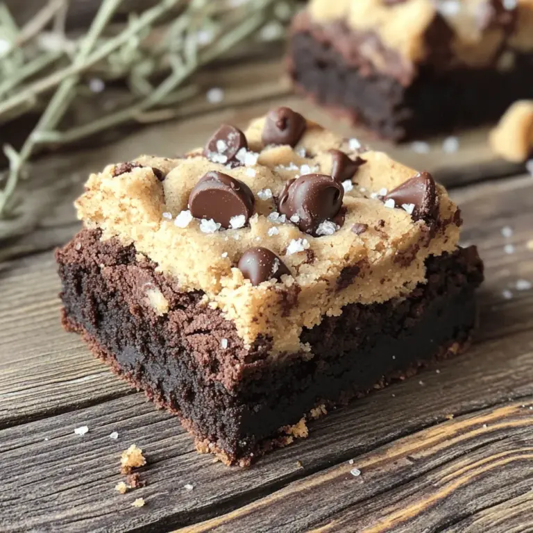 Um Fudgy Chewy Brookies zu machen, brauchst du einige einfache Zutaten. Hier ist die Liste: - 1 Tasse Allzweckmehl - 1/2 Tasse ungesüßtes Kakaopulver - 1/2 Teelöffel Backpulver - 1/4 Teelöffel Salz - 1/3 Tasse ungesalzene Butter, geschmolzen - 1 Tasse brauner Zucker, gepackt - 1 großes Ei - 1 Teelöffel Vanilleextrakt - 1/2 Tasse Schokoladenstückchen (halb süß oder dunkel) - 1 Tasse Keksteig (gekauft oder selbstgemacht) - Meersalzflocken zum Bestreuen (optional) Diese Zutaten machen die Brookies lecker und fudgy. Das Kakaopulver gibt den Brownies ihren tiefen Schokoladengeschmack. Das Mehl sorgt für die Struktur, während die Butter und der braune Zucker die Süße und Feuchtigkeit bringen. Du kannst deine Brookies ganz nach deinem Geschmack anpassen. Hier sind einige Ideen: - Füge Nüsse hinzu, wie Walnüsse oder Pekannüsse. - Verwende weiße Schokoladenstückchen für einen anderen Geschmack. - Probiere verschiedene Keksteige, wie Erdnussbutter oder Haferflocken. - Streue zusätzliche Schokoladensplitter oder Nüsse oben drauf. Diese Variationen machen das Rezept spannend. Du kannst immer wieder neue Geschmäcker entdecken. Jede Zutat hat ihre eigene Rolle im Rezept. Zum Beispiel: - Kakaopulver: Es gibt den Brownies ihren reichen Geschmack. Achte darauf, ungesüßtes Kakaopulver zu verwenden. - Brauner Zucker: Er macht die Brookies feucht und gibt ihnen einen leichten Karamellgeschmack. - Schokoladenstückchen: Diese sorgen für extra Schokoladengeschmack und eine tolle Textur. Wenn du auf die Qualität der Zutaten achtest, wird das Ergebnis noch besser. Frische Zutaten machen den Unterschied. Du kannst die Fudgy Chewy Brookies nach dem [Full Recipe] genießen. Heize deinen Ofen auf 175°C vor. Nimm eine 20x20 cm Backform und lege sie mit Backpapier aus. Lass an den Kanten etwas Überhang. So kannst du die Brookies später einfach herausnehmen. Dies ist ein wichtiger Schritt, um ein Festkleben zu vermeiden. In einer großen Schüssel mische das Allzweckmehl, Kakaopulver, Backpulver und Salz gut. Diese Mischung ist die Grundlage für den Brownie-Teig. In einer anderen Schüssel rühre die geschmolzene Butter mit dem braunen Zucker cremig. Füge nun das Ei und den Vanilleextrakt hinzu. Rühre alles, bis es gut vermischt ist. Gib die trockenen Zutaten langsam zur feuchten Mischung. Rühre nur so lange, bis alles kombiniert ist. Dies sorgt für die fudgy Konsistenz, die wir lieben. Füge am Ende die Schokoladenstückchen hinzu und hebe sie vorsichtig unter. Gib den Brownie-Teig gleichmäßig in die vorbereitete Backform. Verwende einen Spatel, um die Oberfläche glatt zu streichen. Jetzt kommt der Keksteig. Brösele ihn gleichmäßig über die Brownie-Schicht. Du kannst die Stücke leicht andrücken, wenn du möchtest. Wenn du magst, streue etwas Meersalzflocken darüber. Dies gibt einen tollen süß-salzigen Geschmack. Backe die Brookies 25 bis 30 Minuten lang. Achte darauf, dass die Ränder fest aussehen. Ein Zahnstocher sollte mit ein paar feuchten Krümeln herauskommen. Lass die Brookies 10-15 Minuten in der Form abkühlen. Ziehe sie dann vorsichtig mit dem Backpapier heraus. Lege sie auf ein Kuchengitter, damit sie vollständig abkühlen. Schneide sie in quadratische Stücke. Serviere sie warm oder lass sie abkühlen. Um die perfekte Konsistenz für Fudgy Chewy Brookies zu erreichen, achte auf die Zutaten. Verwende frische Zutaten. Die Butter sollte geschmolzen, aber nicht zu heiß sein. Mische die trockenen Zutaten gut, bevor du sie zur feuchten Mischung gibst. Rühre nur so lange, bis alles kombiniert ist. Zu langes Rühren macht die Brookies trocken. Ein häufiger Fehler ist, die Brookies zu lange zu backen. Überprüfe sie nach 25 Minuten. Wenn ein Zahnstocher mit feuchten Krümeln herauskommt, sind sie fertig. Lass sie nicht zu lange in der Form. Das kann die Konsistenz beeinträchtigen. Warte auch nicht zu lange, um sie herauszunehmen. Diese Schritte helfen dir, die beste Textur zu erreichen. Verwende eine 20x20 cm Backform für gleichmäßiges Backen. Lege sie mit Backpapier aus, damit die Brookies leicht herauskommen. Heize den Ofen gut vor. Du kannst auch kleine Stücke Keksteig gleichmäßig über den Brownie-Teig bröseln. Optional kannst du Meersalzflocken hinzufügen. Sie geben einen tollen Geschmack. Für das vollständige Rezept schau dir die [Full Recipe] an! {{image_4}} Du kannst Fudgy Chewy Brookies ganz leicht abwechslungsreich gestalten. Probiere, Nüsse wie Walnüsse oder Pekannüsse hinzuzufügen. Diese geben einen schönen Crunch und mehr Geschmack. Auch getrocknete Früchte wie Kirschen oder Cranberries sind tolle Ergänzungen. Sie bringen eine fruchtige Note und einen tollen Farbkontrast. Wenn du gesünder backen möchtest, gibt es Alternativen. Ersetze die Butter durch Kokosöl für eine leichtere Variante. Du kannst auch einen Teil des Zuckers durch Honig oder Ahornsirup ersetzen. Das macht die Brookies süßer und gesünder. Vollkornmehl ist ebenfalls eine gute Wahl. Es fügt Ballaststoffe hinzu und sorgt für einen nussigen Geschmack. Für Veganer kannst du das Ei durch Apfelmus oder Leinsamen ersetzen. Das sorgt für die nötige Bindung. Glutenfreie Backmischungen sind auch eine Option. So können alle die Brookies genießen. Wenn jemand allergisch gegen Nüsse ist, lass sie einfach weg. So machst du deine Brookies für jeden geeignet. Ich empfehle dir, mit diesen Variationen zu experimentieren. So findest du deine perfekte Mischung für Fudgy Chewy Brookies! Probiere auch das [Full Recipe], um die Basis zu haben! Um die Fudgy Chewy Brookies frisch zu halten, sollten Sie sie richtig lagern. Lassen Sie die Brookies zuerst auf einem Kuchengitter abkühlen. Wickeln Sie sie dann in Frischhaltefolie oder legen Sie sie in einen luftdichten Behälter. So bleiben sie weich und lecker. Lagern Sie die Brookies bei Raumtemperatur. Vermeiden Sie es, sie im Kühlschrank aufzubewahren, da dies die Textur verändert. Um die Haltbarkeit Ihrer Brookies zu verlängern, können Sie folgende Tipps beachten: - Fügen Sie ein Stück Brot in den Behälter hinzu. Das Brot hält die Brookies feucht. - Lagern Sie die Brookies an einem kühlen, trockenen Ort. - Achten Sie darauf, die Brookies nicht der Sonne auszusetzen. Diese einfachen Tipps helfen, die Frische der Brookies zu bewahren und die Freude an jedem Stück zu verlängern. Wenn Sie die Brookies länger aufbewahren möchten, können Sie sie einfrieren. Schneiden Sie die abgekühlten Brookies in Portionen. Wickeln Sie jede Portion fest in Frischhaltefolie. Legen Sie die Portionen dann in einen gefrierfesten Behälter oder einen Gefrierbeutel. So können Sie die Brookies bis zu drei Monate aufbewahren. Um sie wieder aufzutauen, lassen Sie sie einfach bei Raumtemperatur stehen oder erwärmen Sie sie kurz in der Mikrowelle. So sind sie schnell wieder bereit zum Genießen. Fühlen Sie sich frei, das leckere Rezept für die Fudgy Chewy Brookies auszuprobieren! Fudgy Chewy Brookies bleiben frisch für etwa fünf bis sieben Tage. Lagern Sie sie in einem luftdichten Behälter. So bleiben sie weich und lecker. Wenn Sie sie länger aufbewahren möchten, frieren Sie sie ein. Im Gefrierfach halten sie bis zu drei Monate. Lassen Sie sie bei Raumtemperatur auftauen, um den vollen Geschmack zu genießen. Ja, das geht ganz leicht. Sie können die Schokoladenstückchen durch andere Zutaten ersetzen. Versuchen Sie weiße Schokolade, Karamellstückchen oder Nüsse. Jede Variante bringt einen neuen Geschmack. Achten Sie darauf, die Menge gleich zu halten, damit die Konsistenz stimmt. Brownies sind dicht und fudgy. Brookies kombinieren die Textur von Brownies und Keksen. Sie haben die feuchte, zähe Schicht von Brownies oben und die knusprige Keksbasis. Diese Mischung macht Brookies besonders. Sie bieten das Beste aus beiden Welten. Probieren Sie die Fudgy Chewy Brookies aus dem [Full Recipe] für ein perfektes Erlebnis! Fudgy Chewy Brookies sind ein leckeres Zusammenspiel aus Brownies und Cookies. Wir haben die Grundzutaten und besondere Optionen erkundet. Die Schritt-für-Schritt-Anleitung zeigt, wie einfach die Zubereitung ist. Tipps helfen, die perfekte Konsistenz zu erreichen und häufige Fehler zu vermeiden. Mit Variationen und Lagerungshinweisen macht das Backen noch mehr Spaß. Nutze diese Infos, um deine Brookies zu perfektionieren und zu genießen.
