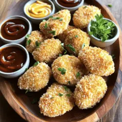 Für diese Hähnchen-Nuggets brauchen Sie einige einfache Zutaten. Diese sorgen für den tollen Geschmack und die perfekte Konsistenz. Hier sind die Hauptzutaten: - 450 g Hähnchenbrust, in mundgerechte Stücke geschnitten - 1 Tasse Weizenmehl - 2 große Eier - 1 Tasse Semmelbrösel (Panko für extra Crunch) - Pflanzenöl zum Frittieren Die Gewürze machen Ihre Nuggets besonders lecker. Sie fügen Geschmack und Tiefe hinzu. Hier sind die Gewürze, die Sie benötigen: - 1 Teelöffel Knoblauchpulver - 1 Teelöffel Zwiebelpulver - 1 Teelöffel Paprika - 1 Teelöffel getrockneter Oregano - 1 Teelöffel Chiliflocken (optional für Schärfe) - Salz und Pfeffer nach Geschmack Diese Gewürze helfen, den perfekten Geschmack zu erreichen. Sie können die Gewürze auch nach Ihrem Geschmack anpassen. Wählen Sie das richtige Öl für das Frittieren. Das Öl beeinflusst den Geschmack und die Textur Ihrer Nuggets. Hier sind einige gute Optionen: - Pflanzenöl: Ein gutes, neutrales Öl, das hohe Temperaturen verträgt. - Erdnussöl: Hat einen hohen Rauchpunkt und verleiht einen feinen Geschmack. - Sonnenblumenöl: Ebenfalls eine gute Wahl, da es geschmacksneutral ist. Achten Sie darauf, dass das Öl heiß genug ist, bevor Sie die Nuggets hineingeben. So werden sie schön knusprig. Für das vollständige Rezept schauen Sie sich den Abschnitt "Full Recipe" an. Zuerst schneide ich die Hähnchenbrust in kleine Stücke. Jedes Stück sollte gleich groß sein. Das hilft beim gleichmäßigen Garen. Ich tupfe die Hähnchenstücke mit einem Küchentuch trocken. So haftet die Panade besser. Für den Geschmack würze ich das Hähnchen. Ich verwende Salz und Pfeffer, um die Aromen zu verstärken. Du kannst auch etwas Paprika hinzufügen, wenn du es magst. Jetzt bereite ich die drei Panierstationen vor. In eine flache Schüssel gebe ich das Weizenmehl. Ich füge Knoblauchpulver, Zwiebelpulver, Paprika, Salz und Pfeffer hinzu. Das vermische ich gut. In einer anderen Schüssel schlage ich die Eier auf. Ich rühre sie mit einer Gabel, bis sie gut vermischt sind. In die dritte Schüssel kommen die Semmelbrösel. Ich mische sie mit Oregano und optional mit Chiliflocken für einen Kick. Ich beginne mit dem Panieren der Hähnchenstücke. Jedes Stück wälze ich zuerst im Mehl. Danach tauche ich es in die Eier und schließlich in die Semmelbrösel. Ich drücke leicht, damit die Brösel gut haften. Jetzt erhitze ich etwas Pflanzenöl in einer großen Pfanne. Wenn das Öl heiß ist, lege ich die Nuggets vorsichtig hinein. Ich frittiere sie für etwa 4-5 Minuten auf jeder Seite. Sie sollten goldbraun sein. Nach dem Frittieren lasse ich die Nuggets auf einem mit Papierhandtüchern belegten Teller abtropfen. Jetzt sind sie bereit zum Genießen! Du kannst sie nach dem [Full Recipe] mit deinen Lieblings-Dips servieren. Um knusprige Hähnchen-Nuggets zu machen, folgen Sie einigen einfachen Schritten. Zuerst ist es wichtig, das Hähnchen gut abzutrocknen. Dies hilft der Panade, besser zu haften. Verwenden Sie auch Panko-Semmelbrösel. Sie sind grober und sorgen für extra Crunch. Ein weiterer Trick ist die Temperatur des Öls. Erhitzen Sie das Öl auf etwa 175°C. Wenn das Öl zu kalt ist, werden die Nuggets fettig. Wenn es zu heiß ist, brennen sie schnell an. Außerdem sollten Sie die Nuggets nicht überfüllen. Dies senkt die Temperatur des Öls und macht die Nuggets weich. Ein häufiger Fehler ist, die Nuggets zu früh zu wenden. Warten Sie, bis sie schön goldbraun sind. Wenn Sie sie zu schnell umdrehen, kann die Panade abfallen. Ein weiterer Fehler ist, das Öl nicht heiß genug zu machen. Testen Sie das Öl mit einem kleinen Stück Brot. Es sollte sofort brutzeln. Achten Sie auch darauf, die Nuggets gut zu würzen. Eine Mischung aus Salz und Pfeffer reicht oft aus. Aber zusätzliche Gewürze wie Paprika oder Knoblauchpulver geben mehr Geschmack. Die richtigen Dips machen Ihre Nuggets noch besser. Hier sind einige meiner Favoriten: - Honig-Senf: Süß und würzig, passt perfekt zu knusprigen Nuggets. - Barbecue-Sauce: Gibt einen rauchigen Geschmack, der toll harmoniert. - Ranch-Dressing: Cremig und frisch, eine beliebte Wahl. Diese Dips sind leicht zuzubereiten und passen gut zu den Nuggets. Genießen Sie es, verschiedene Kombinationen auszuprobieren! {{image_4}} Ich liebe es, mit Gewürzen zu spielen. So mache ich meine Hähnchen-Nuggets einzigartig. Zum Beispiel kann ich Cajun-Gewürz verwenden. Das gibt einen tollen Kick. Auch italienische Kräuter sind eine gute Wahl. Sie verleihen den Nuggets mehr Aroma. Wenn Sie es schärfer mögen, fügen Sie mehr Chiliflocken hinzu. Experimentieren Sie mit verschiedenen Mischungen. So finden Sie den perfekten Geschmack für sich. Nicht jeder isst Fleisch, und das ist okay! Für eine vegetarische Option nehme ich Blumenkohl. Ich schneide ihn in kleine Stücke. Dann panieren und frittieren ich ihn wie die Hähnchen-Nuggets. Eine andere tolle Idee ist die Verwendung von Kichererbsen. Diese püriere ich und forme kleine Bällchen. Diese Bällchen lassen sich auch einfach panieren. So haben alle etwas Leckeres. Frittieren ist lecker, aber manchmal möchte ich es gesünder. Stattdessen kann ich die Nuggets backen. Ich lege sie auf ein Backblech und sprühe etwas Öl darüber. Dann backe ich sie im Ofen bei 200 Grad Celsius. Nach etwa 20 Minuten sind sie goldbraun und knusprig. Diese Methode ist leicht und macht weniger Dreck. Sie können die knusprigen Nuggets auch mit verschiedenen Dips servieren. So bleibt es spannend und gesund. Wenn Sie mehr über die Zubereitung erfahren möchten, schauen Sie sich das [Full Recipe] an. Wenn Sie Hähnchen-Nuggets übrig haben, lassen Sie sie zuerst abkühlen. Legen Sie die Nuggets in einen luftdichten Behälter. Trennen Sie die Schichten mit Papierhandtüchern, um Feuchtigkeit zu vermeiden. So bleiben sie knusprig. Im Kühlschrank sind sie 3 bis 4 Tage haltbar. Um Nuggets einzufrieren, lassen Sie sie zuerst abkühlen. Legen Sie die Nuggets auf ein Backblech und frieren Sie sie ein. So bleiben sie getrennt. Nach ein paar Stunden können Sie die gefrorenen Nuggets in einen Gefrierbeutel legen. Sie halten sich bis zu 3 Monate. Um die Nuggets aufzuwärmen, heizen Sie den Ofen auf 200 °C vor. Legen Sie die Nuggets auf ein Backblech und backen Sie sie 10 bis 15 Minuten. So werden sie wieder knusprig. Vermeiden Sie die Mikrowelle, da sie die Nuggets weich macht. Das sind einfache Tipps, um Ihre knusprigen Hähnchen-Nuggets frisch und lecker zu halten. Ob im Kühlschrank oder im Gefrierfach, die richtige Lagerung macht den Unterschied! Selbstgemachte Hähnchen-Nuggets sind im Kühlschrank etwa 3 bis 4 Tage haltbar. Achten Sie darauf, sie in einem luftdichten Behälter zu lagern. Das hilft, die Frische zu bewahren. Wenn Sie Reste haben, können Sie die Nuggets auch einfrieren. So halten sie bis zu 3 Monate. Vor dem Essen sollten Sie sie gut aufwärmen, um die Knusprigkeit zu erhalten. Für das Frittieren von Hähnchen-Nuggets empfehle ich Pflanzenöl oder Erdnussöl. Diese Öle haben einen hohen Rauchpunkt. Das bedeutet, sie bleiben stabil beim Erhitzen. Auch Sonnenblumenöl ist eine gute Wahl. Vermeiden Sie Öle mit starkem Geschmack, da sie den Geschmack der Nuggets überdecken können. Um Hähnchen-Nuggets im Ofen zu machen, heizen Sie den Ofen auf 200°C vor. Legen Sie die panierten Nuggets auf ein mit Backpapier ausgelegtes Blech. Besprühen Sie sie leicht mit Öl für extra Knusprigkeit. Backen Sie die Nuggets etwa 15 bis 20 Minuten lang, bis sie goldbraun sind. Wenden Sie sie nach der Hälfte der Zeit, um eine gleichmäßige Garung zu erreichen. In diesem Artikel haben wir die wichtigsten Punkte für knusprige Hähnchen-Nuggets behandelt. Wir sahen uns die Zutaten sowie die Zubereitung an. Tipps und Tricks helfen, die Nuggets perfekt zu machen. Auch Variationen und Lagerungshinweise kamen nicht zu kurz. Knusprige Hähnchen-Nuggets sind lecker und einfach. Mit diesen Infos kannst du sie selbst zubereiten. Ich hoffe, du probierst es aus und genießt dein Ergebnis!