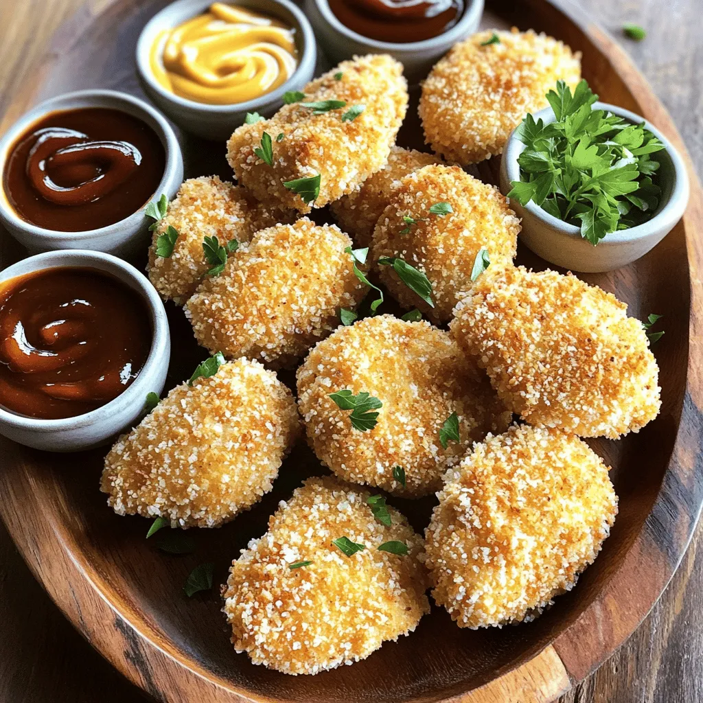 Für diese Hähnchen-Nuggets brauchen Sie einige einfache Zutaten. Diese sorgen für den tollen Geschmack und die perfekte Konsistenz. Hier sind die Hauptzutaten: - 450 g Hähnchenbrust, in mundgerechte Stücke geschnitten - 1 Tasse Weizenmehl - 2 große Eier - 1 Tasse Semmelbrösel (Panko für extra Crunch) - Pflanzenöl zum Frittieren Die Gewürze machen Ihre Nuggets besonders lecker. Sie fügen Geschmack und Tiefe hinzu. Hier sind die Gewürze, die Sie benötigen: - 1 Teelöffel Knoblauchpulver - 1 Teelöffel Zwiebelpulver - 1 Teelöffel Paprika - 1 Teelöffel getrockneter Oregano - 1 Teelöffel Chiliflocken (optional für Schärfe) - Salz und Pfeffer nach Geschmack Diese Gewürze helfen, den perfekten Geschmack zu erreichen. Sie können die Gewürze auch nach Ihrem Geschmack anpassen. Wählen Sie das richtige Öl für das Frittieren. Das Öl beeinflusst den Geschmack und die Textur Ihrer Nuggets. Hier sind einige gute Optionen: - Pflanzenöl: Ein gutes, neutrales Öl, das hohe Temperaturen verträgt. - Erdnussöl: Hat einen hohen Rauchpunkt und verleiht einen feinen Geschmack. - Sonnenblumenöl: Ebenfalls eine gute Wahl, da es geschmacksneutral ist. Achten Sie darauf, dass das Öl heiß genug ist, bevor Sie die Nuggets hineingeben. So werden sie schön knusprig. Für das vollständige Rezept schauen Sie sich den Abschnitt "Full Recipe" an. Zuerst schneide ich die Hähnchenbrust in kleine Stücke. Jedes Stück sollte gleich groß sein. Das hilft beim gleichmäßigen Garen. Ich tupfe die Hähnchenstücke mit einem Küchentuch trocken. So haftet die Panade besser. Für den Geschmack würze ich das Hähnchen. Ich verwende Salz und Pfeffer, um die Aromen zu verstärken. Du kannst auch etwas Paprika hinzufügen, wenn du es magst. Jetzt bereite ich die drei Panierstationen vor. In eine flache Schüssel gebe ich das Weizenmehl. Ich füge Knoblauchpulver, Zwiebelpulver, Paprika, Salz und Pfeffer hinzu. Das vermische ich gut. In einer anderen Schüssel schlage ich die Eier auf. Ich rühre sie mit einer Gabel, bis sie gut vermischt sind. In die dritte Schüssel kommen die Semmelbrösel. Ich mische sie mit Oregano und optional mit Chiliflocken für einen Kick. Ich beginne mit dem Panieren der Hähnchenstücke. Jedes Stück wälze ich zuerst im Mehl. Danach tauche ich es in die Eier und schließlich in die Semmelbrösel. Ich drücke leicht, damit die Brösel gut haften. Jetzt erhitze ich etwas Pflanzenöl in einer großen Pfanne. Wenn das Öl heiß ist, lege ich die Nuggets vorsichtig hinein. Ich frittiere sie für etwa 4-5 Minuten auf jeder Seite. Sie sollten goldbraun sein. Nach dem Frittieren lasse ich die Nuggets auf einem mit Papierhandtüchern belegten Teller abtropfen. Jetzt sind sie bereit zum Genießen! Du kannst sie nach dem [Full Recipe] mit deinen Lieblings-Dips servieren. Um knusprige Hähnchen-Nuggets zu machen, folgen Sie einigen einfachen Schritten. Zuerst ist es wichtig, das Hähnchen gut abzutrocknen. Dies hilft der Panade, besser zu haften. Verwenden Sie auch Panko-Semmelbrösel. Sie sind grober und sorgen für extra Crunch. Ein weiterer Trick ist die Temperatur des Öls. Erhitzen Sie das Öl auf etwa 175°C. Wenn das Öl zu kalt ist, werden die Nuggets fettig. Wenn es zu heiß ist, brennen sie schnell an. Außerdem sollten Sie die Nuggets nicht überfüllen. Dies senkt die Temperatur des Öls und macht die Nuggets weich. Ein häufiger Fehler ist, die Nuggets zu früh zu wenden. Warten Sie, bis sie schön goldbraun sind. Wenn Sie sie zu schnell umdrehen, kann die Panade abfallen. Ein weiterer Fehler ist, das Öl nicht heiß genug zu machen. Testen Sie das Öl mit einem kleinen Stück Brot. Es sollte sofort brutzeln. Achten Sie auch darauf, die Nuggets gut zu würzen. Eine Mischung aus Salz und Pfeffer reicht oft aus. Aber zusätzliche Gewürze wie Paprika oder Knoblauchpulver geben mehr Geschmack. Die richtigen Dips machen Ihre Nuggets noch besser. Hier sind einige meiner Favoriten: - Honig-Senf: Süß und würzig, passt perfekt zu knusprigen Nuggets. - Barbecue-Sauce: Gibt einen rauchigen Geschmack, der toll harmoniert. - Ranch-Dressing: Cremig und frisch, eine beliebte Wahl. Diese Dips sind leicht zuzubereiten und passen gut zu den Nuggets. Genießen Sie es, verschiedene Kombinationen auszuprobieren! {{image_4}} Ich liebe es, mit Gewürzen zu spielen. So mache ich meine Hähnchen-Nuggets einzigartig. Zum Beispiel kann ich Cajun-Gewürz verwenden. Das gibt einen tollen Kick. Auch italienische Kräuter sind eine gute Wahl. Sie verleihen den Nuggets mehr Aroma. Wenn Sie es schärfer mögen, fügen Sie mehr Chiliflocken hinzu. Experimentieren Sie mit verschiedenen Mischungen. So finden Sie den perfekten Geschmack für sich. Nicht jeder isst Fleisch, und das ist okay! Für eine vegetarische Option nehme ich Blumenkohl. Ich schneide ihn in kleine Stücke. Dann panieren und frittieren ich ihn wie die Hähnchen-Nuggets. Eine andere tolle Idee ist die Verwendung von Kichererbsen. Diese püriere ich und forme kleine Bällchen. Diese Bällchen lassen sich auch einfach panieren. So haben alle etwas Leckeres. Frittieren ist lecker, aber manchmal möchte ich es gesünder. Stattdessen kann ich die Nuggets backen. Ich lege sie auf ein Backblech und sprühe etwas Öl darüber. Dann backe ich sie im Ofen bei 200 Grad Celsius. Nach etwa 20 Minuten sind sie goldbraun und knusprig. Diese Methode ist leicht und macht weniger Dreck. Sie können die knusprigen Nuggets auch mit verschiedenen Dips servieren. So bleibt es spannend und gesund. Wenn Sie mehr über die Zubereitung erfahren möchten, schauen Sie sich das [Full Recipe] an. Wenn Sie Hähnchen-Nuggets übrig haben, lassen Sie sie zuerst abkühlen. Legen Sie die Nuggets in einen luftdichten Behälter. Trennen Sie die Schichten mit Papierhandtüchern, um Feuchtigkeit zu vermeiden. So bleiben sie knusprig. Im Kühlschrank sind sie 3 bis 4 Tage haltbar. Um Nuggets einzufrieren, lassen Sie sie zuerst abkühlen. Legen Sie die Nuggets auf ein Backblech und frieren Sie sie ein. So bleiben sie getrennt. Nach ein paar Stunden können Sie die gefrorenen Nuggets in einen Gefrierbeutel legen. Sie halten sich bis zu 3 Monate. Um die Nuggets aufzuwärmen, heizen Sie den Ofen auf 200 °C vor. Legen Sie die Nuggets auf ein Backblech und backen Sie sie 10 bis 15 Minuten. So werden sie wieder knusprig. Vermeiden Sie die Mikrowelle, da sie die Nuggets weich macht. Das sind einfache Tipps, um Ihre knusprigen Hähnchen-Nuggets frisch und lecker zu halten. Ob im Kühlschrank oder im Gefrierfach, die richtige Lagerung macht den Unterschied! Selbstgemachte Hähnchen-Nuggets sind im Kühlschrank etwa 3 bis 4 Tage haltbar. Achten Sie darauf, sie in einem luftdichten Behälter zu lagern. Das hilft, die Frische zu bewahren. Wenn Sie Reste haben, können Sie die Nuggets auch einfrieren. So halten sie bis zu 3 Monate. Vor dem Essen sollten Sie sie gut aufwärmen, um die Knusprigkeit zu erhalten. Für das Frittieren von Hähnchen-Nuggets empfehle ich Pflanzenöl oder Erdnussöl. Diese Öle haben einen hohen Rauchpunkt. Das bedeutet, sie bleiben stabil beim Erhitzen. Auch Sonnenblumenöl ist eine gute Wahl. Vermeiden Sie Öle mit starkem Geschmack, da sie den Geschmack der Nuggets überdecken können. Um Hähnchen-Nuggets im Ofen zu machen, heizen Sie den Ofen auf 200°C vor. Legen Sie die panierten Nuggets auf ein mit Backpapier ausgelegtes Blech. Besprühen Sie sie leicht mit Öl für extra Knusprigkeit. Backen Sie die Nuggets etwa 15 bis 20 Minuten lang, bis sie goldbraun sind. Wenden Sie sie nach der Hälfte der Zeit, um eine gleichmäßige Garung zu erreichen. In diesem Artikel haben wir die wichtigsten Punkte für knusprige Hähnchen-Nuggets behandelt. Wir sahen uns die Zutaten sowie die Zubereitung an. Tipps und Tricks helfen, die Nuggets perfekt zu machen. Auch Variationen und Lagerungshinweise kamen nicht zu kurz. Knusprige Hähnchen-Nuggets sind lecker und einfach. Mit diesen Infos kannst du sie selbst zubereiten. Ich hoffe, du probierst es aus und genießt dein Ergebnis!