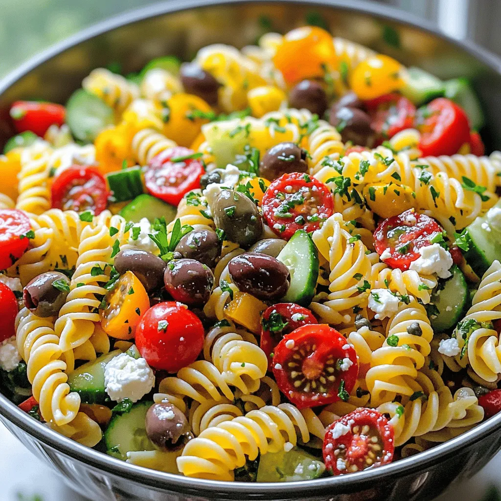 - 225 g Fusilli-Nudeln - 1 Tasse Kirschtomaten, halbiert - 1 Gurke, gewürfelt - 1 Paprika (rot oder gelb), gewürfelt - 1 Tasse Kalamata-Oliven, entsteint und halbiert - 1/2 rote Zwiebel, fein gehackt - 125 g Feta-Käse, zerbröselt - 2 Esslöffel Kapern, abgetropft - 1/4 Tasse frische Petersilie, gehackt Die Fusilli-Nudeln sind perfekt für diesen Salat. Sie halten die Sauce gut und bringen Freude beim Essen. Kirschtomaten geben eine süße Note. Gurken und Paprika sorgen für Frische und Crunch. Kalamata-Oliven bringen einen salzigen, herzhaften Geschmack. Der Feta-Käse fügt Cremigkeit hinzu und die Kapern bringen einen kleinen, pikanten Kick. Frische Petersilie rundet das Ganze ab und macht den Salat bunt. - 60 ml Olivenöl - 2 Esslöffel Zitronensaft - 1 Teelöffel getrockneter Oregano - Salz und Pfeffer nach Geschmack Das Dressing ist einfach und lecker. Olivenöl ist gesund und gibt einen reichen Geschmack. Zitronensaft sorgt für Frische und einen leichten Säurekick. Getrockneter Oregano ist typisch für die mediterrane Küche. Er bringt die Aromen zusammen. Salz und Pfeffer sind die letzten Zutaten, die den Salat perfekt machen. Wenn du mehr über die Zubereitung erfahren möchtest, schau dir das Full Recipe an. Kochen Sie die Fusilli-Nudeln in einem großen Topf mit sprudelndem, gesalzenem Wasser. Achten Sie darauf, die Anleitung auf der Verpackung zu befolgen. Wenn die Nudeln al dente sind, gießen Sie sie ab. Spülen Sie die Nudeln unter kaltem Wasser ab, um den Garprozess zu stoppen. Lassen Sie sie dann beiseite, damit sie vollständig abkühlen. Jetzt kommt der spaßige Teil! Nehmen Sie eine große Schüssel. Fügen Sie die halbierten Kirschtomaten hinzu. Schneiden Sie die Gurke in kleine Würfel und geben Sie sie ebenfalls in die Schüssel. Dann schneiden Sie die Paprika in kleine Stücke und fügen diese hinzu. Geben Sie auch die Kalamata-Oliven und die fein gehackte rote Zwiebel dazu. Zerbröseln Sie den Feta-Käse und streuen Sie ihn über das Gemüse. Zum Schluss fügen Sie die Kapern und die gehackte Petersilie hinzu. In einer kleinen Schüssel mischen Sie das Olivenöl und den Zitronensaft. Fügen Sie den getrockneten Oregano hinzu und würzen Sie mit Salz und Pfeffer. Rühren Sie alles gut um, um ein aromatisches Dressing zu kreieren. Jetzt kommen die abgekühlten Nudeln in die große Schüssel mit dem Gemüse und dem Käse. Gießen Sie das Dressing über alles und vermengen Sie die Zutaten vorsichtig. Achten Sie darauf, dass alles gut bedeckt ist. Probieren Sie den Salat und passen Sie die Gewürze nach Geschmack an. Decken Sie den Nudelsalat mit Frischhaltefolie ab und stellen Sie ihn mindestens 30 Minuten in den Kühlschrank. So entwickeln sich die Aromen wunderbar. Für das vollständige Rezept schauen Sie bitte hier: [Full Recipe]. Kochen Sie die Fusilli-Nudeln in gesalzenem Wasser. Achten Sie darauf, sie al dente zu kochen. Das bedeutet, sie sollen noch einen leichten Biss haben. Sobald die Nudeln fertig sind, gießen Sie sie ab. Spülen Sie die Nudeln dann unter kaltem Wasser ab. Dies stoppt den Garprozess und hilft, die Nudeln nicht matschig zu machen. Lassen Sie sie vollständig abkühlen, bevor Sie sie zum Salat geben. Lassen Sie den Nudelsalat nach der Zubereitung mindestens 30 Minuten im Kühlschrank. Diese Kühlzeit verbessert den Geschmack erheblich. Die Aromen haben Zeit, miteinander zu verschmelzen. Wenn Sie möchten, können Sie den Geschmack anpassen. Fügen Sie mehr Salz, Pfeffer oder Zitronensaft hinzu, um ihn nach Ihrem Wunsch zu verfeinern. Experimentieren Sie, um die perfekte Mischung zu finden, die Ihnen gefällt. {{image_4}} Für einen bunten mediterranen Pasta Salad gibt es viele Möglichkeiten. Du kannst verschiedene Gemüse hinzufügen, um mehr Geschmack zu bekommen. Artischocken sind eine tolle Wahl. Sie bringen eine zarte Note. Rucola ist ebenfalls frisch und gibt einen schönen Kick. Wenn du mehr Proteine möchtest, sind Hähnchen, Thunfisch oder Kichererbsen perfekt. Hähnchen macht den Salat herzhaft. Thunfisch bringt einen starken Geschmack. Kichererbsen sind eine großartige Option für Vegetarier. Sie machen den Salat sättigender und gesund. Wenn du den Feta-Käse nicht magst oder eine vegane Option suchst, gibt es Alternativen. Du kannst den Feta einfach weglassen oder durch veganen Käse ersetzen. Diese Produkte sind oft cremig und lecker. Für ein veganes Dressing kannst du anstelle von Honig Agavendicksaft verwenden. Mische Olivenöl, Zitronensaft und einige Gewürze. So hast du ein einfaches, aber schmackhaftes Dressing, das gut passt. Für mehr Ideen kannst du den [Full Recipe] ausprobieren. Um deinen mediterranen Nudelsalat frisch zu halten, lege ihn in einen luftdichten Behälter. Der Kühlschrank ist der beste Ort dafür. So bleibt der Nudelsalat knackig und lecker. Achte darauf, dass der Salat gut abgedeckt ist. Dies verhindert, dass er Gerüche von anderen Lebensmitteln aufnimmt. Die maximale Haltbarkeit beträgt etwa drei bis fünf Tage. Nach dieser Zeit kann der Salat an Geschmack verlieren. Achte auf Veränderungen in der Farbe oder dem Geruch. Wenn etwas nicht stimmt, ist es besser, ihn wegzuwerfen. Du kannst den Salat bis zu zwei Tage im Voraus zubereiten. Das ist praktisch, wenn du Gäste erwartest oder für ein Picknick planst. Bereite ihn einfach vor und bewahre ihn im Kühlschrank auf. So sparst du Zeit am Tag deines Events. Beim Mitnehmen solltest du den Salat ebenfalls gut verpacken. Nutze einen isolierten Behälter, um die Kälte zu halten. Diese Methode hilft, den Geschmack und die Frische zu bewahren. Wenn du die Zutaten separat packst, kannst du den Salat frisch halten bis zum Verzehr. Für das vollständige Rezept, schau dir den Full Recipe an. Der mediterrane Nudelsalat bleibt im Kühlschrank frisch. Ich empfehle, ihn innerhalb von 3 bis 5 Tagen zu essen. Bewahre ihn in einem luftdichten Behälter auf. So bleibt er länger lecker und frisch. Wenn du ihn für eine Feier machst, kannst du ihn auch am Vortag zubereiten. Das macht ihn noch schmackhafter. Ja, du kannst ihn glutenfrei machen. Verwende einfach glutenfreie Fusilli-Nudeln. Diese Nudeln gibt es in vielen Geschäften. Sie schmecken ähnlich und passen gut zu den anderen Zutaten. Achte beim Kauf auf die Verpackung, um sicherzustellen, dass sie wirklich glutenfrei sind. Ja, du kannst das Rezept ganz nach deinem Geschmack anpassen. Füge mehr Gemüse hinzu, wie z.B. Artischocken oder Rucola. Du kannst auch andere Käsesorten verwenden, wenn du magst. Wenn du Fleisch isst, sind Hähnchen oder Thunfisch eine gute Wahl. Sei kreativ und passe die Zutaten an deine Vorlieben an! Der mediterrane Nudelsalat hat seine Wurzeln im Mittelmeerraum. Er spiegelt die frischen Zutaten dieser Region wider. Viele Länder genießen ähnliche Salate, oft mit eigenen Zutaten. Dieses Gericht zeigt die Vielfalt und den Reichtum der mediterranen Küche. Es ist nicht nur lecker, sondern auch gesund und bunt. So bringt es Freude auf den Tisch! Der mediterrane Nudelsalat bietet eine Mischung aus frischen Zutaten und großartigen Aromen. Wir haben verschiedene Schritte behandelt, von der Zubereitung der Nudeln bis zur perfekten Lagerung. Vergessen Sie auch nicht die Variationen, die Sie ausprobieren können. Dieser Salat kann leicht angepasst werden, sodass er immer frisch und schmackhaft bleibt. Ob als Beilage oder Hauptgericht, er bringt Freude auf Ihren Teller. Damit haben Sie eine köstliche und gesunde Option für jede Gelegenheit.