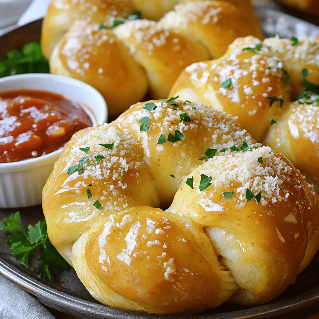 Um köstliche Knoblauchknoten zuzubereiten, benötigst du einige einfache, aber wichtige Zutaten: - 450 g Pizzateig (gekauft oder selbstgemacht) - 4 Esslöffel ungesalzene Butter, geschmolzen - 4 Knoblauchzehen, fein gehackt - 2 Teelöffel getrockneter Oregano - ½ Teelöffel rote Pfefferflocken (nach Belieben) - 60 g geriebener Parmesan - 2 Esslöffel frische Petersilie, gehackt - Salz nach Geschmack - Marinara-Sauce zum Dippen (optional) Diese Zutaten sind die Grundlage für den vollen Geschmack und die Aromen der Knoblauchknoten. Der Knoblauch und die Butter geben einen tollen Geschmack. Oregano und Parmesan fügen eine schöne Tiefe hinzu. Wenn du einen Dip für deine Knoblauchknoten machen möchtest, ist Marinara-Sauce eine großartige Wahl. Du kannst auch andere Dips ausprobieren: - Knoblauch-Aioli - Kräuterbutter - Pesto Diese Dips passen gut zu den Knoten und machen das Erlebnis noch besser. Experimentiere mit verschiedenen Dips und finde deinen Favoriten. Falls du einige Zutaten nicht hast, gibt es gute Alternativen: - <strong>Pizzateig</strong>: Verwende Blätterteig oder selbstgemachten Brotteig. – <strong>Parmesan</strong>: Feta oder Mozzarella sind gute Käsealternativen. – <strong>Oregano</strong>: Basilikum oder italienische Gewürzmischung funktionieren auch. Denke daran, dass die Verwendung anderer Zutaten den Geschmack verändern kann. Aber das ist das Schöne am Kochen! Du kannst es nach deinem Geschmack anpassen. Zuerst heize den Ofen auf 220°C vor. Lege ein Backblech mit Backpapier aus. Bestäube die Arbeitsfläche leicht mit Mehl. Teile den Pizzateig in 12 gleich große Stücke. Das ist wichtig, damit alle Knoten gleichmäßig backen. Nehme ein Stück Teig und forme es zu einem etwa 15-20 cm langen Strang. Binde jeden Strang zu einem Knoten. Lege die Knoten auf das Backblech. Achte darauf, genug Platz zwischen den Knoten zu lassen. So können sie gut aufgehen und knusprig werden. Vermische in einer kleinen Schüssel die geschmolzene Butter, den gehackten Knoblauch, den Oregano und die roten Pfefferflocken. Bestreiche die Knoten großzügig mit dieser Mischung. Streue den geriebenen Parmesan gleichmäßig darüber. Backe die Knoten im Ofen für 12-15 Minuten. Sie sind fertig, wenn sie goldbraun und knusprig sind. Nach dem Backen kannst du sie mit der restlichen Knoblauch-Butter bestreichen. Serviere die Knoten warm, eventuell mit Marinara-Sauce zum Dippen. Für das komplette Rezept, schau dir den Abschnitt mit dem Titel Full Recipe an. Um perfekte Knoblauchknoten zu machen, ist der Pizzateig wichtig. Verwende frischen oder selbstgemachten Teig für beste Ergebnisse. Lasse den Teig vor der Bearbeitung etwa 30 Minuten ruhen. Dies hilft, die Knoten leichter zu formen. Das Backen bei hoher Temperatur sorgt für eine knusprige Außenseite. Das Innere bleibt weich und luftig. Vergiss nicht, die Knoten nach dem Backen mit der restlichen Knoblauch-Butter zu bestreichen. So bleibt der Geschmack intensiv. Ein häufiger Fehler ist, die Knoten zu dicht auf das Backblech zu legen. Dadurch können sie nicht gleichmäßig backen. Achte auch darauf, die Knoten nicht zu lange im Ofen zu lassen. Sie sollten goldbraun, aber nicht verbrannt sein. Verwende frischen Knoblauch, um den besten Geschmack zu erzielen. Trocken oder alt gewordener Knoblauch kann bitter schmecken. Knoblauchknoten passen gut zu vielen Gerichten. Serviere sie mit einer Marinara-Sauce zum Dippen. Sie sind auch eine tolle Beilage zu Pasta oder Salaten. Du kannst sie als Snack beim Filmabend genießen. Für ein festliches Essen kombiniere sie mit einer Antipasti-Platte. Probiere auch, sie mit frischen Kräutern wie Basilikum oder Oregano zu garnieren. So bringst du zusätzliche Aromen ins Spiel. {{image_4}} Knoblauchknoten sind sehr flexibel. Du kannst mit den Gewürzen spielen. Zum Beispiel mag ich Thymian oder Basilikum. Diese Kräuter bringen eine neue Note. Wenn du es schärfer magst, probiere Chili oder Paprika. Das gibt einen tollen Kick. Du kannst auch frischen Knoblauch verwenden. Er hat einen intensiveren Geschmack. Experimentiere mit verschiedenen Kombinationen, um deine perfekte Mischung zu finden. Käse macht alles besser! Parmesan ist klassisch, aber nicht die einzige Wahl. Probiere Mozzarella für einen cremigen Biss. Feta gibt einen salzigen, würzigen Geschmack. Auch Cheddar passt gut. Mische verschiedene Käsesorten, um mehr Tiefe zu erhalten. Das macht deine Knoblauchknoten spannend und lecker. Denke daran, den Käse gleichmäßig zu streuen, um alle Knoten gut zu bedecken. Du kannst Knoblauchknoten anpassen, um sie vegetarisch zu machen. Alle Zutaten sind bereits pflanzlich. Für glutenfreie Knoten wähle glutenfreien Pizzateig. Das geht einfach und schmeckt trotzdem klasse. Du kannst auch Blumenkohlteig verwenden. Das ist gesund und lecker. So kannst du die Knoten genießen, egal welche Diät du verfolgst. In der [Full Recipe] findest du die Basis, um deine Variationen auszuprobieren. Um Knoblauchknoten frisch zu halten, lege sie in einen luftdichten Behälter. So bleiben sie weich und lecker. Du kannst sie bei Raumtemperatur für bis zu zwei Tage aufbewahren. Wenn du sie länger aufbewahren möchtest, solltest du sie im Kühlschrank lagern. Achte darauf, dass sie gut verpackt sind, um ein Austrocknen zu verhindern. Wenn du noch Knoten übrig hast, friere sie ein. Lege sie in einen Gefrierbeutel oder eine luftdichte Box. Stelle sicher, dass sie nicht zusammenkleben. So kannst du sie bis zu drei Monate aufbewahren. Wenn du bereit bist, sie zu essen, lass sie im Kühlschrank auftauen. Um die Knoten wieder warm zu machen, heize den Ofen auf 180°C vor. Lege die Knoten auf ein Backblech und backe sie für etwa 5-7 Minuten. So werden sie wieder knusprig. Du kannst auch die Mikrowelle nutzen, aber sie werden nicht so knusprig. Ein wenig Butter darüber macht sie noch besser. Knoblauchknoten bleiben frisch für etwa drei Tage. Bewahren Sie sie in einem luftdichten Behälter auf. Für längere Haltbarkeit legen Sie sie in den Kühlschrank. So bleiben sie bis zu einer Woche genießbar. Sie können auch die Knoten einfrieren. Wickeln Sie sie gut in Frischhaltefolie ein. So halten sie bis zu drei Monate. Ja, Sie können den Pizzateig selbst machen. Es ist einfach und macht Spaß! Mischen Sie Mehl, Wasser, Hefe und Salz. Kneten Sie den Teig gut durch. Lassen Sie ihn dann an einem warmen Ort gehen. Nach einer Stunde ist der Teig bereit für die Knoblauchknoten. Knoblauchknoten sind sehr vielseitig. Sie passen gut zu Marinara-Sauce. Auch ein frischer Salat ergänzen sie wunderbar. Probieren Sie sie mit einer cremigen Knoblauchsoße. Käse, wie Mozzarella oder Parmesan, ist auch eine tolle Ergänzung. Genießen Sie sie als Snack oder Beilage zu Pizza! Knoblauchknoten sind einfach zuzubereiten und lecker. Wir haben die Hauptzutaten und Tipps besprochen. Du hast gelernt, wie du die Knoten formst und sie perfekt backst. Auch Variationen und Lagerung waren wichtig. Denke an die kleinen Fehler, die beim Zubereiten passieren können. Experimentiere mit Gewürzen und Dips. Halte deine Knoblauchknoten frisch, indem du sie richtig lagerst. Jetzt bist du bereit, diese Leckerei zu genießen!” /></p>
</p>
<h2>Variationen</h2>
</p>
<h3>Unterschiedliche Gewürzkombinationen</h3>
</p>
<p>Knoblauchknoten sind sehr flexibel. Du kannst mit den Gewürzen spielen. Zum Beispiel mag ich Thymian oder Basilikum. Diese Kräuter bringen eine neue Note. Wenn du es schärfer magst, probiere Chili oder Paprika. Das gibt einen tollen Kick. Du kannst auch frischen Knoblauch verwenden. Er hat einen intensiveren Geschmack. Experimentiere mit verschiedenen Kombinationen, um deine perfekte Mischung zu finden.</p>
</p>
<h3>Käsevariationen für extra Geschmack</h3>
</p>
<p>Käse macht alles besser! Parmesan ist klassisch, aber nicht die einzige Wahl. Probiere Mozzarella für einen cremigen Biss. Feta gibt einen salzigen, würzigen Geschmack. Auch Cheddar passt gut. Mische verschiedene Käsesorten, um mehr Tiefe zu erhalten. Das macht deine Knoblauchknoten spannend und lecker. Denke daran, den Käse gleichmäßig zu streuen, um alle Knoten gut zu bedecken.</p>
</p>
<h3>Vegetarische oder glutenfreie Alternativen</h3>
</p>
<p>Du kannst Knoblauchknoten anpassen, um sie vegetarisch zu machen. Alle Zutaten sind bereits pflanzlich. Für glutenfreie Knoten wähle glutenfreien Pizzateig. Das geht einfach und schmeckt trotzdem klasse. Du kannst auch Blumenkohlteig verwenden. Das ist gesund und lecker. So kannst du die Knoten genießen, egal welche Diät du verfolgst. In der [Full Recipe] findest du die Basis, um deine Variationen auszuprobieren.</p>
</p>
</p>
<h2>Aufbewahrungsinformationen</h2>
</p>
<h3>Wie man Knoblauchknoten richtig lagert</h3>
<p>Um Knoblauchknoten frisch zu halten, lege sie in einen luftdichten Behälter. So bleiben sie weich und lecker. Du kannst sie bei Raumtemperatur für bis zu zwei Tage aufbewahren. Wenn du sie länger aufbewahren möchtest, solltest du sie im Kühlschrank lagern. Achte darauf, dass sie gut verpackt sind, um ein Austrocknen zu verhindern.</p>
</p>
<h3>Einfrieren von überschüssigen Knoten</h3>
<p>Wenn du noch Knoten übrig hast, friere sie ein. Lege sie in einen Gefrierbeutel oder eine luftdichte Box. Stelle sicher, dass sie nicht zusammenkleben. So kannst du sie bis zu drei Monate aufbewahren. Wenn du bereit bist, sie zu essen, lass sie im Kühlschrank auftauen.</p>
</p>
<h3>Aufwärmen für besten Geschmack</h3>
<p>Um die Knoten wieder warm zu machen, heize den Ofen auf 180°C vor. Lege die Knoten auf ein Backblech und backe sie für etwa 5-7 Minuten. So werden sie wieder knusprig. Du kannst auch die Mikrowelle nutzen, aber sie werden nicht so knusprig. Ein wenig Butter darüber macht sie noch besser.</p>
</p>
<h2>FAQs</h2>
</p>
<h3>Wie lange kann man Knoblauchknoten aufbewahren?</h3>
<p>Knoblauchknoten bleiben frisch für etwa drei Tage. Bewahren Sie sie in einem luftdichten Behälter auf. Für längere Haltbarkeit legen Sie sie in den Kühlschrank. So bleiben sie bis zu einer Woche genießbar. Sie können auch die Knoten einfrieren. Wickeln Sie sie gut in Frischhaltefolie ein. So halten sie bis zu drei Monate.</p>
</p>
<h3>Kann ich den Pizzateig selbst machen?</h3>
<p>Ja, Sie können den Pizzateig selbst machen. Es ist einfach und macht Spaß! Mischen Sie Mehl, Wasser, Hefe und Salz. Kneten Sie den Teig gut durch. Lassen Sie ihn dann an einem warmen Ort gehen. Nach einer Stunde ist der Teig bereit für die Knoblauchknoten.</p>
</p>
<h3>Was passt gut zu Knoblauchknoten?</h3>
<p>Knoblauchknoten sind sehr vielseitig. Sie passen gut zu Marinara-Sauce. Auch ein frischer Salat ergänzen sie wunderbar. Probieren Sie sie mit einer cremigen Knoblauchsoße. Käse, wie Mozzarella oder Parmesan, ist auch eine tolle Ergänzung. Genießen Sie sie als Snack oder Beilage zu Pizza!</p>
</p>
<p>Knoblauchknoten sind einfach zuzubereiten und lecker. Wir haben die Hauptzutaten und Tipps besprochen. Du hast gelernt, wie du die Knoten formst und sie perfekt backst. Auch Variationen und Lagerung waren wichtig. Denke an die kleinen Fehler, die beim Zubereiten passieren können. Experimentiere mit Gewürzen und Dips. Halte deine Knoblauchknoten frisch, indem du sie richtig lagerst. Jetzt bist du bereit, diese Leckerei zu genießen!</p>
</div>