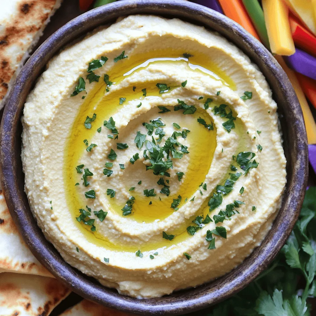 Um ein leckeres Hummus zu machen, brauchen wir nur ein paar einfache Zutaten: - 1 Dose (425 g) Kichererbsen, abgetropft und abgespült - 60 ml Tahini - 30 ml Olivenöl - 2 Knoblauchzehen, fein gehackt - 30 ml Zitronensaft - 1/2 Teelöffel gemahlener Kreuzkümmel - 1/4 Teelöffel geräuchertes Paprikapulver - Salz nach Geschmack - Eiswasser (nach Bedarf) - Frische Petersilie, gehackt (zum Garnieren) - Zusätzliches Olivenöl (zum Beträufeln) Jede Zutat hat eine wichtige Rolle. Kichererbsen sind die Basis. Sie geben eine cremige Textur und sind gesund. Tahini, eine Paste aus Sesamsamen, bringt einen nussigen Geschmack. Olivenöl sorgt für einen reichhaltigen, runden Geschmack. Knoblauch fügt eine würzige Note hinzu. Zitronensaft bringt Frische und Balance. Kreuzkümmel und Paprikapulver geben Tiefe und Aroma. Diese Mischung macht dein Hummus einzigartig. Hummus ist nicht nur lecker, sondern auch gesund. Kichererbsen liefern Ballaststoffe und Eiweiß. Diese helfen, deinen Körper mit Energie zu versorgen. Tahini enthält gesunde Fette, die gut für dein Herz sind. Olivenöl hat Antioxidantien, die deine Zellen schützen. Zusammen machen diese Zutaten eine ausgewogene Mahlzeit oder einen Snack. Du kannst das Hummus mit frischem Gemüse oder Pita-Brot genießen und so noch mehr Nährstoffe aufnehmen. Um die Kichererbsen vorzubereiten, öffne die Dose und gieße das Wasser ab. Spüle die Kichererbsen gut unter kaltem Wasser. Dies hilft, den Geschmack zu verbessern und die Konsistenz zu erleichtern. Achte darauf, alle Kichererbsen gut zu spülen, um die Konservierungsstoffe zu entfernen. Jetzt kommt der spannende Teil! Gib die abgetropften Kichererbsen in eine Küchenmaschine. Füge Tahini, Olivenöl, gehackten Knoblauch, Zitronensaft, Kreuzkümmel, Paprikapulver und Salz hinzu. Schalte die Maschine ein und püriere alles, bis es glatt ist. Wenn die Mischung zu dick ist, füge einen Esslöffel Eiswasser hinzu. Püriere weiter, bis die Konsistenz perfekt ist. Diese Schritte sind die Basis für ein einfaches Hummus Rezept, das jeder genießen kann. Beim Pürieren ist es wichtig, die Seiten der Schüssel abzukratzen. So stellst du sicher, dass alles gleichmäßig püriert wird. Wenn du ein besonders cremiges Hummus möchtest, püriere länger. Probiere das Hummus, bevor du es servierst. Füge nach Geschmack mehr Salz oder Zitronensaft hinzu. Diese kleinen Anpassungen machen einen großen Unterschied! Jetzt bist du bereit, dein Hummus zu genießen! Du kannst es mit Pita-Brot oder frischem Gemüse servieren. Es ist ein einfaches, leckeres Gericht, das jeder liebt! Um Hummus cremig zu machen, ist die richtige Technik wichtig. Beginne mit gut abgetropften Kichererbsen. Wenn du magst, schäle die Kichererbsen für eine noch glattere Textur. Verwende frisches Olivenöl und Tahini von guter Qualität. Diese Zutaten machen einen großen Unterschied. Füge langsam Eiswasser hinzu, während du pürierst. So kannst du die Konsistenz anpassen. Wenn das Hummus zu dick ist, einfach weiter pürieren, bis es schön cremig wird. Ein häufiger Fehler ist, zu wenig Flüssigkeit zu verwenden. Das führt zu einem trockenen Hummus. Achte darauf, genug Olivenöl und Wasser hinzuzufügen. Ein weiterer Fehler ist das Überpürieren. Du willst eine glatte Konsistenz, aber nicht zu viel Luft einarbeiten. So bleibt der Geschmack frisch. Verpasse auch nicht das Abschmecken! Manchmal braucht das Hummus mehr Salz oder Zitronensaft. Hummus ist vielseitig. Du kannst ihn leicht anpassen. Für einen rauchigen Geschmack, füge etwas mehr geräuchertes Paprikapulver hinzu. Magst du es scharf? Probiere ein wenig Cayennepfeffer oder frische Chilis. Für einen frischen Kick, verwende frische Kräuter wie Koriander oder Minze. Experimentiere mit verschiedenen Zutaten, um deinen perfekten Hummus zu finden. Für das vollständige Rezept, schau dir das [Full Recipe] an. {{image_4}} Es gibt viele Arten von Hummus. Ich liebe die klassischen Rezepte, aber auch neue Geschmäcker sind spannend. Probiere zum Beispiel einen Hummus mit Rote Bete. Diese Variante gibt dem Hummus eine schöne Farbe und einen süßeren Geschmack. Auch Avocado-Hummus ist lecker. Er ist besonders cremig und gesund. Du kannst sogar einen scharfen Hummus mit Chili ausprobieren. Jeder findet eine Lieblingsversion. Um Hummus zu variieren, kannst du viele Zutaten nutzen. Hier sind einige Ideen: - Rote Paprika: Geröstet und püriert sorgt sie für einen süßen, rauchigen Geschmack. - Oliven: Füge gehackte schwarze oder grüne Oliven für mehr Umami hinzu. - Kräuter: Frischer Koriander oder Minze geben einen frischen Kick. - Nüsse: Mandeln oder Walnüsse sorgen für einen interessanten Crunch. Jede Zutat bringt ihren eigenen Geschmack. Sei kreativ und finde deine perfekte Mischung! Die Wahl des Öls und der Gewürze ist wichtig. Olivenöl ist klassisch, aber du kannst auch Avocadoöl verwenden. Es hat einen milden Geschmack und ist sehr gesund. Für die Gewürze empfehle ich: - Kreuzkümmel: Gibt Tiefe und Wärme. - Paprikapulver: Besonders geräuchertes Paprikapulver verleiht dem Hummus eine interessante Note. - Zitronensaft: Frische Zitrone bringt Helligkeit und Ausgewogenheit. Experimentiere mit verschiedenen Kombinationen. So schaffst du immer wieder neue, leckere Hummus-Variationen! Wenn du die Grundrezeptur magst, findest du die vollständige Anleitung im [Full Recipe]. Um Hummus frisch zu halten, benutze einen luftdichten Behälter. Fülle den Hummus hinein und drücke die Oberfläche leicht an. Das hilft, Luft zu entfernen. Du kannst auch etwas Olivenöl obenauf gießen. Das Öl schützt den Hummus vor dem Austrocknen. Stelle den Behälter dann in den Kühlschrank. Hummus bleibt im Kühlschrank etwa 4 bis 7 Tage frisch. Achte darauf, ihn immer gut verpackt zu halten. Wenn du dir nicht sicher bist, ob er noch gut ist, schau nach dem Geruch und der Farbe. Wenn dein Hummus einen unangenehmen Geruch hat oder sich die Farbe ändert, ist er möglicherweise schlecht. Auch Schimmel ist ein Zeichen, dass du ihn nicht mehr essen solltest. Wenn du unsicher bist, wirf ihn lieber weg. Es ist besser, auf Nummer sicher zu gehen. Um Hummus dicker zu machen, können Sie weniger Wasser verwenden. Fügen Sie auch mehr Kichererbsen hinzu. Ein anderer Trick ist, das Hummus länger zu pürieren. Dies macht es luftiger und dicker. Wenn Sie es noch dicker möchten, versuchen Sie, das Tahini zu erhöhen. Sie können auch die Menge an Olivenöl reduzieren. Ja, Hummus ist sehr gesund. Es enthält Kichererbsen, die reich an Proteinen sind. Diese fördern den Muskelaufbau und die Sättigung. Außerdem liefert Tahini gesunde Fette und viele Vitamine. Olivenöl hat auch viele gesunde Eigenschaften. Hummus hat wenig Zucker und kein Gluten. Hummus passt gut zu vielen Beilagen. Ich empfehle frisches Pita-Brot oder Gemüsesticks. Karotten, Gurken und Paprika sind großartige Optionen. Auch Crackers sind lecker dazu. Für eine besondere Note können Sie es mit Oliven oder geröstetem Brot servieren. Probieren Sie auch verschiedene Gewürze, um den Geschmack zu variieren. Das macht Ihr Hummus-Erlebnis noch besser. Hummus ist einfach, gesund und lecker. Wir haben Zutaten, Zubereitung und Tipps durchgesehen. Die Auswahl der Zutaten ist wichtig für den Geschmack. Mit den richtigen Tricks wird dein Hummus cremig. Variiere die Rezepte nach deinem Wunsch. Denke daran, Hummus richtig zu lagern, damit er frisch bleibt. Die besten Beilagen ergänzen jedes Gericht. Jetzt bist du bereit, Hummus selbst zu machen und zu genießen!