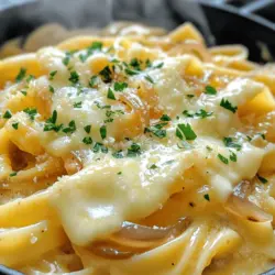 Für die One Pot French Onion Pasta brauchst du einige Hauptzutaten. Diese Zutaten sind einfach zu finden und machen das Gericht besonders lecker. Hier sind die Hauptzutaten: - 340 g Fettuccine oder Linguine - 2 große Zwiebeln, dünn geschnitten - 4 Knoblauchzehen, fein gehackt - 2 Esslöffel Olivenöl - 960 ml Gemüsebrühe - 1 Esslöffel Balsamico-Essig - 1 Teelöffel Zucker - 1 Teelöffel Thymian (getrocknet oder frisch) - 240 ml Sahne (oder eine pflanzliche Alternative) - 100 g geriebener Gruyère-Käse (oder einen Käse deiner Wahl) - Salz und Pfeffer nach Geschmack - Gehackte Petersilie zur Garnierung (optional) Diese Zutaten bilden die Basis für den großartigen Geschmack der Pasta. Die Gewürze und Kräuter sind wichtig für den vollen Geschmack. Thymian bringt ein tolles Aroma. Der Zucker hilft, die Zwiebeln zu karamellisieren. Das gibt der Pasta eine süße Note. Wenn du magst, kannst du auch andere Kräuter verwenden. Oregano oder Rosmarin passen gut dazu. Wenn du keine Fettuccine oder Linguine magst, nimm einfach eine andere Pasta. Spaghetti oder Penne sind gute Alternativen. Für die Sahne kannst du eine pflanzliche Milch verwenden, um das Gericht vegan zu machen. Gruyère-Käse ist lecker, aber auch Mozzarella oder Parmesan sind gute Optionen. Für das Rezept und weitere Details, schau dir die [Full Recipe] an. Die Vorbereitungszeit für One Pot French Onion Pasta beträgt nur 10 Minuten. Das Kochen dauert etwa 20 Minuten. In nur 30 Minuten ist das Gericht fertig. 1. Erhitze einen großen Topf bei mittlerer Hitze und füge das Olivenöl hinzu. 2. Gib die geschnittenen Zwiebeln in den Topf und brate sie für 10-12 Minuten an. Sie sollten goldbraun und karamellisiert sein. Rühre gelegentlich um. 3. Füge den gehackten Knoblauch hinzu und brate ihn für weitere 1-2 Minuten. 4. Bestäube die Zwiebeln mit Zucker. Das hilft bei der Karamellisierung. Rühre gut um. 5. Gieße die Gemüsebrühe und den Balsamico-Essig dazu. Füge auch den Thymian hinzu. Rühre alles gut um. 6. Bringe die Mischung zum sanften Kochen und füge die Fettuccine (oder Linguine) hinzu. 7. Reduziere die Hitze auf niedrig und lasse die Pasta für 10-12 Minuten köcheln. Rühre gelegentlich um. 8. Wenn die Pasta al dente ist und die Flüssigkeit fast aufgenommen wurde, rühre die Sahne und den Käse ein. 9. Lasse die Mischung weitere 2-3 Minuten köcheln, bis alles gut vermischt und warm ist. 10. Nimm den Topf vom Herd. Garniere nach Belieben mit gehackter Petersilie und serviere warm. - Rühre die Pasta regelmäßig um, damit sie nicht kleben bleibt. - Achte darauf, die Zwiebeln gut zu karamellisieren. So wird der Geschmack intensiver. - Probiere verschiedene Käsesorten aus, um neue Geschmäcker zu entdecken. Für die vollständige Rezeptanleitung, besuche die Full Recipe. Um die Zwiebeln richtig zu karamellisieren, beginne bei mittlerer Hitze. Rühre die Zwiebeln oft um. Das hält sie von Anbrennen ab. Füge einen Teelöffel Zucker hinzu. Das hilft, die Süße zu verstärken. Geduld ist wichtig. Lass sie etwa 10-12 Minuten braten, bis sie goldbraun sind. Das bringt den besten Geschmack. Du kannst das Rezept nach deinem Geschmack anpassen. Füge mehr Gemüse hinzu, wie Pilze oder Spinat. Das gibt mehr Farbe und Nährstoffe. Für eine schärfere Note, füge etwas rote Paprika hinzu. Du kannst auch verschiedene Nudeln verwenden. Probiere Vollkorn- oder glutenfreie Optionen aus. So passt das Gericht zu deinem Lebensstil. Der Käse ist wichtig für den Geschmack. Gruyère ist die beste Wahl, da er schön schmilzt. Du kannst auch Emmental verwenden, wenn du magst. Für eine kräftigere Note ist Cheddar gut. Wenn du einen milderen Käse möchtest, nimm Mozzarella. Jede dieser Käsesorten bringt eigene Aromen in das Gericht. {{image_4}} Für eine vegane Version dieser Pasta tauschen Sie die Sahne gegen eine pflanzliche Alternative aus. Cashew-Creme oder Kokosmilch sind großartige Optionen. Wählen Sie für den Käse eine vegane Sorte, die gut schmilzt. Um glutenfrei zu kochen, nutzen Sie glutenfreie Pasta wie Reis- oder Maisnudeln. Achten Sie darauf, dass die Brühe ebenfalls glutenfrei ist. Diese Pasta ist sehr vielseitig. Fügen Sie frisches Gemüse wie Spinat oder Pilze hinzu. Diese Zutaten bringen Farbe und Geschmack. Auch gebratene Zucchini oder Paprika passen gut. Für mehr Protein können Sie Kichererbsen oder Linsen einmischen. Als Beilage servieren Sie einen frischen Salat oder knuspriges Brot. So genießen Sie eine vollständige Mahlzeit. Möchten Sie etwas anderes? Probieren Sie Kräuter wie Rosmarin oder Oregano. Diese verändern den Geschmack stark. Für ein schärferes Gericht fügen Sie rote Pfefferflocken hinzu. Wenn Sie eine käsigere Variante wünschen, verwenden Sie verschiedene Käsesorten wie Parmesan oder Mozzarella. Jedes Mal wird das Gericht neu und spannend. Für die vollständige Zubereitung schauen Sie sich die Full Recipe an. Um Reste von One Pot French Onion Pasta sicher aufzubewahren, lassen Sie sie zuerst abkühlen. Danach füllen Sie sie in einen luftdichten Behälter. So bleibt der Geschmack frisch. Lagern Sie die Pasta im Kühlschrank. Vermeiden Sie, sie in einem offenen Behälter zu lassen. Das kann die Qualität beeinträchtigen. Im Kühlschrank hält sich die Pasta bis zu drei Tage. Achten Sie darauf, die Reste gut abzudecken. Im Gefrierschrank können Sie die Pasta bis zu zwei Monate lagern. Verwenden Sie einen gefrierfesten Behälter oder Gefrierbeutel. So bleibt die Konsistenz gut und die Aromen frisch. Um die Pasta aufzuwärmen, verwenden Sie einen Topf oder die Mikrowelle. Fügen Sie etwas Wasser oder Brühe hinzu, um die Pasta feucht zu halten. Erhitzen Sie sie langsam. So bleibt die Sahnesauce cremig. Rühren Sie gelegentlich um, um eine gleichmäßige Wärmeverteilung zu erreichen. Genießen Sie Ihr leckeres Gericht wieder! Die Zubereitung von One Pot French Onion Pasta dauert insgesamt etwa 30 Minuten. Die Vorbereitungszeit beträgt ca. 10 Minuten. Die Kochzeit liegt bei etwa 20 Minuten. In dieser Zeit karamellisieren die Zwiebeln und die Pasta kocht in der Brühe. Es ist schnell und einfach, was es ideal für eine leckere Mahlzeit macht. Ja, du kannst die Pasta im Voraus zubereiten. Koche sie wie im Rezept beschrieben und lasse sie dann abkühlen. Bewahre sie in einem luftdichten Behälter im Kühlschrank auf. Wenn du bereit bist, sie zu essen, erwärme sie in einer Pfanne. Füge etwas Brühe oder Sahne hinzu, um die Konsistenz zu verbessern. So bleibt der Geschmack frisch und lecker. Zu One Pot French Onion Pasta passen viele Beilagen gut. Hier sind einige Ideen: - Ein einfacher grüner Salat mit Vinaigrette - Knuspriges Baguette oder Focaccia - Gegrilltes Gemüse, wie Zucchini oder Paprika - Eine cremige Pilz- oder Tomatensuppe Diese Beilagen ergänzen die Aromen der Pasta und machen das Essen noch besser. One Pot French Onion Pasta ist einfach und lecker. Wir haben die Zutaten und ihre Alternativen besprochen. Die Schritt-für-Schritt-Anleitung macht das Kochen leicht. Tipps für die Zwiebeln und die besten Käsesorten helfen dir weiter. Variationen wie vegane Alternativen geben dir neue Ideen. Wichtig sind auch die Aufbewahrungsinformationen für Reste. Nutze diese Tipps, um dein Gericht zu verbessern. Probiere es aus und genieße die Aromen!