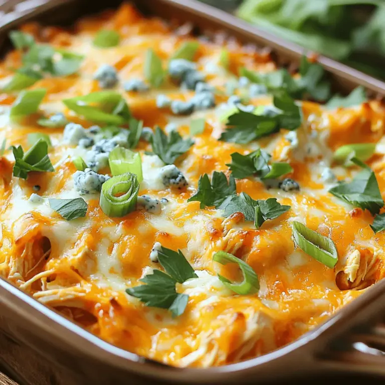 - Gekochtes Hähnchen und Buffalo-Sauce: Ich verwende 3 Tassen zerkleinertes, gekochtes Hähnchen. Es gibt dem Auflauf eine tolle Textur. Die Buffalo-Sauce ist der Star. Eine Tasse gibt viel Geschmack. Du kannst die Menge nach deinem Geschmack anpassen. - Pasta und Frischkäse: Für die Basis wähle ich 2 Tassen gekochte Pasta. Penne oder Rotini passen sehr gut. Der Frischkäse, eine Tasse, macht alles cremig und lecker. Es verbindet die Zutaten gut. - Käsesorten und Gemüse: Käsesorten sind wichtig. Ich benutze eine Tasse geriebenen Cheddar und Mozzarella. Auch ½ Tasse zerbröselten Blauschimmelkäse kommt dazu. Das bringt einen besonderen Geschmack. Füge 1 Tasse fein gehackten Sellerie und ½ Tasse geschnittene Frühlingszwiebeln hinzu. Sie geben Frische und Crunch. - Knoblauchpulver, Salz und Pfeffer: Ich füge 1 Teelöffel Knoblauchpulver hinzu. Das gibt einen tollen Geschmack. Salz und Pfeffer nach Geschmack sind wichtig, um alles abzurunden. - Ranch-Dressing und Garnitur: Optional ist ¼ Tasse Ranch-Dressing. Es macht den Auflauf noch besser. Frische Petersilie zur Garnitur bringt Farbe und Frische. Für das vollständige Rezept, besuche die Seite mit dem Full Recipe. Heize deinen Ofen auf 175°C vor. Das ist wichtig, damit dein Auflauf gleichmäßig gart. Lege alle Zutaten bereit, damit du schnell arbeiten kannst. Du brauchst Hähnchen, Pasta, Käse und Gemüse. Nimm das zerkleinerte Hähnchen und gib die Buffalo-Sauce dazu. Mische alles gut in einer großen Schüssel. Achte darauf, dass das Hähnchen gleichmäßig mit der Sauce bedeckt ist. Das gibt deinem Auflauf einen tollen Geschmack. In einer separaten Schüssel vermische den weichen Frischkäse mit dem Knoblauchpulver. Das sorgt für einen würzigen Kick. Wenn du einen Mixer hast, nutze ihn für eine glatte Mischung. Jetzt kommt der spannende Teil! Füge die gekochte Pasta, den gehackten Sellerie und die Hälfte der Frühlingszwiebeln zur Frischkäse-Mischung hinzu. Rühre alles gut um. Danach gib die Buffalo-Hähnchen-Mischung und die Hälfte des Cheddar-Käses dazu. Mit Salz und Pfeffer abschmecken. Gib die gesamte Mischung in eine gefettete Auflaufform. Verteile alles gleichmäßig. Bedecke den Auflauf mit dem restlichen Cheddar- und Mozzarella-Käse. Streue den zerbröselten Blauschimmelkäse darüber. Backe das Ganze 25-30 Minuten im Ofen. Der Käse sollte goldbraun sein. Lass den Auflauf nach dem Backen 5 Minuten ruhen. So können sich die Aromen setzen. Du kannst noch Ranch-Dressing und frische Petersilie darüber geben, wenn du magst. Für das vollständige Rezept schau dir die Würzige Buffalo-Hähnchen-Lasagne an. Um die perfekte Konsistenz zu erreichen, ist der Frischkäse wichtig. Du solltest ihn gut mixen. Verwende dafür einen Handmixer oder eine Küchenmaschine. So wird der Frischkäse cremig und glatt. Das macht dein Gericht noch besser. Mische den Frischkäse mit dem Knoblauchpulver in einer separaten Schüssel. Achte darauf, dass keine Klumpen bleiben. Das hilft, eine gleichmäßige Textur zu bekommen. Der Geschmack ist entscheidend. Die Buffalo-Sauce kann nach deinem Geschmack angepasst werden. Wenn du es schärfer magst, füge mehr Buffalo-Sauce hinzu. Wenn du es mild magst, reduziere die Menge. Auch die Gewürze sind wichtig. Salz und Pfeffer sollten gut dosiert sein. Du kannst auch andere Gewürze hinzufügen, wie Paprika oder Cayennepfeffer, um mehr Tiefe zu erreichen. Probiere die Mischung vor dem Backen, um sicherzugehen, dass sie dir schmeckt. Die Käsekruste ist das Beste an diesem Auflauf. Um die perfekte, goldbraune Kruste zu bekommen, verwende eine Mischung aus Cheddar und Mozzarella. Der Cheddar gibt einen kräftigen Geschmack, während der Mozzarella für die Dehnbarkeit sorgt. Streue die Käse-Mischung gleichmäßig über den Auflauf. Backe ihn bei 175°C für 25-30 Minuten. Achte darauf, dass der Käse sprudelt und eine schöne goldbraune Farbe annimmt. Lass den Auflauf nach dem Backen kurz ruhen, damit sich die Schichten setzen. {{image_4}} Um den Loaded Buffalo Chicken Casserole gesünder zu machen, können Sie mageres Hähnchen verwenden. So reduzieren Sie den Fettgehalt. Statt normaler Pasta können Sie auch Vollkornpasta wählen. Diese hat mehr Ballaststoffe und gibt Ihnen länger Energie. Beide Änderungen machen das Gericht nahrhafter. Wenn Sie Cheddar und Mozzarella nicht mögen, haben Sie viele Optionen. Sie können Gouda oder Havarti verwenden. Diese Käsesorten schmelzen gut und geben einen tollen Geschmack. Für eine würzige Note probieren Sie Pepper Jack. Diese Variationen machen das Gericht noch interessanter. Für eine vegetarische Version ersetzen Sie das Hähnchen durch Tofu oder Gemüse. Tofu nimmt den Geschmack der Buffalo-Sauce gut auf. Gemüse wie Brokkoli oder Paprika sind ebenfalls lecker. Diese Optionen bieten gesunde Alternativen, die den Auflauf lebendig und bunt machen. Für das vollständige Rezept schauen Sie sich die Würzige Buffalo-Hähnchen-Lasagne an. Nach dem Backen sollte der Auflauf schnell abgekühlt werden. Decke ihn mit Frischhaltefolie ab oder lege ihn in einen luftdichten Behälter. Im Kühlschrank bleibt der Auflauf für drei bis fünf Tage frisch. Achte darauf, dass die Temperatur des Kühlschranks unter 4°C liegt. So schmeckt der Auflauf beim Erwärmen fast wie frisch gebacken. Einen Auflauf kannst du auch gut einfrieren. Teile ihn in Portionen auf, damit du nur das auftauen kannst, was du brauchst. Verwende gefriergeeignete Behälter oder Beutel. Der Auflauf bleibt bis zu drei Monate im Gefrierfach. Zum Auftauen lege ihn über Nacht in den Kühlschrank. Um den Auflauf wieder aufzuwärmen, stelle ihn in den Ofen bei 180°C für etwa 25 Minuten. Du kannst auch die Mikrowelle nutzen, aber das Aufwärmen im Ofen gibt die beste Konsistenz. Wenn du magst, füge etwas frischen Käse hinzu, um den Geschmack aufzufrischen. Für das beste Ergebnis folge dem [Full Recipe]. Der Auflauf hält sich im Kühlschrank bis zu vier Tage. Lagern Sie ihn in einem luftdichten Behälter. Wenn Sie ihn länger aufbewahren möchten, frieren Sie ihn ein. Im Gefrierschrank bleibt er bis zu drei Monate frisch. Zum Aufwärmen einfach im Ofen oder in der Mikrowelle erhitzen. Achten Sie darauf, dass er gleichmäßig warm wird. Ja, Sie können die Sauce ganz nach Ihrem Geschmack anpassen. Wenn Ihnen Buffalo-Sauce nicht gefällt, probieren Sie BBQ-Sauce oder eine milde Hotsauce. Für einen anderen Geschmack können Sie auch eine Mischung aus Senf und Honig verwenden. Seien Sie kreativ! Fügen Sie Gewürze hinzu, die Sie mögen, wie Paprika oder Cayennepfeffer. Ich empfehle, frische Gemüsesalate zu servieren. Ein knackiger grüner Salat passt perfekt. Auch Karotten- oder Selleriesticks mit Dip sind eine gute Wahl. Wenn Sie es herzhaft mögen, sind Kartoffelpüree oder Reis ebenfalls tolle Beilagen. Diese Optionen ergänzen den Auflauf und machen die Mahlzeit bunt und lecker. In diesem Blogbeitrag haben wir ein einfaches Rezept für einen Buffalo Chicken Auflauf behandelt. Wir haben zentrale Zutaten wie Hähnchen, Pasta und Käse besprochen. Die Schritt-für-Schritt-Anleitung hilft dir, einen köstlichen Auflauf zubereiten. Denk an unsere Tipps für die perfekte Konsistenz und den besten Geschmack. Du kannst auch gesunde Alternativen oder vegetarische Optionen ausprobieren. Mit den richtigen Lagerungshinweisen bleibt dein Auflauf frisch. Viel Spaß beim Ausprobieren!