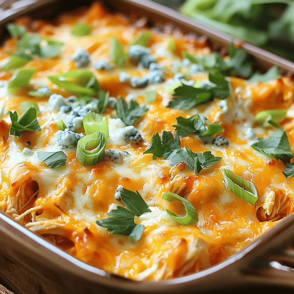 - Gekochtes Hähnchen und Buffalo-Sauce: Ich verwende 3 Tassen zerkleinertes, gekochtes Hähnchen. Es gibt dem Auflauf eine tolle Textur. Die Buffalo-Sauce ist der Star. Eine Tasse gibt viel Geschmack. Du kannst die Menge nach deinem Geschmack anpassen. - Pasta und Frischkäse: Für die Basis wähle ich 2 Tassen gekochte Pasta. Penne oder Rotini passen sehr gut. Der Frischkäse, eine Tasse, macht alles cremig und lecker. Es verbindet die Zutaten gut. - Käsesorten und Gemüse: Käsesorten sind wichtig. Ich benutze eine Tasse geriebenen Cheddar und Mozzarella. Auch ½ Tasse zerbröselten Blauschimmelkäse kommt dazu. Das bringt einen besonderen Geschmack. Füge 1 Tasse fein gehackten Sellerie und ½ Tasse geschnittene Frühlingszwiebeln hinzu. Sie geben Frische und Crunch. - Knoblauchpulver, Salz und Pfeffer: Ich füge 1 Teelöffel Knoblauchpulver hinzu. Das gibt einen tollen Geschmack. Salz und Pfeffer nach Geschmack sind wichtig, um alles abzurunden. - Ranch-Dressing und Garnitur: Optional ist ¼ Tasse Ranch-Dressing. Es macht den Auflauf noch besser. Frische Petersilie zur Garnitur bringt Farbe und Frische. Für das vollständige Rezept, besuche die Seite mit dem Full Recipe. Heize deinen Ofen auf 175°C vor. Das ist wichtig, damit dein Auflauf gleichmäßig gart. Lege alle Zutaten bereit, damit du schnell arbeiten kannst. Du brauchst Hähnchen, Pasta, Käse und Gemüse. Nimm das zerkleinerte Hähnchen und gib die Buffalo-Sauce dazu. Mische alles gut in einer großen Schüssel. Achte darauf, dass das Hähnchen gleichmäßig mit der Sauce bedeckt ist. Das gibt deinem Auflauf einen tollen Geschmack. In einer separaten Schüssel vermische den weichen Frischkäse mit dem Knoblauchpulver. Das sorgt für einen würzigen Kick. Wenn du einen Mixer hast, nutze ihn für eine glatte Mischung. Jetzt kommt der spannende Teil! Füge die gekochte Pasta, den gehackten Sellerie und die Hälfte der Frühlingszwiebeln zur Frischkäse-Mischung hinzu. Rühre alles gut um. Danach gib die Buffalo-Hähnchen-Mischung und die Hälfte des Cheddar-Käses dazu. Mit Salz und Pfeffer abschmecken. Gib die gesamte Mischung in eine gefettete Auflaufform. Verteile alles gleichmäßig. Bedecke den Auflauf mit dem restlichen Cheddar- und Mozzarella-Käse. Streue den zerbröselten Blauschimmelkäse darüber. Backe das Ganze 25-30 Minuten im Ofen. Der Käse sollte goldbraun sein. Lass den Auflauf nach dem Backen 5 Minuten ruhen. So können sich die Aromen setzen. Du kannst noch Ranch-Dressing und frische Petersilie darüber geben, wenn du magst. Für das vollständige Rezept schau dir die Würzige Buffalo-Hähnchen-Lasagne an. Um die perfekte Konsistenz zu erreichen, ist der Frischkäse wichtig. Du solltest ihn gut mixen. Verwende dafür einen Handmixer oder eine Küchenmaschine. So wird der Frischkäse cremig und glatt. Das macht dein Gericht noch besser. Mische den Frischkäse mit dem Knoblauchpulver in einer separaten Schüssel. Achte darauf, dass keine Klumpen bleiben. Das hilft, eine gleichmäßige Textur zu bekommen. Der Geschmack ist entscheidend. Die Buffalo-Sauce kann nach deinem Geschmack angepasst werden. Wenn du es schärfer magst, füge mehr Buffalo-Sauce hinzu. Wenn du es mild magst, reduziere die Menge. Auch die Gewürze sind wichtig. Salz und Pfeffer sollten gut dosiert sein. Du kannst auch andere Gewürze hinzufügen, wie Paprika oder Cayennepfeffer, um mehr Tiefe zu erreichen. Probiere die Mischung vor dem Backen, um sicherzugehen, dass sie dir schmeckt. Die Käsekruste ist das Beste an diesem Auflauf. Um die perfekte, goldbraune Kruste zu bekommen, verwende eine Mischung aus Cheddar und Mozzarella. Der Cheddar gibt einen kräftigen Geschmack, während der Mozzarella für die Dehnbarkeit sorgt. Streue die Käse-Mischung gleichmäßig über den Auflauf. Backe ihn bei 175°C für 25-30 Minuten. Achte darauf, dass der Käse sprudelt und eine schöne goldbraune Farbe annimmt. Lass den Auflauf nach dem Backen kurz ruhen, damit sich die Schichten setzen. {{image_4}} Um den Loaded Buffalo Chicken Casserole gesünder zu machen, können Sie mageres Hähnchen verwenden. So reduzieren Sie den Fettgehalt. Statt normaler Pasta können Sie auch Vollkornpasta wählen. Diese hat mehr Ballaststoffe und gibt Ihnen länger Energie. Beide Änderungen machen das Gericht nahrhafter. Wenn Sie Cheddar und Mozzarella nicht mögen, haben Sie viele Optionen. Sie können Gouda oder Havarti verwenden. Diese Käsesorten schmelzen gut und geben einen tollen Geschmack. Für eine würzige Note probieren Sie Pepper Jack. Diese Variationen machen das Gericht noch interessanter. Für eine vegetarische Version ersetzen Sie das Hähnchen durch Tofu oder Gemüse. Tofu nimmt den Geschmack der Buffalo-Sauce gut auf. Gemüse wie Brokkoli oder Paprika sind ebenfalls lecker. Diese Optionen bieten gesunde Alternativen, die den Auflauf lebendig und bunt machen. Für das vollständige Rezept schauen Sie sich die Würzige Buffalo-Hähnchen-Lasagne an. Nach dem Backen sollte der Auflauf schnell abgekühlt werden. Decke ihn mit Frischhaltefolie ab oder lege ihn in einen luftdichten Behälter. Im Kühlschrank bleibt der Auflauf für drei bis fünf Tage frisch. Achte darauf, dass die Temperatur des Kühlschranks unter 4°C liegt. So schmeckt der Auflauf beim Erwärmen fast wie frisch gebacken. Einen Auflauf kannst du auch gut einfrieren. Teile ihn in Portionen auf, damit du nur das auftauen kannst, was du brauchst. Verwende gefriergeeignete Behälter oder Beutel. Der Auflauf bleibt bis zu drei Monate im Gefrierfach. Zum Auftauen lege ihn über Nacht in den Kühlschrank. Um den Auflauf wieder aufzuwärmen, stelle ihn in den Ofen bei 180°C für etwa 25 Minuten. Du kannst auch die Mikrowelle nutzen, aber das Aufwärmen im Ofen gibt die beste Konsistenz. Wenn du magst, füge etwas frischen Käse hinzu, um den Geschmack aufzufrischen. Für das beste Ergebnis folge dem [Full Recipe]. Der Auflauf hält sich im Kühlschrank bis zu vier Tage. Lagern Sie ihn in einem luftdichten Behälter. Wenn Sie ihn länger aufbewahren möchten, frieren Sie ihn ein. Im Gefrierschrank bleibt er bis zu drei Monate frisch. Zum Aufwärmen einfach im Ofen oder in der Mikrowelle erhitzen. Achten Sie darauf, dass er gleichmäßig warm wird. Ja, Sie können die Sauce ganz nach Ihrem Geschmack anpassen. Wenn Ihnen Buffalo-Sauce nicht gefällt, probieren Sie BBQ-Sauce oder eine milde Hotsauce. Für einen anderen Geschmack können Sie auch eine Mischung aus Senf und Honig verwenden. Seien Sie kreativ! Fügen Sie Gewürze hinzu, die Sie mögen, wie Paprika oder Cayennepfeffer. Ich empfehle, frische Gemüsesalate zu servieren. Ein knackiger grüner Salat passt perfekt. Auch Karotten- oder Selleriesticks mit Dip sind eine gute Wahl. Wenn Sie es herzhaft mögen, sind Kartoffelpüree oder Reis ebenfalls tolle Beilagen. Diese Optionen ergänzen den Auflauf und machen die Mahlzeit bunt und lecker. In diesem Blogbeitrag haben wir ein einfaches Rezept für einen Buffalo Chicken Auflauf behandelt. Wir haben zentrale Zutaten wie Hähnchen, Pasta und Käse besprochen. Die Schritt-für-Schritt-Anleitung hilft dir, einen köstlichen Auflauf zubereiten. Denk an unsere Tipps für die perfekte Konsistenz und den besten Geschmack. Du kannst auch gesunde Alternativen oder vegetarische Optionen ausprobieren. Mit den richtigen Lagerungshinweisen bleibt dein Auflauf frisch. Viel Spaß beim Ausprobieren!