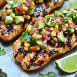 - 4 Hähnchenbrustfilets, ohne Haut und Knochen - 1 Tasse frische Salsa - 1 Tasse Maiskörner Die Hauptzutaten bilden die Basis für ein schmackhaftes Gericht. Die Hähnchenbrustfilets sind mager und zart. Frische Salsa bringt viel Geschmack und Frische. Maiskörner fügen eine süße Note hinzu. Diese Zutaten sind leicht zu finden und machen das Kochen einfach. - 2 Esslöffel Olivenöl - 1 Teelöffel Kreuzkümmel, gemahlen - Salz und Pfeffer nach Geschmack Die Gewürze sind wichtig für den Geschmack. Olivenöl hilft, das Hähnchen saftig zu halten. Kreuzkümmel gibt dem Gericht eine warme Note. Salz und Pfeffer sind unverzichtbar. Sie betonen den Geschmack aller Zutaten. - 1 Avocado, gewürfelt - ½ Tasse rote Zwiebel, fein gehackt - 1 Jalapeño, fein gehackt (Samen entfernt für weniger Schärfe) - ¼ Tasse frischer Koriander, gehackt - 1 Limette (Saft und Schale) Frische Zutaten machen das Gericht lebendig. Avocado bringt Cremigkeit. Rote Zwiebel gibt einen süßen Biss. Jalapeño sorgt für eine angenehme Schärfe. Koriander fügt einen frischen Geschmack hinzu. Der Saft und die Schale der Limette bringen Säure ins Spiel. Diese frischen Zutaten machen das Salsa Fresca Hühnchen besonders lecker. Für das gesamte Rezept, siehe [Full Recipe]. Um das Hühnchen zu marinieren, nehmen Sie eine große Schüssel. Geben Sie das Olivenöl, den gemahlenen Kreuzkümmel, den Limettensaft und die Limettenschale hinein. Fügen Sie Salz und Pfeffer nach Geschmack hinzu. Mischen Sie alles gut. Legen Sie dann die Hähnchenbrustfilets in die Schüssel. Achten Sie darauf, dass sie gleichmäßig mit der Marinade bedeckt sind. Decken Sie die Schüssel mit Frischhaltefolie ab. Lassen Sie das Hühnchen mindestens 30 Minuten im Kühlschrank marinieren. Je länger, desto besser wird der Geschmack. Während das Hühnchen mariniert, bereiten Sie die Salsa Fresca vor. Nehmen Sie eine separate Schüssel. Geben Sie die frische Salsa, die Maiskörner, die schwarzen Bohnen, die gewürfelte Avocado, die rote Zwiebel, die Jalapeño und den Koriander hinein. Mischen Sie alle Zutaten vorsichtig. Stellen Sie die Salsa beiseite. Sie wird frisch und lecker sein, wenn Sie sie später verwenden. Jetzt ist es Zeit, das Hühnchen zu garen. Heizen Sie den Grill oder eine Grillpfanne auf mittlere Hitze vor. Wenn er heiß ist, legen Sie die marinierten Hähnchenbrustfilets auf den Grill. Grillen Sie sie etwa 6-7 Minuten pro Seite. Achten Sie darauf, dass das Hühnchen eine Innentemperatur von 75°C erreicht. Es sollte schön gebräunt und saftig sein. Optional können Sie in den letzten Minuten des Garens etwas geriebenen Monterey Jack Käse darüber streuen. Sobald das Hühnchen gar ist, nehmen Sie es vom Grill. Lassen Sie es ein paar Minuten ruhen. Schneiden Sie die Hähnchenbrustfilets in Scheiben. Arrangieren Sie die Stücke auf Servierplatten. Geben Sie die vorbereitete Salsa Fresca großzügig über das Hühnchen. Servieren Sie das Gericht warm. Limettenspalten passen gut dazu und verleihen zusätzlichen Geschmack. Die Marinade ist der Schlüssel zu leckerem Salsa Fresca Hühnchen. Ich empfehle, das Hühnchen mindestens 30 Minuten zu marinieren. Je länger, desto besser! Wenn du mehr Geschmack willst, lasse es bis zu zwei Stunden im Kühlschrank. Du kannst die Marinade auch ändern. Füge frische Kräuter oder Zitrusfrüchte hinzu. Das gibt dem Hühnchen einen besonderen Kick. Die richtige Grilltechnik macht einen großen Unterschied. Halte die Grilltemperatur bei mittlerer Hitze. So wird das Hühnchen gleichmäßig gar. Überprüfe die Innentemperatur mit einem Fleischthermometer. Sie sollte 75°C (165°F) erreichen. Lass das Hühnchen nach dem Grillen ruhen. So bleibt es saftig und zart. Du kannst die Salsa Fresca ganz einfach anpassen. Füge mehr Zutaten hinzu, um deinen eigenen Twist zu kreieren. Einige Vorschläge sind: - Gehackte Oliven für mehr Geschmack - Gewürfelte Paprika für zusätzliche Frische - Feta-Käse für eine salzige Note Experimentiere, um deine perfekte Mischung zu finden! {{image_4}} Du kannst deine Salsa Fresca nach Belieben würzen. Füge etwas Knoblauchpulver oder Paprika hinzu. Diese Gewürze geben dem Gericht mehr Tiefe. Du magst es schärfer? Probiere geräucherte Paprika oder Cayennepfeffer. Diese Zutaten machen das Rezept noch spannender. Wenn du eine vegane Option möchtest, ersetze das Hühnchen durch Tofu oder Tempeh. Mariniere den Tofu wie das Hühnchen. So bekommst du den gleichen Geschmack. Grill den Tofu oder Tempeh, bis er goldbraun ist. Dies sorgt für eine tolle Textur und macht das Gericht lecker. Das Salsa Fresca Hühnchen passt gut zu vielen Beilagen. Ein einfacher grüner Salat oder Quinoa-Salat sind gute Optionen. Diese Beilagen bringen frische Aromen. Du kannst auch Reis oder Tortillas dazu servieren. Sie machen das Essen noch sättigender und abwechslungsreicher. Wenn du Reste von Salsa Fresca Hühnchen hast, lagere sie in einem luftdichten Behälter. Im Kühlschrank bleiben sie bis zu drei Tage frisch. Achte darauf, das Hühnchen und die Salsa getrennt zu halten, um die Textur zu bewahren. So bleibt das Hühnchen saftig und die Salsa frisch. Du kannst die Reste auch einfrieren. Teile das Hühnchen und die Salsa in kleine Portionen auf. Verwende gefrierfeste Beutel oder Behälter. So bleibt die Qualität bis zu drei Monate erhalten. Um das Gericht aufzuwärmen, lasse es über Nacht im Kühlschrank auftauen. Erhitze es dann in der Mikrowelle oder in einer Pfanne. Achte darauf, dass das Hühnchen eine Innentemperatur von 75°C erreicht, bevor du es servierst. Batch Cooking ist eine großartige Option für eine stressfreie Woche. Bereite mehrere Portionen Salsa Fresca Hühnchen vor und lagere sie im Kühlschrank oder Gefrierfach. Du kannst alle Zutaten vorab schneiden und marinieren. So hast du jederzeit ein schnelles und leckeres Abendessen zur Hand. Salsa Fresca ist eine frische, rohe Salsa. Sie besteht aus einfachen, gesunden Zutaten. Die Hauptzutaten sind Tomaten, Zwiebeln, Koriander und Limettensaft. Manchmal füge ich auch Jalapeños für Schärfe hinzu. Diese Salsa ist perfekt für viele Gerichte, wie Tacos oder Hühnchen. Die frischen Aromen machen jedes Essen lebendig. Salsa Fresca Hühnchen hält sich gut im Kühlschrank. Du kannst es dort bis zu drei Tage aufbewahren. Stelle sicher, dass du es in einem luftdichten Behälter lagerst. So bleibt es frisch und lecker. Wenn du Reste hast, kannst du sie auch einfrieren. Das Hühnchen bleibt so bis zu zwei Monate haltbar. Ja, du kannst Salsa Fresca Hühnchen auch im Ofen zubereiten. Heize den Ofen auf 200 Grad Celsius vor. Lege die marinierten Hähnchenbrustfilets in eine Auflaufform. Garen sie für etwa 25 bis 30 Minuten. Prüfe die Innentemperatur, sie sollte 75 Grad Celsius erreichen. So bleibt das Hühnchen saftig und zart. Die Schärfe lässt sich leicht anpassen. Wenn du es milder magst, entferne die Samen aus dem Jalapeño. Du kannst auch weniger Jalapeño verwenden. Für mehr Schärfe füge einfach mehr Jalapeño oder andere scharfe Chilis hinzu. Probiere auch, eine Prise Cayennepfeffer in die Salsa zu geben. So kannst du die Schärfe nach deinem Geschmack einstellen. Salsa Fresca Hühnchen ist einfach zuzubereiten und voller Geschmack. Wir haben die besten Zutaten diskutiert, von frischem Hähnchen bis hin zu würziger Salsa. Die Schritt-für-Schritt-Anleitung macht das Kochen leicht. Außerdem gab es Tipps für Marinade und Grilltechniken. Variationen bringen frischen Wind in das Rezept. Vergiss die Lagerungshinweise nicht für Reste. Dieses Gericht ist stets ein Hit. Probiere es aus und genieße die Vielfalt!