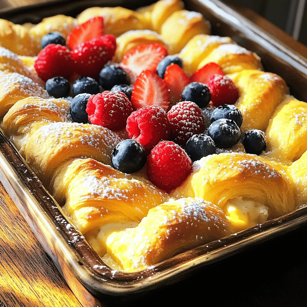 Für die Cheesecake Crescent Rolls Casserole benötigst du folgende Zutaten: - 2 Dosen gekühlte Croissant-Rollen - 225 g Frischkäse, weich - 100 g Kristallzucker - 1 TL Vanilleextrakt - 2 große Eier - 240 g saure Sahne - 60 g Puderzucker - 1 TL Zitronensaft - 60 g frische Beeren (Erdbeeren, Blaubeeren oder Himbeeren) zum Garnieren - Optional: Schlagsahne zum Servieren Achte darauf, dass der Frischkäse weich ist. So lässt er sich besser mixen. Die Eier sollten frisch sein, um den besten Geschmack zu erzielen. Die Croissant-Rollen sind die Basis. Verwende frische oder gefrorene Beeren für die Garnierung. Diese geben einen schönen Farb- und Geschmacksakzent. Falls du keinen Frischkäse magst, kannst du auch Ricotta verwenden. Statt saurer Sahne geht auch griechischer Joghurt. Für den Puderzucker kannst du normalen Zucker nehmen, aber dann eventuell mehr mixen. Wenn du keine frischen Beeren hast, benutze gefrorene oder sogar Kompott. Bereiten Sie zuerst alles vor. Heizen Sie den Ofen auf 175°C vor. Fetten Sie eine große Auflaufform ein. Verwenden Sie Antihaftspray oder Butter. Öffnen Sie die Dosen mit den Croissant-Rollen. Rollen Sie die erste Hälfte der Rollen aus. Legen Sie sie gleichmäßig in die Auflaufform. Drücken Sie die Rollen leicht zusammen. Damit entsteht eine geschlossene Schicht. Für die Füllung nehmen Sie eine Rührschüssel. Geben Sie den weichen Frischkäse hinein. Schlagen Sie ihn mit einem Mixer cremig. Fügen Sie dann den Kristallzucker nach und nach hinzu. Mixen Sie weiter, bis die Mischung glatt ist. Geben Sie den Vanilleextrakt dazu. Fügen Sie die Eier einzeln hinzu und mixen Sie gut. Dann kommt die saure Sahne dazu. Fügen Sie den Puderzucker und den Zitronensaft hinzu. Mischen Sie alles, bis es gut verbunden ist. Gießen Sie die Käsekuchenfüllung gleichmäßig über die Croissant-Rollen. Verteilen Sie sie sorgfältig mit einem Spatel. Rollen Sie die restlichen Croissant-Rollen aus. Legen Sie sie vorsichtig auf die Füllung. Es darf uneben aussehen – das macht es rustikal! Backen Sie den Auflauf 30 bis 35 Minuten. Die Oberseite sollte goldbraun sein. Die Füllung muss fest werden. Lassen Sie den Auflauf etwa 10 Minuten abkühlen. Bestreuen Sie ihn mit frischen Beeren. Schneiden Sie ihn in Stücke und servieren Sie ihn warm oder bei Raumtemperatur. Fügen Sie nach Wunsch etwas Schlagsahne hinzu. Ein häufiger Fehler ist, die Croissant-Rollen zu weit auseinander zu legen. Sie sollten gut zusammen gedrückt werden. So entsteht eine feste Basis. Achten Sie darauf, den Frischkäse nicht zu lange zu schlagen. Wenn er zu flüssig wird, wird die Füllung nicht fest. Auch die Backzeit ist wichtig. Überbacken Sie den Auflauf nicht, sonst wird er trocken. Die Kombination von Frischkäse und saurer Sahne gibt die beste Textur. Mixen Sie die Zutaten gut, aber nicht zu lange. Fügen Sie die Eier einzeln hinzu. So bleibt die Mischung schön luftig. Wenn die Füllung zu dick erscheint, können Sie etwas mehr saure Sahne hinzufügen. Das sorgt für eine samtige Konsistenz. Um den Auflauf schön zu machen, können Sie frische Beeren verwenden. Diese fügen Farbe und Geschmack hinzu. Streuen Sie Puderzucker oben drauf für einen süßen Touch. Wenn Sie es besonders lecker mögen, servieren Sie etwas Schlagsahne dazu. Eine Prise Zimt auf der Oberseite kann ebenfalls eine nette Note bringen. Probieren Sie verschiedene Beeren aus, um neue Geschmäcker zu entdecken! {{image_4}} Es gibt viele Wege, die Cheesecake Crescent Rolls Casserole zu variieren. Du kannst die Fruchtfüllung ändern, um neue Geschmäcker zu entdecken. Probiere zum Beispiel Kirschen oder Pfirsiche. Diese Früchte geben dem Auflauf eine neue Note. Auch das Hinzufügen von Schokoladenstückchen kann den Geschmack verändern. Kekse oder Nüsse geben einen tollen Crunch. Du kannst die Käsekuchenfüllung auch anpassen. Nutze Quark statt Frischkäse für einen leichteren Geschmack. Für eine süßere Note füge mehr Zucker hinzu. Wenn du eine weniger süße Variante willst, setze den Zucker herab. Du kannst auch aromatisierte Frischkäse verwenden. Eine Variante mit Karamellgeschmack bringt eine neue Dimension in das Gericht. Für eine glutenfreie Version nutze glutenfreie Croissant-Rollen. Diese gibt es in vielen Supermärkten. Wenn du eine vegane Variante machst, ersetze die Eier durch Apfelmus oder Leinsamen. Auch der Frischkäse kann durch eine pflanzliche Alternative ersetzt werden. Diese Optionen machen das Rezept für alle zugänglich. Das ist nur ein kleiner Einblick in die Variationen. Probiere die unterschiedlichen Optionen aus und finde deinen persönlichen Favoriten! Du kannst die vollständige Anleitung für das Rezept [Full Recipe] nutzen. Um deinen Cheesecake Crescent Rolls Casserole frisch zu halten, lagere ihn in einem luftdichten Behälter. Wenn du keinen hast, benutze Frischhaltefolie. Stelle sicher, dass der Auflauf vollständig abgekühlt ist, bevor du ihn einpackst. So vermeidest du, dass sich Kondenswasser bildet und die Konsistenz leidet. Im Kühlschrank bleibt der Auflauf 3 bis 5 Tage frisch. Wenn du ihn länger aufbewahren möchtest, friere ihn ein. Im Gefrierfach hält er bis zu 3 Monate. Achte darauf, ihn gut einzupacken, um Gefrierbrand zu vermeiden. Um den Auflauf wieder warm zu machen, heize deinen Ofen auf 175°C vor. Lege die Stücke in eine Auflaufform und decke sie mit Alufolie ab. Backe sie für 15 bis 20 Minuten oder bis sie warm sind. Alternativ kannst du auch die Mikrowelle nutzen. Erhitze die Stücke in kurzen Intervallen, um ein Überhitzen zu vermeiden. Um Cheesecake Crescent Rolls Casserole zu machen, heize den Ofen auf 175°C vor. Fette eine 23x33 cm große Auflaufform ein. Rolle die Croissant-Rollen aus und lege die Hälfte in die Form. Mische den Frischkäse mit Zucker, Vanille und Eiern. Füge die saure Sahne, Puderzucker und Zitronensaft hinzu. Gieße die Füllung über die Croissant-Rollen. Lege die restlichen Rollen darauf. Backe das Ganze für 30-35 Minuten. Lass es abkühlen und garnier mit frischen Beeren. Du findest die genauen Schritte im [Full Recipe]. Ja, du kannst die Croissant-Rollen selbst machen. Du benötigst Mehl, Hefe, Zucker, Salz, Butter und Milch. Mische die trockenen Zutaten und füge die Butter hinzu. Knete den Teig gut und lasse ihn gehen. Rolle ihn aus und forme die Croissants. Dies ist eine tolle Methode, um den perfekten Geschmack zu erzielen. Erdbeeren, Blaubeeren und Himbeeren sind perfekte Beeren für diesen Auflauf. Ihr frischer Geschmack ergänzt den Käsekuchen wunderbar. Du kannst sie frisch verwenden oder leicht pürieren. Experimentiere mit verschiedenen Beeren, um deinen Lieblingsgeschmack zu finden. In diesem Artikel haben wir alle wichtigen Zutaten für den Käsekuchen-Auflauf betrachtet. Wir haben Schritt für Schritt erklärt, wie man ihn zubereitet. Tipps helfen dir, häufige Fehler zu vermeiden. Außerdem haben wir Variationen für neue Geschmäcker vorgeschlagen. Zum Schluss erfährst du, wie du den Auflauf richtig lagerst. Jetzt bist du bereit, diesen leckeren Auflauf zu machen und deine Freund:innen zu beeindrucken. Viel Spaß beim Ausprobieren!