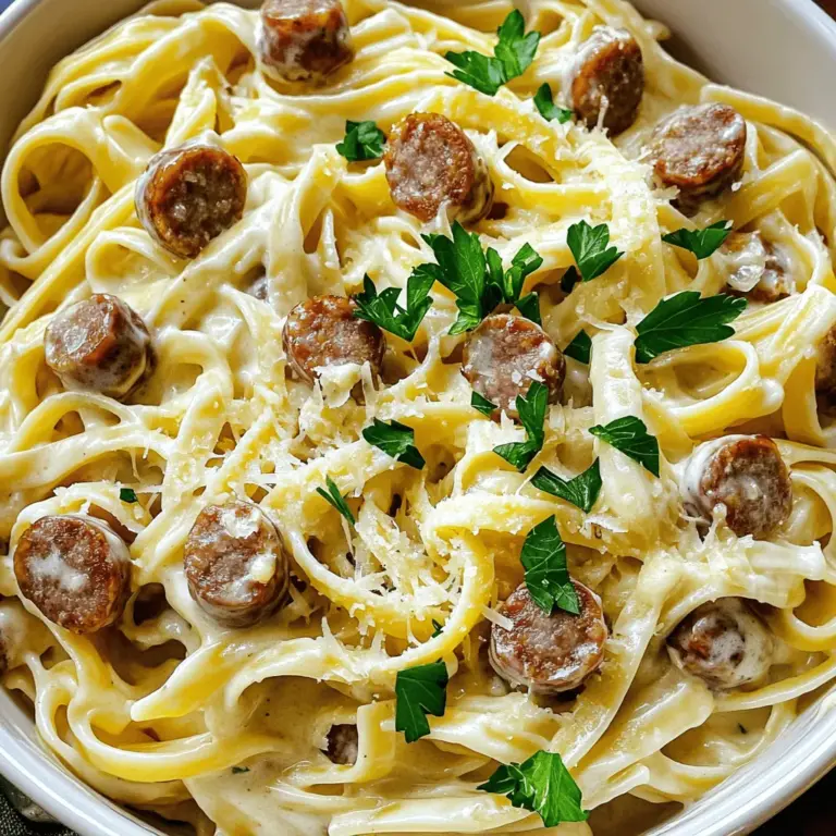 - 225 g Fettuccine-Nudeln - 450 g italienische Wurst (mild oder scharf, ohne Haut) - 240 ml Sahne - 4 Knoblauchzehen, fein gehackt - 100 g geriebener Parmesan - 1 Teelöffel italienische Gewürzmischung - Salz und Pfeffer nach Geschmack 1. Kochen Sie die Fettuccine in einem großen Topf mit gesalzenem Wasser. Garen Sie sie nach den Anweisungen auf der Verpackung al dente. 2. Nach dem Kochen die Nudeln abgießen und beiseite stellen. Bewahren Sie etwa 120 ml des Nudelwassers auf. 1. Erhitzen Sie 1 Esslöffel Olivenöl in einer großen Pfanne bei mittlerer Hitze. 2. Fügen Sie die italienische Wurst hinzu und zerkleinern Sie sie mit einem Holzlöffel. Braten Sie die Wurst für 5 bis 7 Minuten, bis sie schön gebräunt ist. 3. Geben Sie den gehackten Knoblauch zur Wurst in die Pfanne. Braten Sie für weitere 1 bis 2 Minuten, bis der Knoblauch aromatisch wird. 1. Gießen Sie die Sahne in die Pfanne mit der Wurst und dem Knoblauch. Rühren Sie gut um, um alles zu verbinden. 2. Bringen Sie die Mischung leicht zum Köcheln. Fügen Sie den geriebenen Parmesan hinzu und rühren Sie, bis er geschmolzen ist. 3. Fügen Sie die italienische Gewürzmischung, Salz und Pfeffer nach Geschmack hinzu. Für die vollständige Zubereitung besuchen Sie die [Full Recipe]. Um die perfekte Konsistenz der Soße zu erreichen, kann Nudelwasser sehr hilfreich sein. Das Nudelwasser enthält Stärke, die die Soße bindet. Wenn die Soße zu dick ist, fügen Sie einfach ein wenig Nudelwasser hinzu. So wird die Soße cremig und glatt. Wenn Sie die Dicke der Soße anpassen möchten, starten Sie mit weniger Sahne. So können Sie die Soße nach und nach dicker machen. Achten Sie darauf, die Soße gut zu rühren, während sie köchelt. Frische Kräuter bringen einen tollen Geschmack. Fügen Sie zum Beispiel Basilikum oder Petersilie hinzu. Diese Kräuter machen die Soße lebendig und frisch. Sie können auch Gewürzvariationen ausprobieren. Fügen Sie etwas Paprika oder Cayennepfeffer hinzu, wenn Sie es würziger mögen. Das bringt einen besonderen Kick in Ihr Gericht. Zucchini-Nudeln sind eine tolle gesunde Alternative zu Fettuccine. Sie sind kalorienärmer und glutenfrei. Diese Nudeln sind einfach zuzubereiten und passen gut zur Soße. Statt italienischer Wurst können Sie mageres Fleisch oder einen veganen Ersatz verwenden. So bleibt das Gericht lecker und gesund. Fügen Sie Gemüse wie Brokkoli oder Spinat hinzu. Diese Zutaten machen das Gericht bunter und nahrhafter. Das Gemüse gibt auch einen schönen Crunch. Verschiedene Käsesorten bringen Vielfalt. Probieren Sie Mozzarella oder Gouda. Diese Käsesorten schmelzen gut und geben der Soße einen anderen Geschmack. Um die Reste von Sausage Alfredo Pasta richtig zu lagern, sollten Sie geeignete Behälter verwenden. Nehmen Sie luftdichte Behälter, um die Frische zu bewahren. Diese verhindern, dass die Pasta austrocknet oder Gerüche aufnimmt. Teilen Sie die Pasta in Portionen auf, um die Entnahme zu erleichtern. Hinweis zur Kühlung: Stellen Sie sicher, dass die Reste innerhalb von zwei Stunden nach dem Kochen in den Kühlschrank kommen. So bleiben die Aromen und die Textur erhalten. Die Reste sind im Kühlschrank bis zu drei Tage haltbar. Die besten Methoden zum Wiedererwärmen Ihrer Sausage Alfredo Pasta sind einfach. Sie können die Pasta in einer Pfanne bei mittlerer Hitze erhitzen. Fügen Sie einen Spritzer Sahne oder etwas Nudelwasser hinzu, um die Soße cremig zu halten. Rühren Sie während des Erhitzens gut um. Um Trockenheit zu vermeiden, decken Sie die Pfanne während des Erhitzens ab. Dies hilft, die Feuchtigkeit zu bewahren. Alternativ können Sie die Pasta auch in der Mikrowelle erhitzen. Verwenden Sie eine mikrowellengeeignete Schüssel und decken Sie sie mit einem feuchten Papiertuch ab. So bleibt die Pasta saftig und lecker. {{image_4}} - Kalorien: Etwa 600 kcal - Fett: 30 g - Kohlenhydrate: 50 g - Eiweiß: 25 g Die Nährwertangaben zeigen, dass Sausage Alfredo Pasta eine reichhaltige Mahlzeit ist. Diese Pasta ist voll mit Geschmack und Energie. Die Kalorien stammen hauptsächlich aus der Sahne und der Wurst. Das Fett kommt von der Sahne und dem Olivenöl. Diese Zutaten machen die Soße cremig und lecker. Kohlenhydrate aus den Fettuccine liefern dir die nötige Energie. Der Eiweißgehalt kommt von der Wurst und dem Parmesan. Diese Nährstoffe sind wichtig für den Muskelaufbau und die Erhaltung. - Glutenfrei oder laktosefrei Optionen: Du kannst glutenfreie Nudeln verwenden, um das Gericht glutenfrei zu machen. Für eine laktosefreie Option kannst du laktosefreie Sahne und Käse verwenden. - Vegetarische Alternativen: Anstelle von Wurst kannst du Tofu oder Pilze verwenden. Diese Optionen geben dir den gleichen tollen Geschmack ohne Fleisch. Auch Gemüse wie Zucchini oder Spinat ist eine gute Wahl. Diese Anpassungen machen das Gericht für viele Diäten geeignet. So kann jeder genießen, ohne auf den Geschmack zu verzichten. Die Zubereitung der Sausage Alfredo Pasta dauert insgesamt 25 Minuten. Davon sind 10 Minuten für die Vorbereitung nötig. Die Kochzeit beträgt 15 Minuten. Du kannst die Fettuccine in einem großen Topf mit Wasser kochen, während du die Wurst anbrätst. Das spart Zeit und macht alles einfacher. Ja, du kannst auch andere Wurstsorten verwenden. Du kannst Hähnchenwurst oder Bratwurst ausprobieren. Wenn du etwas Gemüse möchtest, kannst du auch vegetarische Würste verwenden. Diese Alternativen ändern den Geschmack, aber sie sind auch lecker. Ja, du kannst die Pasta einfrieren. Teile die Reste in Portionen auf und lege sie in luftdichte Behälter. Achte darauf, die Soße gut zu mischen, damit nichts austrocknet. Zum Auftauen solltest du die Pasta über Nacht im Kühlschrank lassen. Um die Soße dicker zu machen, kannst du mehr Parmesan hinzufügen. Wenn sie zu dick ist, gib etwas vom Nudelwasser hinzu. Das Wasser hilft, die Soße cremiger zu machen. Du kannst auch die Sahne reduzieren, um die Konsistenz anzupassen. Die Sausage Alfredo Pasta erhält einen tollen Geschmack durch die besten Zutaten wie Fettuccine, Wurst und Sahne. Der Kochprozess ist einfach. Zuerst die Nudeln kochen und die Wurst anbraten. Dann folgt die cremige Soße. Mit frischen Kräutern und Gemüse könnt ihr die Pasta ganz nach eurem Geschmack anpassen. Denkt daran, Reste in geeigneten Behältern aufzubewahren. Diese Mahlzeit kombiniert Schnelligkeit und Geschmack, ideal für jeden Tag. Probiert es aus und genießt!