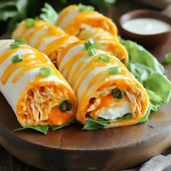 - Gekochtes, zerrissenes Hähnchen - Buffalo-Sauce - Frischkäse und Cheddarkäse Die Hauptzutaten machen dieses Gericht besonders. Beginnen wir mit dem gekochten, zerrissenen Hähnchen. Es ist wichtig, dass das Hähnchen gut zubereitet und zart ist. Die Buffalo-Sauce bringt die Schärfe, die viele Leute lieben. Sie gibt den Roll-Ups den typischen Geschmack. Der Frischkäse sorgt für eine cremige Textur. Der Cheddarkäse fügt einen leckeren, herzhaften Geschmack hinzu. - Weizentortillas - Eisbergsalat - Grüne Zwiebeln Die Weizentortillas sind die Basis für die Roll-Ups. Sie sind weich und einfach zu rollen. Der Eisbergsalat bringt Frische und Knackigkeit. Er macht die Roll-Ups leichter. Die grünen Zwiebeln geben einen zusätzlichen Geschmackskick. Sie sind auch schön anzusehen. Alle Zutaten zusammen machen diese Buffalo Chicken Tortilla Roll-Ups zu einem tollen Snack oder Essen. Du kannst alle Zutaten im Full Recipe finden. Zuerst bereite das Hähnchen und die Käsemischung vor. Nimm die zwei Tassen gekochtes, zerrissenes Hähnchen. Mische es in einer Schüssel mit der halben Tasse Buffalo-Sauce. Rühre, bis das Hähnchen gut bedeckt ist. In einer anderen Schüssel, vermenge die halbe Tasse weichen Frischkäse mit einer halben Tasse geriebenem Cheddarkäse. Du möchtest eine glatte und cremige Mischung. Jetzt ist es Zeit, die Tortillas vorzubereiten. Lege vier große Weizentortillas auf eine saubere Arbeitsfläche. Diese Tortillas werden die Basis für unsere Roll-Ups. Beginne mit dem Schichten der Frischkäsemischung. Nimm eine Tortilla und verteile eine großzügige Schicht der Frischkäsemischung gleichmäßig darauf. Lass etwa einen Zoll Rand an den Kanten frei. Jetzt kommt die Füllung. Platziere in der Mitte der Tortilla eine Handvoll zerrissenen Eisbergsalat. Darauf kommt die Buffalo-Hähnchenmischung. Streue die gehackten grünen Zwiebeln darüber. Das gibt zusätzlichen Geschmack und Farbe. Um die Tortilla zu rollen, beginne an der Seite mit der Füllung. Rolle sie vorsichtig auf. Tucke die Kanten während des Rollens ein, um eine schöne Rolle zu formen. Wiederhole diesen Vorgang mit den restlichen Tortillas und der Füllung. Wenn alle Rollen fertig sind, lege sie mit der Nahtseite nach unten auf ein Schneidebrett. Du kannst sie optional für 15-30 Minuten in den Kühlschrank stellen. So werden die Roll-Ups fester und einfacher zu schneiden. Zum Servieren schneide jede Rolle in 2,5 cm dicke Stücke. Arrangiere die Roll-Ups auf einer Platte. Du kannst sie mit etwas Ranch-Dressing in einer kleinen Schüssel servieren. Das bringt einen tollen Geschmack dazu. Um die beste Konsistenz deiner Roll-Ups zu erreichen, sind zwei Dinge wichtig: - Richtige Menge an Buffalo-Sauce: Beginne mit einer halben Tasse Buffalo-Sauce. Diese Menge gibt dem Hähnchen viel Geschmack. Du kannst mehr hinzufügen, wenn du es schärfer magst. Achte darauf, das Hähnchen damit gut zu bedecken. So bleibt es saftig und aromatisch. - Temperatur des Frischkäses: Lass den Frischkäse auf Raumtemperatur kommen. Wenn er weich ist, lässt er sich leichter mit dem Cheddar vermengen. Das sorgt für eine glatte Mischung, die gut auf die Tortillas verteilt werden kann. Eine schöne Präsentation macht deine Roll-Ups noch ansprechender: - Garnierungen für ein attraktives Aussehen: Verwende frische, gehackte grüne Zwiebeln als Garnitur. Das gibt Farbe und schmeckt lecker. Du kannst auch einige geriebene Karotten oder frische Kräuter hinzufügen, um die Optik zu verbessern. - Empfohlene Servierplatten: Eine große, flache Platte ist ideal. Arrangiere die Roll-Ups diagonal, um sie ansprechend zu präsentieren. Stelle eine kleine Schüssel mit Ranch-Dressing in die Mitte, damit die Gäste dippen können. So sieht alles einladend aus und schmeckt dazu noch besser! {{image_4}} Du kannst das Rezept einfach anpassen. Ersetze das Hähnchen durch dein Lieblingsgemüse. Einige gute Optionen sind Paprika, Zucchini oder Karotten. Diese geben eine tolle Farbe und Textur. Verwende veganen Frischkäse, wenn du eine pflanzliche Variante möchtest. So bleibt der Geschmack lecker und die Konsistenz cremig. Achte darauf, dass der Frischkäse gut zu deinem Gemüse passt. Das macht die Roll-Ups noch spannender. Experimentiere mit verschiedenen Saucen. Probiere BBQ-Sauce oder eine süß-saure Sauce aus. Diese bringen neue Aromen in deine Roll-Ups. Zusätzliche Gewürze können ebenfalls viel bewirken. Füge Knoblauchpulver oder Paprika hinzu, um den Geschmack zu verstärken. Wenn du es scharf magst, sind Chili-Flocken eine gute Wahl. So machst du jede Rolle einzigartig und schmackhaft. Kühlschranklagerung Die Buffalo Chicken Tortilla Roll-Ups sind einfach zu lagern. Wickeln Sie die Roll-Ups fest in Frischhaltefolie oder legen Sie sie in einen luftdichten Behälter. So bleiben sie frisch und lecker. Im Kühlschrank halten sie sich gut für bis zu drei Tage. Anweisungen zum Einfrieren Wenn Sie die Roll-Ups länger aufbewahren möchten, können Sie sie einfrieren. Wickeln Sie jede Rolle in Frischhaltefolie und dann in Aluminiumfolie. So schützen Sie sie vor Frostschäden. Im Gefrierfach sind sie bis zu drei Monate haltbar. Zum Servieren einfach über Nacht im Kühlschrank auftauen lassen. Tipps zur Frischeerhaltung Um die Frische der Roll-Ups zu bewahren, lagern Sie sie immer im Kühlschrank. Vermeiden Sie es, sie lange bei Raumtemperatur stehen zu lassen. Das hilft, die Aromen und die Textur zu erhalten. Wie lange sind sie haltbar? Im Kühlschrank sind die Roll-Ups bis zu drei Tage haltbar. Wenn Sie sie eingefroren haben, können sie bis zu drei Monate genossen werden. Achten Sie darauf, dass sie vor dem Verzehr gut durchgezogen sind. Um Buffalo Chicken Tortilla Roll-Ups zu machen, folge diesen Schritten: 1. Hähnchen und Buffalo-Sauce: Mische in einer Schüssel 2 Tassen gekochtes, zerrissenes Hähnchen mit 1/2 Tasse Buffalo-Sauce, bis das Hähnchen gut bedeckt ist. 2. Käsemischung: Vermische in einer anderen Schüssel 1/2 Tasse weichen Frischkäse mit 1/2 Tasse geriebenem Cheddarkäse, bis die Mischung glatt ist. 3. Tortillas vorbereiten: Lege eine große Weizentortilla auf die Arbeitsfläche. Verteile die Käsemischung gleichmäßig darauf, aber lasse einen Zoll Rand frei. 4. Füllung hinzufügen: Platziere in der Mitte eine Handvoll zerrissenen Eisbergsalat und eine Portion der Hähnchenmischung. Streue 1/4 Tasse gehackte grüne Zwiebeln darüber. 5. Rollen: Rolle die Tortilla von der Füllung her auf. Tucke die Kanten während des Rollens ein. 6. Wiederholen: Mache das Gleiche mit den restlichen Tortillas. 7. Kühlen: Lege die Rollen mit der Nahtseite nach unten auf ein Brett. Optional für 15-30 Minuten in den Kühlschrank stellen. 8. Servieren: Schneide jede Rolle in Stücke von 2,5 cm. Serviere sie auf einer Platte mit Ranch-Dressing. Ja, du kannst die Roll-Ups im Voraus zubereiten. Bereite sie einfach einen Tag vorher vor. Wickele sie gut in Folie oder in einen luftdichten Behälter. Wenn du bereit bist zu servieren, schneide sie und genieße sie kalt oder lasse sie kurz auf Zimmertemperatur kommen. So sparst du Zeit und kannst die Roll-Ups frisch genießen. Zu Buffalo Chicken Tortilla Roll-Ups passen viele Beilagen. Hier sind einige Vorschläge: - Gemüsesticks: Karotten, Sellerie oder Paprika sind frisch und knusprig. - Dips: Ranch-Dressing oder Blauschimmelkäse-Dressing sind ideal zum Dippen. - Chips: Tortilla-Chips oder Nachos bieten einen tollen Crunch. - Salate: Ein einfacher grüner Salat ergänzt die Roll-Ups gut. Diese Beilagen machen dein Essen noch leckerer und interessanter! Zusammenfassend haben wir die Zutaten und Schritt-für-Schritt-Anleitung für Buffalo Chicken Tortilla Roll-Ups behandelt. Du hast gelernt, wie du das Hähnchen, die Käsemischung und die Tortillas perfekt zubereitest. Tipps zur Konsistenz und Präsentation helfen dir, das Gericht ansprechend zu servieren. Variationen ermöglichen es dir, kreativ zu sein und unterschiedliche Geschmäcker zu berücksichtigen. Bewahre die Roll-Ups richtig auf, um ihre Frische zu erhalten. Viel Spaß beim Ausprobieren deiner neuen Rezept-Kenntnisse!