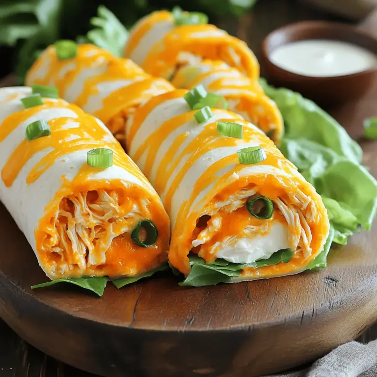 - Gekochtes, zerrissenes Hähnchen - Buffalo-Sauce - Frischkäse und Cheddarkäse Die Hauptzutaten machen dieses Gericht besonders. Beginnen wir mit dem gekochten, zerrissenen Hähnchen. Es ist wichtig, dass das Hähnchen gut zubereitet und zart ist. Die Buffalo-Sauce bringt die Schärfe, die viele Leute lieben. Sie gibt den Roll-Ups den typischen Geschmack. Der Frischkäse sorgt für eine cremige Textur. Der Cheddarkäse fügt einen leckeren, herzhaften Geschmack hinzu. - Weizentortillas - Eisbergsalat - Grüne Zwiebeln Die Weizentortillas sind die Basis für die Roll-Ups. Sie sind weich und einfach zu rollen. Der Eisbergsalat bringt Frische und Knackigkeit. Er macht die Roll-Ups leichter. Die grünen Zwiebeln geben einen zusätzlichen Geschmackskick. Sie sind auch schön anzusehen. Alle Zutaten zusammen machen diese Buffalo Chicken Tortilla Roll-Ups zu einem tollen Snack oder Essen. Du kannst alle Zutaten im Full Recipe finden. Zuerst bereite das Hähnchen und die Käsemischung vor. Nimm die zwei Tassen gekochtes, zerrissenes Hähnchen. Mische es in einer Schüssel mit der halben Tasse Buffalo-Sauce. Rühre, bis das Hähnchen gut bedeckt ist. In einer anderen Schüssel, vermenge die halbe Tasse weichen Frischkäse mit einer halben Tasse geriebenem Cheddarkäse. Du möchtest eine glatte und cremige Mischung. Jetzt ist es Zeit, die Tortillas vorzubereiten. Lege vier große Weizentortillas auf eine saubere Arbeitsfläche. Diese Tortillas werden die Basis für unsere Roll-Ups. Beginne mit dem Schichten der Frischkäsemischung. Nimm eine Tortilla und verteile eine großzügige Schicht der Frischkäsemischung gleichmäßig darauf. Lass etwa einen Zoll Rand an den Kanten frei. Jetzt kommt die Füllung. Platziere in der Mitte der Tortilla eine Handvoll zerrissenen Eisbergsalat. Darauf kommt die Buffalo-Hähnchenmischung. Streue die gehackten grünen Zwiebeln darüber. Das gibt zusätzlichen Geschmack und Farbe. Um die Tortilla zu rollen, beginne an der Seite mit der Füllung. Rolle sie vorsichtig auf. Tucke die Kanten während des Rollens ein, um eine schöne Rolle zu formen. Wiederhole diesen Vorgang mit den restlichen Tortillas und der Füllung. Wenn alle Rollen fertig sind, lege sie mit der Nahtseite nach unten auf ein Schneidebrett. Du kannst sie optional für 15-30 Minuten in den Kühlschrank stellen. So werden die Roll-Ups fester und einfacher zu schneiden. Zum Servieren schneide jede Rolle in 2,5 cm dicke Stücke. Arrangiere die Roll-Ups auf einer Platte. Du kannst sie mit etwas Ranch-Dressing in einer kleinen Schüssel servieren. Das bringt einen tollen Geschmack dazu. Um die beste Konsistenz deiner Roll-Ups zu erreichen, sind zwei Dinge wichtig: - Richtige Menge an Buffalo-Sauce: Beginne mit einer halben Tasse Buffalo-Sauce. Diese Menge gibt dem Hähnchen viel Geschmack. Du kannst mehr hinzufügen, wenn du es schärfer magst. Achte darauf, das Hähnchen damit gut zu bedecken. So bleibt es saftig und aromatisch. - Temperatur des Frischkäses: Lass den Frischkäse auf Raumtemperatur kommen. Wenn er weich ist, lässt er sich leichter mit dem Cheddar vermengen. Das sorgt für eine glatte Mischung, die gut auf die Tortillas verteilt werden kann. Eine schöne Präsentation macht deine Roll-Ups noch ansprechender: - Garnierungen für ein attraktives Aussehen: Verwende frische, gehackte grüne Zwiebeln als Garnitur. Das gibt Farbe und schmeckt lecker. Du kannst auch einige geriebene Karotten oder frische Kräuter hinzufügen, um die Optik zu verbessern. - Empfohlene Servierplatten: Eine große, flache Platte ist ideal. Arrangiere die Roll-Ups diagonal, um sie ansprechend zu präsentieren. Stelle eine kleine Schüssel mit Ranch-Dressing in die Mitte, damit die Gäste dippen können. So sieht alles einladend aus und schmeckt dazu noch besser! {{image_4}} Du kannst das Rezept einfach anpassen. Ersetze das Hähnchen durch dein Lieblingsgemüse. Einige gute Optionen sind Paprika, Zucchini oder Karotten. Diese geben eine tolle Farbe und Textur. Verwende veganen Frischkäse, wenn du eine pflanzliche Variante möchtest. So bleibt der Geschmack lecker und die Konsistenz cremig. Achte darauf, dass der Frischkäse gut zu deinem Gemüse passt. Das macht die Roll-Ups noch spannender. Experimentiere mit verschiedenen Saucen. Probiere BBQ-Sauce oder eine süß-saure Sauce aus. Diese bringen neue Aromen in deine Roll-Ups. Zusätzliche Gewürze können ebenfalls viel bewirken. Füge Knoblauchpulver oder Paprika hinzu, um den Geschmack zu verstärken. Wenn du es scharf magst, sind Chili-Flocken eine gute Wahl. So machst du jede Rolle einzigartig und schmackhaft. Kühlschranklagerung Die Buffalo Chicken Tortilla Roll-Ups sind einfach zu lagern. Wickeln Sie die Roll-Ups fest in Frischhaltefolie oder legen Sie sie in einen luftdichten Behälter. So bleiben sie frisch und lecker. Im Kühlschrank halten sie sich gut für bis zu drei Tage. Anweisungen zum Einfrieren Wenn Sie die Roll-Ups länger aufbewahren möchten, können Sie sie einfrieren. Wickeln Sie jede Rolle in Frischhaltefolie und dann in Aluminiumfolie. So schützen Sie sie vor Frostschäden. Im Gefrierfach sind sie bis zu drei Monate haltbar. Zum Servieren einfach über Nacht im Kühlschrank auftauen lassen. Tipps zur Frischeerhaltung Um die Frische der Roll-Ups zu bewahren, lagern Sie sie immer im Kühlschrank. Vermeiden Sie es, sie lange bei Raumtemperatur stehen zu lassen. Das hilft, die Aromen und die Textur zu erhalten. Wie lange sind sie haltbar? Im Kühlschrank sind die Roll-Ups bis zu drei Tage haltbar. Wenn Sie sie eingefroren haben, können sie bis zu drei Monate genossen werden. Achten Sie darauf, dass sie vor dem Verzehr gut durchgezogen sind. Um Buffalo Chicken Tortilla Roll-Ups zu machen, folge diesen Schritten: 1. Hähnchen und Buffalo-Sauce: Mische in einer Schüssel 2 Tassen gekochtes, zerrissenes Hähnchen mit 1/2 Tasse Buffalo-Sauce, bis das Hähnchen gut bedeckt ist. 2. Käsemischung: Vermische in einer anderen Schüssel 1/2 Tasse weichen Frischkäse mit 1/2 Tasse geriebenem Cheddarkäse, bis die Mischung glatt ist. 3. Tortillas vorbereiten: Lege eine große Weizentortilla auf die Arbeitsfläche. Verteile die Käsemischung gleichmäßig darauf, aber lasse einen Zoll Rand frei. 4. Füllung hinzufügen: Platziere in der Mitte eine Handvoll zerrissenen Eisbergsalat und eine Portion der Hähnchenmischung. Streue 1/4 Tasse gehackte grüne Zwiebeln darüber. 5. Rollen: Rolle die Tortilla von der Füllung her auf. Tucke die Kanten während des Rollens ein. 6. Wiederholen: Mache das Gleiche mit den restlichen Tortillas. 7. Kühlen: Lege die Rollen mit der Nahtseite nach unten auf ein Brett. Optional für 15-30 Minuten in den Kühlschrank stellen. 8. Servieren: Schneide jede Rolle in Stücke von 2,5 cm. Serviere sie auf einer Platte mit Ranch-Dressing. Ja, du kannst die Roll-Ups im Voraus zubereiten. Bereite sie einfach einen Tag vorher vor. Wickele sie gut in Folie oder in einen luftdichten Behälter. Wenn du bereit bist zu servieren, schneide sie und genieße sie kalt oder lasse sie kurz auf Zimmertemperatur kommen. So sparst du Zeit und kannst die Roll-Ups frisch genießen. Zu Buffalo Chicken Tortilla Roll-Ups passen viele Beilagen. Hier sind einige Vorschläge: - Gemüsesticks: Karotten, Sellerie oder Paprika sind frisch und knusprig. - Dips: Ranch-Dressing oder Blauschimmelkäse-Dressing sind ideal zum Dippen. - Chips: Tortilla-Chips oder Nachos bieten einen tollen Crunch. - Salate: Ein einfacher grüner Salat ergänzt die Roll-Ups gut. Diese Beilagen machen dein Essen noch leckerer und interessanter! Zusammenfassend haben wir die Zutaten und Schritt-für-Schritt-Anleitung für Buffalo Chicken Tortilla Roll-Ups behandelt. Du hast gelernt, wie du das Hähnchen, die Käsemischung und die Tortillas perfekt zubereitest. Tipps zur Konsistenz und Präsentation helfen dir, das Gericht ansprechend zu servieren. Variationen ermöglichen es dir, kreativ zu sein und unterschiedliche Geschmäcker zu berücksichtigen. Bewahre die Roll-Ups richtig auf, um ihre Frische zu erhalten. Viel Spaß beim Ausprobieren deiner neuen Rezept-Kenntnisse!