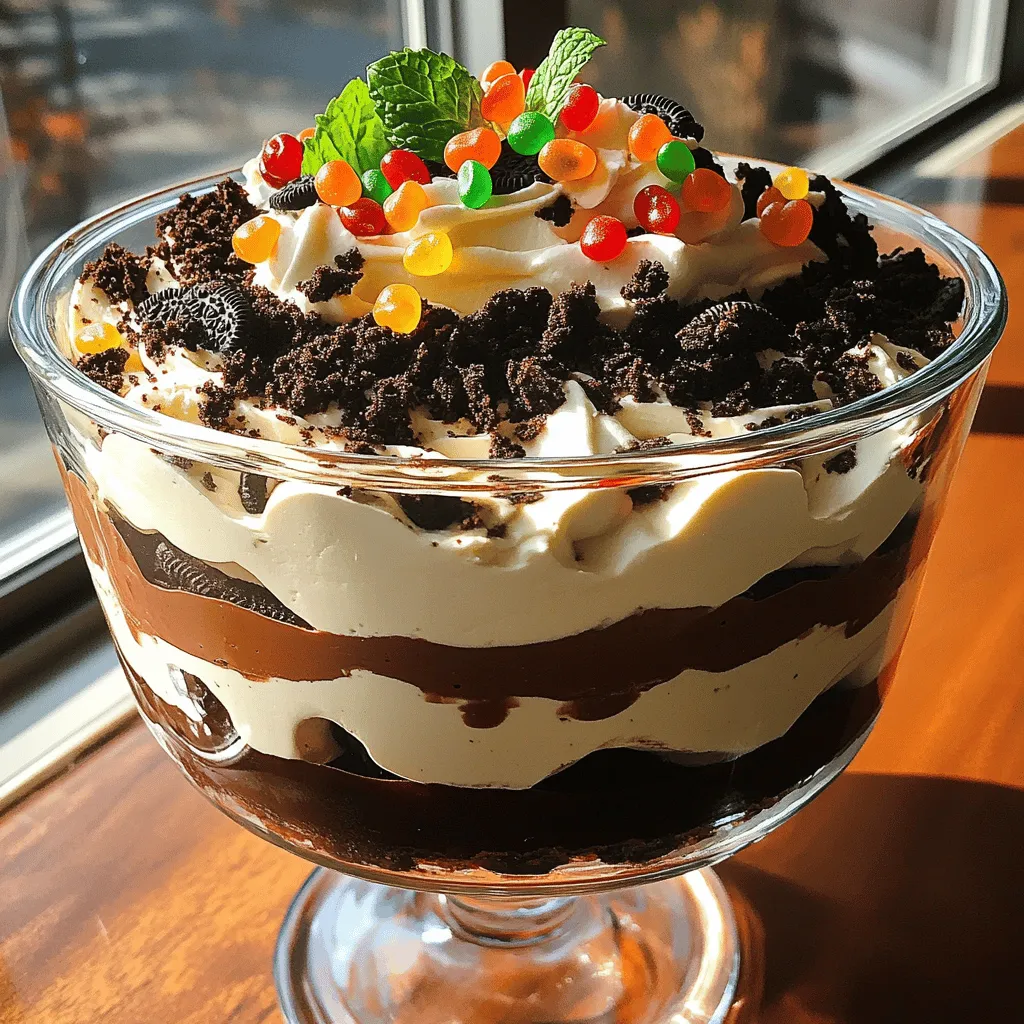 Um einen leckeren Oreo Dirt Cake zu machen, brauchst du: - 1 Paket (404 g) Oreo-Kekse - 240 g ungesalzene Butter, weich - 120 g Puderzucker - 1 Paket (226 g) Frischkäse, weich - 1 Paket (110 g) Instant-Schokoladenpudding-Pulver - 475 ml Milch - 1 Becher (240 g) Schlagsahne (Cool Whip) Diese Zutaten sind einfach zu finden und du kannst sie in jedem Supermarkt kaufen. Die Oreo-Kekse geben dem Kuchen den charakteristischen Geschmack und die Krümel sorgen für den „Dirt“-Effekt. Für die Dekoration empfehle ich: - Gummiwürmer - Frische Minzblätter (optional) Die Gummiwürmer machen den Kuchen besonders lustig für Kinder. Minzblätter bringen eine schöne Farbe und einen frischen Geschmack ins Spiel. Du kannst einige Zutaten auch ersetzen: - Verwende glutenfreie Kekse, wenn du eine glutenfreie Variante möchtest. - Statt Frischkäse kannst du auch griechischen Joghurt nutzen. Das macht den Kuchen leichter. - Für eine vegane Option nehme pflanzliche Butter und einen veganen Frischkäse. Mit diesen Tipps kannst du den Oreo Dirt Cake an deine Wünsche anpassen. Besuche die [Full Recipe], um die vollständigen Zubereitungsschritte zu sehen. Zuerst zerdrücken Sie die Oreo-Kekse. Nutzen Sie eine Küchenmaschine für die besten Ergebnisse. Alternativ können Sie die Kekse in einen wiederverschließbaren Beutel geben und mit einem Nudelholz zerdrücken. Behalten Sie etwa 1 Tasse der Krümel für die Dekoration. In einer großen Schüssel kombinieren Sie die weiche Butter und den Frischkäse. Verwenden Sie einen Handmixer oder eine Küchenmaschine. Mischen Sie die Zutaten, bis sie glatt sind. Fügen Sie dann langsam den Puderzucker hinzu. Mixen Sie weiter, bis alles gut vermischt ist. In einer separaten Schüssel verquirlen Sie das Instant-Schokoladenpudding-Pulver mit der Milch. Lassen Sie die Mischung etwa 5 Minuten ruhen. Sie wird dicker, was wichtig für die nächste Phase ist. Beginnen Sie mit einer Schicht der zurückbehaltenen Oreo-Krümel in einer Glasform oder großen Schüssel. Fügen Sie dann eine Schicht der Frischkäsemischung hinzu. Wiederholen Sie diesen Vorgang, bis alle Zutaten aufgebraucht sind. Die letzte Schicht sollte aus den zerdrückten Oreos bestehen. Platzieren Sie die Gummiwürmer kreativ auf der Kuchenoberfläche. Lassen Sie einige über die Ränder hängen. Dies gibt dem Kuchen einen tollen Dirt-Effekt. Optional können Sie frische Minzblätter als Farbtupfer verwenden. Lassen Sie den Kuchen mindestens 4 Stunden im Kühlschrank ruhen. Am besten über Nacht. So verbinden sich die Aromen, und die Schichten werden fest. Servieren Sie ihn gut gekühlt für den besten Genuss. Ein häufiger Fehler ist, die Kekse nicht fein genug zu zerdrücken. Achten Sie darauf, dass die Krümel sehr fein sind. Wenn sie zu grob sind, wird der Kuchen klumpig. Ein weiterer Fehler ist, den Kuchen nicht ausreichend zu kühlen. Lassen Sie ihn mindestens vier Stunden im Kühlschrank. So verbinden sich die Aromen gut. Für die beste Konsistenz sollten Sie die Butter und den Frischkäse gut vermischen. Sie sollten eine glatte und luftige Mischung erhalten. Wenn die Puddingmischung zu dick wird, fügen Sie etwas Milch hinzu. Das sorgt für eine cremige Textur, die leicht zu schichten ist. Die Dekoration macht den Kuchen besonders. Platzieren Sie die Gummiwürmer so, dass sie lebendig wirken. Einige über den Rand hängen zu lassen, sieht toll aus. Frische Minzblätter bringen Farbe und Frische ins Spiel. Sie sind ein schöner Kontrast zu den dunklen Oreos. {{image_4}} Du kannst Oreo Dirt Cake mit verschiedenen Keksen zubereiten. Probiere es mit Schokoladenkeksen oder Vanillekeksen. Diese Kekse geben dem Kuchen eine neue Note. Das ist eine einfache Art, Abwechslung zu schaffen. Du kannst sogar Kekse mit Füllung wählen, um den Geschmack zu intensivieren. Für eine glutenfreie Version nutze glutenfreie Kekse. Achte darauf, dass die anderen Zutaten auch glutenfrei sind. Für vegane Optionen ersetze die Butter durch pflanzliche Margarine. Nutze veganen Frischkäse und pflanzliche Sahne. So kannst du den Kuchen genießen, ohne tierische Produkte zu verwenden. Spiel mit verschiedenen Geschmäckern. Füge Erdnussbutter zur Frischkäsemischung hinzu. Das gibt dem Kuchen eine nussige Note. Du kannst auch frische Früchte wie Erdbeeren oder Bananen verwenden. Das sorgt für eine fruchtige Frische. Eine Prise Zimt oder Vanille kann ebenfalls den Geschmack heben. Sei kreativ und finde deine Lieblingskombination! Um deinen Oreo Dirt Cake frisch zu halten, lege ihn in einen luftdichten Behälter. Das verhindert, dass er austrocknet oder Gerüche aus dem Kühlschrank aufnimmt. Wenn du keinen Behälter hast, kannst du ihn auch mit Frischhaltefolie abdecken. Stelle sicher, dass die Folie die Oberseite gut umschließt. Der Oreo Dirt Cake bleibt im Kühlschrank etwa 3 bis 5 Tage frisch. Das ist wichtig, denn die Zutaten wie Frischkäse und Sahne halten nicht lange. Achte darauf, ihn vor dem Verzehr zu prüfen. Wenn er seltsam riecht oder sich die Konsistenz ändert, solltest du ihn entsorgen. Wenn du Reste hast, sei kreativ! Du kannst den Kuchen in kleinen Portionen aufteilen und in Glasbehälter füllen. Diese sind perfekt für Lunchboxen oder als Snack. Du kannst auch die Krümel verwenden, um Eis oder Joghurt zu toppen. Das gibt deinem Dessert zusätzlichen Crunch und Geschmack. Der Oreo Dirt Cake hält sich bis zu fünf Tage im Kühlschrank. Lagern Sie ihn in einem luftdichten Behälter. So bleibt er frisch und lecker. Ja, Sie können einen anderen Puddinggeschmack verwenden. Vanille oder Erdbeere passen gut dazu. Experimentieren Sie und finden Sie Ihren Favoriten! Ja, Sie können Frischkäse weglassen. Stattdessen verwenden Sie mehr Schlagsahne oder Joghurt. Das verändert die Textur, aber es bleibt lecker. In diesem Rezept sind Milchprodukte, Gluten und Soja enthalten. Achten Sie auf Allergien, wenn Sie es servieren. Prüfen Sie die Zutaten sorgfältig, um sicher zu sein. Um Oreo Dirt Cake ohne Zucker zu machen, verwenden Sie zuckerfreie Puddingmischung und Süßstoffe. Auch ungesüßte Sahne ist eine Option. So genießen Sie den Kuchen gesünder. Für das genaue Rezept schauen Sie sich das Full Recipe an. Der Oreo Dirt Cake ist ein schmackhaftes Rezept mit einfachen Zutaten. Zuerst haben wir die Hauptzutaten und Dekorationen besprochen. Dann folgten die Schritte zur Zubereitung und einige Tipps zur Vermeidung häufiger Fehler. Variationen wie glutenfreie und vegane Optionen erweitern die Möglichkeiten. Bei der Aufbewahrung ist der Kühlschrank ideal. Denke daran, Reste kreativ wiederzuverwenden. Probiere diese leckere Nachspeise aus. Viel Spaß beim Zubereiten!