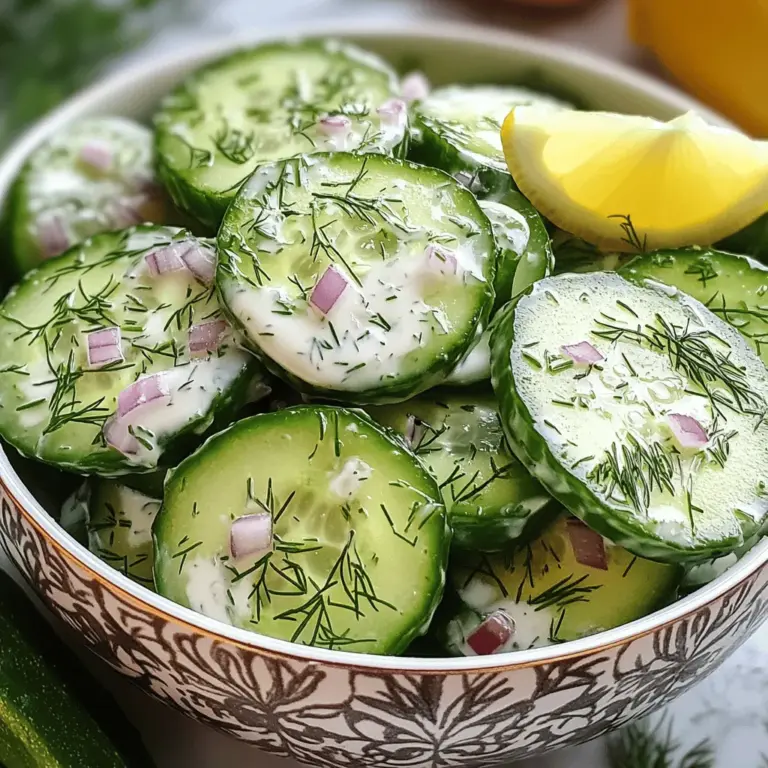 Für meinen cremigen Gurkensalat brauche ich einige frische Zutaten. Hier sind die Hauptzutaten: - 2 große Gurken, dünn geschnitten - 1 Tasse griechischer Joghurt - 1 Esslöffel Mayonnaise - 1 Esslöffel Apfelessig - 1 Teelöffel Knoblauchpulver - 1 Teelöffel frischer Dill, gehackt (oder ½ Teelöffel getrockneter Dill) - ½ Teelöffel Salz (nach Geschmack anpassen) - ¼ Teelöffel schwarzer Pfeffer - ¼ Tasse rote Zwiebel, fein gehackt - 1 Esslöffel Honig (optional für einen Hauch von Süße) Diese Zutaten bringen Frische und Geschmack. Der Joghurt sorgt für die Cremigkeit. Manchmal mag ich es, etwas mehr Geschmack hinzuzufügen. Hier sind einige optionale Zutaten, die du ausprobieren kannst: - Feta-Käse, zerbröselt - Kirschtomaten, halbiert - Avocado, gewürfelt - Paprika, gewürfelt - Frische Kräuter wie Petersilie oder Schnittlauch Diese Zutaten bringen neue Aromen und machen den Salat bunter. Wenn du Gurken kaufst, achte auf folgende Dinge: - Wähle feste Gurken ohne Druckstellen. - Achte auf eine glatte Haut ohne Falten. - Frische Gurken haben einen hellen, satten Farbton. Diese Tipps helfen dir, die besten Gurken für deinen Salat zu finden. So schmeckt dein cremiger Gurkensalat noch besser. Wenn du das Rezept nachlesen möchtest, findest du es in der Full Recipe. Zuerst waschen Sie die Gurken gründlich unter kaltem Wasser. Dies entfernt Schmutz und Pestizide. Schneiden Sie die Gurken dann mit einem scharfen Messer oder einem Mandolinenschneider in dünne Scheiben. Dünne Scheiben sorgen für eine zarte Textur. Legen Sie die geschnittenen Gurken in eine Schüssel. Wenn Sie möchten, können Sie etwas Salz darüber streuen. Das hilft, überschüssiges Wasser zu entziehen. Lassen Sie die Gurken für 10 Minuten stehen. In einer Rührschüssel kombinieren Sie den griechischen Joghurt, die Mayonnaise, den Apfelessig und das Knoblauchpulver. Fügen Sie den frischen Dill, das Salz und den schwarzen Pfeffer hinzu. Schlagen Sie alles mit einem Schneebesen gut durch. Achten Sie darauf, dass die Mischung glatt und gleichmäßig ist. Wenn Sie eine süße Note mögen, fügen Sie den Honig hinzu. Rühren Sie gut um, bis alles gut vermischt ist. In einer großen Salatschüssel verbinden Sie die geschnittenen Gurken mit den gehackten roten Zwiebeln. Gießen Sie das cremige Dressing über die Gurkenmischung. Werfen Sie alles vorsichtig, bis die Gurken gleichmäßig bedeckt sind. Lassen Sie den Salat für mindestens 30 Minuten im Kühlschrank ruhen. Diese Zeit hilft, die Aromen zu entfalten. Vor dem Servieren rühren Sie den Salat um und passen die Gewürze nach Belieben an. Genießen Sie diese frische und leckere Kombination! Um den Geschmack Ihres cremigen Gurkensalats zu verbessern, nutzen Sie frische Zutaten. Frische Gurken bringen mehr Aroma. Achten Sie darauf, die Gurken vor der Zubereitung gut zu waschen. Das Dressing sollte gut gemischt sein. Mischen Sie Joghurt und Mayonnaise gründlich, damit alles gleichmäßig verteilt ist. Dill und Knoblauchpulver verleihen dem Salat Tiefe. Ein Hauch von Honig bringt eine süße Note. Experimentieren Sie mit der Menge, um den perfekten Mix zu finden. Ein häufiger Fehler ist, die Gurken zu dick zu schneiden. Dünnere Scheiben sorgen für eine bessere Textur. Ein weiterer Fehler ist, das Dressing zu lange vor dem Servieren hinzuzufügen. Die Gurken verlieren Wasser und der Salat wird matschig. Achten Sie auch darauf, die Gewürze nicht zu übertreiben. Zu viel Salz oder Pfeffer kann den Geschmack überdecken. Probieren Sie den Salat immer vor dem Servieren, um sicherzustellen, dass er gut gewürzt ist. Für besondere Anlässe präsentiere ich den Salat in einer schönen, gekühlten Schüssel. Dies hält den Salat frisch und knackig. Garniere ihn mit frischem Dill und einem Zitronenschnitz. Das sieht nicht nur gut aus, sondern gibt auch einen frischen Kick. Serviere den Salat als Beilage zu gegrilltem Fleisch oder Fisch. Er passt perfekt zu BBQs oder Sommerpartys. Der cremige Gurkensalat ist ein echter Hit, der alle begeistert. {{image_4}} Wenn Sie eine vegetarische oder vegane Option wünschen, ersetzen Sie den Joghurt. Stattdessen nutzen Sie pflanzlichen Joghurt. Soja-, Kokos- oder Mandeljoghurt sind gute Optionen. Diese sind cremig und lecker. Sie können auch die Mayonnaise durch vegane Mayo ersetzen. Das gibt einen ähnlichen Geschmack ohne tierische Produkte. Fügen Sie andere Zutaten hinzu, um den Salat interessanter zu gestalten. Zum Beispiel können Sie Kirschtomaten oder Paprika hinzufügen. Diese bringen mehr Farbe und Geschmack. Auch Avocado ist eine tolle Wahl. Sie macht den Salat noch cremiger. Für einen Extra-Kick können Sie etwas Feta oder Oliven hinzufügen. Nutzen Sie die Saison, um frische Zutaten auszuwählen. Im Sommer probieren Sie frische Minze oder Basilikum. Diese Kräuter geben dem Salat einen frischen Geschmack. Im Herbst können Sie geröstete Kürbiswürfel hinzufügen. Das macht den Salat herzhaft und sättigend. Das Rezept lässt sich anpassen, um die besten Aromen der Saison zu nutzen. Bewahren Sie den cremigen Gurkensalat in einem luftdichten Behälter auf. Das hält ihn frisch. Stellen Sie den Behälter in den Kühlschrank. So bleibt der Salat kühl und lecker. Wenn Sie Reste haben, essen Sie sie schnell. Im Kühlschrank hält der Salat bis zu drei Tage. Nach dieser Zeit kann die Qualität sinken. Der Geschmack wird weniger frisch und die Textur kann sich ändern. Achten Sie darauf, den Salat vor dem Essen zu überprüfen. Schauen Sie sich den Salat genau an. Wenn Sie Schleim oder eine matschige Textur sehen, ist er schlecht. Ein unangenehmer Geruch ist ebenfalls ein Warnzeichen. Wenn Sie sich unsicher sind, werfen Sie den Salat lieber weg. Sicherheit geht vor! Du kannst den cremigen Gurkensalat bis zu zwei Tage im Voraus machen. Das gibt den Aromen Zeit, sich gut zu vermischen. Bewahre ihn in einem luftdichten Behälter im Kühlschrank auf. Achte darauf, dass du die Gurken erst kurz vor dem Servieren hinzufügst, um ihre Frische zu bewahren. Ja, cremiger Gurkensalat kann gesund sein. Er enthält frische Gurken, die viel Wasser und Ballaststoffe bieten. Der griechische Joghurt liefert Proteine und Kalzium. Wenn du die Mayonnaise und den Honig sparsam verwendest, bleibt der Salat leicht und nahrhaft. Achte auf die Portionsgröße und auf mögliche Allergene. Ja, du kannst den Salat einfach anpassen. Verdopple oder verdreifache die Zutaten, je nachdem, wie viele Gäste du hast. Du kannst auch verschiedene Gurkensorten ausprobieren. Für zusätzliche Vielfalt kannst du Paprika oder Kirschtomaten hinzufügen. Mixe die Zutaten gut, damit jeder Bissen lecker ist. Ich empfehle, das Dressing separat zu halten, bis du bereit bist, zu servieren. Das hält alles frisch und knackig. Du hast viel über den cremigen Gurkensalat gelernt. Wir haben die besten Zutaten und Tipps besprochen, um deinen Salat zu perfektionieren. Auch verschiedene Varianten und Lagerung haben wir behandelt. Denke daran, die Gurken gut auszuwählen und das Dressing sorgfältig zuzubereiten. Vermeide häufige Fehler, um den besten Geschmack zu erzielen. Mit diesen Ratschlägen bereitest du einen leckeren Gurkensalat, der jeden begeistert.