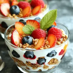 Für mein Spring Berry Parfait benötige ich frische und köstliche Zutaten. Hier sind die Hauptzutaten: - 2 Tassen gemischte Beeren (Erdbeeren, Heidelbeeren, Himbeeren) - 2 Tassen griechischer Joghurt (natur oder vanille) - 1 Tasse Granola (nach Wahl) - 2 Esslöffel Honig oder Ahornsirup (optional) - Frische Minzblätter zur Dekoration Diese Zutaten schaffen eine perfekte Balance zwischen Süße und Frische. Der Joghurt gibt dem Parfait eine cremige Basis. Granola fügt den Crunch hinzu und die Beeren bringen Farbe und Geschmack. Das Schöne an einem Parfait ist die Flexibilität. Du kannst die Zutaten leicht anpassen. Hier sind einige Ideen: - Joghurtvariationen: Verwende pflanzlichen Joghurt für eine vegane Option. - Granola: Experimentiere mit verschiedenen Geschmäckern, wie Nuss- oder Schokoladengranola. - Süßungsmittel: Probiere Agavendicksaft oder Kokosblütenzucker als Alternativen. - Zusätzliche Schichten: Füge ein paar Nüsse oder Samen für mehr Textur hinzu. Die Wahl der besten Beeren ist entscheidend. Hier sind Tipps zur Auswahl: - Frische: Achte darauf, dass die Beeren fest und saftig sind. - Farbe: Suche nach tiefen, leuchtenden Farben. Das zeigt Frische und Geschmack. - Geruch: Rieche an den Beeren. Sie sollten frisch und süß duften. - Saison: Kaufe Beeren in der Saison. Sie sind oft günstiger und geschmackvoller. Für das beste Ergebnis wähle hochwertige Zutaten. Das macht dein Parfait noch köstlicher! Du findest das vollständige Rezept im Abschnitt "Full Recipe". Für dieses Rezept brauchst du nur 15 Minuten. Du benötigst: - 2 Tassen gemischte Beeren (Erdbeeren, Heidelbeeren, Himbeeren) - 2 Tassen griechischer Joghurt (natur oder vanille) - 1 Tasse Granola (nach Wahl) - 2 Esslöffel Honig oder Ahornsirup (optional) - Frische Minzblätter zur Dekoration - Eine Schüssel - Klare Serviergläser oder -schalen 1. Wasche die gemischten Beeren gründlich unter kaltem Wasser. Entferne die grünen Teile der Erdbeeren und schneide sie in kleinere Stücke. 2. Vermenge in einer Schüssel den griechischen Joghurt mit Honig oder Ahornsirup, um ihm eine süße Note zu verleihen. Rühre alles gut um, bis die Masse gleichmäßig ist. 3. Nimm die klaren Serviergläser und beginne mit dem Schichten. Starte mit einer Schicht Joghurt am Boden (etwa 1/4 Tasse). 4. Füge eine Schicht Granola hinzu (ca. 2 Esslöffel) über das Joghurt. 5. Darauf folgt eine großzügige Handvoll gemischte Beeren. 6. Wiederhole die Schichten, bis du den oberen Rand der Gläser erreichst. Beende das Schichten mit einer Schicht Beeren. 7. Träufle etwas mehr Honig oder Ahornsirup auf die oberste Schicht und garniere mit frischen Minzblättern. 8. Serviere das Parfait sofort oder kühle es bis zu einer Stunde im Kühlschrank für einen erfrischenden Genuss. Eine schöne Anordnung macht das Parfait noch ansprechender. Hier sind meine besten Tipps: - Beginne mit einer gleichmäßigen Schicht Joghurt. Das gibt eine feste Basis. - Verwende frische, bunte Beeren für eine tolle Optik. Mische verschiedene Farben. - Granola sorgt für einen tollen Crunch. Streue es gleichmäßig über die Beeren. - Denke daran, am Ende die Beeren oben zu platzieren. Das sieht frisch und einladend aus. - Eine dekorative Schicht Granola oben gibt nicht nur Crunch, sondern sieht auch toll aus. Wählen Sie griechischen Joghurt für eine cremige Textur. Er hat einen tollen Geschmack und ist dick. Natur oder Vanille sind gute Optionen. Achten Sie auf die Zutatenliste. Je weniger Zutaten, desto besser. Vermeiden Sie Joghurt mit Zucker oder künstlichen Aromen. Ein guter Joghurt verbessert den Geschmack Ihres Parfaits. Passen Sie die Mengen nach Ihrem Geschmack an. Mögen Sie es süßer? Fügen Sie mehr Honig oder Sirup hinzu. Wenn Sie weniger Joghurt möchten, reduzieren Sie die Menge. Granola kann durch Nüsse oder Haferflocken ersetzt werden. Für eine leichtere Variante nutzen Sie fettfreien Joghurt. Experimentieren Sie mit verschiedenen Zutaten! Ein häufiger Fehler ist das Überfüllen der Gläser. Schichten Sie die Zutaten gleichmäßig für einen schönen Look. Verwenden Sie zu viele Beeren oder Granola? Das kann matschig werden. Achten Sie darauf, die Beeren nicht zu zerdrücken. Lassen Sie das Parfait nach dem Schichten etwas ruhen. So setzen sich die Aromen besser. {{image_4}} Für eine vegane Version des Spring Berry Parfait ersetze ich den Joghurt mit pflanzlichem Joghurt. Kokosnuss- oder Mandeljoghurt sind tolle Alternativen. Sie haben einen milden Geschmack und passen gut zu den Beeren. Du kannst auch Agavensirup anstelle von Honig verwenden, um das Parfait süß zu machen. Achte darauf, dass die Zutaten vegan sind. Wenn du eine glutenfreie Option möchtest, ist es einfach! Wähle glutenfreies Granola. Viele Marken bieten leckere Sorten an, die gut schmecken. Du kannst auch Haferflocken verwenden, die als Basis dienen. Sie schmecken toll und sind gesund. Die Auswahl der Beeren macht dein Parfait besonders. Im Frühling sind Erdbeeren und Himbeeren frisch. Im Sommer kannst du Heidelbeeren und Brombeeren hinzufügen. Im Herbst bieten sich Preiselbeeren an, und im Winter kannst du gefrorene Beeren nutzen. Variiere die Beeren je nach Saison für neue Geschmäcker. Das macht dein Parfait immer frisch und spannend. Wenn du alle diese Variationen ausprobierst, wirst du immer wieder neue Geschmackserlebnisse haben! Für das komplette Rezept schau dir die [Full Recipe] an. Lagern Sie Ihr Spring Berry Parfait im Kühlschrank. Nutzen Sie einen luftdichten Behälter. So bleibt es frisch und lecker. Achten Sie darauf, dass die Schichten nicht zerdrückt werden. Wenn Sie das Parfait länger aufbewahren möchten, decken Sie es gut ab. Das hilft, die Feuchtigkeit zu bewahren. Das Parfait bleibt bis zu zwei Tage frisch. Nach einem Tag können die Beeren weich werden. Granola kann weich werden, wenn es zu lange im Joghurt liegt. Ich empfehle, Granola separat zu lagern. So bleibt der Crunch erhalten. Haben Sie noch Beeren oder Joghurt übrig? Verwenden Sie sie in Smoothies oder auf Haferflocken. Sie können auch Beeren in Muffins oder Pancakes geben. Das gibt neuen Geschmack und verhindert Lebensmittelverschwendung. Experimentieren Sie mit verschiedenen Kombinationen. So bleibt das Kochen spannend und kreativ. Ein Spring Berry Parfait ist nährstoffreich und gesund. Es enthält frische Beeren, die reich an Vitaminen sind. Zum Beispiel sind Erdbeeren voll mit Vitamin C. Heidelbeeren sind gut für das Herz. Himbeeren sind reich an Ballaststoffen. Der griechische Joghurt bringt zusätzlich Proteine. Granola fügt gesunde Fette und Kohlenhydrate hinzu. Insgesamt hat jede Portion etwa: - Kalorien: 250-300 - Proteine: 10-15 g - Fette: 5-10 g - Kohlenhydrate: 40-50 g Diese Werte können je nach Zutaten variieren. Achten Sie darauf, natürliche Süßstoffe wie Honig sparsam zu verwenden. Ja, gefrorene Beeren sind eine gute Option. Sie sind oft günstiger und halten länger. Achten Sie darauf, sie vor der Verwendung gut abzutauen. Gefrorene Beeren können auch mehr Saft abgeben. Dies macht das Parfait saftiger. Verwenden Sie sie in der gleichen Menge wie frische Beeren. Ja, das Parfait ist perfekt für Kinder. Es ist bunt und sieht appetitlich aus. Kinder lieben die Süße der Beeren und den Joghurt. Außerdem können Sie die Zutaten anpassen. Fügen Sie weniger Honig hinzu oder verwenden Sie Fruchtpüree. Dies macht es gesünder. Kinder können auch beim Schichten helfen. So wird das Kochen zu einem spaßigen Erlebnis! Diese Anleitung zeigt, wie man ein köstliches Spring Berry Parfait zubereitet. Wir haben die besten Zutaten, die richtige Zubereitung und nützliche Tipps besprochen. Du weißt jetzt, welche Beeren gut passen und wie du das Parfait aufbewahrst. Denke daran, Anpassungen vorzunehmen, um es zu deinem persönlichen Hit zu machen. Mit diesen einfachen Schritten kannst du sicherstellen, dass es gelingt. Probiere es aus und genieße dein Dessert!