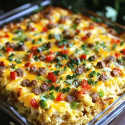 - 500 g Frühstückswurst (mild oder scharf, je nach Geschmack) - 6 große Eier - 480 ml Vollmilch - 4 Tassen gefrorene Hash Browns (aufgetaut) - 1 Tasse geriebener Cheddar-Käse Diese Hauptzutaten sind wichtig für den Geschmack. Die Wurst gibt dem Auflauf eine herzhafte Note. Ich bevorzuge eine milde Wurst, aber scharfe Wurst bringt mehr Kick. Eier und Milch verbinden alles gut. Sie machen den Auflauf schön fluffig. Hash Browns sorgen für eine knusprige Basis. Cheddar-Käse bringt die Cremigkeit und einen tollen Geschmack. - 1/2 Tasse gewürfelte Paprika (rot und grün für mehr Farbe) - 1/2 Tasse gewürfelte Zwiebel - 1 Teelöffel Knoblauchpulver - 1 Teelöffel Zwiebelpulver - 1/2 Teelöffel Paprika - Salz und Pfeffer nach Geschmack Die gewürfelte Paprika bringt Farbe und Frische. Zwiebeln fügen einen süßen, herzhaften Geschmack hinzu. Gewürze sind wichtig, um alles abzurunden. Knoblauchpulver und Zwiebelpulver geben mehr Tiefe. Ein wenig Paprika sorgt für eine angenehme Würze. Vergessen Sie nicht, mit Salz und Pfeffer zu würzen. Diese kleinen Zutaten machen einen großen Unterschied. - Frische Petersilie - Beilagenempfehlungen Frische Petersilie bringt Farbe und Frische. Sie macht den Auflauf schöner. Für Beilagen empfehle ich frisches Obst oder Joghurt. Diese Beilagen passen gut zum Auflauf. Sie bringen eine süße Note und ergänzen die herzhaften Aromen. So wird Ihr Frühstück noch leckerer. Für die vollständige Anleitung und Zubereitung schauen Sie sich das [Full Recipe] an. Zuerst brate die Wurst in einer großen Pfanne. Ich empfehle, die Wurst bei mittlerer Hitze zu braten. Zerbrich die Wurst mit einem Holzlöffel, bis sie ganz braun ist. Lass überschüssiges Fett abtropfen, um die Mischung leicht zu halten. Nimm die Pfanne dann vom Herd. Nächster Schritt: die Eimischung. Verquirle in einer großen Schüssel die Eier mit der Vollmilch. Füge das Knoblauchpulver, Zwiebelpulver, Paprika, Salz und Pfeffer hinzu. Mische alles gut, bis die Flüssigkeit gleichmäßig aussieht. Jetzt wird es spannend! Fette eine große Auflaufform ein, etwa 23x33 cm. Verteile die aufgetauten Hash Browns gleichmäßig am Boden. Diese geben dem Auflauf eine tolle Basis. Darüber schichtest du die gebratene Wurst. Füge dann die gewürfelten Paprika und Zwiebeln hinzu. Sie bringen Farbe und Frische in das Gericht. Gieße die Eimischung gleichmäßig über die Schichten. So sind alle Zutaten gut bedeckt. Heize deinen Ofen auf 175°C vor. Schiebe die Auflaufform dann in den Ofen und backe den Auflauf für 45 bis 50 Minuten. Der Auflauf ist fertig, wenn die Eier fest sind und die Oberseite goldbraun aussieht. Hole den Auflauf aus dem Ofen und lasse ihn etwa 10 Minuten abkühlen. So lässt er sich besser schneiden. Garniere den Auflauf nach Belieben mit frischer Petersilie. Jetzt ist dein Wurst Frühstücksauflauf bereit zum Servieren! Für das vollständige Rezept, siehe [Full Recipe]. Um die perfekte Konsistenz zu erreichen, mische die Eier gut. Ich nutze eine große Schüssel und verquirle die Eier mit der Milch. So wird die Eimischung schön glatt. Die Backzeit ist wichtig. Stelle den Timer auf 45 bis 50 Minuten. Achte darauf, dass die Oberseite goldbraun ist. Wenn du eine dünne Schicht machst, kann der Auflauf schneller gar werden. Die Wahl der Wurst ist entscheidend. Ich empfehle, Frühstückswurst zu verwenden. Du kannst milde oder scharfe Wurst nehmen, je nach Vorliebe. Brate die Wurst in einer Pfanne an. Zerkleinere sie mit einem Holzlöffel, bis sie gut durchgegart ist. Lass überschüssiges Fett abtropfen, damit der Auflauf nicht zu fettig wird. Gewürze machen den Auflauf besonders lecker. Neben Salz und Pfeffer kannst du auch andere Gewürze hinzufügen. Ich empfehle Paprika und Knoblauchpulver. Du kannst auch frische Kräuter wie Thymian oder Oregano nutzen. Probiere verschiedene Kombinationen aus, um deinen eigenen Geschmack zu finden. Mehr Gewürze bringen mehr Freude! Für die vollständige Anleitung und weitere Tipps, schau dir das [Full Recipe] an. {{image_4}} Wenn Sie eine vegetarische oder vegane Option suchen, gibt es viele tolle Ersatzmöglichkeiten. Statt der Wurst können Sie zum Beispiel gewürzte Soja-Wurst oder Linsen verwenden. Diese geben dem Auflauf einen herzhaften Geschmack. Für eine vegane Variante sollten Sie auch die Eier und die Milch ersetzen. Pflanzenbasierte Milch-Optionen wie Mandel- oder Hafermilch funktionieren gut. Diese Milchsorten sind leicht und geben dem Gericht eine cremige Textur. Sie können auch eine Mischung aus Cashew- oder Kokosmilch verwenden, um den Geschmack zu variieren. Für mehr Geschmack können Sie zusätzliche Zutaten hinzufügen. Spinat ist eine großartige Wahl. Er bringt frische Aromen und eine schöne Farbe in den Auflauf. Auch Pilze sind eine tolle Ergänzung. Sie geben dem Gericht eine herzhafte Note. Fühlen Sie sich frei, kreativ zu sein. Zucchini, Tomaten oder sogar Brokkoli können ebenfalls hinzugefügt werden. Diese Zutaten sorgen für mehr Nährstoffe und machen das Gericht bunter. Wenn Sie glutenfrei essen, können Sie diesen Auflauf trotzdem genießen. Verwenden Sie glutenfreie Hash Browns. Diese sind oft in Supermärkten erhältlich. Achten Sie auch darauf, dass die Wurst glutenfrei ist. Für laktosefreie Varianten können Sie einfach eine laktosefreie Milch-Option wählen. Auch laktosefreier Käse kann verwendet werden. So bleibt der Geschmack erhalten, ohne auf Milchprodukte verzichten zu müssen. Für das Rezept können Sie alle diese Varianten ausprobieren. So finden Sie die perfekte Mischung für Ihren Geschmack. Weitere Details finden Sie in der [Full Recipe]. Um die Reste des Wurst Frühstücksauflaufs frisch zu halten, lege sie in einen luftdichten Behälter. Achte darauf, dass der Auflauf abgekühlt ist, bevor du ihn lagerst. So bleibt er länger lecker. Im Kühlschrank kannst du die Reste bis zu fünf Tage aufbewahren. Wenn du ihn später essen willst, wärme ihn im Ofen auf. Das gibt ihm die beste Textur zurück. Falls du nicht alle Portionen sofort essen kannst, friere den Auflauf ein. Teile ihn in Portionen auf, bevor du ihn in den Gefrierschrank legst. Verwende gefriergeeignete Behälter oder Folie. So bleibt der Auflauf bis zu drei Monate frisch. Um sicherzustellen, dass der Auflauf beim Auftauen gut schmeckt, tau ihn im Kühlschrank über Nacht auf. Danach kannst du ihn im Ofen aufwärmen. Die Reste sind bis zu fünf Tage im Kühlschrank sicher. Wenn du den Auflauf eingefroren hast, kannst du ihn bis zu drei Monate aufbewahren. Achte darauf, die Reste vor dem Essen gut zu prüfen. Wenn sie seltsam riechen oder anders aussehen, wirf sie lieber weg. Sicherheit geht vor! Die Zubereitung eines Wurst-Frühstücksauflaufs dauert etwa 15 Minuten. Danach backt der Auflauf für 45 bis 50 Minuten. Insgesamt haben Sie also in etwa einer Stunde ein leckeres Gericht. Es ist wichtig, den Auflauf gut im Auge zu behalten, damit er nicht zu dunkel wird. Die Eier sollten fest sein, aber nicht trocken. Ja, dieser Auflauf passt perfekt zu einem Brunch. Er ist herzhaft und sättigend. Sie können ihn warm servieren, oder auch bei Zimmertemperatur. Viele Gäste genießen die Mischung aus Wurst, Eiern und Käse. Servieren Sie ihn mit frischen Brötchen oder einem bunten Obstsalat. Das macht das Essen noch besser. Ja, Sie können den Auflauf am Vortag vorbereiten. Kochen Sie die Wurst und mischen Sie die anderen Zutaten wie gewohnt. Stellen Sie die Mischung in den Kühlschrank. Am nächsten Morgen gießen Sie die Eimischung darauf und backen alles. So sparen Sie Zeit und können den Auflauf frisch genießen. Für diesen Auflauf passen viele Beilagen gut. Einige beliebte Optionen sind frische Brötchen, ein gemischter Salat oder Joghurt. Auch frische Früchte schmecken hervorragend dazu. Sie können auch Salsa oder eine scharfe Soße anbieten. Diese Beilagen bringen mehr Farbe und Geschmack auf den Tisch. Ihr Wurst-Frühstücksauflauf ist ein einfacher, aber köstlicher Genuss. Sie brauchen nur einige Zutaten, wie Wurst, Eier und Käse. Die Zubereitung ist schnell und die Tipps helfen Ihnen, den perfekten Auflauf zu backen. Denken Sie auch daran, Variationen auszuprobieren oder Restekreativ zu nutzen. Jeder kann diesen Auflauf anpassen und genießen. Testen Sie die verschiedenen Möglichkeiten und finden Sie Ihre Lieblingsversion. Viel Spaß beim Kochen und Schlemmen!