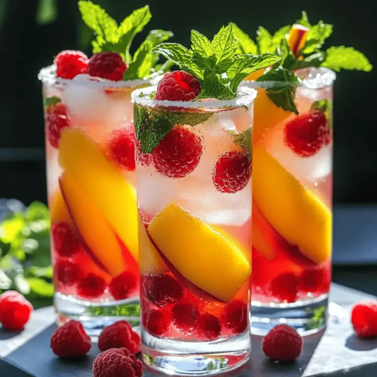 Für eine erfrischende Himbeer-Pfirsich-Limonade benötigen Sie einige Hauptzutaten: - 1 Tasse frische Himbeeren - 1 reifer Pfirsich, entkernt und in Scheiben geschnitten - 1 Tasse frisch gepresster Zitronensaft (etwa 4-6 Zitronen) - 1 Tasse Kristallzucker (nach Geschmack anpassen) - 4 Tassen kaltes Wasser - Eiswürfel Diese Zutaten sorgen für einen fruchtigen, süßen und leicht sauren Geschmack. Die Himbeeren bringen eine schöne Farbe und einen tollen Geschmack. Der Pfirsich fügt eine süße Note hinzu, während der Zitronensaft die Frische bringt. Um Ihre Limonade zu dekorieren und zu verfeinern, können Sie noch einige optionale Zutaten verwenden: - Frische Minzeblätter zur Garnitur - Ein paar ganze Himbeeren für die Dekoration - Eine Scheibe Pfirsich am Glasrand Diese Garnierungen machen die Präsentation ansprechender und verleihen einen zusätzlichen Frischekick. Die Nährwerte können je nach Zutaten variieren. Hier ist eine grobe Übersicht: - Himbeeren: Reich an Vitaminen und Antioxidantien. - Pfirsiche: Hoher Wassergehalt und viele Ballaststoffe. - Zitronensaft: Gute Quelle für Vitamin C. - Kristallzucker: Liefert schnelle Energie, aber sollte in Maßen genossen werden. - Kaltes Wasser: Hält Sie hydratisiert und frisch. Diese Limonade ist nicht nur lecker, sondern kann auch eine gesunde Wahl sein, besonders an heißen Tagen. Sie können die Zutaten nach Bedarf anpassen, um eine leichtere Version zu erstellen. Für das vollständige Rezept schauen Sie sich den Abschnitt „Full Recipe“ an. Zuerst benötige ich frische Himbeeren und einen reifen Pfirsich. Ich wasche die Himbeeren gut. Dann schneide ich den Pfirsich in dünne Scheiben und entferne den Kern. Diese frischen Zutaten sind wichtig für den Geschmack. Frische Früchte bringen die beste Aromen in die Limonade. Jetzt geht es ans Mixen. Ich gebe die Himbeeren und die Pfirsichscheiben in einen Mixer. Ich füge die Hälfte des frisch gepressten Zitronensafts hinzu. Dann lasse ich alles gut durchmixen. Die Mischung sollte glatt sein. Danach benutze ich ein feines Sieb, um die Flüssigkeit in einen großen Krug zu gießen. Ich drücke mit einem Löffel die Reste gut aus. Jetzt füge ich den restlichen Zitronensaft und den Kristallzucker hinzu. Es ist wichtig, dass der Zucker sich gut auflöst. Ich gieße dann kaltes Wasser in den Krug und rühre alles gut um. Ich probiere die Limonade. Wenn sie zu sauer ist, kann ich mehr Zucker hinzufügen. Der letzte Schritt ist das Servieren. Ich fülle hohe Gläser mit Eiswürfeln. Dann gieße ich die Limonade ein. Für die Garnitur lege ich frische Minzeblätter und ein paar Himbeeren in jedes Glas. Wenn ich möchte, kann ich eine Pfirsichscheibe am Glasrand entlangfahren und es in Zucker tauchen. Diese kleinen Details machen die Limonade besonders lecker. Die gesamte Zubereitung ist einfach und dauert nur zehn Minuten. Ich finde, diese Himbeer-Pfirsich-Limonade ist perfekt für warme Tage. Sie erfrischt und schmeckt fruchtig. Wenn du das Rezept ausprobieren willst, schaue dir die Full Recipe an! Um die perfekte Süße zu treffen, probiere die Limonade während der Zubereitung. Beginne mit einer Tasse Zucker. Füge dann mehr hinzu, wenn du es süßer magst. Frische Früchte bringen oft eigene Süße mit. Himbeeren sind manchmal sauer. Daher ist es wichtig, die Mischung zu testen. Du kannst auch Honig oder Agavendicksaft verwenden, wenn du eine gesündere Option suchst. Für die Himbeer-Pfirsich-Limonade brauchst du nur wenige Geräte. Ein Mixer hilft, die Früchte gut zu pürieren. Ein feines Sieb ist wichtig, um die Flüssigkeit abzutrennen. Ein großer Krug ist nötig, um die Limonade zu mischen. Ein Löffel zum Rühren darf nicht fehlen. Wenn du eine Saftpresse hast, verwende sie für den Zitronensaft. Diese Geräte machen die Zubereitung schnell und einfach. Ein häufiger Fehler ist, die Früchte nicht gut zu pürieren. Das kann die Konsistenz der Limonade beeinflussen. Vergiss nicht, die Mischung durch ein Sieb zu gießen. So vermeidest du Stückchen. Ein weiterer Fehler ist, die Limonade nicht zu probieren. Jeder hat einen anderen Geschmack. Achte darauf, die Süße anzupassen. Schließlich ist es wichtig, die Limonade gut zu kühlen. Serviere sie nicht warm – das macht sie weniger erfrischend. Für das vollständige Rezept, schau dir die [Full Recipe] an. {{image_4}} Ich liebe es, mit verschiedenen Früchten zu experimentieren. Wenn du Himbeeren und Pfirsiche magst, probiere diese Optionen: - Erdbeeren: Sie bringen eine süße Note. - Mango: Das gibt einen tropischen Geschmack. - Ananas: Sie sorgt für eine frische, saftige Note. - Blaubeeren: Sie sind gesund und lecker. Jede dieser Früchte kann die Limonade einzigartig machen. Für eine spritzige Variante kannst du Alkohol hinzufügen. Hier ist ein einfacher Tipp: - Füge einen Schuss Wodka oder Gin hinzu. - Mische die Limonade gut. Das macht sie perfekt für Partys. Achte darauf, die Menge nach deinem Geschmack anzupassen. Wenn du weniger Zucker magst, gibt es gute Alternativen. Hier sind einige: - Honig: Er ist süß und gesund. - Agavendicksaft: Er ist eine tolle Option. - Stevia: Dies ist kalorienfrei. Du kannst auch die Menge an Zucker reduzieren. So bleibt die Limonade frisch und lecker. Diese Variationen machen deine Himbeer-Pfirsich-Limonade noch spannender. Probiere die verschiedenen Optionen aus und finde deinen Favoriten! Um die Himbeer-Pfirsich-Limonade frisch zu halten, stelle sie in den Kühlschrank. Verwende einen luftdichten Krug oder eine Flasche. Diese Lagerung schützt den fruchtigen Geschmack. So bleibt die Limonade kühl und lecker. Die Limonade hält sich gut für 2 bis 3 Tage im Kühlschrank. Nach dieser Zeit kann der Geschmack schwächer werden. Ich empfehle, sie frisch zu genießen. So bekommst du das beste Geschmackserlebnis. Bereite die Limonade ein paar Stunden im Voraus vor. So hat sie Zeit, gut zu kühlen. Du kannst auch die Früchte und den Zucker vorher mischen. Das macht die Zubereitung am Tag der Party schnell. Stelle Eiswürfel in die Gläser, wenn du servierst. So bleibt die Limonade erfrischend. Für eine besondere Note, füge frische Minzeblätter hinzu. Diese Tipps machen deine Party noch besser. Probier die [Full Recipe] aus und genieße die Erfrischung! Um die Himbeer-Pfirsich-Limonade zuckerfrei zu machen, können Sie verschiedene Süßstoffe verwenden. Stevia ist eine tolle Option. Es hat null Kalorien und ist sehr süß. Sie können auch Erythrit oder Xylit ausprobieren. Diese sind natürliche Süßstoffe und haben weniger Kalorien als Zucker. Passen Sie die Menge an, bis Sie die gewünschte Süße erreichen. Falls Sie keine Pfirsiche haben, nutzen Sie andere Früchte. Aprikosen sind eine gute Wahl. Sie haben einen ähnlichen Geschmack und eine ähnliche Textur. Auch Nektarinen sind lecker. Wenn Sie etwas anderes ausprobieren möchten, können Sie Mango verwenden. Mango bringt eine tropische Note in die Limonade. Ja, diese Limonade ist gut für Kinder. Sie enthält frische Früchte und keinen schädlichen Zusatzstoff. Die Limonade hat einen fruchtigen Geschmack, der Kinder anspricht. Achten Sie darauf, den Zuckergehalt anzupassen, wenn Sie es für Kinder zubereiten. So machen Sie das Getränk noch gesünder. - Weitere häufig gestellte Fragen zu Himbeer-Pfirsich-Limonade umfassen die Lagerung und die besten Zeiten zum Servieren. Die Himbeer-Pfirsich-Limonade ist einfach lecker und erfrischend. Wir haben die Hauptzutaten, die Zubereitung und Tipps besprochen. Variationen und Lagerung helfen dir, die Limonade lange zu genießen. Denk daran, deine eigene Version zu kreieren. Egal ob mit Alkohol oder weniger Zucker, die Möglichkeiten sind groß. Nutze diese Tipps, um die perfekte Limonade zu machen und teile sie mit Freunden. Erkunde deine Geschmacksvorlieben. Mach deine nächste Sommerfeier unvergesslich.