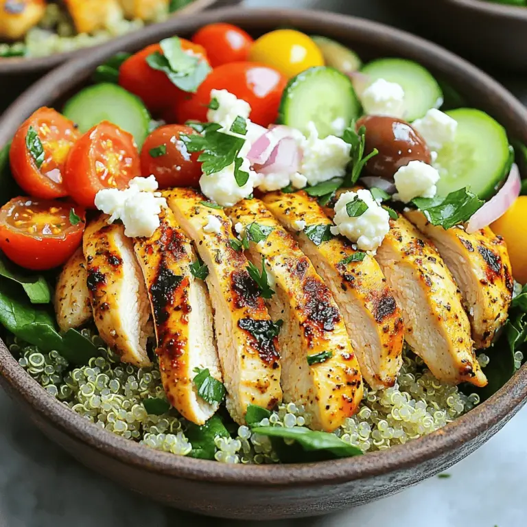 Für die Griechischen Hähnchen-Bowls brauchst du einige einfache, frische Zutaten. Diese Zutaten sind lecker und nahrhaft. Hier ist die Liste: - 2 Hähnchenbrustfilets, ohne Haut und Knochen - 1 Tasse gekochte Quinoa - 1 Tasse Kirschtomaten, halbiert - 1 Salatgurke, gewürfelt - 1/2 rote Zwiebel, dünn geschnitten - 1 Tasse Babyspinat oder gemischte Blattsalate - 1/2 Tasse Feta-Käse, zerbröselt - 1/4 Tasse Kalamata-Oliven, entsteint und halbiert Diese Zutaten bringen den griechischen Geschmack direkt auf deinen Teller. Die richtige Marinade macht dein Hähnchen besonders gut. Sie gibt dem Fleisch einen tollen Geschmack. Für die Marinade brauchst du: - 1 Teelöffel getrockneter Oregano - 1 Teelöffel Knoblauchpulver - 1 Teelöffel Paprika - Salz und Pfeffer nach Geschmack - 2 Esslöffel Olivenöl Mische diese Gewürze mit dem Olivenöl in einer kleinen Schüssel. Reibe die Marinade gründlich über das Hähnchen. So wird es saftig und aromatisch. Die Bowls werden mit frischen Beilagen schöner und schmackhafter. Hier sind einige Vorschläge: - Saft von 1 Zitrone - 1 Esslöffel frische Petersilie, gehackt (zum Garnieren) Die Zitrone bringt Frische, und die Petersilie sieht schön aus. Du kannst die Bowls nach deinem Geschmack anpassen. Füge mehr Gemüse oder andere Käsearten hinzu. Jedes Mal wird es anders und lecker sein. Für das komplette Rezept schaue dir die Anleitung an. Zuerst bereite die Marinade für das Hähnchen vor. Nimm eine kleine Schüssel. Vermische den getrockneten Oregano, Knoblauchpulver, Paprika, Salz, Pfeffer und das Olivenöl. Diese Mischung gibt dem Hähnchen einen tollen Geschmack. Reibe die Marinade gut über die Hähnchenbrustfilets. Achte darauf, dass sie gleichmäßig bedeckt sind. Lass das Hähnchen etwa 15 Minuten marinieren. So zieht der Geschmack richtig ein. Heize deinen Grill oder eine Grillpfanne auf mittelhohe Hitze vor. Lege die marinierten Hähnchenfilets auf den Grill. Grille sie für etwa 6-7 Minuten pro Seite. Das Hähnchen ist fertig, wenn die Säfte klar ausgehen. Nimm die Filets vom Grill und lasse sie 5 Minuten ruhen. Danach schneide sie in Scheiben. Dies hilft, die Säfte zu halten. Während das Hähnchen ruht, kannst du den Quinoa-Salat machen. Nimm eine große Schüssel. Gib die gekochte Quinoa, Kirschtomaten, gewürfelte Gurke, rote Zwiebel und den Babyspinat hinein. Tossiere alles mit dem Zitronensaft und einer Prise Salz. Mische es gut. Um die Bowls zusammenzustellen, verteile den Quinoasalat in 2-4 Schalen. Lege die geschnittenen Hähnchenstücke darüber. Garniere jede Bowl mit zerbröseltem Feta und Kalamata-Oliven. Dekoriere mit frisch gehackter Petersilie für den letzten Schliff. Für die vollständige Anleitung, sieh dir das Rezept unter [Full Recipe] an. Die beste Grilltemperatur für Hähnchen liegt bei 200 Grad Celsius. Diese Hitze sorgt für ein saftiges Ergebnis. Wenn das Hähnchen zu heiß gegrillt wird, kann es schnell trocken werden. Achte darauf, die Hähnchenbrust etwa 6-7 Minuten pro Seite zu grillen. Nutze ein Fleischthermometer, um die Innentemperatur zu prüfen. Sie sollte mindestens 75 Grad Celsius betragen. Um die Vorbereitungszeit zu verkürzen, kannst du einige Schritte im Voraus machen. Marinieren die Hähnchenbrust über Nacht im Kühlschrank. So ziehen die Aromen gut ein. Auch die Quinoa kannst du schon vorher kochen und im Kühlschrank aufbewahren. Das spart dir Zeit am Tag des Kochens. Bereite das Gemüse wie Gurke und Zwiebel ebenfalls im Voraus vor. So hast du alles griffbereit, wenn es Zeit zum Kochen ist. Das Anrichten der Bowls macht viel Spaß und ist wichtig für die Präsentation. Beginne mit einer Basis aus Quinoa. Füge dann das Gemüse gleichmäßig hinzu. Platziere die Hähnchenstücke schön darauf. Garniere das Gericht mit Feta-Käse und Oliven. Ein zusätzlicher Hauch von frisch gehackter Petersilie sorgt für Farbe und Frische. Denke daran, die Farben der Zutaten zu nutzen. Das macht die Bowls noch einladender! {{image_4}} Eine vegetarische Option für die Griechischen Hähnchen-Bowls ist einfach. Statt Hähnchen kannst du Tofu oder Kichererbsen verwenden. Tofu nimmt die Aromen der Marinade gut auf. Kichererbsen bieten viel Protein und sind sehr nahrhaft. Diese Zutaten machen die Bowls ebenso schmackhaft und befriedigend. Wenn du keine Quinoa magst, gibt es viele Alternativen. Reis, Bulgur oder sogar Süßkartoffeln passen gut. Diese Kohlenhydrate fügen eine andere Textur hinzu. Sie sind auch gesund und sättigend. Experimentiere mit verschiedenen Sorten, um deine ideale Bowl zu finden. Das Dressing kann einen großen Unterschied machen. Probiere ein Joghurt-Dressing mit Menthe oder ein einfaches Olivenöl-Zitronen-Dressing. Beide bringen frische Aromen. Du kannst auch Balsamico oder Tahini-Sauce nutzen. Jede Sauce gibt deiner Bowl einen neuen Geschmack und macht sie einzigartig. Um die Reste deiner Griechischen Hähnchen-Bowls frisch zu halten, lege sie in einen luftdichten Behälter. Achte darauf, dass die Bowls gut abgekühlt sind, bevor du sie verschließt. So vermeidest du Kondenswasser, das die Qualität beeinträchtigen kann. Du kannst die Reste auch in Portionen aufteilen. Das macht das Essen später einfacher. Die Griechischen Hähnchen-Bowls sind sehr vielseitig. Du kannst die Reste in verschiedenen Gerichten nutzen. Mische sie in einen Salat oder füge sie zu einer Wrap-Füllung hinzu. Auch als Füllung für eine Omelette sind die Reste perfekt. Du sparst Zeit und hast gleichzeitig eine neue Mahlzeit. Im Kühlschrank bleiben die Reste etwa 3 bis 4 Tage frisch. Wenn du die Bowls länger aufbewahren möchtest, kannst du sie einfrieren. So bleiben sie bis zu 3 Monate haltbar. Achte darauf, die Reste gut zu verpacken, um Gefrierbrand zu vermeiden. Wenn du bereit bist zu essen, tau die Bowls einfach im Kühlschrank auf. Um Hähnchenbrust zu marinieren, mische einige Zutaten. Nutze Olivenöl, Oregano und Gewürze. Ich empfehle, 1 Teelöffel getrockneten Oregano, 1 Teelöffel Knoblauchpulver und 1 Teelöffel Paprika zu verwenden. Mische diese mit Salz, Pfeffer und 2 Esslöffeln Olivenöl in einer Schüssel. Reibe die Marinade gut über die Hähnchenbrustfilets. Lasse sie mindestens 30 Minuten ziehen. So wird das Hähnchen saftig und geschmackvoll. Das Rezept für die Griechischen Hähnchen-Bowls ergibt 4 Portionen. Diese Portionen sind ideal für eine kleine Familie oder Freunde. Jeder kann eine Bowl genießen und sich an den frischen Aromen erfreuen. Du kannst die Portionen auch anpassen, je nach Bedarf. Möchtest du mehr machen, verdopple einfach die Zutaten. Griechische Hähnchen-Bowls harmonieren wunderbar mit verschiedenen Beilagen. Frisches Fladenbrot ist eine tolle Wahl. Du kannst auch einen leichten Joghurt-Dip oder Tzatziki dazu servieren. Für mehr Farbe und Geschmack füge einen einfachen grünen Salat hinzu. Oliven und Feta-Käse sind ebenfalls perfekte Ergänzungen. Sie bringen das mediterrane Gefühl auf den Tisch. Griechische Hähnchen-Bowls sind einfach und lecker. Du hast gelernt, welche Zutaten wichtig sind und wie du sie vorbereitest. Die Schritt-für-Schritt-Anleitung hilft dir beim Grillen. Tipps geben dir Ideen für die beste Grilltemperatur und wie du Zeit sparst. Variationen zeigen dir, dass du kreativ sein kannst mit Gemüse und Saucen. Achte auf die richtigen Lagerinformationen, um Reste zu nutzen. Mach es dir einfach und genieße deine gesunden Mahlzeiten. Du kannst großartiges Essen zubereiten!