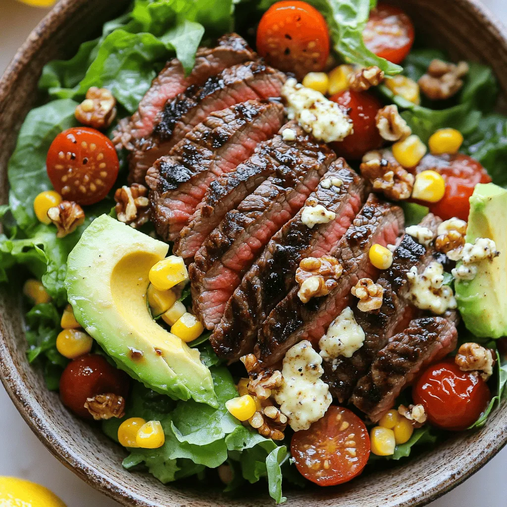 - 450 g Flankensteak - 2 frische Maiskolben - 180 g gemischte Salate - 150 g Kirschtomaten - 125 g Gorgonzola - 30 g Walnüsse - 1 Avocado - 2 Esslöffel Balsamico-Essig - 1 Esslöffel Olivenöl - 2 Esslöffel Honig - 1 Esslöffel Dijon-Senf - 2 Esslöffel Zitronensaft - Salz und Pfeffer - Grill oder Grillpfanne - Schüssel für das Dressing - Messer und Schneidebrett Diese Zutaten ergeben einen frischen und leckeren Salat. Die Kombination aus zartem Steak und cremigem Gorgonzola sorgt für ein tolles Geschmackserlebnis. Der gegrillte Mais bringt eine süße Note, die den Salat perfekt abrundet. Wenn du das Dressing machst, achte auf die Balance zwischen Süße und Säure. Das macht den Salat besonders lecker. Du findest das vollständige Rezept oben. Um das Steak lecker zu machen, bereite zuerst die Marinade vor. Mische in einer flachen Schale den Balsamico-Essig, das Olivenöl, Salz und Pfeffer gut zusammen. Diese Mischung gibt dem Steak viel Geschmack. Lege das Flankensteak in die Marinade. Achte darauf, dass es gut überzogen ist. Lass das Steak mindestens 30 Minuten bei Raumtemperatur ziehen. Du kannst es auch bis zu 2 Stunden im Kühlschrank marinieren. Heize deinen Grill oder die Grillpfanne auf mittlere bis hohe Hitze vor. Lege die frischen Maiskolben auf den Grill. Grill die Kolben etwa 10-12 Minuten lang. Wende sie manchmal, damit sie gleichmäßig garen. Der Mais sollte leicht angekohlt und zart sein. Nach dem Grillen lass den Mais kurz abkühlen. Schneide dann die Körner von den Kolben und lege sie beiseite. Nimm das Steak aus der Marinade. Grill es bei hoher Hitze. Grill das Steak etwa 5-6 Minuten pro Seite, bis es medium-rare ist oder die gewünschte Garstufe erreicht hat. Nach dem Grillen lass das Steak 5 Minuten ruhen. Danach schneide es dünn gegen die Faser. So bleibt es zart. Nimm eine große Schüssel. Vermenge die gemischten Salate, die gegrillten Maiskörner, die halbierten Kirschtomaten, den zerbröckelten Gorgonzola und die gehackten Walnüsse vorsichtig. Bereite das Dressing in einer kleinen Schüssel vor. Mische den Honig, den Dijon-Senf, den Zitronensaft sowie eine Prise Salz und Pfeffer gut. Das Dressing sollte gleichmäßig und gut vermischt sein. Träufle das Dressing über den Salat und mische alles vorsichtig, um alle Zutaten zu kombinieren. Für das vollständige Rezept schau dir bitte die [Full Recipe] an. Die Garstufen von Steak sind wichtig für den Geschmack. Hier sind die Schritte, um die perfekte Garstufe zu erreichen. - <strong>Medium-rare</strong>: Grillen Sie das Steak 5-6 Minuten pro Seite. Die Innentemperatur sollte 57-60°C betragen. – <strong>Medium</strong>: Grillen Sie das Steak 6-7 Minuten pro Seite. Die Innentemperatur sollte 63-68°C betragen. – <strong>Well-done</strong>: Grillen Sie das Steak 8-10 Minuten pro Seite. Die Innentemperatur sollte 70°C oder mehr betragen. Lassen Sie das Steak nach dem Grillen 5 Minuten ruhen. So bleibt der Saft im Fleisch. Das Dressing kann einfach angepasst werden. Hier sind einige Ideen für Alternativen: – <strong>Essig</strong>: Statt Balsamico verwenden Sie Apfelessig oder Rotweinessig. Beide geben einen anderen Geschmack. – <strong>Süßungsmittel</strong>: Statt Honig probieren Sie Ahornsirup oder Agavensirup. Diese sind ebenfalls lecker und süß. Experimentieren Sie mit verschiedenen Zutaten. So finden Sie die perfekte Mischung für Ihren Geschmack. Die Zutaten im Salat sind wichtig für den Genuss. Hier sind einige Vorschläge für zusätzliche Zutaten: – <strong>Gemüse</strong>: Fügen Sie Paprika oder Gurken hinzu für mehr Frische. – <strong>Kräuter</strong>: Frische Kräuter wie Basilikum oder Petersilie geben extra Geschmack. – <strong>Nüsse</strong>: Ersetzen Sie Walnüsse durch Mandeln oder Pekannüsse für einen anderen Crunch. Seien Sie kreativ mit Ihrer Salatzusammenstellung. Es gibt viele Wege, um Ihren Salat besonders zu machen. Probieren Sie den Balsamico-Rindersteak-Gorgonzola-Salat mit gegrilltem Mais aus und genießen Sie ihn in vollen Zügen! [Full Recipe] {{image_4}} Wenn du kein Fleisch magst, ersetze das Steak. Gegrillte Zucchini oder Portobello-Pilze sind tolle Alternativen. Sie bringen einen herzhaften Geschmack und viel Textur. Zucchini lässt sich leicht auf dem Grill zubereiten. Einfach in Scheiben schneiden, mit etwas Olivenöl bestreichen und grillen. Portobello-Pilze sind fleischig und sättigend. Diese Variante sorgt dafür, dass du trotzdem einen leckeren Salat genießen kannst. Wenn du mehr Protein möchtest, probiere Hähnchen oder Garnelen. Hähnchenbrust ist leicht und zart. Mariniere sie ähnlich wie das Steak und grille sie bis sie durch sind. Garnelen sind schnell zubereitet und haben einen feinen Geschmack. Wende sie einfach in etwas Olivenöl mit Gewürzen und grille sie kurz. Diese Optionen machen den Salat noch reichhaltiger. Nutze saisonales Gemüse für mehr Frische. Im Frühling sind Spargel und Radieschen toll. Sie bringen Farbe und Crunch in den Salat. Im Sommer kannst du frische Tomaten oder Gurken hinzufügen. Diese Zutaten sind saftig und lecker. Im Herbst passen geröstete Kürbiswürfel oder Äpfel gut dazu. Sie geben dem Salat eine süße Note. Achte darauf, frische Zutaten zu wählen, um den besten Geschmack zu erhalten. Um den Balsamico Steak Gorgonzola Salat mit gegrilltem Mais frisch zu halten, bewahre ihn im Kühlschrank auf. Verwende einen luftdichten Behälter, um das Aroma zu schützen. Stelle sicher, dass die Zutaten gut abgedeckt sind. So bleibt der Salat knackig und schmackhaft. Die Haltbarkeit der Zutaten variiert. Hier sind einige Anhaltspunkte: – Flankensteak: Frisch im Kühlschrank 3-5 Tage. – Gorgonzola: 1-2 Wochen, nach dem Öffnen. – Kirschtomaten: 1 Woche, bei Zimmertemperatur. – Avocado: 2-3 Tage, nach dem Schneiden. – Gemischte Salate: 3-5 Tage, gut verpackt. Einfrieren ist für diesen Salat nicht ideal. Das Gemüse wird matschig und verliert seine Textur. Das Steak kann jedoch eingefroren werden. Achte darauf, es gut einzuwickeln. Vor dem Servieren auftauen lassen und frisch anbraten. So bleibt es lecker. Für die vollständige Zubereitung des Salats schaue dir das [Full Recipe](#) an. Um das Steak perfekt vorzubereiten, marinieren Sie es zuerst. Mischen Sie Balsamico-Essig, Olivenöl, Salz und Pfeffer. Legen Sie das Flankensteak in die Marinade. Lassen Sie es mindestens 30 Minuten bei Raumtemperatur oder bis zu 2 Stunden im Kühlschrank ziehen. Dies gibt dem Fleisch Geschmack und macht es zart. Grillen Sie das Steak dann auf hoher Hitze, etwa 5-6 Minuten pro Seite. Lassen Sie es nach dem Grillen 5 Minuten ruhen, bevor Sie es schneiden. Ja, Sie können den Salat im Voraus zubereiten. Bereiten Sie die Zutaten wie den Salat, die Tomaten und den Mais vor. Mischen Sie alles, aber fügen Sie das Dressing erst kurz vor dem Servieren hinzu. So bleibt der Salat frisch und knackig. Sie können das Steak auch im Voraus grillen und im Kühlschrank aufbewahren. Denken Sie daran, es vorher wieder leicht zu erwärmen. Dieses Rezept ergibt 4 Portionen. Wenn Sie mehr Gäste haben, können Sie die Zutaten einfach verdoppeln. Denken Sie daran, auch die Grillzeit für das Steak und den Mais anzupassen. Dies stellt sicher, dass alles gleichmäßig und perfekt gegart ist. Zu diesem Salat passen viele Beilagen gut. Eine knusprige Baguette oder frisches Brot sind ideal. Auch ein leichter Joghurt-Dip oder eine Avocado-Creme ergänzen den Salat. Sie können auch gegrilltes Gemüse oder eine einfache Suppe servieren, um eine vollständige Mahlzeit zu kreieren. Dieser Salat bietet frisches Gemüse, zartes Steak und ein leckeres Dressing. Du hast gelernt, wie man das Steak richtig mariniert und grillt. Die Tipps zur perfekten Garstufe helfen dir, das Beste herauszuholen. Auch vegetarische und saisonale Varianten sind einfach umzusetzen. Denke an die Lagerung und Haltbarkeit der Zutaten. Mit all diesen Informationen kannst du jetzt einen großartigen Salat zubereiten. Viel Spaß beim Kochen!” /></p>
</p>
<h2>Varianten</h2>
</p>
<h3>Vegetarische Option</h3>
<p>Wenn du kein Fleisch magst, ersetze das Steak. Gegrillte Zucchini oder Portobello-Pilze sind tolle Alternativen. Sie bringen einen herzhaften Geschmack und viel Textur. Zucchini lässt sich leicht auf dem Grill zubereiten. Einfach in Scheiben schneiden, mit etwas Olivenöl bestreichen und grillen. Portobello-Pilze sind fleischig und sättigend. Diese Variante sorgt dafür, dass du trotzdem einen leckeren Salat genießen kannst.</p>
</p>
<h3>Zusätzliche Proteine</h3>
<p>Wenn du mehr Protein möchtest, probiere Hähnchen oder Garnelen. Hähnchenbrust ist leicht und zart. Mariniere sie ähnlich wie das Steak und grille sie bis sie durch sind. Garnelen sind schnell zubereitet und haben einen feinen Geschmack. Wende sie einfach in etwas Olivenöl mit Gewürzen und grille sie kurz. Diese Optionen machen den Salat noch reichhaltiger.</p>
</p>
<h3>Saisonale Variationen</h3>
<p>Nutze saisonales Gemüse für mehr Frische. Im Frühling sind Spargel und Radieschen toll. Sie bringen Farbe und Crunch in den Salat. Im Sommer kannst du frische Tomaten oder Gurken hinzufügen. Diese Zutaten sind saftig und lecker. Im Herbst passen geröstete Kürbiswürfel oder Äpfel gut dazu. Sie geben dem Salat eine süße Note. Achte darauf, frische Zutaten zu wählen, um den besten Geschmack zu erhalten.</p>
</p>
</p>
<h2>Aufbewahrungsinformationen</h2>
</p>
<h3>Lagertipps</h3>
<p>Um den Balsamico Steak Gorgonzola Salat mit gegrilltem Mais frisch zu halten, bewahre ihn im Kühlschrank auf. Verwende einen luftdichten Behälter, um das Aroma zu schützen. Stelle sicher, dass die Zutaten gut abgedeckt sind. So bleibt der Salat knackig und schmackhaft.</p>
</p>
<h3>Haltbarkeit der Zutaten</h3>
<p>Die Haltbarkeit der Zutaten variiert. Hier sind einige Anhaltspunkte:</p>
</p>
<p>– Flankensteak: Frisch im Kühlschrank 3-5 Tage.</p>
<p>– Gorgonzola: 1-2 Wochen, nach dem Öffnen.</p>
<p>– Kirschtomaten: 1 Woche, bei Zimmertemperatur.</p>
<p>– Avocado: 2-3 Tage, nach dem Schneiden.</p>
<p>– Gemischte Salate: 3-5 Tage, gut verpackt.</p>
</p>
<h3>Tipps für das Einfrieren</h3>
<p>Einfrieren ist für diesen Salat nicht ideal. Das Gemüse wird matschig und verliert seine Textur. Das Steak kann jedoch eingefroren werden. Achte darauf, es gut einzuwickeln. Vor dem Servieren auftauen lassen und frisch anbraten. So bleibt es lecker.</p>
</p>
<p>Für die vollständige Zubereitung des Salats schaue dir das [Full Recipe](#) an.</p>
</p>
<h2>Häufig gestellte Fragen (FAQs)</h2>
</p>
<h3>Wie bereite ich das Steak am besten vor?</h3>
<p>Um das Steak perfekt vorzubereiten, marinieren Sie es zuerst. Mischen Sie Balsamico-Essig, Olivenöl, Salz und Pfeffer. Legen Sie das Flankensteak in die Marinade. Lassen Sie es mindestens 30 Minuten bei Raumtemperatur oder bis zu 2 Stunden im Kühlschrank ziehen. Dies gibt dem Fleisch Geschmack und macht es zart. Grillen Sie das Steak dann auf hoher Hitze, etwa 5-6 Minuten pro Seite. Lassen Sie es nach dem Grillen 5 Minuten ruhen, bevor Sie es schneiden.</p>
</p>
<h3>Kann ich den Salat im Voraus zubereiten?</h3>
<p>Ja, Sie können den Salat im Voraus zubereiten. Bereiten Sie die Zutaten wie den Salat, die Tomaten und den Mais vor. Mischen Sie alles, aber fügen Sie das Dressing erst kurz vor dem Servieren hinzu. So bleibt der Salat frisch und knackig. Sie können das Steak auch im Voraus grillen und im Kühlschrank aufbewahren. Denken Sie daran, es vorher wieder leicht zu erwärmen.</p>
</p>
<h3>Wie viele Portionen enthält das Rezept?</h3>
<p>Dieses Rezept ergibt 4 Portionen. Wenn Sie mehr Gäste haben, können Sie die Zutaten einfach verdoppeln. Denken Sie daran, auch die Grillzeit für das Steak und den Mais anzupassen. Dies stellt sicher, dass alles gleichmäßig und perfekt gegart ist.</p>
</p>
<h3>Was kann ich als Beilage servieren?</h3>
<p>Zu diesem Salat passen viele Beilagen gut. Eine knusprige Baguette oder frisches Brot sind ideal. Auch ein leichter Joghurt-Dip oder eine Avocado-Creme ergänzen den Salat. Sie können auch gegrilltes Gemüse oder eine einfache Suppe servieren, um eine vollständige Mahlzeit zu kreieren.</p>
</p>
<p>Dieser Salat bietet frisches Gemüse, zartes Steak und ein leckeres Dressing. Du hast gelernt, wie man das Steak richtig mariniert und grillt. Die Tipps zur perfekten Garstufe helfen dir, das Beste herauszuholen. Auch vegetarische und saisonale Varianten sind einfach umzusetzen. Denke an die Lagerung und Haltbarkeit der Zutaten. Mit all diesen Informationen kannst du jetzt einen großartigen Salat zubereiten. Viel Spaß beim Kochen!</p>
</div>