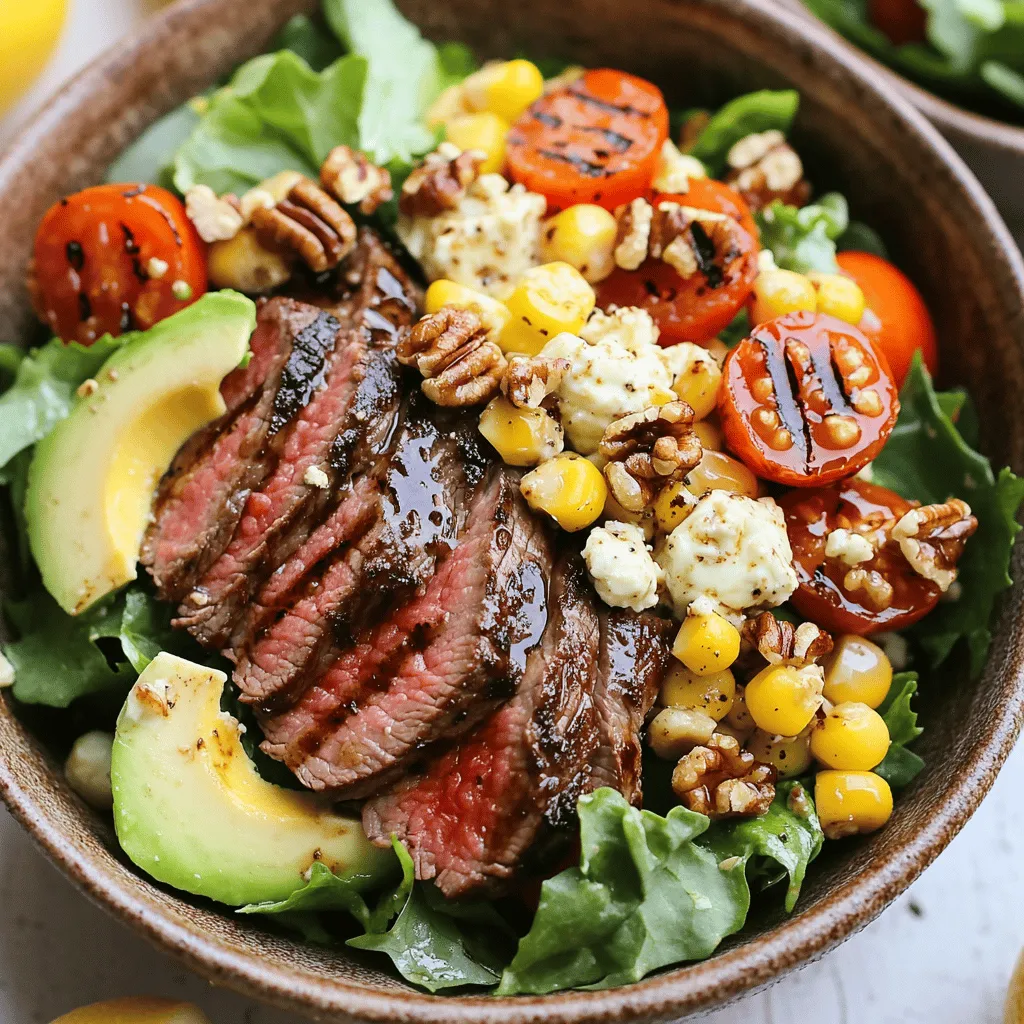 - 450 g Flankensteak - 2 frische Maiskolben - 180 g gemischte Salate - 150 g Kirschtomaten - 125 g Gorgonzola - 30 g Walnüsse - 1 Avocado - 2 Esslöffel Balsamico-Essig - 1 Esslöffel Olivenöl - 2 Esslöffel Honig - 1 Esslöffel Dijon-Senf - 2 Esslöffel Zitronensaft - Salz und Pfeffer - Grill oder Grillpfanne - Schüssel für das Dressing - Messer und Schneidebrett Diese Zutaten ergeben einen frischen und leckeren Salat. Die Kombination aus zartem Steak und cremigem Gorgonzola sorgt für ein tolles Geschmackserlebnis. Der gegrillte Mais bringt eine süße Note, die den Salat perfekt abrundet. Wenn du das Dressing machst, achte auf die Balance zwischen Süße und Säure. Das macht den Salat besonders lecker. Du findest das vollständige Rezept oben. Um das Steak lecker zu machen, bereite zuerst die Marinade vor. Mische in einer flachen Schale den Balsamico-Essig, das Olivenöl, Salz und Pfeffer gut zusammen. Diese Mischung gibt dem Steak viel Geschmack. Lege das Flankensteak in die Marinade. Achte darauf, dass es gut überzogen ist. Lass das Steak mindestens 30 Minuten bei Raumtemperatur ziehen. Du kannst es auch bis zu 2 Stunden im Kühlschrank marinieren. Heize deinen Grill oder die Grillpfanne auf mittlere bis hohe Hitze vor. Lege die frischen Maiskolben auf den Grill. Grill die Kolben etwa 10-12 Minuten lang. Wende sie manchmal, damit sie gleichmäßig garen. Der Mais sollte leicht angekohlt und zart sein. Nach dem Grillen lass den Mais kurz abkühlen. Schneide dann die Körner von den Kolben und lege sie beiseite. Nimm das Steak aus der Marinade. Grill es bei hoher Hitze. Grill das Steak etwa 5-6 Minuten pro Seite, bis es medium-rare ist oder die gewünschte Garstufe erreicht hat. Nach dem Grillen lass das Steak 5 Minuten ruhen. Danach schneide es dünn gegen die Faser. So bleibt es zart. Nimm eine große Schüssel. Vermenge die gemischten Salate, die gegrillten Maiskörner, die halbierten Kirschtomaten, den zerbröckelten Gorgonzola und die gehackten Walnüsse vorsichtig. Bereite das Dressing in einer kleinen Schüssel vor. Mische den Honig, den Dijon-Senf, den Zitronensaft sowie eine Prise Salz und Pfeffer gut. Das Dressing sollte gleichmäßig und gut vermischt sein. Träufle das Dressing über den Salat und mische alles vorsichtig, um alle Zutaten zu kombinieren. Für das vollständige Rezept schau dir bitte die [Full Recipe] an. Die Garstufen von Steak sind wichtig für den Geschmack. Hier sind die Schritte, um die perfekte Garstufe zu erreichen. - Medium-rare: Grillen Sie das Steak 5-6 Minuten pro Seite. Die Innentemperatur sollte 57-60°C betragen. - Medium: Grillen Sie das Steak 6-7 Minuten pro Seite. Die Innentemperatur sollte 63-68°C betragen. - Well-done: Grillen Sie das Steak 8-10 Minuten pro Seite. Die Innentemperatur sollte 70°C oder mehr betragen. Lassen Sie das Steak nach dem Grillen 5 Minuten ruhen. So bleibt der Saft im Fleisch. Das Dressing kann einfach angepasst werden. Hier sind einige Ideen für Alternativen: - Essig: Statt Balsamico verwenden Sie Apfelessig oder Rotweinessig. Beide geben einen anderen Geschmack. - Süßungsmittel: Statt Honig probieren Sie Ahornsirup oder Agavensirup. Diese sind ebenfalls lecker und süß. Experimentieren Sie mit verschiedenen Zutaten. So finden Sie die perfekte Mischung für Ihren Geschmack. Die Zutaten im Salat sind wichtig für den Genuss. Hier sind einige Vorschläge für zusätzliche Zutaten: - Gemüse: Fügen Sie Paprika oder Gurken hinzu für mehr Frische. - Kräuter: Frische Kräuter wie Basilikum oder Petersilie geben extra Geschmack. - Nüsse: Ersetzen Sie Walnüsse durch Mandeln oder Pekannüsse für einen anderen Crunch. Seien Sie kreativ mit Ihrer Salatzusammenstellung. Es gibt viele Wege, um Ihren Salat besonders zu machen. Probieren Sie den Balsamico-Rindersteak-Gorgonzola-Salat mit gegrilltem Mais aus und genießen Sie ihn in vollen Zügen! [Full Recipe] {{image_4}} Wenn du kein Fleisch magst, ersetze das Steak. Gegrillte Zucchini oder Portobello-Pilze sind tolle Alternativen. Sie bringen einen herzhaften Geschmack und viel Textur. Zucchini lässt sich leicht auf dem Grill zubereiten. Einfach in Scheiben schneiden, mit etwas Olivenöl bestreichen und grillen. Portobello-Pilze sind fleischig und sättigend. Diese Variante sorgt dafür, dass du trotzdem einen leckeren Salat genießen kannst. Wenn du mehr Protein möchtest, probiere Hähnchen oder Garnelen. Hähnchenbrust ist leicht und zart. Mariniere sie ähnlich wie das Steak und grille sie bis sie durch sind. Garnelen sind schnell zubereitet und haben einen feinen Geschmack. Wende sie einfach in etwas Olivenöl mit Gewürzen und grille sie kurz. Diese Optionen machen den Salat noch reichhaltiger. Nutze saisonales Gemüse für mehr Frische. Im Frühling sind Spargel und Radieschen toll. Sie bringen Farbe und Crunch in den Salat. Im Sommer kannst du frische Tomaten oder Gurken hinzufügen. Diese Zutaten sind saftig und lecker. Im Herbst passen geröstete Kürbiswürfel oder Äpfel gut dazu. Sie geben dem Salat eine süße Note. Achte darauf, frische Zutaten zu wählen, um den besten Geschmack zu erhalten. Um den Balsamico Steak Gorgonzola Salat mit gegrilltem Mais frisch zu halten, bewahre ihn im Kühlschrank auf. Verwende einen luftdichten Behälter, um das Aroma zu schützen. Stelle sicher, dass die Zutaten gut abgedeckt sind. So bleibt der Salat knackig und schmackhaft. Die Haltbarkeit der Zutaten variiert. Hier sind einige Anhaltspunkte: - Flankensteak: Frisch im Kühlschrank 3-5 Tage. - Gorgonzola: 1-2 Wochen, nach dem Öffnen. - Kirschtomaten: 1 Woche, bei Zimmertemperatur. - Avocado: 2-3 Tage, nach dem Schneiden. - Gemischte Salate: 3-5 Tage, gut verpackt. Einfrieren ist für diesen Salat nicht ideal. Das Gemüse wird matschig und verliert seine Textur. Das Steak kann jedoch eingefroren werden. Achte darauf, es gut einzuwickeln. Vor dem Servieren auftauen lassen und frisch anbraten. So bleibt es lecker. Für die vollständige Zubereitung des Salats schaue dir das [Full Recipe](#) an. Um das Steak perfekt vorzubereiten, marinieren Sie es zuerst. Mischen Sie Balsamico-Essig, Olivenöl, Salz und Pfeffer. Legen Sie das Flankensteak in die Marinade. Lassen Sie es mindestens 30 Minuten bei Raumtemperatur oder bis zu 2 Stunden im Kühlschrank ziehen. Dies gibt dem Fleisch Geschmack und macht es zart. Grillen Sie das Steak dann auf hoher Hitze, etwa 5-6 Minuten pro Seite. Lassen Sie es nach dem Grillen 5 Minuten ruhen, bevor Sie es schneiden. Ja, Sie können den Salat im Voraus zubereiten. Bereiten Sie die Zutaten wie den Salat, die Tomaten und den Mais vor. Mischen Sie alles, aber fügen Sie das Dressing erst kurz vor dem Servieren hinzu. So bleibt der Salat frisch und knackig. Sie können das Steak auch im Voraus grillen und im Kühlschrank aufbewahren. Denken Sie daran, es vorher wieder leicht zu erwärmen. Dieses Rezept ergibt 4 Portionen. Wenn Sie mehr Gäste haben, können Sie die Zutaten einfach verdoppeln. Denken Sie daran, auch die Grillzeit für das Steak und den Mais anzupassen. Dies stellt sicher, dass alles gleichmäßig und perfekt gegart ist. Zu diesem Salat passen viele Beilagen gut. Eine knusprige Baguette oder frisches Brot sind ideal. Auch ein leichter Joghurt-Dip oder eine Avocado-Creme ergänzen den Salat. Sie können auch gegrilltes Gemüse oder eine einfache Suppe servieren, um eine vollständige Mahlzeit zu kreieren. Dieser Salat bietet frisches Gemüse, zartes Steak und ein leckeres Dressing. Du hast gelernt, wie man das Steak richtig mariniert und grillt. Die Tipps zur perfekten Garstufe helfen dir, das Beste herauszuholen. Auch vegetarische und saisonale Varianten sind einfach umzusetzen. Denke an die Lagerung und Haltbarkeit der Zutaten. Mit all diesen Informationen kannst du jetzt einen großartigen Salat zubereiten. Viel Spaß beim Kochen!