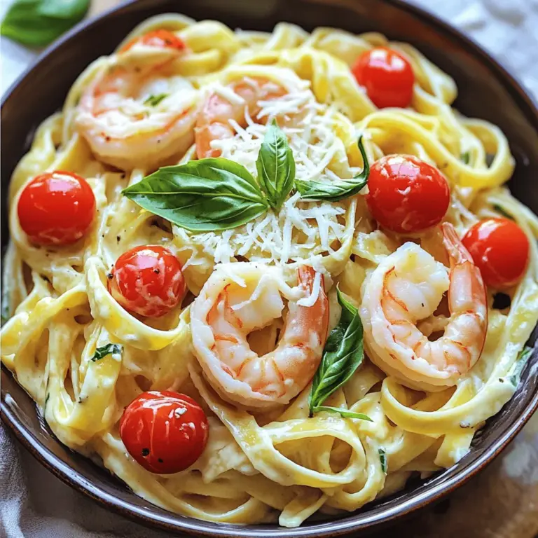 Für dieses köstliche Gericht brauchen Sie: - 225 g Fettuccine-Pasta - 450 g große Garnelen, geschält und entdarmt - 2 Esslöffel Olivenöl - 4 Knoblauchzehen, fein gehackt - 240 ml Schlagsahne - 120 g geriebener Mozzarella-Käse - 50 g frisch geriebener Parmesan - 150 g Cherrytomaten, halbiert Diese Zutaten ergeben eine perfekte Kombination. Die Fettuccine sind schön dick und halten die Sauce gut. Die Garnelen geben dem Gericht Protein und Geschmack. Die Kombination von Mozzarella und Parmesan macht die Sauce cremig und reichhaltig. Um das Gericht zu würzen, benötigen Sie: - 1 Teelöffel italienische Gewürzmischung - Salz und Pfeffer nach Geschmack Die italienische Gewürzmischung bringt viel Aroma ins Spiel. Salz und Pfeffer sind wichtig, um die Aromen zu verstärken. Sie können die Menge anpassen, je nach Ihrem Geschmack. Um die Pasta ansprechend zu servieren, empfehle ich: - Frische Basilikumblätter zur Garnitur Basilikum ist nicht nur lecker, sondern sieht auch toll aus. Die grünen Blätter bringen Farbe auf den Teller. Wenn Sie möchten, können Sie auch einige Cherrytomatenhälften als Dekoration verwenden. Für das *Full Recipe* schauen Sie sich die vorherige Beschreibung an. Kochen Sie zuerst die Fettuccine. Verwenden Sie einen großen Topf mit sprudelndem Salzwasser. Fügen Sie die Pasta hinzu und kochen Sie sie gemäß der Packungsanweisung al dente. Dies dauert etwa 10 bis 12 Minuten. Achten Sie darauf, die Pasta nicht zu überkochen. Nach dem Kochen gießen Sie die Pasta ab, aber bewahren Sie 120 ml Nudelwasser auf. Dieses Wasser hilft, die Sauce später zu verdünnen. Erhitzen Sie in einer großen Pfanne 2 Esslöffel Olivenöl bei mittlerer Hitze. Geben Sie die geschälten und entdarmten Garnelen in die Pfanne. Würzen Sie sie mit Salz und Pfeffer. Braten Sie die Garnelen 2 bis 3 Minuten pro Seite an. Sie sind fertig, wenn sie rosa und durchgegart sind. Nehmen Sie die Garnelen aus der Pfanne und stellen Sie sie beiseite. Dadurch bleibt der Geschmack der Garnelen erhalten. In derselben Pfanne fügen Sie 4 fein gehackte Knoblauchzehen hinzu. Braten Sie den Knoblauch etwa 1 Minute lang an, bis er duftet. Gießen Sie dann 240 ml Schlagsahne in die Pfanne. Rühren Sie die Mischung ständig um und bringen Sie sie zum Köcheln. Fügen Sie nach und nach 120 g geriebenen Mozzarella-Käse und 50 g frisch geriebenen Parmesan hinzu. Rühren Sie weiter, bis der Käse schmilzt und die Sauce cremig wird. Jetzt kombinieren Sie die gekochte Fettuccine mit den Garnelen und 150 g halbierten Cherrytomaten in die Sauce. Mischen Sie alles gut, bis die Pasta gleichmäßig bedeckt ist. Wenn die Sauce zu dick ist, fügen Sie vorsichtig das aufbewahrte Nudelwasser hinzu, bis die gewünschte Konsistenz erreicht ist. Rühren Sie 1 Teelöffel italienische Gewürzmischung unter und schmecken Sie mit Salz und Pfeffer ab. Erhitzen Sie alles für eine weitere Minute. Servieren Sie die cremige Mozzarella Garnelen Pasta heiß. Für das vollständige Rezept, schauen Sie sich den Abschnitt „Full Recipe“ an. Um Käse perfekt zu schmelzen, beginne mit Raumtemperatur. Kalter Käse schmilzt ungleichmäßig. Reibe den Mozzarella und Parmesan fein. So löst sich der Käse schnell in der Sauce. Rühre die Käse langsam ein, wenn die Sauce köchelt. Vermeide hohe Hitze, da der Käse sonst gummiartig wird. Das Geheimnis ist Geduld und ständiges Rühren. Garnelen sind schnell gar. Sie benötigen nur 2-3 Minuten pro Seite. Achte darauf, dass die Hitze nicht zu hoch ist. Wenn sie zu lange kochen, werden sie zäh. Schau, dass die Garnelen rosa und opak sind, dann sind sie perfekt. Nimm sie rechtzeitig aus der Pfanne, um ihre Zartheit zu bewahren. Die Präsentation macht viel aus. Serviere die Pasta in flachen Schalen. Streue extra Käse darüber für einen schönen Look. Füge frische Basilikumblätter hinzu, um Farbe zu bringen. Cherrytomatenhälften setzen auch einen tollen Akzent. Denk daran, dass das Auge mitisst. So bleibt dein Gericht nicht nur lecker, sondern sieht auch toll aus. Entdecke die [Full Recipe], um jedes Detail zu meistern. {{image_4}} Wenn Sie eine vegetarische Option suchen, können Sie die Garnelen einfach weglassen. Stattdessen können Sie Zucchini, Paprika oder Spinat verwenden. Diese Gemüse bringen Farbe und Geschmack in die Sauce. Braten Sie sie in Olivenöl an, bevor Sie den Knoblauch hinzufügen. So erhalten Sie einen leckeren, gesunden Twist. Um die cremige Mozzarella Garnelen Pasta noch schmackhafter zu machen, probieren Sie verschiedene Zutaten. Sonnengetrocknete Tomaten fügen einen süßen, intensiven Geschmack hinzu. Auch eine Prise Chili kann der Sauce eine scharfe Note verleihen. Für mehr Textur können Sie auch Pinienkerne oder Walnüsse hinzufügen. Diese ergänzen die Cremigkeit perfekt. Wenn Sie eine leichtere Variante möchten, verwenden Sie weniger Sahne. Stattdessen können Sie griechischen Joghurt oder Cashewcreme verwenden. Diese Optionen sind gesund und bieten einen tollen Geschmack. Auch Vollkornnudeln sind eine gute Wahl. Sie sind reich an Ballaststoffen und geben der Pasta mehr Biss. So bleibt der Genuss ohne schlechtes Gewissen. Für das komplette Rezept schauen Sie bitte in die [Full Recipe]. Um Reste Ihrer cremigen Mozzarella Garnelen Pasta zu lagern, verwenden Sie einen luftdichten Behälter. Lassen Sie die Pasta zuerst auf Raumtemperatur abkühlen. Dann fügen Sie die Reste in den Behälter und schließen ihn gut. So bleibt die Pasta frisch und lecker. Lagern Sie die Reste im Kühlschrank. Dort halten sie sich bis zu drei Tage. Beim Aufwärmen empfehle ich, die Pasta in einer Pfanne zu erhitzen. Fügen Sie etwas Olivenöl oder Sahne hinzu, um die Sauce wieder cremig zu machen. Erhitzen Sie die Pasta bei mittlerer Hitze. Rühren Sie oft um, damit nichts anbrennt. Achten Sie darauf, die Garnelen nicht zu lange zu erhitzen. Sie werden sonst gummiartig. Die Zutaten haben unterschiedliche Haltbarkeiten. Frische Garnelen halten sich im Kühlschrank ein bis zwei Tage. Fettuccine-Pasta kann trocken bis zu einem Jahr halten. Die Schlagsahne ist im Kühlschrank etwa eine Woche haltbar, nachdem sie geöffnet wurde. Mozzarella sollte innerhalb von fünf bis sieben Tagen nach dem Öffnen verwendet werden. Die fertige Pasta bleibt im Kühlschrank bis zu drei Tage frisch. Um die Sauce dicker zu machen, gibt es einfache Möglichkeiten. Sie können mehr Käse hinzufügen, um die Cremigkeit zu erhöhen. Parmesan oder Mozzarella funktionieren gut. Eine andere Methode ist, die Sauce länger köcheln zu lassen. Dadurch verdampft etwas Flüssigkeit und die Sauce wird dicker. Wenn die Sauce jedoch zu dick wird, geben Sie etwas von dem aufbewahrten Nudelwasser hinzu. Das hilft, die gewünschte Konsistenz zu erreichen. Ja, gefrorene Garnelen sind eine gute Option. Achten Sie darauf, sie vor der Verwendung gut aufzutauen. Lassen Sie die Garnelen einfach im Kühlschrank über Nacht auftauen. Wenn es schnell gehen muss, können Sie sie auch unter kaltem Wasser abspülen. Gefrorene Garnelen können beim Kochen etwas länger brauchen. Achten Sie darauf, dass sie vollständig rosa und durchgegart sind, bevor Sie sie aus der Pfanne nehmen. Zu dieser Pasta passen verschiedene Beilagen gut. Ein einfacher grüner Salat bringt Frische auf den Tisch. Ein Knoblauchbrot ergänzt die Aromen der Pasta perfekt. Sie können auch geröstetes Gemüse servieren, um eine gesunde Note hinzuzufügen. Für eine besondere Note bieten sich gebratene Zucchini oder Spargel an. Diese Optionen runden Ihr Gericht ab und machen es noch schmackhafter. Zusammenfassend haben wir die Hauptzutaten für die cremige Mozzarella Garnelen-Pasta durchgesehen. Ich habe erklärt, wie man die Pasta kocht und die Garnelen perfekt anbrät. Tipps für die Sauce und Präsentation helfen dir, das Beste aus deinem Gericht herauszuholen. Denk daran, Variationen auszuprobieren, um neue Geschmäcker zu erzielen. Mit den Aufbewahrungshinweisen bleibt deine Pasta frisch. Nutze die FAQs für weitere Klarheit. Kochen kann Spaß machen. Mit diesen einfachen Schritten zauberst du ein schnelles und leckeres Gericht.