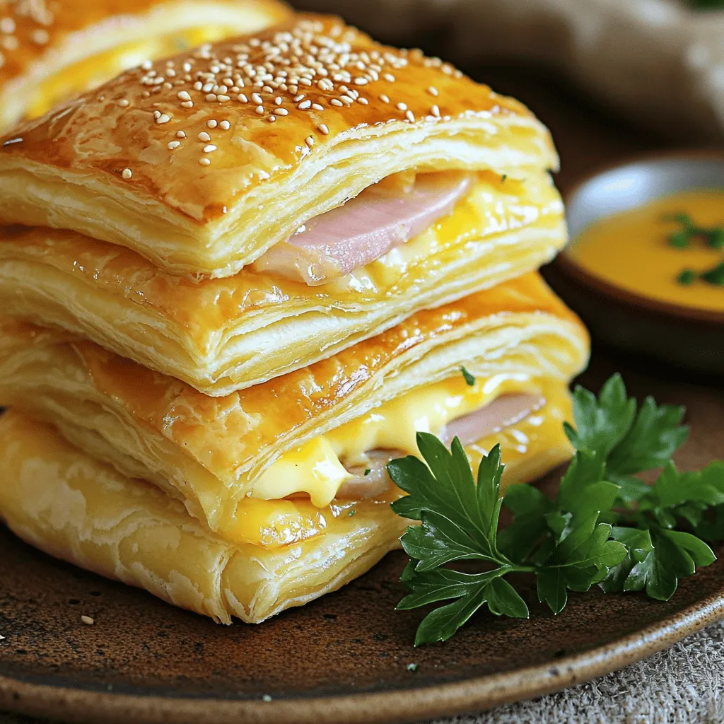 - 1 Paket (400g) gefrorenes Blätterteig - 200g Schinken, dünn geschnitten - 200g Käse (z.B. Emmental oder Gouda), in Scheiben - 1 Ei, geschlagen (zum Bestreichen) - 2 EL Dijon-Senf - 1 EL frische Petersilie, gehackt - 1 TL Paprikapulver - Salz und Pfeffer nach Geschmack - Sesamsamen zum Bestreuen (optional)