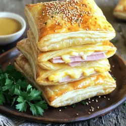 - 1 Paket (400g) gefrorenes Blätterteig - 200g Schinken, dünn geschnitten - 200g Käse (z.B. Emmental oder Gouda), in Scheiben - 1 Ei, geschlagen (zum Bestreichen) - 2 EL Dijon-Senf - 1 EL frische Petersilie, gehackt - 1 TL Paprikapulver - Salz und Pfeffer nach Geschmack - Sesamsamen zum Bestreuen (optional)