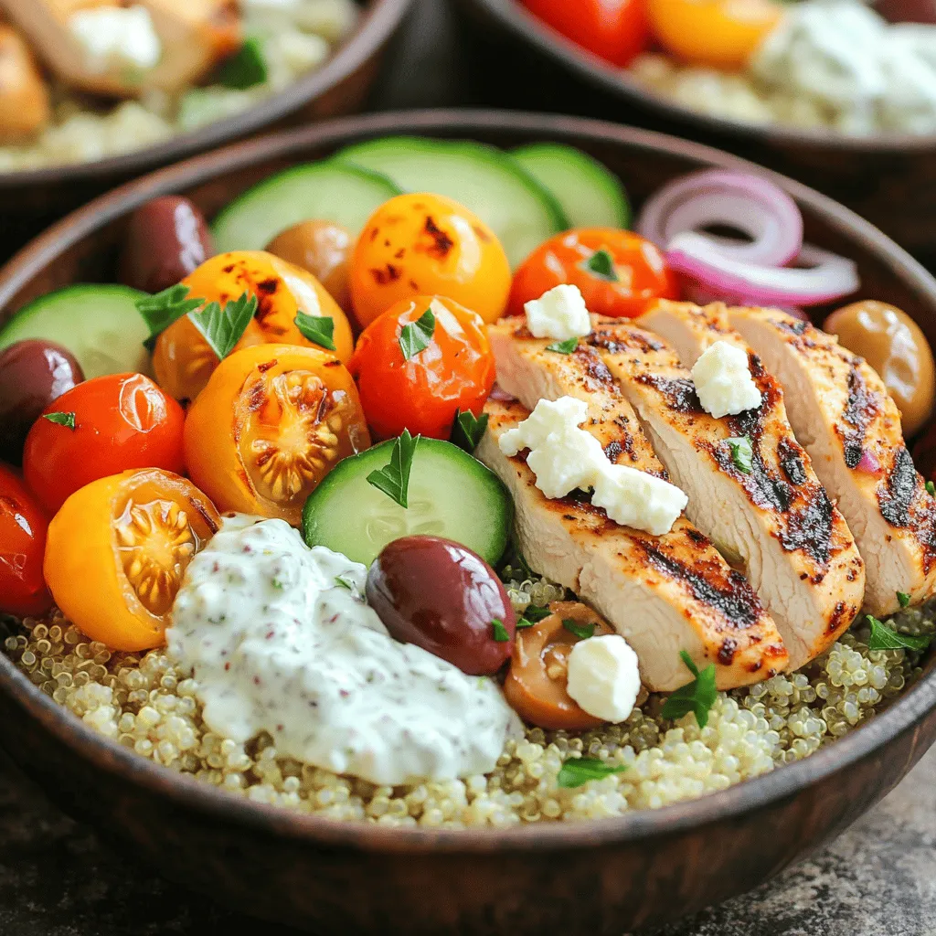 Für die griechischen Hähnchen-Bowls brauchst du folgende Zutaten: - 450 g Hähnchenbrustfilets (entbeint und ohne Haut) - 2 Esslöffel Olivenöl - 2 Teelöffel getrockneter Oregano - 1 Teelöffel Knoblauchpulver - 1 Teelöffel Paprika - Salz und Pfeffer nach Geschmack - 240 ml gekochter Quinoa - 1 Tasse Kirschtomaten, halbiert - 1 Gurke, gewürfelt - ½ rote Zwiebel, dünn geschnitten - 1 Tasse Kalamata-Oliven, entsteint und halbiert - 1 Tasse Feta-Käse, zerbröselt - Frische Petersilie, gehackt (zum Garnieren) - 60 ml Tzatziki-Sauce (fertig gekauft oder selbstgemacht) Frische Zutaten sind wichtig für den besten Geschmack. Du kannst frische Kräuter wie Dill oder Minze hinzufügen. Wenn du kein Hähnchen magst, probiere Tofu oder Kichererbsen. Diese Optionen sind auch reich an Proteinen. Für eine glutenfreie Variante nimm Quinoa oder Reis. Gemüse wie Paprika oder Spinat passen ebenfalls gut. Diese Bowls sind leicht anpassbar. Für eine kleinere Portion kannst du die Zutaten halbieren. Wenn du mehr Gemüse möchtest, füge einfach mehr Kirschtomaten oder Gurken hinzu. Vegan? Lass den Feta weg und nutze Avocado für Cremigkeit. So kannst du die Bowls nach deinen Wünschen gestalten. Das Marinieren des Hähnchens ist ein wichtiger Schritt. Eine gute Marinade macht das Hähnchen saftig und lecker. Für die griechischen Hähnchen-Bowls verwende ich Olivenöl, Oregano, Knoblauchpulver, Paprika, Salz und Pfeffer. Diese Zutaten geben dem Hähnchen tollen Geschmack. Lass das Hähnchen mindestens 30 Minuten marinieren. Wenn du mehr Zeit hast, mariniere es bis zu 2 Stunden. So zieht der Geschmack besser ein. Wenn das Hähnchen gut mariniert ist, ist es bereit, auf den Grill oder in die Pfanne zu kommen. Das Garen des Hähnchens kann auf zwei Arten erfolgen: Grillen oder Braten. Beide Methoden sind einfach und lecker. Ich empfehle, einen Grill oder eine Pfanne bei mittlerer bis hoher Hitze vorzuheizen. Grille das Hähnchen etwa 5-7 Minuten auf jeder Seite. Achte darauf, dass es vollständig durchgegart ist. Der Saft sollte klar sein. Nach dem Garen lasse das Hähnchen ein paar Minuten ruhen. So bleibt es saftig. Danach schneide es in Scheiben. Das Anrichten der Bowls macht viel Spaß und sieht toll aus. Beginne mit einer Schicht gekochtem Quinoa als Basis. Quinoa ist nahrhaft und macht die Bowl sättigend. Füge dann die frischen Zutaten hinzu. Halbiere die Kirschtomaten, würfle die Gurke und schneide die rote Zwiebel dünn. Arrangiere die Zutaten schön in der Bowl. Das Auge isst mit! Lege die Hähnchenscheiben auf das Gemüse. Zum Schluss streue Feta-Käse darüber und füge Tzatziki hinzu. Ein bisschen gehackte Petersilie rundet das Gericht ab. So sieht jede Bowl einladend und lecker aus. Für das komplette Rezept schaue dir die [Full Recipe] an. Die Gewürze machen den Unterschied. Ich liebe die Kombination von Oregano, Knoblauchpulver und Paprika. Diese Mischung bringt den Geschmack des Hähnchens zum Strahlen. Du kannst auch etwas Zitronensaft hinzufügen. Das gibt einen frischen Kick. Meal Prep spart Zeit. Bereite das Hähnchen im Voraus zu. Mariniere es am Abend vorher. Lege das marinierte Hähnchen in den Kühlschrank. Du kannst auch das Gemüse schneiden. Lagere es in Behältern. So kannst du alles schnell zusammenstellen. Beide Methoden haben ihre Vorteile. Grillen gibt dem Hähnchen einen rauchigen Geschmack. Es wird außen knusprig und innen saftig. Braten ist schnell und einfach. Du kannst das Hähnchen in einer Pfanne zubereiten. Der Nachteil ist, dass es weniger rauchig schmeckt. Wähle die Methode, die dir besser gefällt. {{image_4}} Wenn Sie eine vegetarische oder vegane Option suchen, sind Tofu oder Kichererbsen großartige Alternativen. Für Tofu verwenden Sie festen Tofu. Marinieren Sie ihn ähnlich wie das Hähnchen. Sie können auch Kichererbsen rösten, um ihnen einen tollen Geschmack zu geben. Diese Optionen sorgen für die gleiche Fülle und sind sehr nahrhaft. Die Sauce macht einen großen Unterschied! Neben Tzatziki probieren Sie Hummus oder eine Zitronen-Vinaigrette. Diese Dressings verleihen den Bowls neue Geschmäcker. Sie können auch eine scharfe Sauce hinzufügen, wenn Sie es würziger mögen. Variieren Sie die Saucen nach Ihrem Geschmack und Ihrer Stimmung. Nutzen Sie saisonale Zutaten, um Ihre Bowls aufregend zu halten. Im Sommer fügen Sie gegrillte Paprika oder Zucchini hinzu. Im Herbst können Sie Kürbiswürfel verwenden. Diese frischen Zutaten bringen mehr Farbe und Nährstoffe in Ihr Gericht. Es macht auch Spaß, mit verschiedenen Aromen zu experimentieren und neue Kombinationen zu finden. Für das volle Rezept Ihrer griechischen Hähnchen-Bowls schauen Sie sich die vollständige Anleitung an. Wenn Sie Reste Ihrer griechischen Hähnchen-Bowls haben, bewahren Sie sie am besten in einem luftdichten Behälter auf. Lassen Sie die Bowls vor dem Schließen etwas abkühlen. So bleiben die Aromen frisch. Lagern Sie die Reste im Kühlschrank. Sie bleiben dort bis zu drei Tage gut. Um die Qualität Ihrer Bowls beim Aufwärmen zu bewahren, verwenden Sie die Mikrowelle oder den Ofen. Wenn Sie die Mikrowelle nutzen, stellen Sie die Leistung auf mittel. Erwärmen Sie die Bowls in kurzen Intervallen von 30 Sekunden. Rühren Sie zwischendurch um. Im Ofen heizen Sie ihn auf 180 Grad vor. Legen Sie die Bowls in eine Auflaufform und decken Sie sie mit Folie ab. So bleibt die Feuchtigkeit erhalten. Die einzelnen Zutaten Ihrer griechischen Hähnchen-Bowls haben unterschiedliche Haltbarkeiten: - Hähnchenbrust: 1-2 Tage im Kühlschrank, 3-6 Monate im Gefrierfach. - Quinoa: 5 Jahre trocken, 4-5 Tage gekocht im Kühlschrank. - Gemüse (wie Gurken und Tomaten): 3-5 Tage frisch im Kühlschrank. - Feta-Käse: 1 Woche nach dem Öffnen im Kühlschrank. - Tzatziki: 3-5 Tage im Kühlschrank, je nach Zutaten. Durch richtiges Lagern bleibt Ihr Essen frisch und lecker. Sie können die griechischen Hähnchen-Bowls bis zu drei Tage im Kühlschrank aufbewahren. Lagern Sie die Bowls in einem luftdichten Behälter. Das hilft, die Frische zu erhalten. Achten Sie darauf, die Hähnchenstücke und das Gemüse gut abzudecken. So bleibt alles lecker und saftig. Ja, Sie können die Bowls im Voraus zubereiten. Marinieren Sie das Hähnchen am Morgen. Grillen oder braten Sie es dann nach Ihrem Zeitplan. Bereiten Sie die anderen Zutaten vor und lagern Sie sie getrennt. So bleiben die Texturen frisch. Sie können die Bowls auch für ein schnelles Mittagessen oder Abendessen an einem arbeitsreichen Tag nutzen. Zu griechischen Hähnchen-Bowls passen viele köstliche Beilagen. Hier sind einige Ideen: - Fladenbrot oder Pita - Gegrilltes Gemüse - Hummus oder andere Dips - Ein frischer Salat mit Zitronen-Dressing - Reis oder Couscous Diese Beilagen ergänzen die Aromen der Bowls wunderbar. Sie machen die Mahlzeit noch abwechslungsreicher und schmackhafter. Zusammenfassend haben wir die wichtigsten Zutaten und deren Variationen für griechische Hähnchen-Bowls besprochen. Wir lernten, wie man das Hähnchen optimal zubereitet und schön anrichtet. Mit den Tipps zu Gewürzen und Meal Prep spart man Zeit und bringt noch mehr Geschmack. Denken Sie daran, die Resten gut zu lagern und wieder aufzuwärmen, damit nichts verloren geht. Experimentieren Sie mit verschiedenen Saucen und saisonalen Zutaten. So wird jede Bowl ein neues Geschmackserlebnis. Kochen sollte Spaß machen und einfach sein!