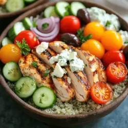 Für die griechischen Hähnchen-Bowls brauchst du folgende Zutaten: - 450 g Hähnchenbrustfilets (entbeint und ohne Haut) - 2 Esslöffel Olivenöl - 2 Teelöffel getrockneter Oregano - 1 Teelöffel Knoblauchpulver - 1 Teelöffel Paprika - Salz und Pfeffer nach Geschmack - 240 ml gekochter Quinoa - 1 Tasse Kirschtomaten, halbiert - 1 Gurke, gewürfelt - ½ rote Zwiebel, dünn geschnitten - 1 Tasse Kalamata-Oliven, entsteint und halbiert - 1 Tasse Feta-Käse, zerbröselt - Frische Petersilie, gehackt (zum Garnieren) - 60 ml Tzatziki-Sauce (fertig gekauft oder selbstgemacht) Frische Zutaten sind wichtig für den besten Geschmack. Du kannst frische Kräuter wie Dill oder Minze hinzufügen. Wenn du kein Hähnchen magst, probiere Tofu oder Kichererbsen. Diese Optionen sind auch reich an Proteinen. Für eine glutenfreie Variante nimm Quinoa oder Reis. Gemüse wie Paprika oder Spinat passen ebenfalls gut. Diese Bowls sind leicht anpassbar. Für eine kleinere Portion kannst du die Zutaten halbieren. Wenn du mehr Gemüse möchtest, füge einfach mehr Kirschtomaten oder Gurken hinzu. Vegan? Lass den Feta weg und nutze Avocado für Cremigkeit. So kannst du die Bowls nach deinen Wünschen gestalten. Das Marinieren des Hähnchens ist ein wichtiger Schritt. Eine gute Marinade macht das Hähnchen saftig und lecker. Für die griechischen Hähnchen-Bowls verwende ich Olivenöl, Oregano, Knoblauchpulver, Paprika, Salz und Pfeffer. Diese Zutaten geben dem Hähnchen tollen Geschmack. Lass das Hähnchen mindestens 30 Minuten marinieren. Wenn du mehr Zeit hast, mariniere es bis zu 2 Stunden. So zieht der Geschmack besser ein. Wenn das Hähnchen gut mariniert ist, ist es bereit, auf den Grill oder in die Pfanne zu kommen. Das Garen des Hähnchens kann auf zwei Arten erfolgen: Grillen oder Braten. Beide Methoden sind einfach und lecker. Ich empfehle, einen Grill oder eine Pfanne bei mittlerer bis hoher Hitze vorzuheizen. Grille das Hähnchen etwa 5-7 Minuten auf jeder Seite. Achte darauf, dass es vollständig durchgegart ist. Der Saft sollte klar sein. Nach dem Garen lasse das Hähnchen ein paar Minuten ruhen. So bleibt es saftig. Danach schneide es in Scheiben. Das Anrichten der Bowls macht viel Spaß und sieht toll aus. Beginne mit einer Schicht gekochtem Quinoa als Basis. Quinoa ist nahrhaft und macht die Bowl sättigend. Füge dann die frischen Zutaten hinzu. Halbiere die Kirschtomaten, würfle die Gurke und schneide die rote Zwiebel dünn. Arrangiere die Zutaten schön in der Bowl. Das Auge isst mit! Lege die Hähnchenscheiben auf das Gemüse. Zum Schluss streue Feta-Käse darüber und füge Tzatziki hinzu. Ein bisschen gehackte Petersilie rundet das Gericht ab. So sieht jede Bowl einladend und lecker aus. Für das komplette Rezept schaue dir die [Full Recipe] an. Die Gewürze machen den Unterschied. Ich liebe die Kombination von Oregano, Knoblauchpulver und Paprika. Diese Mischung bringt den Geschmack des Hähnchens zum Strahlen. Du kannst auch etwas Zitronensaft hinzufügen. Das gibt einen frischen Kick. Meal Prep spart Zeit. Bereite das Hähnchen im Voraus zu. Mariniere es am Abend vorher. Lege das marinierte Hähnchen in den Kühlschrank. Du kannst auch das Gemüse schneiden. Lagere es in Behältern. So kannst du alles schnell zusammenstellen. Beide Methoden haben ihre Vorteile. Grillen gibt dem Hähnchen einen rauchigen Geschmack. Es wird außen knusprig und innen saftig. Braten ist schnell und einfach. Du kannst das Hähnchen in einer Pfanne zubereiten. Der Nachteil ist, dass es weniger rauchig schmeckt. Wähle die Methode, die dir besser gefällt. {{image_4}} Wenn Sie eine vegetarische oder vegane Option suchen, sind Tofu oder Kichererbsen großartige Alternativen. Für Tofu verwenden Sie festen Tofu. Marinieren Sie ihn ähnlich wie das Hähnchen. Sie können auch Kichererbsen rösten, um ihnen einen tollen Geschmack zu geben. Diese Optionen sorgen für die gleiche Fülle und sind sehr nahrhaft. Die Sauce macht einen großen Unterschied! Neben Tzatziki probieren Sie Hummus oder eine Zitronen-Vinaigrette. Diese Dressings verleihen den Bowls neue Geschmäcker. Sie können auch eine scharfe Sauce hinzufügen, wenn Sie es würziger mögen. Variieren Sie die Saucen nach Ihrem Geschmack und Ihrer Stimmung. Nutzen Sie saisonale Zutaten, um Ihre Bowls aufregend zu halten. Im Sommer fügen Sie gegrillte Paprika oder Zucchini hinzu. Im Herbst können Sie Kürbiswürfel verwenden. Diese frischen Zutaten bringen mehr Farbe und Nährstoffe in Ihr Gericht. Es macht auch Spaß, mit verschiedenen Aromen zu experimentieren und neue Kombinationen zu finden. Für das volle Rezept Ihrer griechischen Hähnchen-Bowls schauen Sie sich die vollständige Anleitung an. Wenn Sie Reste Ihrer griechischen Hähnchen-Bowls haben, bewahren Sie sie am besten in einem luftdichten Behälter auf. Lassen Sie die Bowls vor dem Schließen etwas abkühlen. So bleiben die Aromen frisch. Lagern Sie die Reste im Kühlschrank. Sie bleiben dort bis zu drei Tage gut. Um die Qualität Ihrer Bowls beim Aufwärmen zu bewahren, verwenden Sie die Mikrowelle oder den Ofen. Wenn Sie die Mikrowelle nutzen, stellen Sie die Leistung auf mittel. Erwärmen Sie die Bowls in kurzen Intervallen von 30 Sekunden. Rühren Sie zwischendurch um. Im Ofen heizen Sie ihn auf 180 Grad vor. Legen Sie die Bowls in eine Auflaufform und decken Sie sie mit Folie ab. So bleibt die Feuchtigkeit erhalten. Die einzelnen Zutaten Ihrer griechischen Hähnchen-Bowls haben unterschiedliche Haltbarkeiten: - Hähnchenbrust: 1-2 Tage im Kühlschrank, 3-6 Monate im Gefrierfach. - Quinoa: 5 Jahre trocken, 4-5 Tage gekocht im Kühlschrank. - Gemüse (wie Gurken und Tomaten): 3-5 Tage frisch im Kühlschrank. - Feta-Käse: 1 Woche nach dem Öffnen im Kühlschrank. - Tzatziki: 3-5 Tage im Kühlschrank, je nach Zutaten. Durch richtiges Lagern bleibt Ihr Essen frisch und lecker. Sie können die griechischen Hähnchen-Bowls bis zu drei Tage im Kühlschrank aufbewahren. Lagern Sie die Bowls in einem luftdichten Behälter. Das hilft, die Frische zu erhalten. Achten Sie darauf, die Hähnchenstücke und das Gemüse gut abzudecken. So bleibt alles lecker und saftig. Ja, Sie können die Bowls im Voraus zubereiten. Marinieren Sie das Hähnchen am Morgen. Grillen oder braten Sie es dann nach Ihrem Zeitplan. Bereiten Sie die anderen Zutaten vor und lagern Sie sie getrennt. So bleiben die Texturen frisch. Sie können die Bowls auch für ein schnelles Mittagessen oder Abendessen an einem arbeitsreichen Tag nutzen. Zu griechischen Hähnchen-Bowls passen viele köstliche Beilagen. Hier sind einige Ideen: - Fladenbrot oder Pita - Gegrilltes Gemüse - Hummus oder andere Dips - Ein frischer Salat mit Zitronen-Dressing - Reis oder Couscous Diese Beilagen ergänzen die Aromen der Bowls wunderbar. Sie machen die Mahlzeit noch abwechslungsreicher und schmackhafter. Zusammenfassend haben wir die wichtigsten Zutaten und deren Variationen für griechische Hähnchen-Bowls besprochen. Wir lernten, wie man das Hähnchen optimal zubereitet und schön anrichtet. Mit den Tipps zu Gewürzen und Meal Prep spart man Zeit und bringt noch mehr Geschmack. Denken Sie daran, die Resten gut zu lagern und wieder aufzuwärmen, damit nichts verloren geht. Experimentieren Sie mit verschiedenen Saucen und saisonalen Zutaten. So wird jede Bowl ein neues Geschmackserlebnis. Kochen sollte Spaß machen und einfach sein!