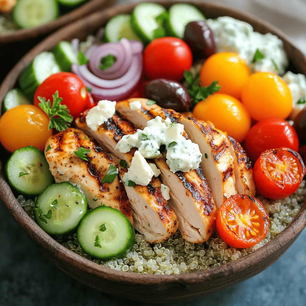 Für die griechischen Hähnchen-Bowls brauchst du folgende Zutaten: - 450 g Hähnchenbrustfilets (entbeint und ohne Haut) - 2 Esslöffel Olivenöl - 2 Teelöffel getrockneter Oregano - 1 Teelöffel Knoblauchpulver - 1 Teelöffel Paprika - Salz und Pfeffer nach Geschmack - 240 ml gekochter Quinoa - 1 Tasse Kirschtomaten, halbiert - 1 Gurke, gewürfelt - ½ rote Zwiebel, dünn geschnitten - 1 Tasse Kalamata-Oliven, entsteint und halbiert - 1 Tasse Feta-Käse, zerbröselt - Frische Petersilie, gehackt (zum Garnieren) - 60 ml Tzatziki-Sauce (fertig gekauft oder selbstgemacht) Frische Zutaten sind wichtig für den besten Geschmack. Du kannst frische Kräuter wie Dill oder Minze hinzufügen. Wenn du kein Hähnchen magst, probiere Tofu oder Kichererbsen. Diese Optionen sind auch reich an Proteinen. Für eine glutenfreie Variante nimm Quinoa oder Reis. Gemüse wie Paprika oder Spinat passen ebenfalls gut. Diese Bowls sind leicht anpassbar. Für eine kleinere Portion kannst du die Zutaten halbieren. Wenn du mehr Gemüse möchtest, füge einfach mehr Kirschtomaten oder Gurken hinzu. Vegan? Lass den Feta weg und nutze Avocado für Cremigkeit. So kannst du die Bowls nach deinen Wünschen gestalten. Das Marinieren des Hähnchens ist ein wichtiger Schritt. Eine gute Marinade macht das Hähnchen saftig und lecker. Für die griechischen Hähnchen-Bowls verwende ich Olivenöl, Oregano, Knoblauchpulver, Paprika, Salz und Pfeffer. Diese Zutaten geben dem Hähnchen tollen Geschmack. Lass das Hähnchen mindestens 30 Minuten marinieren. Wenn du mehr Zeit hast, mariniere es bis zu 2 Stunden. So zieht der Geschmack besser ein. Wenn das Hähnchen gut mariniert ist, ist es bereit, auf den Grill oder in die Pfanne zu kommen. Das Garen des Hähnchens kann auf zwei Arten erfolgen: Grillen oder Braten. Beide Methoden sind einfach und lecker. Ich empfehle, einen Grill oder eine Pfanne bei mittlerer bis hoher Hitze vorzuheizen. Grille das Hähnchen etwa 5-7 Minuten auf jeder Seite. Achte darauf, dass es vollständig durchgegart ist. Der Saft sollte klar sein. Nach dem Garen lasse das Hähnchen ein paar Minuten ruhen. So bleibt es saftig. Danach schneide es in Scheiben. Das Anrichten der Bowls macht viel Spaß und sieht toll aus. Beginne mit einer Schicht gekochtem Quinoa als Basis. Quinoa ist nahrhaft und macht die Bowl sättigend. Füge dann die frischen Zutaten hinzu. Halbiere die Kirschtomaten, würfle die Gurke und schneide die rote Zwiebel dünn. Arrangiere die Zutaten schön in der Bowl. Das Auge isst mit! Lege die Hähnchenscheiben auf das Gemüse. Zum Schluss streue Feta-Käse darüber und füge Tzatziki hinzu. Ein bisschen gehackte Petersilie rundet das Gericht ab. So sieht jede Bowl einladend und lecker aus. Für das komplette Rezept schaue dir die [Full Recipe] an. Die Gewürze machen den Unterschied. Ich liebe die Kombination von Oregano, Knoblauchpulver und Paprika. Diese Mischung bringt den Geschmack des Hähnchens zum Strahlen. Du kannst auch etwas Zitronensaft hinzufügen. Das gibt einen frischen Kick. Meal Prep spart Zeit. Bereite das Hähnchen im Voraus zu. Mariniere es am Abend vorher. Lege das marinierte Hähnchen in den Kühlschrank. Du kannst auch das Gemüse schneiden. Lagere es in Behältern. So kannst du alles schnell zusammenstellen. Beide Methoden haben ihre Vorteile. Grillen gibt dem Hähnchen einen rauchigen Geschmack. Es wird außen knusprig und innen saftig. Braten ist schnell und einfach. Du kannst das Hähnchen in einer Pfanne zubereiten. Der Nachteil ist, dass es weniger rauchig schmeckt. Wähle die Methode, die dir besser gefällt. {{image_4}} Wenn Sie eine vegetarische oder vegane Option suchen, sind Tofu oder Kichererbsen großartige Alternativen. Für Tofu verwenden Sie festen Tofu. Marinieren Sie ihn ähnlich wie das Hähnchen. Sie können auch Kichererbsen rösten, um ihnen einen tollen Geschmack zu geben. Diese Optionen sorgen für die gleiche Fülle und sind sehr nahrhaft. Die Sauce macht einen großen Unterschied! Neben Tzatziki probieren Sie Hummus oder eine Zitronen-Vinaigrette. Diese Dressings verleihen den Bowls neue Geschmäcker. Sie können auch eine scharfe Sauce hinzufügen, wenn Sie es würziger mögen. Variieren Sie die Saucen nach Ihrem Geschmack und Ihrer Stimmung. Nutzen Sie saisonale Zutaten, um Ihre Bowls aufregend zu halten. Im Sommer fügen Sie gegrillte Paprika oder Zucchini hinzu. Im Herbst können Sie Kürbiswürfel verwenden. Diese frischen Zutaten bringen mehr Farbe und Nährstoffe in Ihr Gericht. Es macht auch Spaß, mit verschiedenen Aromen zu experimentieren und neue Kombinationen zu finden. Für das volle Rezept Ihrer griechischen Hähnchen-Bowls schauen Sie sich die vollständige Anleitung an. Wenn Sie Reste Ihrer griechischen Hähnchen-Bowls haben, bewahren Sie sie am besten in einem luftdichten Behälter auf. Lassen Sie die Bowls vor dem Schließen etwas abkühlen. So bleiben die Aromen frisch. Lagern Sie die Reste im Kühlschrank. Sie bleiben dort bis zu drei Tage gut. Um die Qualität Ihrer Bowls beim Aufwärmen zu bewahren, verwenden Sie die Mikrowelle oder den Ofen. Wenn Sie die Mikrowelle nutzen, stellen Sie die Leistung auf mittel. Erwärmen Sie die Bowls in kurzen Intervallen von 30 Sekunden. Rühren Sie zwischendurch um. Im Ofen heizen Sie ihn auf 180 Grad vor. Legen Sie die Bowls in eine Auflaufform und decken Sie sie mit Folie ab. So bleibt die Feuchtigkeit erhalten. Die einzelnen Zutaten Ihrer griechischen Hähnchen-Bowls haben unterschiedliche Haltbarkeiten: - Hähnchenbrust: 1-2 Tage im Kühlschrank, 3-6 Monate im Gefrierfach. - Quinoa: 5 Jahre trocken, 4-5 Tage gekocht im Kühlschrank. - Gemüse (wie Gurken und Tomaten): 3-5 Tage frisch im Kühlschrank. - Feta-Käse: 1 Woche nach dem Öffnen im Kühlschrank. - Tzatziki: 3-5 Tage im Kühlschrank, je nach Zutaten. Durch richtiges Lagern bleibt Ihr Essen frisch und lecker. Sie können die griechischen Hähnchen-Bowls bis zu drei Tage im Kühlschrank aufbewahren. Lagern Sie die Bowls in einem luftdichten Behälter. Das hilft, die Frische zu erhalten. Achten Sie darauf, die Hähnchenstücke und das Gemüse gut abzudecken. So bleibt alles lecker und saftig. Ja, Sie können die Bowls im Voraus zubereiten. Marinieren Sie das Hähnchen am Morgen. Grillen oder braten Sie es dann nach Ihrem Zeitplan. Bereiten Sie die anderen Zutaten vor und lagern Sie sie getrennt. So bleiben die Texturen frisch. Sie können die Bowls auch für ein schnelles Mittagessen oder Abendessen an einem arbeitsreichen Tag nutzen. Zu griechischen Hähnchen-Bowls passen viele köstliche Beilagen. Hier sind einige Ideen: - Fladenbrot oder Pita - Gegrilltes Gemüse - Hummus oder andere Dips - Ein frischer Salat mit Zitronen-Dressing - Reis oder Couscous Diese Beilagen ergänzen die Aromen der Bowls wunderbar. Sie machen die Mahlzeit noch abwechslungsreicher und schmackhafter. Zusammenfassend haben wir die wichtigsten Zutaten und deren Variationen für griechische Hähnchen-Bowls besprochen. Wir lernten, wie man das Hähnchen optimal zubereitet und schön anrichtet. Mit den Tipps zu Gewürzen und Meal Prep spart man Zeit und bringt noch mehr Geschmack. Denken Sie daran, die Resten gut zu lagern und wieder aufzuwärmen, damit nichts verloren geht. Experimentieren Sie mit verschiedenen Saucen und saisonalen Zutaten. So wird jede Bowl ein neues Geschmackserlebnis. Kochen sollte Spaß machen und einfach sein!