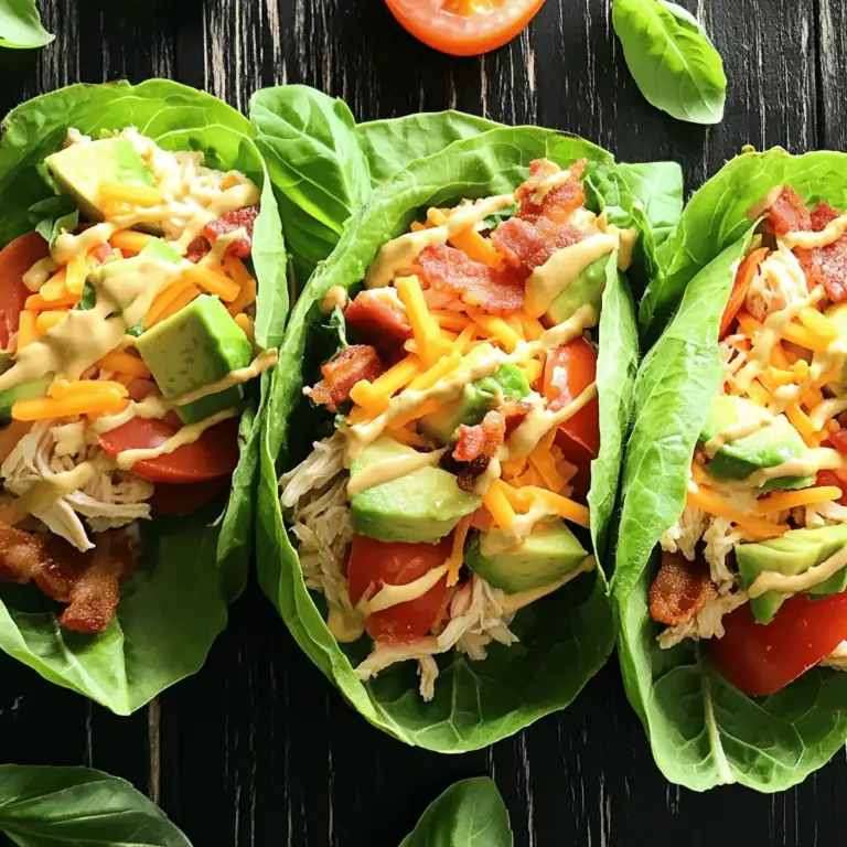 - 450 g Hähnchenbrust, ohne Knochen und Haut, gekocht und zerrupft - 4 Scheiben gebratener Speck, zerbröselt - 1 mittelgroße Tomate, gewürfelt - 1 Avocado, gewürfelt - 120 g geriebener Cheddar-Käse - 60 g Mayonnaise - 1 Esslöffel Dijon-Senf - 1 Esslöffel Zitronensaft - 1 Teelöffel Knoblauchpulver - Salz und Pfeffer nach Geschmack - 8 große Blätter Romanasalat - Frische Basilikumblätter zur Garnitur Die Hauptzutaten sind einfach zu finden. Sie machen die Wraps lecker und nahrhaft. Hähnchenbrust ist eine gute Proteinquelle. Der Speck fügt einen knusprigen Geschmack hinzu. Tomate und Avocado bringen Frische und Farbe ins Gericht. Cheddar-Käse macht alles cremig und köstlich. Zusätzlich zu den Hauptzutaten können Sie auch weitere Gewürze verwenden. Ein Hauch von Paprika oder Kreuzkümmel kann das Aroma vertiefen. Auch frische Kräuter wie Petersilie oder Schnittlauch passen gut. Beilagen wie ein einfacher grüner Salat oder ein wenig Obst machen das Essen rund. Sie bringen mehr Textur und Geschmack. Beim Einkauf ist Frische wichtig. Achten Sie auf die Farbe der Tomaten und Avocados. Sie sollten leuchtend und fest sein. Die Hähnchenbrust sollte rosa und saftig aussehen. Wählen Sie Romaine-Lettuce, die knackig und grün ist. Vermeiden Sie Blätter mit braunen Flecken oder welken Stellen. So stellen Sie sicher, dass Ihre Wraps frisch und lecker sind. Für die beste Qualität kaufen Sie lokale Produkte. Diese sind oft frischer und geschmackvoller. Um die Hühnchen-Club-Lettuce-Wraps zuzubereiten, beginne mit der Zubereitung des Hähnchens. Nimm 450 g Hähnchenbrust, koche sie und zerrupfe sie in kleine Stücke. Du kannst auch übrig gebliebenes Hähnchen verwenden. Mische das Hähnchen in einer mittelgroßen Schüssel mit 4 Scheiben zerbröseltem Speck, 1 gewürfelten Tomate und 1 gewürfelten Avocado. Füge 120 g geriebenen Cheddar-Käse hinzu. Diese Mischung gibt den Wraps einen tollen Geschmack. In einer kleinen Schüssel bereitest du das Dressing vor. Mische 60 g Mayonnaise, 1 Esslöffel Dijon-Senf, 1 Esslöffel Zitronensaft und 1 Teelöffel Knoblauchpulver. Würze mit Salz und Pfeffer nach Geschmack. Rühre alles gut um, bis die Mischung cremig ist. Gieße das Dressing über die Hähnchenmischung. Mische alles vorsichtig, bis es gleichmäßig bedeckt ist. Jetzt geht es an das Zusammenstellen der Wraps. Wasche 8 große Blätter Romanasalat gründlich und tupfe sie trocken. Nimm ein Blatt und löffele die Hähnchenmischung in die Mitte. Achte darauf, nicht zu viel Füllung zu nehmen, damit das Wrap nicht reißt. Garniere mit frischen Basilikumblättern für mehr Geschmack und Farbe. Wickel das Salatblatt um die Füllung und serviere die Wraps sofort. So bleiben sie frisch und knackig. Du findest die ganze Anleitung im Full Recipe. Um die Wraps frisch zu halten, benutze kühle Zutaten. Frisches Gemüse hält die Wraps knackig. Wasche die Salatblätter gut und tupfe sie trocken. So bleibt der Wrap stabil und die Füllung läuft nicht aus. Bereite die Füllung erst kurz vor dem Servieren vor. Das hält alles frisch und lecker. Du kannst die Hühnchen-Club-Lettuce-Wraps einfach anpassen. Füge etwas scharfen Senf hinzu, wenn du es würziger magst. Experimentiere mit verschiedenen Käsesorten wie Gouda oder Feta. Auch frische Kräuter wie Koriander oder Petersilie bringen neue Aromen. Für eine zusätzliche gesunde Note, probiere mehr Gemüse wie Paprika oder Karotten. Ein häufiger Fehler ist das Überfüllen der Wraps. Das macht sie schwer zu essen. Achte darauf, die Füllung gleichmäßig zu verteilen, ohne zu viel zu nehmen. Ein weiterer Fehler ist das Verwenden von altem Gemüse. Frische Zutaten sind der Schlüssel zu einem leckeren Gericht. Stelle sicher, dass alles frisch und knackig ist. {{image_4}} Wenn du vegetarisch bist, kannst du das Hähnchen leicht ersetzen. Probiere gebratene Champignons oder gegrillten Tofu. Diese Optionen geben dir viel Geschmack. Du kannst auch Kichererbsen benutzen. Sie sind nahrhaft und lecker. Achte darauf, die gleichen Gewürze zu verwenden, um den vollen Geschmack zu genießen. Du kannst deine Hühnchen-Club-Lettuce-Wraps kreativ gestalten. Füge frische Paprika oder Gurken für Crunch hinzu. Auch geraspelte Karotten machen die Wraps bunter. Für einen asiatischen Twist kannst du etwas Sojasauce und Ingwer hinzufügen. Auch Avocado für mehr Cremigkeit ist eine tolle Idee. Serviere deine Wraps mit frischem Obst oder einem leichten Salat. Ein Joghurt-Dip passt gut dazu. Du kannst auch Tortilla-Chips dazu reichen, um es knusprig zu machen. Eine kühle Limonade oder Eistee ergänzt das Gericht perfekt. Diese Ideen machen dein Essen noch spannender. Für das vollständige Rezept, schau dir die Anleitung in der Rubrik "Zutaten" an. Um die Wraps frisch zu halten, lege sie in einen luftdichten Behälter. Verwende Schichten von Wachspapier, um die Wraps zu trennen. Dies verhindert, dass sie zusammenkleben. Stelle sicher, dass der Behälter gut verschlossen ist. So bleibt der Salat knackig und lecker. Die Wraps halten sich bis zu drei Tage im Kühlschrank. Nach dieser Zeit können sie weich werden und ihren Geschmack verlieren. Ich empfehle, die Füllung getrennt von den Salatblättern zu lagern. So bleibt alles frisch und appetitlich. Wenn du die Füllung einfrieren möchtest, stelle sicher, dass sie gut abgekühlt ist. Verwende einen gefrierfesten Beutel und drücke die Luft heraus. So vermeidest du Gefrierbrand. Die Füllung bleibt bis zu drei Monate haltbar. Wenn du sie verwenden möchtest, tau sie einfach über Nacht im Kühlschrank auf. Ja, Hühnchen-Club-Lettuce-Wraps sind eine gesunde Wahl. Sie enthalten viel Protein aus dem Hähnchen und gesunde Fette aus der Avocado. Die Wraps nutzen Salatblätter statt Brot, was weniger Kohlenhydrate bedeutet. Außerdem enthalten sie frisches Gemüse wie Tomaten, was wichtige Vitamine liefert. Diese Wraps sind also nahrhaft und leicht. Ja, du kannst die Wraps im Voraus zubereiten. Bereite die Füllung aus Hähnchen, Speck und Gemüse vor. Lagere sie in einem luftdichten Behälter im Kühlschrank. Die Wraps selbst, aus Salatblättern, sollten jedoch frisch bleiben. Fülle die Salatblätter erst kurz vor dem Servieren, um die Frische zu bewahren. So schmecken sie am besten. Die Zubereitung dauert nur etwa 15 Minuten. Du musst nur die Zutaten schneiden, vermengen und die Wraps zusammenstellen. Es ist eine schnelle und einfache Mahlzeit, perfekt für einen stressigen Tag. Wenn du die Füllung im Voraus machst, kannst du noch schneller genießen. Für die vollständige Anleitung, schau dir das Full Recipe an. Die Hühnchen-Club-Lettuce-Wraps sind einfach und lecker. Wir haben die besten Zutaten, die Zubereitung und die Lagerung besprochen. Frische Zutaten und knusprige Wraps machen jedes Biss zum Genuss. Variationen bringen neuen Geschmack. Vermeide häufige Fehler, um die Wraps optimal zu machen. Diese Wraps sind gesund und lassen sich leicht vorbereiten. Jetzt bist du bereit, sie auszuprobieren und zu genießen. Lass deiner Kreativität freien Lauf und teile sie mit Freunden!