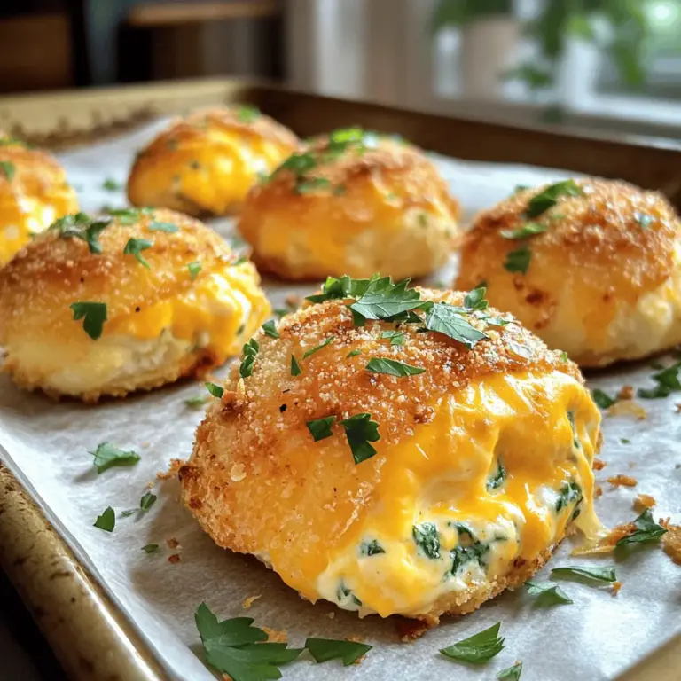 Für die Chicken Bombs brauchst du: - 450 g gemahlenes Hähnchen - 100 g geriebener Cheddar-Käse - 120 g weichen Frischkäse - 100 g gehackten Spinat (frisch oder gefroren) - 50 g Semmelbrösel Diese Zutaten bilden die Basis und bringen viel Geschmack. Das gemahlene Hähnchen ist saftig und lecker. Frischkäse und Cheddar machen die Füllung cremig und reichhaltig. Spinat fügt eine gesunde Note hinzu. Um den Hähnchenbomben den perfekten Geschmack zu verleihen, verwende: - 1 Teelöffel Knoblauchpulver - 1 Teelöffel Zwiebelpulver - 1 Teelöffel Paprika - Salz und Pfeffer nach Geschmack Diese Gewürze sind einfach, aber sehr wichtig. Der Knoblauch und die Zwiebel geben ein tolles Aroma. Paprika bringt eine feine Würze, die das Gericht lebendig macht. Salz und Pfeffer runden alles ab. Ein paar Küchenhilfen machen die Zubereitung einfacher: - Große Rührschüssel - Backblech mit Backpapier - Esslöffel für Öl - Mixer oder Gabel zum Mischen Mit diesen Tools wird die Zubereitung der Hähnchenbomben schnell und einfach. Du kannst die Mischung gut zusammenbringen und die Bomben gleichmäßig formen. Denke daran, alles gut vorzubereiten. So läuft das Kochen glatt und stressfrei. Für das gesamte Rezept schau dir die [Full Recipe] an. Für die Füllung nimm eine große Schüssel. Mische 450 g gemahlenes Hähnchen mit 120 g Frischkäse und 100 g geriebenem Cheddar. Füge 100 g gehackten Spinat hinzu. Du kannst frischen oder gefrorenen Spinat verwenden. Dann kommen 1 Teelöffel Knoblauchpulver, 1 Teelöffel Zwiebelpulver und 1 Teelöffel Paprika dazu. Vergiss nicht, Salz und Pfeffer nach Geschmack hinzuzufügen. Rühre alles gut um, bis eine klebrige Mischung entsteht. Diese Füllung macht die Chicken Bombs besonders lecker. Nimm eine kleine Portion der Hähnchenmischung. Sie sollte etwa so groß sein wie ein Golfball. Forme sie mit deinen Händen zu einer Kugel. Achte darauf, dass die Kugeln gleichmäßig groß sind. Wiederhole diesen Schritt, bis die gesamte Mischung aufgebraucht ist. So bekommst du viele Hähnchenbomben. Heize deinen Ofen auf 190°C vor. Lege ein Backblech mit Backpapier aus. Platziere die geformten Hähnchenbomben auf dem Blech. Lass genügend Platz zwischen den Bomben, damit sie gleichmäßig backen. Rolle jede Kugel in 50 g Semmelbröseln. Das sorgt für eine knusprige Kruste. Träufle 1 Esslöffel Olivenöl über die Bomben. Backe sie 25 bis 30 Minuten. Sie sollten goldbraun und knusprig sein. Nach dem Backen lasse sie kurz abkühlen. Garniere sie mit frischer Petersilie. Um die perfekte Konsistenz für deine Hähnchenbomben zu erreichen, ist die Mischung der Zutaten wichtig. Achte darauf, dass das gemahlene Hähnchen und der Frischkäse gut vermengt sind. Die Mischung sollte klebrig sein, aber nicht zu feucht. Wenn die Masse zu trocken wirkt, füge etwas mehr Frischkäse hinzu. So hält die Füllung gut zusammen und formt schöne Kugeln. Dips machen jedes Gericht besser. Für die Hähnchenbomben empfehle ich einen Joghurt-Dip mit frischen Kräutern. Mische dazu Naturjoghurt mit gehacktem Dill, Zitronensaft, Salz und Pfeffer. Eine scharfe Sauce passt auch gut dazu. Für Beilagen sind frischer Salat oder knusprige Pommes ideal. Sie bringen frische und Crunch ins Spiel. Ein häufiger Fehler ist das Überbacken der Hähnchenbomben. Halte die Backzeit im Auge. Sie sollten goldbraun und knusprig sein, aber nicht trocken. Achte auch darauf, genügend Platz zwischen den Bomben auf dem Backblech zu lassen. So backen sie gleichmäßig. Schließlich, nicht vergessen: Garnieren mit frischer Petersilie sorgt für einen tollen Look und zusätzlichen Geschmack. {{image_4}} Du kannst Gemüse in die Hähnchenbomben mischen. Das macht sie gesünder und bunter. Eine gute Wahl ist Zucchini. Zucchini bringt Feuchtigkeit und einen milden Geschmack. Du kannst auch Paprika oder Pilze verwenden. Achte darauf, sie klein zu schneiden. So kochen sie gleichmäßig. Mische das Gemüse mit der Hähnchenfüllung. So erhältst du mehr Farbe und Nährstoffe. Du musst nicht nur Hähnchen verwenden. Du kannst auch Pute oder vegetarisches Hackfleisch nehmen. Für eine vegane Option probiere Kichererbsen oder schwarze Bohnen. Diese geben den Bomben eine tolle Textur. Zerkleinere die Bohnen gut, damit die Mischung nicht zu trocken wird. Experimentiere mit den Zutaten. So findest du deinen eigenen Lieblingsgeschmack. Wenn du glutenfrei essen musst, ist das kein Problem. Du kannst die Semmelbrösel durch glutenfreie Brösel ersetzen. Diese findest du in vielen Supermärkten. Du kannst auch Haferflocken verwenden. Stelle sicher, dass sie glutenfrei sind. Mische sie gut in die Hähnchenmasse. So bleibt die Konsistenz gleich, und du genießt deine Hähnchenbomben ohne Sorgen. Um die Hähnchenbomben frisch zu halten, lege sie in einen luftdichten Behälter. Stelle sicher, dass sie vollständig abgekühlt sind, bevor du sie lagerst. So bleiben sie saftig und lecker. Wenn du sie richtig lagerst, halten sie sich bis zu drei Tage im Kühlschrank. Du kannst die gebackenen Hähnchenbomben auch einfrieren. Lege sie zuerst auf ein Backblech und friere sie für etwa eine Stunde ein. Danach kannst du sie in einen gefriergeeigneten Behälter oder Beutel legen. So bleiben sie bis zu drei Monate frisch. Wenn du sie später essen möchtest, lasse sie einfach im Kühlschrank auftauen. Um die Hähnchenbomben wieder aufzuwärmen, heize deinen Ofen auf 180°C vor. Lege die Bomben auf ein Backblech und erwärme sie für 10-15 Minuten. So werden sie knusprig und warm. Du kannst sie auch in der Mikrowelle aufwärmen, aber sie werden nicht so knusprig. Für das beste Ergebnis empfehle ich den Ofen. Hähnchenbomben bleiben im Kühlschrank etwa 3 bis 4 Tage frisch. Achte darauf, sie in einem luftdichten Behälter zu lagern. So bleiben sie saftig und lecker. Wenn du sie länger aufbewahren möchtest, kannst du sie einfrieren. Eingefroren halten sie bis zu 3 Monate. Für das beste Ergebnis, lasse sie vor dem Essen im Kühlschrank auftauen. Ja, du kannst die Füllung nach deinem Geschmack anpassen. Füge zum Beispiel verschiedene Käsesorten hinzu, wie Feta oder Mozzarella. Du kannst auch anderes Gemüse nehmen, wie Paprika oder Zucchini. Wenn du es schärfer magst, füge etwas Chili oder Jalapeños hinzu. Sei kreativ und finde deine Lieblingskombination! Hähnchenbomben passen gut zu vielen Beilagen. Hier sind einige Ideen: - Salat: Ein frischer grüner Salat ist leicht und gesund. - Reis: Du kannst sie mit einfachem oder gewürztem Reis servieren. - Kartoffeln: Ofenkartoffeln oder Kartoffelpüree sind ebenfalls gute Optionen. - Dips: Serviere sie mit Joghurt-Dip oder BBQ-Sauce für zusätzlichen Geschmack. Schau dir die Full Recipe an, um die Zubereitung der Hähnchenbomben zu lernen! Hähnchenbomben sind lecker und vielseitig. Wir haben die besten Zutaten, Tipps und Anleitungen durchgegangen. Du kannst Füllungen ändern und verschiedene Beilagen wählen. Denke daran, dass die richtige Aufbewahrung wichtig ist. Halte deine Hähnchenbomben frisch oder friere sie ein. Mit diesem Wissen kannst du jetzt deine eigenen Kreationen starten. Probiere neue Variationen aus und mache es zu einem Spaß! Genug Informationen, um kreativ zu kochen. Viel Freude beim Ausprobieren!