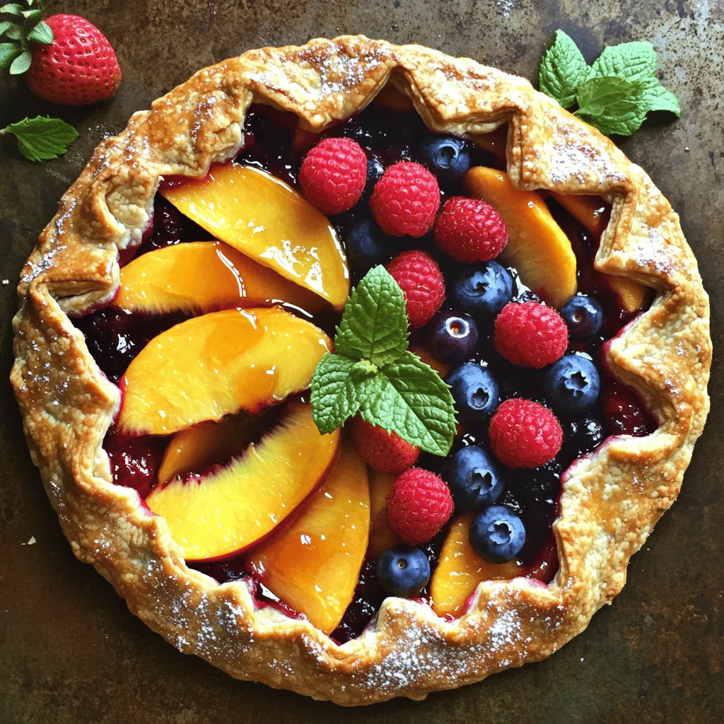 Um eine köstliche Peach and Berry Galette zu zaubern, benötigst du folgende Zutaten: - 2 große Pfirsiche, in Scheiben geschnitten - 1 Tasse gemischte Beeren (Blaubeeren, Himbeeren und Erdbeeren, halbiert bei großen) - 1 Esslöffel Zitronensaft - 1 Esslöffel Honig oder Ahornsirup (nach Geschmack anpassen) - 1 Esslöffel Maisstärke - 1 Teelöffel Vanilleextrakt - 1 fertig gekaufter Teigboden (z.B. aus dem Kühlregal oder selbstgemacht) - 1 Ei für die Eistreiche (optional) - 1 Esslöffel Zucker zum Bestreuen - Eine Prise Salz - Frische Minzblätter zur Garnitur (optional) Die Wahl der Früchte ist entscheidend. Süße, saftige Pfirsiche sind ein Muss. Achte darauf, dass sie reif sind. Sie geben der Galette einen tollen Geschmack. Für die Beeren benutze eine Mischung. Blaubeeren, Himbeeren und Erdbeeren harmonieren perfekt. Du kannst frische oder gefrorene Beeren nehmen. Bei gefrorenen Beeren solltest du sie vorher auftauen und abtropfen lassen. So wird die Füllung nicht zu wässrig. Hast du spezielle Diätbedürfnisse? Kein Problem! Du kannst den Teig glutenfrei machen. Nutze glutenfreies Mehl oder einen fertigen glutenfreien Teig. Für vegane Optionen lass das Ei weg. Ersetze den Honig durch Agavendicksaft oder Kokosblütenzucker. Diese Alternativen liefern immer noch tollen Geschmack und machen die Galette für jeden zugänglich. Heizen Sie Ihren Ofen auf 200 °C vor. Legen Sie ein Backblech mit Backpapier aus. So bleibt der Teig nicht kleben. Ein gut vorbereiteter Arbeitsplatz macht alles einfacher. In einer großen Schüssel mischen Sie die geschnittenen Pfirsiche und die gemischten Beeren. Fügen Sie den Zitronensaft, den Honig oder Ahornsirup, die Maisstärke, den Vanilleextrakt und eine Prise Salz hinzu. Rühren Sie vorsichtig, bis die Früchte gleichmäßig bedeckt sind. Lassen Sie die Mischung 10 Minuten stehen. So können sich die Aromen gut entfalten. Streuen Sie etwas Mehl auf die Arbeitsfläche. Rollen Sie den Teig zu einem groben Kreis von etwa 30 cm aus. Machen Sie sich keine Sorgen über die Ränder. Ein rustikales Aussehen macht die Galette besonders. Übertragen Sie den Teig vorsichtig auf das Backblech. Löffeln Sie die Fruchtmischung in die Mitte des Teigs. Lassen Sie etwa 5 cm Rand frei. Falten Sie die Ränder des Teigs über die Füllung und drücken Sie sie sanft an. Wenn Sie eine goldene Farbe wollen, pinseln Sie den Teig mit einem verquirlten Ei ein. Streuen Sie Zucker darüber. Backen Sie die Galette 30-35 Minuten lang. Der Teig sollte goldbraun sein und die Früchte sprudeln. Um die perfekte Galette zu backen, heize deinen Ofen auf 200 °C vor. Diese Temperatur sorgt für einen knusprigen Teig und saftige Früchte. Backe die Galette 30 bis 35 Minuten lang. Achte darauf, dass der Teig goldbraun ist und die Früchte leicht sprudeln. Wenn die Galette noch blass aussieht, gib ihr ein paar Minuten mehr. Der Charme einer Galette liegt in ihrem rustikalen Aussehen. Achte darauf, beim Ausrollen des Teigs unregelmäßige Ränder zu lassen. Das macht es besonders. Fülle die Mitte großzügig mit Früchten. Klappe die Ränder über die Füllung. Drücke sie leicht an, um eine schöne Form zu schaffen. Dies gibt der Galette einen tollen Look. Garnieren macht deine Galette noch leckerer! Frische Minzblätter bringen Farbe und Frische. Du kannst auch einen Klecks Schlagsahne oder Vanilleeis hinzufügen. Das sorgt für einen tollen Kontrast zu den warmen Früchten. Probiere auch, etwas Honig oder Ahornsirup darüber zu träufeln. Das gibt einen süßen Kick. Wenn du magst, serviere die Galette warm oder bei Zimmertemperatur. {{image_4}} Die Galette ist sehr vielseitig. Du kannst viele verschiedene Früchte verwenden. Äpfel und Pflaumen sind großartige Alternativen. Sie passen wunderbar zu Zimt. Auch Kirschen und Birnen bringen frischen Geschmack. Für eine exotische Note probiere Ananas oder Mangos. Sie geben deiner Galette eine tropische Note. Mische verschiedene Früchte für interessante Kombinationen. Eine Mischung aus Beeren und Steinfrüchten funktioniert besonders gut. Wenn du glutenfrei backen möchtest, kannst du glutenfreies Mehl verwenden. Achte darauf, dass der fertige Teig glutenfrei ist. Für eine vegane Galette ersetze das Ei mit pflanzlicher Milch. Du kannst auch Leinsamen oder Chiasamen verwenden. Diese Alternativen halten die Füllung zusammen. Honig kannst du durch Agavendicksaft oder Zucker ersetzen. So bleibt die Galette lecker und vegan. Die Galette ist perfekt für jede Jahreszeit. Im Frühling kannst du Erdbeeren und Rhabarber kombinieren. Im Sommer sind frische Beeren ein Hit. Im Herbst sind Äpfel und Kürbis toll. Im Winter kannst du gefrorene Früchte nutzen. Sie sind oft genauso gut wie frische. Für Feiertage kannst du Gewürze wie Muskatnuss oder Zimt hinzufügen. Diese geben der Galette einen festlichen Geschmack. Wenn du das Rezept anpassen möchtest, schau dir das Full Recipe an. Um die Galette frisch zu halten, lass sie zuerst abkühlen. Danach lege sie in einen luftdichten Behälter. Das verhindert, dass der Teig weich wird. Du kannst auch Frischhaltefolie verwenden. Stelle sicher, dass die Galette nicht zerdrückt wird. Wenn du sie über Nacht aufbewahrst, bleibt der Geschmack erhalten. Wenn du die Galette wieder aufwärmen möchtest, benutze den Ofen. Heize ihn auf 180 °C vor. Lege die Galette auf ein Backblech. Backe sie für etwa 10 bis 15 Minuten. So wird der Teig wieder knusprig. Du kannst auch die Mikrowelle nutzen, aber der Teig wird nicht so knusprig. Im Kühlschrank bleibt die Galette etwa 2 bis 3 Tage frisch. Wenn du sie länger aufbewahren möchtest, friere sie ein. Wickele sie gut in Frischhaltefolie und lege sie in einen Gefrierbehälter. So hält sie sich bis zu 3 Monate. Wenn du sie auftauen möchtest, lasse sie im Kühlschrank über Nacht. Danach kannst du sie wie gewohnt aufwärmen. Die Zubereitung einer Peach and Berry Galette dauert insgesamt etwa 50 Minuten. Davon sind 15 Minuten für die Vorbereitung und 30-35 Minuten für das Backen nötig. In dieser Zeit kannst du den Teig ausrollen und die Füllung zubereiten. Es ist einfach und macht Spaß! Ja, du kannst die Galette im Voraus zubereiten. Du kannst die Füllung einen Tag vorher machen und im Kühlschrank aufbewahren. Den Teig kannst du ebenfalls vorbereiten und kaltstellen. Am nächsten Tag musst du nur alles zusammenfügen und backen. So sparst du Zeit und kannst entspannt genießen! Eine Galette ist rustikaler und hat keinen festen Rand wie ein Kuchen. Der Teig wird einfach gefaltet, um die Füllung zu umschließen. Dadurch sieht sie charmant und ungezwungen aus. Ein Kuchen hingegen hat eine feste Form und wird in einer Backform gebacken. Beide sind lecker, aber die Galette ist einfacher und schneller zu machen. Die Galette ist ein einfacher, aber köstlicher Genuss. Wir haben die besten Zutaten und Füllungen besprochen. Du hast gelernt, wie du die Galette zubereitest und backst. Tipps zur perfekten Präsentation machen es leicht, sie ansprechend zu servieren. Egal, ob du Variationen ausprobieren oder spezielle Diäten beachten möchtest, die Galette lässt sich anpassen. Achte auf die richtige Lagerung, damit sie frisch bleibt. Jetzt bist du bereit, deine eigene Galette zu kreieren und zu genießen!