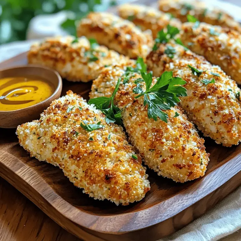 Um knusprige Hähnchenstreifen zu machen, brauchen wir einige einfache Zutaten. Hier sind die Hauptzutaten: - 450 g Hähnchenbrustfilets - 1 Tasse Semmelbrösel (Panko für extra Knusprigkeit) - ½ Tasse geriebener Parmesan - 1 Esslöffel italienische Kräuter - 1 Teelöffel Knoblauchpulver - ½ Teelöffel Paprika - ½ Teelöffel Salz - ¼ Teelöffel schwarzer Pfeffer - 2 große Eier - 1 Esslöffel Dijon-Senf - Kochspray oder Olivenölspray Mit diesen Zutaten wird das Ergebnis lecker und knusprig. Ich liebe, wie die Kombination von Hähnchen und Panko eine tolle Textur gibt. Wenn du keine Panko-Semmelbrösel hast, gibt es gute Alternativen. Du kannst normale Semmelbrösel verwenden. Sie sind nicht so knusprig, aber immer noch lecker. Auch zerbröselte Chips oder Cornflakes funktionieren gut. Sie bringen einen anderen Geschmack. Das macht das Essen spannend. Achte darauf, die Brösel gut zu würzen, damit sie nicht fade schmecken. Gewürze machen den Unterschied. Sie geben deinen Hähnchenstreifen einen tollen Geschmack. Ich verwende oft italienische Kräuter und Knoblauchpulver. Sie sind einfach und passen gut zusammen. Paprika fügt eine leichte Schärfe hinzu, die ich mag. Salz und Pfeffer sind wichtig, um alles auszubalancieren. Diese Gewürze helfen, die Aromen hervorzuheben. Wenn du mehr Geschmack möchtest, füge andere Gewürze hinzu. Vielleicht etwas Chili oder Zitronenschale? Experimentiere, um deine perfekte Mischung zu finden! Um die Ofen-gebackenen Hähnchenstreifen zuzubereiten, beginnen Sie mit der Vorbereitung der Zutaten. Nehmen Sie 450 g Hähnchenbrustfilets. Schneiden Sie diese in gleichmäßige Streifen. Dies hilft beim gleichmäßigen Garen. Bereiten Sie auch die Paniermischung vor. Mischen Sie eine Tasse Semmelbrösel, ½ Tasse Parmesan, italienische Kräuter, Knoblauchpulver, Paprika, Salz und Pfeffer in einer flachen Schüssel. In einer anderen Schüssel verquirlen Sie zwei große Eier mit einem Esslöffel Dijon-Senf. Jetzt kommt der spaßige Teil: das Panieren. Tauchen Sie jeden Hähnchenstreifen zuerst in die Eiermischung. Lassen Sie die überschüssige Flüssigkeit abtropfen. Danach wenden Sie den Streifen in der Semmelmischung. Drücken Sie leicht, damit die Panade gut haftet. Legen Sie die panierten Streifen auf ein mit Backpapier ausgelegtes Backblech. Besprühen Sie die Oberseiten leicht mit Kochspray oder Olivenölspray. Dies sorgt für eine knusprige Textur. Heizen Sie den Ofen auf 220°C vor. Backen Sie die Hähnchenstreifen dann 15-20 Minuten. Wenden Sie sie nach der Hälfte der Zeit für eine gleichmäßige Bräunung. Die Streifen sind fertig, wenn sie goldbraun und durchgegart sind. Nach dem Garen lassen Sie die Hähnchenstreifen ein paar Minuten ruhen, bevor Sie sie servieren. So bleibt das Fleisch saftig. Um deine Hähnchenstreifen extra knusprig zu machen, wähle Panko-Semmelbrösel. Panko sind gröber und sorgen für eine bessere Textur. Besprühe die Hähnchenstreifen vor dem Backen leicht mit Olivenöl. Das hilft der Panade, schön braun zu werden. Wenn du einen Luftfritteuse hast, kannst du die Hähnchenstreifen auch darin zubereiten. Dadurch werden sie besonders knusprig. Ein häufiger Fehler ist, die Hähnchenstreifen zu dicht auf das Blech zu legen. Lass genügend Platz zwischen den Streifen. So können die heiße Luft und der Dampf zirkulieren. Ein weiterer Fehler ist, die Hähnchenstreifen nicht zu wenden. Drehe sie nach der Hälfte der Backzeit um. Das sorgt für eine gleichmäßige Bräunung und knusprige Oberfläche. Die ideale Backtemperatur für Hähnchenstreifen liegt bei 220°C (425°F). Bei dieser Temperatur werden sie außen knusprig und innen saftig. Backe die Hähnchenstreifen 15 bis 20 Minuten. Überprüfe die Garzeit, besonders bei dickeren Streifen. Sie sollten goldbraun sein und eine Innentemperatur von 75°C erreichen. {{image_4}} Du kannst die Gewürzmischung leicht ändern. Probiere zum Beispiel, Kreuzkümmel oder Chili hinzuzufügen. Diese Gewürze bringen mehr Geschmack. Du magst es scharf? Verwende mehr Paprika oder Cayennepfeffer. Möchtest du es milder? Lasse die scharfen Gewürze einfach weg. Wenn du gesünder essen möchtest, probiere gemahlene Mandeln oder Haferflocken. Diese sind nahrhaft und lecker. Sie geben der Panade eine tolle Textur. Du kannst auch Vollkornbrösel verwenden. So wird das Gericht knusprig und bleibt gleichzeitig gesund. Dips machen das Essen noch besser. Honigsenf ist ein Klassiker. Du kannst auch guacamole oder Joghurt-Dips probieren. Diese passen gut zu Hähnchenstreifen. Wenn du Beilagen suchst, sind Pommes oder Salat ideal. Sie ergänzen das Gericht perfekt. Die Variationen machen deine Ofen-gebackenen Hähnchenstreifen besonders. Experimentiere mit diesen Ideen und finde deinen Favoriten! Du kannst das Rezept [Full Recipe] leicht anpassen, um neue Geschmäcker zu entdecken. Um Ofen-gebackene Hähnchenstreifen frisch zu halten, lege sie in einen luftdichten Behälter. Du kannst die Streifen bis zu drei Tage im Kühlschrank aufbewahren. Achte darauf, dass die Streifen vollständig abgekühlt sind, bevor du sie einpackst. So bleiben sie knusprig und lecker. Wenn du die Streifen in einem Behälter mit mehreren Schichten lagerst, lege zwischen jeder Schicht etwas Backpapier. Das hilft, die Knusprigkeit zu bewahren. Falls du mehr Hähnchenstreifen gemacht hast, kannst du sie auch einfrieren. Lege die abgekühlten Streifen in einen gefrierfesten Beutel oder Behälter. Sie halten sich bis zu drei Monate im Gefrierschrank. Um sie wieder aufzuwärmen, lasse sie zuerst im Kühlschrank auftauen. Dann backe sie bei 180°C (350°F) für etwa 10-15 Minuten, bis sie heiß und knusprig sind. Du kannst auch eine Heißluftfritteuse verwenden, um sie schnell aufzuwärmen. Die Haltbarkeit von Ofen-gebackenen Hähnchenstreifen hängt von der Lagerung ab. Im Kühlschrank bleiben sie bis zu drei Tage frisch. Im Gefrierschrank halten sie bis zu drei Monate. Achte darauf, die Streifen gut zu verpacken, um Gefrierbrand zu vermeiden. Wenn du die Streifen aufwärmst, achte darauf, dass sie gleichmäßig heiß sind. Dies stellt sicher, dass sie sicher zu essen sind. Die Zubereitung von Ofen-gebackenen Hähnchenstreifen dauert etwa 35 Minuten. Diese Zeit umfasst 15 Minuten für die Vorbereitung und 20 Minuten für das Backen. So hast du schnell ein leckeres Essen auf dem Tisch. Ja, du kannst die Hähnchenstreifen vorab zubereiten. Panier die Streifen und lege sie auf ein Backblech. Decke sie mit Frischhaltefolie ab und stelle sie in den Kühlschrank. So bleiben sie frisch und du kannst sie später backen. Wenn deine Hähnchenstreifen nicht knusprig sind, liegt das oft an der Panade. Achte darauf, die Semmelbrösel gut zu drücken, damit sie haften. Ein leichter Sprühnebel von Öl hilft auch beim Crisping. Außerdem ist die Backtemperatur wichtig. Überprüfe, ob der Ofen wirklich heiß genug ist. Ofen-gebackene Hähnchenstreifen sind einfach und lecker. Du hast die Hauptzutaten und Gewürze kennengelernt, die den Geschmack verbessern. Ich habe dir gezeigt, wie man die Hähnchenstreifen richtig vorbereitet, paniert und backt. Mit Tipps für extra Knusprigkeit und Fehlervermeidung wird dein Gericht perfekt. Variiere die Gewürzmischungen und Dips, um Abwechslung zu bieten. Achte auch auf Lagerung und Haltbarkeit, damit du lange Freude daran hast. Mit diesen Tipps steht deinem knusprigen Genuss nichts im Weg.