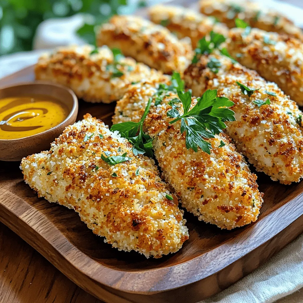 Um knusprige Hähnchenstreifen zu machen, brauchen wir einige einfache Zutaten. Hier sind die Hauptzutaten: - 450 g Hähnchenbrustfilets - 1 Tasse Semmelbrösel (Panko für extra Knusprigkeit) - ½ Tasse geriebener Parmesan - 1 Esslöffel italienische Kräuter - 1 Teelöffel Knoblauchpulver - ½ Teelöffel Paprika - ½ Teelöffel Salz - ¼ Teelöffel schwarzer Pfeffer - 2 große Eier - 1 Esslöffel Dijon-Senf - Kochspray oder Olivenölspray Mit diesen Zutaten wird das Ergebnis lecker und knusprig. Ich liebe, wie die Kombination von Hähnchen und Panko eine tolle Textur gibt. Wenn du keine Panko-Semmelbrösel hast, gibt es gute Alternativen. Du kannst normale Semmelbrösel verwenden. Sie sind nicht so knusprig, aber immer noch lecker. Auch zerbröselte Chips oder Cornflakes funktionieren gut. Sie bringen einen anderen Geschmack. Das macht das Essen spannend. Achte darauf, die Brösel gut zu würzen, damit sie nicht fade schmecken. Gewürze machen den Unterschied. Sie geben deinen Hähnchenstreifen einen tollen Geschmack. Ich verwende oft italienische Kräuter und Knoblauchpulver. Sie sind einfach und passen gut zusammen. Paprika fügt eine leichte Schärfe hinzu, die ich mag. Salz und Pfeffer sind wichtig, um alles auszubalancieren. Diese Gewürze helfen, die Aromen hervorzuheben. Wenn du mehr Geschmack möchtest, füge andere Gewürze hinzu. Vielleicht etwas Chili oder Zitronenschale? Experimentiere, um deine perfekte Mischung zu finden! Um die Ofen-gebackenen Hähnchenstreifen zuzubereiten, beginnen Sie mit der Vorbereitung der Zutaten. Nehmen Sie 450 g Hähnchenbrustfilets. Schneiden Sie diese in gleichmäßige Streifen. Dies hilft beim gleichmäßigen Garen. Bereiten Sie auch die Paniermischung vor. Mischen Sie eine Tasse Semmelbrösel, ½ Tasse Parmesan, italienische Kräuter, Knoblauchpulver, Paprika, Salz und Pfeffer in einer flachen Schüssel. In einer anderen Schüssel verquirlen Sie zwei große Eier mit einem Esslöffel Dijon-Senf. Jetzt kommt der spaßige Teil: das Panieren. Tauchen Sie jeden Hähnchenstreifen zuerst in die Eiermischung. Lassen Sie die überschüssige Flüssigkeit abtropfen. Danach wenden Sie den Streifen in der Semmelmischung. Drücken Sie leicht, damit die Panade gut haftet. Legen Sie die panierten Streifen auf ein mit Backpapier ausgelegtes Backblech. Besprühen Sie die Oberseiten leicht mit Kochspray oder Olivenölspray. Dies sorgt für eine knusprige Textur. Heizen Sie den Ofen auf 220°C vor. Backen Sie die Hähnchenstreifen dann 15-20 Minuten. Wenden Sie sie nach der Hälfte der Zeit für eine gleichmäßige Bräunung. Die Streifen sind fertig, wenn sie goldbraun und durchgegart sind. Nach dem Garen lassen Sie die Hähnchenstreifen ein paar Minuten ruhen, bevor Sie sie servieren. So bleibt das Fleisch saftig. Um deine Hähnchenstreifen extra knusprig zu machen, wähle Panko-Semmelbrösel. Panko sind gröber und sorgen für eine bessere Textur. Besprühe die Hähnchenstreifen vor dem Backen leicht mit Olivenöl. Das hilft der Panade, schön braun zu werden. Wenn du einen Luftfritteuse hast, kannst du die Hähnchenstreifen auch darin zubereiten. Dadurch werden sie besonders knusprig. Ein häufiger Fehler ist, die Hähnchenstreifen zu dicht auf das Blech zu legen. Lass genügend Platz zwischen den Streifen. So können die heiße Luft und der Dampf zirkulieren. Ein weiterer Fehler ist, die Hähnchenstreifen nicht zu wenden. Drehe sie nach der Hälfte der Backzeit um. Das sorgt für eine gleichmäßige Bräunung und knusprige Oberfläche. Die ideale Backtemperatur für Hähnchenstreifen liegt bei 220°C (425°F). Bei dieser Temperatur werden sie außen knusprig und innen saftig. Backe die Hähnchenstreifen 15 bis 20 Minuten. Überprüfe die Garzeit, besonders bei dickeren Streifen. Sie sollten goldbraun sein und eine Innentemperatur von 75°C erreichen. {{image_4}} Du kannst die Gewürzmischung leicht ändern. Probiere zum Beispiel, Kreuzkümmel oder Chili hinzuzufügen. Diese Gewürze bringen mehr Geschmack. Du magst es scharf? Verwende mehr Paprika oder Cayennepfeffer. Möchtest du es milder? Lasse die scharfen Gewürze einfach weg. Wenn du gesünder essen möchtest, probiere gemahlene Mandeln oder Haferflocken. Diese sind nahrhaft und lecker. Sie geben der Panade eine tolle Textur. Du kannst auch Vollkornbrösel verwenden. So wird das Gericht knusprig und bleibt gleichzeitig gesund. Dips machen das Essen noch besser. Honigsenf ist ein Klassiker. Du kannst auch guacamole oder Joghurt-Dips probieren. Diese passen gut zu Hähnchenstreifen. Wenn du Beilagen suchst, sind Pommes oder Salat ideal. Sie ergänzen das Gericht perfekt. Die Variationen machen deine Ofen-gebackenen Hähnchenstreifen besonders. Experimentiere mit diesen Ideen und finde deinen Favoriten! Du kannst das Rezept [Full Recipe] leicht anpassen, um neue Geschmäcker zu entdecken. Um Ofen-gebackene Hähnchenstreifen frisch zu halten, lege sie in einen luftdichten Behälter. Du kannst die Streifen bis zu drei Tage im Kühlschrank aufbewahren. Achte darauf, dass die Streifen vollständig abgekühlt sind, bevor du sie einpackst. So bleiben sie knusprig und lecker. Wenn du die Streifen in einem Behälter mit mehreren Schichten lagerst, lege zwischen jeder Schicht etwas Backpapier. Das hilft, die Knusprigkeit zu bewahren. Falls du mehr Hähnchenstreifen gemacht hast, kannst du sie auch einfrieren. Lege die abgekühlten Streifen in einen gefrierfesten Beutel oder Behälter. Sie halten sich bis zu drei Monate im Gefrierschrank. Um sie wieder aufzuwärmen, lasse sie zuerst im Kühlschrank auftauen. Dann backe sie bei 180°C (350°F) für etwa 10-15 Minuten, bis sie heiß und knusprig sind. Du kannst auch eine Heißluftfritteuse verwenden, um sie schnell aufzuwärmen. Die Haltbarkeit von Ofen-gebackenen Hähnchenstreifen hängt von der Lagerung ab. Im Kühlschrank bleiben sie bis zu drei Tage frisch. Im Gefrierschrank halten sie bis zu drei Monate. Achte darauf, die Streifen gut zu verpacken, um Gefrierbrand zu vermeiden. Wenn du die Streifen aufwärmst, achte darauf, dass sie gleichmäßig heiß sind. Dies stellt sicher, dass sie sicher zu essen sind. Die Zubereitung von Ofen-gebackenen Hähnchenstreifen dauert etwa 35 Minuten. Diese Zeit umfasst 15 Minuten für die Vorbereitung und 20 Minuten für das Backen. So hast du schnell ein leckeres Essen auf dem Tisch. Ja, du kannst die Hähnchenstreifen vorab zubereiten. Panier die Streifen und lege sie auf ein Backblech. Decke sie mit Frischhaltefolie ab und stelle sie in den Kühlschrank. So bleiben sie frisch und du kannst sie später backen. Wenn deine Hähnchenstreifen nicht knusprig sind, liegt das oft an der Panade. Achte darauf, die Semmelbrösel gut zu drücken, damit sie haften. Ein leichter Sprühnebel von Öl hilft auch beim Crisping. Außerdem ist die Backtemperatur wichtig. Überprüfe, ob der Ofen wirklich heiß genug ist. Ofen-gebackene Hähnchenstreifen sind einfach und lecker. Du hast die Hauptzutaten und Gewürze kennengelernt, die den Geschmack verbessern. Ich habe dir gezeigt, wie man die Hähnchenstreifen richtig vorbereitet, paniert und backt. Mit Tipps für extra Knusprigkeit und Fehlervermeidung wird dein Gericht perfekt. Variiere die Gewürzmischungen und Dips, um Abwechslung zu bieten. Achte auch auf Lagerung und Haltbarkeit, damit du lange Freude daran hast. Mit diesen Tipps steht deinem knusprigen Genuss nichts im Weg.
