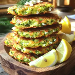 Für die Zucchini Fritters mit Feta brauchst du einige einfache Zutaten. Hier ist die Liste: - 2 mittelgroße Zucchini, gerieben - 1 Teelöffel Salz - 1/2 Teelöffel schwarzer Pfeffer - 1/2 Tasse Weizenmehl - 1/4 Tasse Maismehl - 1/2 Teelöffel Backpulver - 2 große Eier - 1/2 Tasse zerbröckelter Feta-Käse - 1/4 Tasse frischer Dill, gehackt (oder Petersilie) - 1 Knoblauchzehe, gehackt - 3 Esslöffel Olivenöl (zum Braten) Diese Zutaten machen die Fritters lecker und sättigend. Zucchini gibt eine schöne Feuchtigkeit. Der Feta fügt einen tollen Geschmack hinzu. Die Gewürze sind wichtig für den Geschmack. Salz und Pfeffer bringen die Aromen zur Geltung. Das Weizenmehl hilft, die Fritters zusammenzuhalten. Das Maismehl macht sie knusprig und gibt einen leicht süßen Geschmack. Das Backpulver sorgt dafür, dass die Fritters locker werden. Du kannst frische Kräuter nach Wahl verwenden. Dill ist mein Favorit, weil er frisch schmeckt. Petersilie ist eine gute, milde Alternative. Du kannst auch andere Kräuter wie Schnittlauch oder Basilikum ausprobieren. Sie geben den Fritters einen besonderen Touch. Für das vollständige Rezept, schaue dir die [Full Recipe] an. Um die Zucchini optimal zu nutzen, beginne damit, sie zu reiben. Ich verwende zwei mittelgroße Zucchini. Danach gebe ich die geriebene Zucchini in ein Sieb und streue einen Teelöffel Salz darüber. Das Salz hilft, die Feuchtigkeit zu entziehen. Lass die Zucchini für etwa 15 bis 20 Minuten ruhen. Nach dieser Zeit nimmt man ein sauberes Küchentuch und wringt die Zucchini gut aus. So entferne ich die überschüssige Feuchtigkeit. Die abgetropfte Zucchini kommt dann in eine große Rührschüssel. Jetzt ist es Zeit, die anderen Zutaten hinzuzufügen. In die Schüssel mit der Zucchini gebe ich einen halben Teelöffel schwarzen Pfeffer, eine halbe Tasse Weizenmehl, eine viertel Tasse Maismehl und einen halben Teelöffel Backpulver. Ich füge auch zwei große Eier, eine halbe Tasse zerbröckelten Feta-Käse, einen viertel Tasse gehackten Dill und eine gehackte Knoblauchzehe hinzu. Die Mischung gut umrühren. Sie sollte zusammenhalten, aber dick sein. Nun erhitze ich in einer großen Pfanne zwei Esslöffel Olivenöl bei mittlerer Hitze. Wenn das Öl heiß ist, forme mit einem Esslöffel Portionen der Zucchini-Mischung und gebe sie in die Pfanne. Ich drücke sie leicht flach, um Fritter zu formen. Die Fritter braten etwa 3 bis 4 Minuten auf jeder Seite, bis sie goldbraun und knusprig sind. Wenn die erste Charge fertig ist, lege ich die Fritter auf einen Teller mit Küchenpapier, um überschüssiges Öl aufzusaugen. Ich serviere sie warm, oft mit einem Klecks Joghurt oder Tzatziki. Wenn du mehr Details möchtest, schau dir die [Full Recipe] an. Um die Fritters perfekt hinzubekommen, gibt es einige Dinge zu beachten. Zuerst ist es wichtig, die Zucchini gut zu entwässern. Das Salz zieht Wasser aus der Zucchini. Lassen Sie die Zucchini mindestens 15 Minuten ruhen. So werden die Fritters nicht matschig. Wenn Sie die Zucchini nach dem Ruhen auswringen, sollten Sie so viel Wasser wie möglich entfernen. Verwenden Sie eine Mischung aus Weizen- und Maismehl. Dies sorgt für eine schöne Textur. Achten Sie darauf, die Mischung nicht zu überrühren. Zu viel Rühren kann die Fritters zäh machen. Die Mischung sollte dick, aber formbar sein. Die Zucchini Fritters passen hervorragend zu verschiedenen Dips. Ein frischer Joghurt oder Tzatziki ist eine tolle Wahl. Sie bringen Frische und Cremigkeit. Ein Zitronenschnitz dazu verstärkt den Geschmack. Sie können auch einen scharfen Dip ausprobieren. Er gibt den Fritters einen zusätzlichen Kick. Als Beilage sind Salate sehr beliebt. Ein einfacher griechischer Salat ergänzt die Fritters gut. Auch ein knackiger Gurkensalat passt perfekt. Ein häufiger Fehler ist, die Zucchini nicht lange genug ruhen zu lassen. Dies kann die Konsistenz der Fritters beeinträchtigen. Ein weiterer Fehler ist, zu viel Öl beim Braten zu verwenden. Zu viel Öl macht die Fritters fettig. Achten Sie darauf, die Fritters nicht zu lange in der Pfanne zu lassen. Sie sollten goldbraun und knusprig sein. Wenn sie zu dunkel werden, sind sie verbrannt. Folgen Sie einfach der [Full Recipe], um die besten Ergebnisse zu erzielen. {{image_4}} Zucchini Fritters mit Feta sind köstlich, aber auch andere Käse schmecken gut. Probieren Sie zum Beispiel Ziegenkäse. Dieser gibt den Fritters eine cremige Textur und einen starken Geschmack. Mozzarella ist eine weitere tolle Wahl. Er schmilzt schön und macht die Fritters saftig. Für einen scharfen Kick können Sie auch Pepperjack verwenden. So können Sie Ihre Fritters ganz nach Ihrem Geschmack anpassen. Wenn Sie glutenfrei essen, gibt es einfache Optionen. Ersetzen Sie das Weizenmehl durch Reismehl oder Kichererbsenmehl. Diese Mehle halten die Fritters gut zusammen. Maismehl ist ebenfalls eine gute Wahl. Es gibt den Fritters einen leicht süßen Geschmack. Achten Sie darauf, das Backpulver zu verwenden, um die Fritters locker zu machen. So bleiben sie knusprig und lecker. Zucchini Fritters sind sehr flexibel. Sie können zusätzliches Gemüse hinzufügen. Karotten sind eine tolle Option. Sie bringen Süße und Farbe. Auch geriebene Süßkartoffeln passen gut. Sie sind nahrhaft und geben einen besonderen Geschmack. Paprika oder Spinat sind ebenfalls lecker. Diese Gemüse machen die Fritters noch gesünder und bunter. Experimentieren Sie und finden Sie Ihre Lieblingskombination! Wenn du Fritter übrig hast, friere sie einfach ein. Lass die Fritter zuerst abkühlen. Lege sie dann in einen luftdichten Behälter oder einen Gefrierbeutel. Achte darauf, die Fritter in Schichten mit Backpapier zu trennen. So kleben sie nicht zusammen. Du kannst die Fritter bis zu drei Monate im Gefrierfach aufbewahren. Wenn du sie essen möchtest, nimm sie einfach heraus und lass sie bei Raumtemperatur auftauen. Falls du Fritter nicht einfrierst, lagere sie im Kühlschrank. Lege sie in einen luftdichten Behälter. So bleiben sie frisch. Sie halten sich im Kühlschrank bis zu drei Tage. Um die Fritter wieder aufzuwärmen, benutze eine Pfanne bei mittlerer Hitze. Das macht sie knusprig. Du kannst auch einen Toaster oder einen Backofen verwenden. Das Aufwärmen im Ofen dauert etwa 10 Minuten bei 180 Grad Celsius. Die Haltbarkeit der Fritter hängt von der Lagerung ab. Bei richtiger Lagerung bleiben sie frisch und lecker. Achte darauf, sie nicht zu lange im Kühlschrank zu lassen. Nach drei Tagen ist es besser, sie zu entsorgen. Wenn sie seltsam riechen oder die Farbe sich ändert, wirf sie weg. So bleibst du gesund und kannst deine Zucchini Fritters mit Feta genießen! Für das vollständige Rezept schau dir die Anleitung an. Du kannst Zucchini Fritters ganz einfach anpassen. Eine gute Idee ist, verschiedene Käsesorten zu verwenden. Probiere Mozzarella oder sogar Parmesan für einen anderen Geschmack. Du kannst auch andere Gemüse hinzufügen, wie Karotten oder Spinat. Das macht die Fritters bunter und gesünder. Wenn du es schärfer magst, füge etwas rote Paprika oder Jalapeños hinzu. So bleibt das Rezept spannend und du kannst neue Aromen entdecken. Ja, du kannst die Fritters auch im Ofen zubereiten. Heize deinen Ofen auf 200 Grad Celsius vor. Lege die Fritters auf ein Backblech mit Backpapier. Sprühe sie leicht mit Öl ein, damit sie knusprig werden. Backe sie etwa 20 bis 25 Minuten, bis sie goldbraun sind. Das ist eine gesündere Methode, die weniger Öl benötigt. So kannst du deine Fritters ohne Braten genießen. Dips machen die Fritters noch leckerer. Ein klassischer Joghurt-Dip passt perfekt. Du kannst griechischen Joghurt mit etwas Zitronensaft und Dill mischen. Tzatziki ist auch eine tolle Wahl. Es hat frische Gurken und Knoblauch. Wenn du etwas Würziges magst, probiere einen scharfen Salsa-Dip. Diese Dips ergänzen die Fritters und bringen noch mehr Geschmack. Du kannst deiner Kreativität freien Lauf lassen und verschiedene Dips ausprobieren. Wenn du das gesamte Rezept suchst, schau dir die vollständige Anleitung an. Zucchini Fritters mit Feta sind einfach zuzubereiten. Wir haben die Hauptzutaten, Gewürze, und frische Kräuter geklärt. Du hast auch eine Schritt-für-Schritt-Anleitung erhalten, um sie perfekt zu braten. Tipps helfen dir, häufige Fehler zu vermeiden. Variationen zeigen dir andere Käsearten und glutenfreie Optionen. Diese Fritters sind vielseitig und lecker. Denke an das Einfrieren von Reste für eine spätere Mahlzeit. Mit diesen tollen Ideen machst du jeden Tag zu etwas Besonderem.