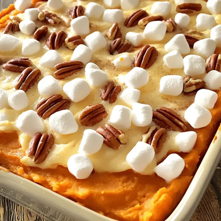 Um einen köstlichen Süßkartoffel-Auflauf mit Marshmallows zu machen, brauchst du: - 4 mittlere Süßkartoffeln, geschält und gewürfelt - 120 g brauner Zucker - 60 g ungesalzene Butter, geschmolzen - 120 ml Milch (oder Kokosmilch für eine milchfreie Version) - 1 Teelöffel Vanilleextrakt - 1 Teelöffel gemahlener Zimt - 1/2 Teelöffel gemahlene Muskatnuss - 1/2 Teelöffel Salz - 2 Tassen Mini-Marshmallows - 80 g gehackte Pekannüsse (optional) Diese Zutaten sorgen für einen tollen Geschmack und eine schöne Konsistenz. Falls du keine Süßkartoffeln hast, kannst du Kürbis verwenden. Er hat einen ähnlichen Geschmack. Wenn du die Butter ersetzen möchtest, nimm einfach Olivenöl oder Kokosöl. Für eine milchfreie Version, verwende Kokosmilch oder Mandelmilch. Die Pekannüsse sind optional. Du kannst auch Walnüsse oder Mandeln verwenden, wenn du magst. Achte beim Kauf der Süßkartoffeln auf frische und feste Knollen. Vermeide weiche oder beschädigte Stellen. Brauner Zucker sollte feucht und klumpenfrei sein. Achte darauf, dass die Butter ungesalzen ist, damit du die Kontrolle über den Salzgehalt behältst. Verwende frische Gewürze, um den besten Geschmack zu erzielen. Die richtigen Zutaten sind der Schlüssel zu einem gelungenen Auflauf. Wenn du mehr über die Zubereitung erfahren möchtest, schau dir das [Full Recipe] an. Zuerst heize deinen Ofen auf 175°C vor. Das sorgt für eine gleichmäßige Hitze. Während der Ofen vorheizt, schäle die Süßkartoffeln. Schneide sie in kleine Würfel. Dies hilft beim schnellen Garen. Setze einen großen Topf auf den Herd. Fülle ihn mit Wasser und füge eine Prise Salz hinzu. Bringe das Wasser zum Kochen und gib die gewürfelten Süßkartoffeln hinein. Koche sie für etwa 15 bis 20 Minuten. Sie sind fertig, wenn sie weich sind. Gieße das Wasser ab und lasse sie kurz abkühlen. Jetzt ist es Zeit, die Süßkartoffeln zu pürieren. Nimm einen Kartoffelstampfer oder eine Gabel. Zerdrücke die Süßkartoffeln, bis sie ganz glatt sind. In einer großen Rührschüssel mische die pürierten Süßkartoffeln mit braunem Zucker, geschmolzener Butter, Milch, Vanilleextrakt, Zimt, Muskatnuss und Salz. Verrühre alles gut, bis die Mischung gleichmäßig aussieht. Gib die Mischung in eine gefettete Auflaufform. Verteilt sie gut. Wenn du Pekannüsse magst, streue sie jetzt gleichmäßig darüber. Überziehe die Mischung mit Mini-Marshmallows. Backe den Auflauf 25 bis 30 Minuten lang. Die Marshmallows sollten goldbraun sein. Um die beste Konsistenz zu erreichen, achte darauf, dass die Süßkartoffeln gut gekocht sind. Wenn sie nicht weich genug sind, wird das Püree klumpig. Verwende auch die richtige Menge Milch. Zu viel Flüssigkeit macht den Auflauf matschig. Du kannst auch die Marshmallows in den letzten 5 Minuten hinzufügen. So bleiben sie schön fluffig und goldbraun. Folge dem [Full Recipe], um alle Schritte richtig zu machen. Um deinen Süßkartoffel-Auflauf gut aufzubewahren, lass ihn zuerst abkühlen. Danach kannst du ihn in einem luftdichten Behälter im Kühlschrank lagern. So bleibt er bis zu fünf Tage frisch. Wenn du den Auflauf aufwärmen möchtest, nutze den Ofen. Stelle ihn auf 175°C und backe ihn für etwa 15 bis 20 Minuten, bis er warm ist. Du kannst auch die Mikrowelle verwenden, aber die Konsistenz wird nicht so gut. Ein häufiger Fehler ist, die Süßkartoffeln nicht genug zu kochen. Sie sollten weich sein, bevor du sie pürierst. Achte auch darauf, dass du die Marshmallows nicht zu früh hinzufügst. Sie sollten spät in der Backzeit hinzugefügt werden, damit sie goldbraun werden. Wenn du zu viel Milch hinzufügst, wird der Auflauf wässrig. Halte dich also an die angegebene Menge aus dem Full Recipe. Für besondere Anlässe kannst du etwas mehr Zimt und Muskatnuss hinzufügen. Das gibt dem Auflauf mehr Aroma. Zudem ist es schön, die Oberfläche mit zusätzlichen gerösteten Pekannüssen oder einem Spritzer Ahornsirup zu verzieren. Diese kleinen Extras machen den Auflauf festlicher und leckerer. {{image_4}} Für eine vegane oder milchfreie Variante tauschen Sie die Milch gegen Kokosmilch aus. Sie können auch vegane Butter verwenden, um den gleichen cremigen Geschmack zu erreichen. Achten Sie darauf, dass die Marshmallows ebenfalls vegan sind. Viele Marken bieten pflanzliche Alternativen an. Diese Anpassungen machen den Auflauf für alle zugänglich. Experimentieren Sie mit verschiedenen Toppings. Anstelle von Mini-Marshmallows können Sie geröstete Mandeln oder Walnüsse verwenden. Diese Nüsse bieten einen tollen Crunch. Fügen Sie auch andere Gewürze hinzu, wie Ingwer oder Nelken, um den Geschmack zu variieren. Eine Prise Kakaopulver kann dem Auflauf eine interessante Note geben. In manchen Regionen wird der Auflauf mit einer Schicht Streuseln belegt. Diese bestehen aus Mehl, Zucker und Butter. In anderen Kulturen fügen Köche auch Äpfel oder Ananas hinzu. Diese Früchte bringen Säure und Süße in das Gericht. In jedem Fall bleibt der Auflauf ein beliebtes Gericht, das leicht angepasst werden kann. Für das vollständige Rezept schauen Sie sich die [Full Recipe] an. Du kannst Reste deines Süßkartoffel-Auflaufs einfach aufbewahren. Lass ihn zuerst auf Raumtemperatur abkühlen. Danach lege ihn in einen luftdichten Behälter. So bleibt der Auflauf frisch. Du kannst die Reste auch in Portionsgrößen aufteilen. Das macht das spätere Erwärmen leichter. Reste halten sich im Kühlschrank etwa drei bis fünf Tage. Achte darauf, dass der Auflauf gut abgedeckt ist. Wenn du ihn einfrierst, bleibt er bis zu drei Monate frisch. Stelle sicher, dass du ihn in einem gefrierfesten Behälter aufbewahrst. So verhindern wir Gefrierbrand und die Qualität bleibt gut. Es gibt viele kreative Wege, um Reste zu nutzen! Du kannst den Auflauf als Füllung für Wraps verwenden. Einfach die Reste auf Tortillas geben und aufrollen. Du kannst auch einen herzhaften Eintopf machen. Füge einfach Brühe und Gemüse hinzu, um eine neue Mahlzeit zu kreieren. Oder verwende ihn als Beilage zu gebratenem Fleisch. So schaffst du neue Geschmackskombinationen. Die Zubereitung des Süßkartoffel-Auflaufs dauert insgesamt etwa 60 Minuten. Die Vorbereitungszeit beträgt etwa 15 Minuten. Das Kochen der Süßkartoffeln dauert 15 bis 20 Minuten. Das Backen im Ofen dauert 25 bis 30 Minuten. Mit ein wenig Übung wirst du schneller sein. Ja, frische Süßkartoffeln sind perfekt für diesen Auflauf. Sie bringen einen tollen Geschmack. Achte darauf, sie gut zu schälen und in gleichmäßige Stücke zu schneiden. So garen sie gleichmäßig. Du kannst auch vorgegarte Süßkartoffeln verwenden, wenn du es eilig hast. Du kannst den Auflauf einfach im Voraus machen. Bereite die Süßkartoffelmischung wie im Rezept vor. Fülle sie in die Auflaufform, aber backe sie noch nicht. Decke die Form mit Frischhaltefolie ab. Stelle sie in den Kühlschrank. Am nächsten Tag kannst du den Auflauf backen. Achte darauf, die Backzeit eventuell anzupassen. Zusammenfassend haben wir die besten Zutaten für einen köstlichen Süßkartoffel-Auflauf besprochen. Ich habe nützliche Alternativen und Tipps für die Qualität der Zutaten gegeben. Dann folgten klare Schritte zur Zubereitung und wertvolle Tipps für die perfekte Konsistenz. Auch die Lagerung und häufige Fehler sind wichtig. Die Variationen zeigen, wie flexibel das Rezept ist. Nutze diese Infos, um deinen eigenen Auflauf zu kreieren. Experimentiere und finde heraus, was dir am besten schmeckt!