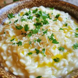 - 1 Tasse Arborio-Reis - 4 Tassen Gemüsebrühe - 1 mittelgroße Zwiebel, fein gehackt - 3 Knoblauchzehen, zerdrückt - 1 Tasse frisch geriebener Parmesan-Käse - 1/2 Tasse Schlagsahne Die Hauptzutaten sind der Schlüssel zu einem großartigen Risotto. Arborio-Reis ist perfekt. Er hat viel Stärke und wird schön cremig. Gemüsebrühe gibt dem Risotto Geschmack und darf nie fehlen. Zwiebeln und Knoblauch sorgen für einen tollen Duft und Geschmack. Parmesan-Käse bringt die Cremigkeit und den herzhaften Geschmack. Schlagsahne macht es noch samtiger. - Salz und Pfeffer - 2 Esslöffel Olivenöl - 2 Esslöffel Butter - Frische Petersilie, gehackt (zum Garnieren) Die Gewürze sind einfach, aber wichtig. Salz und Pfeffer bringen alles zusammen. Olivenöl und Butter sind die Basis für das Anbraten. Sie geben Geschmack und helfen, die Zwiebeln und den Knoblauch weich zu machen. Frische Petersilie sorgt für eine schöne Farbe und einen frischen Geschmack. Für die komplette Zubereitung, schau dir das [Full Recipe] an. Zuerst erhitze die Gemüsebrühe in einem kleinen Topf. Halte sie bei niedriger Hitze warm. So bleibt sie während des Kochens gleichmäßig temperiert. Erhitze in einer großen Pfanne zwei Esslöffel Olivenöl und zwei Esslöffel Butter. Füge die fein gehackte Zwiebel hinzu. Brate sie für drei bis vier Minuten, bis sie weich und durchsichtig ist. Jetzt kommt der zerdrückte Knoblauch dazu. Lass ihn eine Minute mitbraten, aber achte darauf, dass er nicht braun wird. Gib nun eine Tasse Arborio-Reis in die Pfanne. Rühre alles gut um. Die Reiskörner sollten für etwa zwei Minuten in der Pfanne glasieren. Sie werden leicht durchscheinend. Beginne dann, die warme Brühe kellenweise hinzuzufügen. Rühre ständig weiter. Warte, bis die Flüssigkeit größtenteils absorbiert ist, bevor du mehr hinzufügst. Dieser Prozess dauert etwa 18 bis 20 Minuten. Wenn der Reis cremig und al dente ist, füge eine halbe Tasse Schlagsahne und eine Tasse frisch geriebenen Parmesan-Käse hinzu. Rühre, bis alles gut vermischt und geschmolzen ist. Schmecke das Risotto mit Salz und Pfeffer ab. Für das vollständige Rezept, sieh dir die [Full Recipe] an. - Richtig umrühren und Brühe hinzufügen Rühre den Risotto ständig. Das hilft, die Stärke freizusetzen. Füge die Brühe schrittweise hinzu. Jede Kelle sollte fast ganz absorbiert sein, bevor du mehr hinzufügst. So bleibt der Risotto schön cremig. - Die richtige Reisqualität wählen Arborio-Reis ist der beste Reis für Risotto. Er hat einen hohen Stärkegehalt. Diese Stärke macht den Risotto besonders cremig. Verwende keinen anderen Reis, da die Textur dann nicht stimmt. - Risotto anrichten und garnieren Serviere den Risotto in tiefen Tellern oder Schalen. Garniere ihn mit frischem Parmesan und gehackter Petersilie. Das sieht toll aus und gibt einen frischen Geschmack. - Mit Olivenöl verfeinern Ein Schuss hochwertiges Olivenöl macht den Risotto noch besser. Es sorgt für einen zusätzlichen Geschmack und eine feine Note. - Zu viel oder zu wenig Brühe Achte darauf, die Brühe langsam hinzuzufügen. Zu viel Flüssigkeit macht den Risotto wässrig. Zu wenig Flüssigkeit lässt ihn trocken werden. - Überkochen des Knoblauchs Das Überkochen des Knoblauchs kann bitteren Geschmack bringen. Füge den Knoblauch erst nach der Zwiebel hinzu und lasse ihn nur kurz garen. So bleibt sein feiner Geschmack erhalten. {{image_4}} Risotto ist so vielseitig. Du kannst es nach deinem Geschmack anpassen. Lass uns ein paar tolle Ideen anschauen. Füge frische Erbsen oder Spinat hinzu. Diese bringen Farbe und Geschmack. Sie passen gut zu Knoblauch und Parmesan. - Erbsen und Spinat hinzufügen: Erbsen sind süß und knackig. Spinat hat einen milden Geschmack. Beide machen das Gericht lebendig. - Pilze oder Spargel integrieren: Pilze fügen einen erdigen Geschmack hinzu. Spargel gibt einen frischen, knackigen Biss. Beide sind köstlich in Risotto. Du kannst auch Proteine einfügen. Das macht das Gericht sättigender. - Hähnchen oder Garnelen ergänzen: Gegrilltes Hähnchen oder gebratene Garnelen passen perfekt. Sie bringen einen herzhaften Geschmack. - Veggie-Optionen wie Tofu: Tofu ist eine tolle pflanzliche Proteinquelle. Er nimmt den Geschmack des Risottos gut auf. Der Käse ist der Star. Du kannst verschiedene Sorten ausprobieren, um neue Aromen zu entdecken. - Unterschiedliche Käsesorten verwenden: Probiere Pecorino oder Gouda. Diese Käsesorten bringen ihre eigenen Nuancen. - Exotische Käsearten ausprobieren: Käse wie Gorgonzola oder Brie geben einen reichen, cremigen Geschmack. Sie machen das Risotto besonders. Für die vollständige Zubereitung und genaue Mengen, schau dir das [Full Recipe] an. Um dein cremiges Knoblauch-Parmesan-Risotto frisch zu halten, kühle es schnell ab. Fülle die Reste in einen luftdichten Behälter. Decke den Behälter gut ab, damit keine Luft eindringt. So bleibt dein Risotto länger lecker. Wenn du das Risotto wieder aufwärmst, benutze einen Topf oder die Mikrowelle. Füge einen Schuss Brühe oder Wasser hinzu. So wird das Risotto schön cremig. Erhitze es langsam und rühre oft um. Dies sorgt dafür, dass die Wärme gleichmäßig verteilt wird. Das Risotto bleibt im Kühlschrank etwa drei Tage frisch. Achte darauf, es in den ersten 24 Stunden zu essen. Nach drei Tagen kann der Geschmack nachlassen. Wenn du das Risotto einfrierst, hält es sich bis zu drei Monate. Achte darauf, es gut verpackt einzufrieren. Um Risotto cremig zu machen, braucht man die richtige Technik. Erstens, wasche den Arborio-Reis nicht. Der Stärkeanteil bleibt so erhalten und sorgt für die Cremigkeit. Zweitens, füge die Brühe langsam hinzu. Rühre ständig um und lass den Reis die Flüssigkeit vollständig aufnehmen, bevor du mehr hinzufügst. Diese Technik hilft, die Stärke freizusetzen. Schließlich macht auch die Zugabe von Schlagsahne und Parmesan den Risotto besonders cremig. Ja, Risotto lässt sich gut vorbereiten. Koche es bis zum Punkt, an dem der Reis fast gar ist. Lass es dann abkühlen und lagere es in einem luftdichten Behälter. Du kannst Risotto bis zu zwei Tage im Kühlschrank aufbewahren. Um es aufzuwärmen, füge etwas Brühe oder Wasser hinzu und erhitze es bei schwacher Hitze. So bleibt der Risotto cremig. Der beste Reis für Risotto ist Arborio-Reis. Er hat einen hohen Stärkegehalt, der für die cremige Textur sorgt. Du kannst auch Carnaroli oder Vialone Nano verwenden, die ebenfalls gut sind. Andere Reissorten wie Basmati oder Jasmin eignen sich nicht. Sie sind zu locker und geben nicht die gewünschte Cremigkeit. Ja, Risotto ist glutenfrei, solange du die richtigen Zutaten verwendest. Arborio-Reis enthält kein Gluten. Achte darauf, dass deine Gemüsebrühe ebenfalls glutenfrei ist. Überprüfe die Etiketten, um sicherzugehen. So kannst du sicher genießen. Für das komplette Rezept, schau dir das [Full Recipe] an. Cremiges Risotto erfordert einfache, hochwertige Zutaten wie Arborio-Reis, Brühe und Käse. Durch die richtige Zubereitung mit Zwiebel und Knoblauch sorgt ihr für den perfekten Geschmack. Denkt daran, jederzeit die optimale Brühe hinzuzufügen und häufig zu rühren. Mit diesen Tipps und Variationen könnt ihr Risotto anpassen. Lagert Reste richtig, um die Frische zu bewahren. So gelingt euch jedes Mal ein köstliches Risotto, das begeistert.