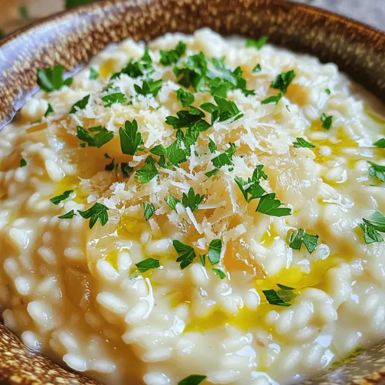 - 1 Tasse Arborio-Reis - 4 Tassen Gemüsebrühe - 1 mittelgroße Zwiebel, fein gehackt - 3 Knoblauchzehen, zerdrückt - 1 Tasse frisch geriebener Parmesan-Käse - 1/2 Tasse Schlagsahne Die Hauptzutaten sind der Schlüssel zu einem großartigen Risotto. Arborio-Reis ist perfekt. Er hat viel Stärke und wird schön cremig. Gemüsebrühe gibt dem Risotto Geschmack und darf nie fehlen. Zwiebeln und Knoblauch sorgen für einen tollen Duft und Geschmack. Parmesan-Käse bringt die Cremigkeit und den herzhaften Geschmack. Schlagsahne macht es noch samtiger. - Salz und Pfeffer - 2 Esslöffel Olivenöl - 2 Esslöffel Butter - Frische Petersilie, gehackt (zum Garnieren) Die Gewürze sind einfach, aber wichtig. Salz und Pfeffer bringen alles zusammen. Olivenöl und Butter sind die Basis für das Anbraten. Sie geben Geschmack und helfen, die Zwiebeln und den Knoblauch weich zu machen. Frische Petersilie sorgt für eine schöne Farbe und einen frischen Geschmack. Für die komplette Zubereitung, schau dir das [Full Recipe] an. Zuerst erhitze die Gemüsebrühe in einem kleinen Topf. Halte sie bei niedriger Hitze warm. So bleibt sie während des Kochens gleichmäßig temperiert. Erhitze in einer großen Pfanne zwei Esslöffel Olivenöl und zwei Esslöffel Butter. Füge die fein gehackte Zwiebel hinzu. Brate sie für drei bis vier Minuten, bis sie weich und durchsichtig ist. Jetzt kommt der zerdrückte Knoblauch dazu. Lass ihn eine Minute mitbraten, aber achte darauf, dass er nicht braun wird. Gib nun eine Tasse Arborio-Reis in die Pfanne. Rühre alles gut um. Die Reiskörner sollten für etwa zwei Minuten in der Pfanne glasieren. Sie werden leicht durchscheinend. Beginne dann, die warme Brühe kellenweise hinzuzufügen. Rühre ständig weiter. Warte, bis die Flüssigkeit größtenteils absorbiert ist, bevor du mehr hinzufügst. Dieser Prozess dauert etwa 18 bis 20 Minuten. Wenn der Reis cremig und al dente ist, füge eine halbe Tasse Schlagsahne und eine Tasse frisch geriebenen Parmesan-Käse hinzu. Rühre, bis alles gut vermischt und geschmolzen ist. Schmecke das Risotto mit Salz und Pfeffer ab. Für das vollständige Rezept, sieh dir die [Full Recipe] an. - Richtig umrühren und Brühe hinzufügen Rühre den Risotto ständig. Das hilft, die Stärke freizusetzen. Füge die Brühe schrittweise hinzu. Jede Kelle sollte fast ganz absorbiert sein, bevor du mehr hinzufügst. So bleibt der Risotto schön cremig. - Die richtige Reisqualität wählen Arborio-Reis ist der beste Reis für Risotto. Er hat einen hohen Stärkegehalt. Diese Stärke macht den Risotto besonders cremig. Verwende keinen anderen Reis, da die Textur dann nicht stimmt. - Risotto anrichten und garnieren Serviere den Risotto in tiefen Tellern oder Schalen. Garniere ihn mit frischem Parmesan und gehackter Petersilie. Das sieht toll aus und gibt einen frischen Geschmack. - Mit Olivenöl verfeinern Ein Schuss hochwertiges Olivenöl macht den Risotto noch besser. Es sorgt für einen zusätzlichen Geschmack und eine feine Note. - Zu viel oder zu wenig Brühe Achte darauf, die Brühe langsam hinzuzufügen. Zu viel Flüssigkeit macht den Risotto wässrig. Zu wenig Flüssigkeit lässt ihn trocken werden. - Überkochen des Knoblauchs Das Überkochen des Knoblauchs kann bitteren Geschmack bringen. Füge den Knoblauch erst nach der Zwiebel hinzu und lasse ihn nur kurz garen. So bleibt sein feiner Geschmack erhalten. {{image_4}} Risotto ist so vielseitig. Du kannst es nach deinem Geschmack anpassen. Lass uns ein paar tolle Ideen anschauen. Füge frische Erbsen oder Spinat hinzu. Diese bringen Farbe und Geschmack. Sie passen gut zu Knoblauch und Parmesan. - Erbsen und Spinat hinzufügen: Erbsen sind süß und knackig. Spinat hat einen milden Geschmack. Beide machen das Gericht lebendig. - Pilze oder Spargel integrieren: Pilze fügen einen erdigen Geschmack hinzu. Spargel gibt einen frischen, knackigen Biss. Beide sind köstlich in Risotto. Du kannst auch Proteine einfügen. Das macht das Gericht sättigender. - Hähnchen oder Garnelen ergänzen: Gegrilltes Hähnchen oder gebratene Garnelen passen perfekt. Sie bringen einen herzhaften Geschmack. - Veggie-Optionen wie Tofu: Tofu ist eine tolle pflanzliche Proteinquelle. Er nimmt den Geschmack des Risottos gut auf. Der Käse ist der Star. Du kannst verschiedene Sorten ausprobieren, um neue Aromen zu entdecken. - Unterschiedliche Käsesorten verwenden: Probiere Pecorino oder Gouda. Diese Käsesorten bringen ihre eigenen Nuancen. - Exotische Käsearten ausprobieren: Käse wie Gorgonzola oder Brie geben einen reichen, cremigen Geschmack. Sie machen das Risotto besonders. Für die vollständige Zubereitung und genaue Mengen, schau dir das [Full Recipe] an. Um dein cremiges Knoblauch-Parmesan-Risotto frisch zu halten, kühle es schnell ab. Fülle die Reste in einen luftdichten Behälter. Decke den Behälter gut ab, damit keine Luft eindringt. So bleibt dein Risotto länger lecker. Wenn du das Risotto wieder aufwärmst, benutze einen Topf oder die Mikrowelle. Füge einen Schuss Brühe oder Wasser hinzu. So wird das Risotto schön cremig. Erhitze es langsam und rühre oft um. Dies sorgt dafür, dass die Wärme gleichmäßig verteilt wird. Das Risotto bleibt im Kühlschrank etwa drei Tage frisch. Achte darauf, es in den ersten 24 Stunden zu essen. Nach drei Tagen kann der Geschmack nachlassen. Wenn du das Risotto einfrierst, hält es sich bis zu drei Monate. Achte darauf, es gut verpackt einzufrieren. Um Risotto cremig zu machen, braucht man die richtige Technik. Erstens, wasche den Arborio-Reis nicht. Der Stärkeanteil bleibt so erhalten und sorgt für die Cremigkeit. Zweitens, füge die Brühe langsam hinzu. Rühre ständig um und lass den Reis die Flüssigkeit vollständig aufnehmen, bevor du mehr hinzufügst. Diese Technik hilft, die Stärke freizusetzen. Schließlich macht auch die Zugabe von Schlagsahne und Parmesan den Risotto besonders cremig. Ja, Risotto lässt sich gut vorbereiten. Koche es bis zum Punkt, an dem der Reis fast gar ist. Lass es dann abkühlen und lagere es in einem luftdichten Behälter. Du kannst Risotto bis zu zwei Tage im Kühlschrank aufbewahren. Um es aufzuwärmen, füge etwas Brühe oder Wasser hinzu und erhitze es bei schwacher Hitze. So bleibt der Risotto cremig. Der beste Reis für Risotto ist Arborio-Reis. Er hat einen hohen Stärkegehalt, der für die cremige Textur sorgt. Du kannst auch Carnaroli oder Vialone Nano verwenden, die ebenfalls gut sind. Andere Reissorten wie Basmati oder Jasmin eignen sich nicht. Sie sind zu locker und geben nicht die gewünschte Cremigkeit. Ja, Risotto ist glutenfrei, solange du die richtigen Zutaten verwendest. Arborio-Reis enthält kein Gluten. Achte darauf, dass deine Gemüsebrühe ebenfalls glutenfrei ist. Überprüfe die Etiketten, um sicherzugehen. So kannst du sicher genießen. Für das komplette Rezept, schau dir das [Full Recipe] an. Cremiges Risotto erfordert einfache, hochwertige Zutaten wie Arborio-Reis, Brühe und Käse. Durch die richtige Zubereitung mit Zwiebel und Knoblauch sorgt ihr für den perfekten Geschmack. Denkt daran, jederzeit die optimale Brühe hinzuzufügen und häufig zu rühren. Mit diesen Tipps und Variationen könnt ihr Risotto anpassen. Lagert Reste richtig, um die Frische zu bewahren. So gelingt euch jedes Mal ein köstliches Risotto, das begeistert.