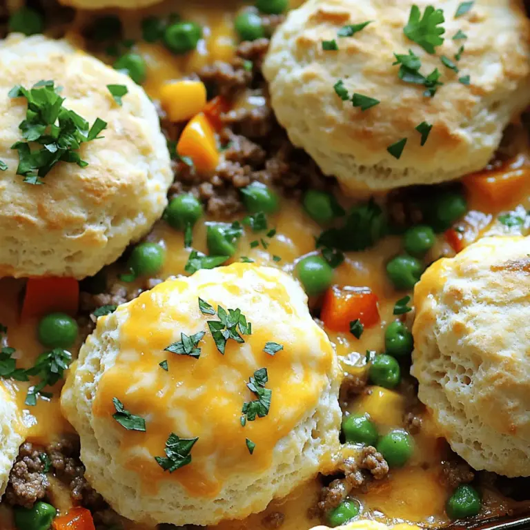 - 450 g Hackfleisch - 1 Tasse Zwiebeln, gehackt - 1 Tasse Paprika, gewürfelt - 1 Tasse gefrorenes Mischgemüse - 1 Dose Biscuit-Teig Für den Cheddar Bay Hackfleisch-Cobbler braucht man einige wichtige Zutaten. Das Hackfleisch ist die Basis und gibt dem Gericht einen herzhaften Geschmack. Zwiebeln und Paprika bringen Frische und Süße. Das gefrorene Mischgemüse sorgt für mehr Farbe und Nährstoffe. Schließlich ist der Biscuit-Teig der Star des Gerichts, da er einen leckeren, weichen Belag bildet. - Worcestersauce - Paprika, Salz und Pfeffer - 240 ml Rinderbrühe Die Gewürze machen das Gericht lebendig. Worcestersauce fügt Tiefe hinzu, während Paprika, Salz und Pfeffer für den richtigen Geschmack sorgen. Die Rinderbrühe bindet die Aromen und gibt dem Cobbler eine schöne, reichhaltige Flüssigkeit. - Geriebener Cheddar-Käse - Frische Petersilie Die Garnierungen sind wichtig für das finale Aussehen und den Geschmack. Geriebener Cheddar-Käse schmilzt oben und macht die Kruste goldbraun und knusprig. Frische Petersilie gibt einen hübschen Farbklecks und einen frischen Geschmack. Wenn du nach dem Full Recipe suchst, findest du es ganz einfach. - Ofen auf 200°C vorheizen - Zutaten vorbereiten und abwiegen Zuerst heizen Sie den Ofen auf 200°C vor. Das sorgt dafür, dass der Cobbler gleichmäßig backt. Nehmen Sie sich dann alle Zutaten und wiegen Sie diese ab. So haben Sie alles bereit. - Hackfleisch anbraten und überschüssiges Fett abgießen - Gemüse hinzufügen und sautieren Jetzt nehmen Sie eine große Pfanne. Braten Sie das Hackfleisch bei mittlerer Hitze 5-7 Minuten an. Wenn das Fleisch braun ist, gießen Sie das überschüssige Fett ab. Fügen Sie dann die gehackten Zwiebeln, Paprika und Knoblauch hinzu. Sautieren Sie alles für 5 Minuten. Das Gemüse sollte weich werden. - Gefrorenes Gemüse und Gewürze hinzufügen - Rinderbrühe einrühren und köcheln lassen Nun geben Sie das gefrorene Mischgemüse in die Pfanne. Fügen Sie die Worcestersauce, Paprika, Salz und Pfeffer hinzu. Rühren Sie alles gut um und kochen Sie die Mischung für 3-4 Minuten. Danach gießen Sie die Rinderbrühe dazu und bringen alles zum Köcheln. Lassen Sie es 5 Minuten köcheln, bis es leicht eindickt. - Hackfleischmischung in eine Auflaufform geben - Biscuit-Teig anbringen und mit Käse bestreuen Nehmen Sie die Hackfleischmischung vom Herd. Rühren Sie die Hälfte des geriebenen Cheddar-Käses ein. Geben Sie die Mischung in eine gefettete Auflaufform. Öffnen Sie die Dose mit Biscuit-Teig und trennen Sie die Brötchen. Legen Sie sie gleichmäßig auf die Hackfleischmischung. Bestreuen Sie die Brötchen mit dem restlichen Cheddar-Käse. - Im Ofen backen und goldbraun werden lassen - Abkühlen lassen und servieren Backen Sie den Cobbler im Ofen für 15-20 Minuten. Er ist fertig, wenn die Brötchen goldbraun sind. Lassen Sie ihn dann ein paar Minuten abkühlen, bevor Sie ihn servieren. Garnieren Sie ihn mit frisch gehackter Petersilie für einen schönen Farbklecks. Sie finden das vollständige Rezept in den vorherigen Abschnitten. - Verwendung von frischen Zutaten: Frische Zutaten machen jeden Cobbler besser. Sie bringen mehr Geschmack und eine tolle Textur. Nutze frisches Gemüse, wenn möglich. Das hebt das Gericht auf ein neues Level. - Geschmackliche Anpassungen: Du kannst die Gewürze nach deinem Geschmack anpassen. Magst du es scharf? Füge etwas Cayennepfeffer hinzu. Ein Spritzer Zitronensaft kann auch helfen, die Aromen zu heben. - Alternativen zum Biscuit-Teig: Wenn du keinen Biscuit-Teig magst, probiere Blätterteig. Blätterteig gibt dir eine andere Textur und einen tollen Geschmack. - Wie man die Brötchen knusprig macht: Um die Brötchen knusprig zu machen, backe sie länger oder erhöhe die Temperatur für die letzten Minuten. Achte darauf, dass sie goldbraun sind. - Empfohlene Beilagen: Serviere den Cobbler mit einem frischen Salat oder gedünstetem Gemüse. Das bringt Farbe auf den Teller und ergänzt die Aromen. - Servierideen und Präsentation: Garniere den Cobbler mit frischer Petersilie. Das macht das Gericht ansprechend. Du kannst auch etwas geriebenen Käse darüber streuen, bevor du ihn servierst. {{image_4}} Eine vegetarische Version des Cheddar Bay Hackfleisch-Cobblers ist einfach. Ersetzen Sie das Hackfleisch durch pflanzliche Alternativen. Produkte wie Soja- oder Linsenhack funktionieren gut. Diese Optionen sind herzhaft und schmackhaft. Zusätzlich können Sie verschiedene Gemüseoptionen hinzufügen. Zucchini, Spinat oder Auberginen geben Farbe und Geschmack. Sie können auch Pilze verwenden, um eine fleischige Textur zu erzielen. Experimentieren Sie mit Gemüse, das Ihnen am besten gefällt! Käse ist der Star in jedem Cobbler. Verwenden Sie andere Käsesorten für neue Geschmäcker. Gouda oder Mozzarella sind tolle Alternativen. Sie schmelzen gut und bringen eine andere Note. Käsemischungen sind eine weitere Option. Mischen Sie Cheddar mit Parmesan oder Feta. Diese Mischung verstärkt den Geschmack und macht Ihr Gericht interessanter. Probieren Sie, was Ihnen am besten schmeckt! Für eine würzige Variante fügen Sie scharfe Chilis oder Gewürze hinzu. Frische Jalapeños oder Chili-Pulver bringen Hitze. Sie können auch etwas Cayennepfeffer für mehr Intensität verwenden. Passen Sie die Würze nach Ihrem Geschmack an. Wenn Sie mehr Geschmack wollen, erhöhen Sie die Menge. Diese Anpassungen machen den Cobbler aufregender und einzigartig. Um Reste von Ihrem Cheddar Bay Hackfleisch-Cobbler richtig zu lagern, lassen Sie ihn zuerst abkühlen. Schneiden Sie ihn dann in Portionen. Legen Sie die Stücke in einen luftdichten Behälter. Stellen Sie den Behälter in den Kühlschrank. So bleibt der Cobbler frisch und lecker. Wie lange ist der Cobbler haltbar? Im Kühlschrank hält er sich bis zu drei Tage. Nach dieser Zeit kann der Geschmack nachlassen und die Textur kann sich ändern. Genießen Sie ihn also schnell! Möchten Sie den Cobbler für später aufbewahren? Sie können ihn auch einfrieren! Lassen Sie ihn ganz abkühlen. Wickeln Sie die Portionen gut in Frischhaltefolie ein. Legen Sie sie dann in einen gefrierfesten Behälter. So bleibt der Cobbler bis zu drei Monate frisch. Wie taut man den Cobbler auf? Stellen Sie ihn über Nacht in den Kühlschrank. So taut er gleichmäßig auf. Tipps zur Erwärmung nach dem Einfrieren: Heizen Sie den Ofen auf 180°C vor. Legen Sie den Cobbler in eine Auflaufform. Decken Sie ihn mit Alufolie ab, um ein Austrocknen zu verhindern. Backen Sie ihn für etwa 20-25 Minuten, bis er warm ist. So bleibt er saftig und lecker! Du kannst die Zutaten leicht ändern. Nutze zum Beispiel Putenhackfleisch statt Rind. Auch gemischtes Gemüse ist eine gute Idee. Probiere unterschiedliche Käsesorten, wie Mozzarella oder Gouda. Willst du es scharf? Füge Chili oder Paprika hinzu. Denke daran, die Gewürze nach deinem Geschmack anzupassen. Die Vorbereitungszeit beträgt etwa 15 Minuten. Du brauchst etwa 35 Minuten für das gesamte Gericht. Das macht es perfekt für ein schnelles Abendessen. Bereite alles vor, während der Ofen vorheizt. So sparst du Zeit und kannst schneller essen. Ja, frisches Gemüse ist eine tolle Wahl. Zwiebeln, Paprika und Karotten passen gut. Du kannst auch Brokkoli oder Zucchini nehmen. Achte darauf, das Gemüse klein zu schneiden. So garen sie gleichmäßig und schnell. Wenn du frisches Gemüse nimmst, solltest du die Garzeit etwas anpassen. Dieses Rezept hat seine Wurzeln in der amerikanischen Küche. Es kombiniert traditionelle Cobbler-Elemente mit herzhaften Zutaten. Viele Menschen genießen es als Komfortessen. Es ist einfach zuzubereiten und sättigend. Der Cheddar-Käse bringt einen besonderen Geschmack dazu. Ja, du kannst die Menge leicht anpassen. Um mehr Portionen zu machen, verdopple einfach die Zutaten. Wenn du weniger machen willst, halbiere die Mengen. Achte darauf, die Backzeit anzupassen. Überprüfe den Cobbler regelmäßig, damit er nicht zu lange im Ofen bleibt. Der Cheddar Bay Hackfleisch-Cobbler ist ein einfaches und leckeres Gericht. Wir haben die wichtigen Zutaten wie Hackfleisch, Gemüse und Gewürze behandelt. Die Schritt-für-Schritt-Anleitung macht das Kochen leicht. Du kannst die Rezepturen nach deinem Geschmack variieren, zum Beispiel mit Käse oder mehr Gemüse. Denke auch an die besten Tipps zur Lagerung und Präsentation. Mit diesen Ideen wird dein Cobbler ein Hit! Probiere es aus und genieße jede Portion.