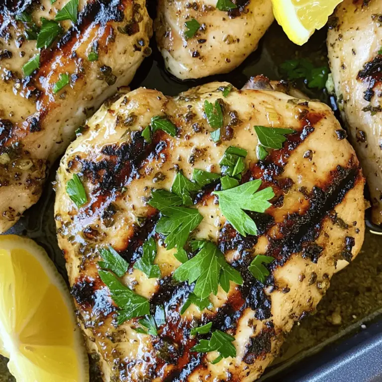 - 4 Hähnchenbrustfilets ohne Knochen und Haut - 4 Knoblauchzehen, fein gehackt - 1 Teelöffel getrockneter Oregano - 1 Teelöffel getrockneter Thymian - 1 Teelöffel getrockneter Rosmarin - 1/4 Tasse Olivenöl - Saft von 2 Zitronen - Salz und Pfeffer nach Geschmack - 1/2 Teelöffel rote Chiliflocken (optional für etwas Schärfe) - Frische Petersilie, gehackt Um das beste Ergebnis zu erzielen, achte darauf, frische Zutaten zu verwenden. Die Hähnchenbrust sollte zart und saftig sein. Der Knoblauch bringt einen starken Geschmack, der toll passt. Die Kräuter wie Oregano, Thymian und Rosmarin geben eine schöne Tiefe. Für die Marinade sind Olivenöl und Zitronensaft die Basis. Das Öl hilft, das Hähnchen zart zu halten. Der Zitronensaft bringt Frische und Säure. Füge Salz und Pfeffer nach deinem Geschmack hinzu. Wenn du etwas Schärfe magst, sind rote Chiliflocken eine tolle Ergänzung. Die frische Petersilie zum Garnieren macht das Gericht nicht nur schön, sondern fügt auch einen frischen Geschmack hinzu. Diese Zutaten machen das Gericht einfach und lecker. Du findest die komplette Anleitung in der Full Recipe. Zuerst vermischst du die Zutaten in einer Schüssel. Nimm die fein gehackten Knoblauchzehen, den Oregano, Thymian und Rosmarin. Füge dann die roten Chiliflocken, das Olivenöl, den Zitronensaft sowie Salz und Pfeffer hinzu. Rühre gut um, um eine aromatische Marinade zu erhalten. Marinieren ist wichtig. Lass das Hähnchen mindestens 30 Minuten ziehen. So ziehen die Aromen richtig ein. Lege die Hähnchenbrustfilets in die Marinade. Achte darauf, dass jedes Stück gut bedeckt ist. Du kannst einen wiederverschließbaren Plastikbeutel oder eine flache Schüssel nutzen. Nach der Marinierzeit nimm das Hähnchen heraus. Lass die überschüssige Marinade abtropfen. Entsorge die restliche Marinade, um eine Kontamination zu vermeiden. Bereite den Grill vor, indem du ihn auf mittlere Hitze einstellst. Die Temperatur sollte etwa 200°C betragen. Lege die Hähnchenbrustfilets auf den Grill. Grill die Filets 6 bis 7 Minuten auf einer Seite. Wende sie dann und grill sie weitere 5 bis 6 Minuten. Die Innentemperatur muss mindestens 75°C erreichen. So bleibt das Hähnchen saftig und lecker. - Wenden des Hähnchens zur richtigen Zeit Wenden Sie das Hähnchen nach 6-7 Minuten. So bleibt es saftig. Warten Sie, bis es leicht vom Grill löst. Wenn es festklebt, lassen Sie es noch etwas länger. - Verwendung eines Fleischthermometers Ein Fleischthermometer zeigt, ob das Hähnchen fertig ist. Stecken Sie es in die dickste Stelle. Die Temperatur sollte 75°C erreichen. So vermeiden Sie rohes Hähnchen. - Vorzüge längerer Marinierzeit Marinieren Sie das Hähnchen mindestens 30 Minuten. Besser sind 2 Stunden im Kühlschrank. So ziehen die Aromen besser ein. - Varianten in den Kräutern und Gewürzen Experimentieren Sie mit frischen Kräutern. Basilikum, Dill oder Koriander geben neuen Geschmack. Sie können auch Gewürze wie Paprika oder Kreuzkümmel hinzufügen. - Beilagen zur Ergänzung des Gerichts Servieren Sie das Hähnchen mit frischem Gemüse oder einem Salat. Reis oder Kartoffeln passen auch gut. Ein leichter Joghurtdip kann das Gericht abrunden. - Umgang mit übrig gebliebenem Hähnchen Bewahren Sie Reste im Kühlschrank auf. Nutzen Sie sie für Sandwiches oder Salate. So genießen Sie die leckeren Aromen erneut. {{image_4}} Um den Geschmack zu verändern, kannst du die Kräuter anpassen. Nutze frische Kräuter, wenn möglich. Basilikum oder Schnittlauch geben eine gute Note. Du kannst auch Honig oder Senf hinzufügen. Diese Zutaten machen die Marinade süßer oder würziger. Honig sorgt für eine schöne Karamellisierung beim Grillen. Senf bringt eine scharfe Tiefe in den Geschmack. Wenn du eine vegetarische Option suchst, probiere marinierte Tofustücke. Tofu nimmt die Marinade gut auf. Schneide den Tofu in dicke Scheiben. Lass ihn in der Marinade ziehen und grille ihn dann. Gemüse ist ebenfalls eine tolle Wahl. Zucchini, Paprika und Auberginen passen gut. Mariniere das Gemüse und grille es bis es zart ist. Nicht jeder hat einen Grill, daher gibt es Alternativen. Du kannst das Hähnchen auch in einer Pfanne braten. Erhitze etwas Öl in der Pfanne und lege das Hähnchen hinein. Brate es auf mittlerer Hitze für eine knusprige Oberfläche. Wenn du keinen Grill oder eine Pfanne hast, nutze den Backofen. Heize ihn auf 200 Grad vor. Lege das Hähnchen auf ein Blech und backe es 25-30 Minuten. Achte darauf, dass die Innentemperatur 75 Grad erreicht. Die Varianten machen das Rezept noch spannender. Du kannst mit den Zutaten spielen und neue Geschmäcker finden. Für das komplette Rezept, schau dir die [Full Recipe] an. - Lagern Sie das Hähnchen in einem luftdichten Behälter. - Der Kühlschrank hält die Reste frisch für maximal 3 Tage. - Sie können die Reste auch einfrieren. - Wickeln Sie das Hähnchen gut in Frischhaltefolie ein. - Im Gefrierfach bleibt es bis zu 3 Monate haltbar. - Der Ofen ist die beste Methode zum Aufwärmen. - Stellen Sie ihn auf 180°C ein und legen Sie das Hähnchen hinein. - Decken Sie es mit Alufolie ab, um Austrocknen zu vermeiden. - Die Mikrowelle geht schneller, kann aber das Hähnchen trocken machen. - Wenn Sie die Mikrowelle nutzen, erwärmen Sie es in kurzen Intervallen. - Fügen Sie einen kleinen Schuss Wasser hinzu, um die Feuchtigkeit zu halten. Ich empfehle, das Hähnchen mindestens 30 Minuten zu marinieren. Ideal sind zwei Stunden. So ziehen die Aromen besser ein. Eine längere Marinierzeit sorgt für mehr Geschmack. Ja, frische Kräuter sind eine tolle Wahl! Sie geben dem Gericht einen lebendigen Geschmack. Der Nachteil ist, dass du mehr frische Kräuter brauchst. Ein Esslöffel frische Kräuter entspricht etwa einem Teelöffel getrocknete Kräuter. Zu gegrilltem Hähnchen passen viele Beilagen. Ein frischer Salat mit Tomaten und Gurken ist leicht und lecker. Gegrilltes Gemüse wie Zucchini oder Paprika ist ebenfalls gut. Kartoffelsalat oder Reisgerichte sind weitere tolle Optionen. Um das Hähnchen saftig zu halten, grilliere es bei mittlerer Hitze. Wende das Hähnchen nur einmal während des Grillens. Lass es nach dem Grillen ein paar Minuten ruhen. So bleiben die Säfte im Hähnchen. Zusammenfassend können Sie mit diesen einfachen Zutaten und Schritten ein köstliches gegrilltes Hähnchen zubereiten. Die Marinade macht das Fleisch zart und geschmackvoll. Nutzen Sie die Tipps und Tricks für das Grillen und das Servieren. Variieren Sie mit Kräutern oder probieren Sie vegetarische Optionen. Denken Sie daran, übrig gebliebenes Hähnchen richtig zu lagern. Mit diesen Informationen sind Sie bereit, Ihre Grillkünste zu zeigen. Viel Spaß beim Grillen!