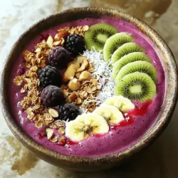 Für einen leckeren Berry Smoothie Bowl brauchst du diese Hauptzutaten: - 1 Tasse gefrorene gemischte Beeren (Erdbeeren, Heidelbeeren, Himbeeren) - 1 Banane, in Scheiben geschnitten und gefroren - 1/2 Tasse griechischer Joghurt (oder pflanzlicher Joghurt für eine vegane Option) - 1/2 Tasse Mandelmilch (oder jede Milch nach Wahl) - 1 Esslöffel Chiasamen - 1 Esslöffel Honig oder Ahornsirup (optional für zusätzliche Süße) Diese Zutaten sorgen für einen cremigen und fruchtigen Geschmack. Die gefrorenen Beeren geben dem Smoothie eine schöne Kälte und die Banane macht ihn süß und dick. Joghurt fügt Protein hinzu, während Chiasamen für Ballaststoffe sorgen. Die Toppings machen deinen Smoothie Bowl besonders. Hier sind meine Favoriten: - Frisch geschnittene Früchte (Kiwi, Banane) - Granola - Kokosraspeln - Nüsse (Mandeln oder Walnüsse) Diese Toppings bringen Textur und zusätzliche Nährstoffe. Du kannst sie kreativ anrichten, um eine schöne Präsentation zu erzielen. Frisches Obst bringt Farbe und den Crunch von Granola macht das Ganze spannend. Es gibt viele Möglichkeiten, deinen Berry Smoothie Bowl zu variieren. Hier einige Ideen: - Spinat oder Grünkohl für einen grünen Smoothie - Proteinpulver für einen Proteinboost - Erdnussbutter oder Mandelbutter für einen nussigen Geschmack Diese Zutaten fügen mehr Nährstoffe hinzu und machen dein Frühstück noch nahrhafter. Experimentiere mit verschiedenen Kombinationen, um deinen perfekten Smoothie Bowl zu finden. Für die vollständige Anleitung empfehle ich, die [Full Recipe] zu besuchen. Zuerst bereite alle Zutaten vor. Du brauchst gefrorene Beeren, eine gefrorene Banane, griechischen Joghurt, Mandelmilch, Chiasamen und etwas Honig oder Ahornsirup. Mische alles in einem Mixer. Achte darauf, dass die Beeren und die Banane gut gefroren sind. So wird dein Smoothie schön kalt und cremig. Mixe alles auf hoher Stufe, bis die Mischung glatt ist. Wenn es zu dick ist, füge mehr Mandelmilch hinzu. Das macht es einfacher, alles zu mixen. Jetzt kommt der kreative Teil! Gieße den Smoothie in eine Schüssel. Dekoriere die Oberfläche mit frischen Früchten wie Kiwi und Banane. Streue etwas Granola darüber für den Crunch. Kokosraspeln und Nüsse sind tolle Toppings. Du kannst auch essbare Blüten verwenden. Sie sehen hübsch aus und schmecken gut. Die perfekte Konsistenz ist wichtig. Sie sollte dick, aber nicht fest sein. Du willst, dass der Smoothie vom Löffel fließt, aber nicht zu schnell. Wenn du mehr Flüssigkeit brauchst, füge etwas Mandelmilch hinzu. Wenn du es dicker magst, benutze weniger Milch oder mehr gefrorene Früchte. Experimentiere, bis du deine ideale Konsistenz gefunden hast. Wähle frische oder gefrorene Beeren. Achte auf leuchtende Farben und festen Druck. Erdbeeren, Himbeeren und Heidelbeeren sind ideal. Du kannst auch gemischte Beeren verwenden. Sie bringen verschiedene Aromen in deinen Smoothie Bowl. Gefrorene Beeren sind perfekt für eine cremige Konsistenz. Sie machen deinen Smoothie frisch und kühl. Ein häufiger Fehler ist, nicht genug Flüssigkeit hinzuzufügen. Wenn du die Mischung zu dick machst, kannst du sie nicht gut mixen. Beginne mit der empfohlenen Menge Mandelmilch. Falls nötig, füge nach und nach mehr hinzu. Achte darauf, dass der Mixer gut funktioniert. Stoppe den Mixer zwischendurch, um die Mischung zu prüfen. So vermeidest du Klumpen. Du kannst die Rezeptur ganz einfach anpassen. Füge weitere Früchte hinzu, wie Kiwi oder Mango. Für mehr Süße kannst du Honig oder Ahornsirup verwenden. Experimentiere mit Nüssen oder Samen für mehr Textur. Jeder kann seinen eigenen Stil finden. So wird der Berry Smoothie Bowl immer lecker und spannend. Schau dir die Full Recipe für alle Details an. {{image_4}} Für eine vegane Variante verwende pflanzlichen Joghurt. Du kannst Kokos- oder Sojajoghurt wählen. Diese Optionen sind cremig und lecker. Der Rest des Rezepts bleibt gleich. Du kannst auch Mandelmilch oder Hafermilch nutzen. So bleibt der Geschmack frisch und fruchtig. Willst du mehr Protein? Füge einen Esslöffel Proteinpulver hinzu. Das passt gut zu den Beeren. Auch Nussbutter ist eine tolle Wahl. Mandel- oder Erdnussbutter setzen einen schönen Akzent. Diese Zutaten machen den Smoothie sättigender und nahrhafter. Sei kreativ mit deinen Früchten! Probiere Mango, Ananas oder sogar Spinat. Diese Zutaten bringen neue Aromen in deinen Smoothie Bowl. Die Kombination aus frischen Früchten macht den Smoothie bunt und einladend. Du kannst auch Zitrusfrüchte hinzufügen für einen frischen Kick. Um deinen Berry Smoothie Bowl frisch zu halten, stelle sicher, dass du ihn in einem luftdichten Behälter aufbewahrst. So bleibt er bis zu zwei Tage im Kühlschrank gut. Achte darauf, die Schüssel gut zu verschließen, um den Geschmack zu bewahren. Wenn du ihn nicht sofort essen kannst, halte die Toppings getrennt. So bleibt alles knusprig und frisch. Beeren und Bananen sind einfach einzufrieren. Lege die Beeren auf ein Backblech und friere sie ein, bis sie fest sind. Danach kannst du sie in einen Beutel geben. Für die Bananen schneide sie in Scheiben und lege sie in einen luftdichten Behälter. So hast du immer frische Zutaten bereit, wenn du einen Smoothie machen möchtest. Diese Methode hilft, den Geschmack und die Nährstoffe zu erhalten. Wenn du Reste von deinem Berry Smoothie Bowl hast, kannst du sie kreativ nutzen. Füge die Reste in Pancake-Teig hinzu oder mixe sie in Joghurt für einen schnellen Snack. Du kannst auch Eiswürfelformen verwenden, um Smoothie-Würfel zu machen. Diese kannst du später in Wasser oder Limonade geben, um einen leckeren Fruchtgeschmack zu erhalten. So verschwenden wir keine Zutaten und nutzen alles optimal aus. Ein Berry Smoothie Bowl hat etwa 250 bis 400 Kalorien pro Portion. Die genauen Kalorien hängen von den Zutaten ab. Wenn du mehr Toppings hinzufügst, steigt die Kalorienzahl. Zum Beispiel, wenn du Nüsse oder Honig verwendest, werden die Kalorien höher. Um die Kalorien zu senken, kannst du weniger Süßungsmittel oder Toppings verwenden. Ja, du kannst gefrorene Beeren statt frischer Beeren verwenden. Gefrorene Beeren sind oft günstiger und haben einen ähnlichen Nährwert. Sie sind auch praktisch, da du sie immer zur Hand hast. Gefrorene Beeren geben dem Smoothie eine cremige Konsistenz und kühlen ihn. Achte darauf, die Beeren ein wenig länger zu mixen, wenn sie gefroren sind. Du kannst deinen Smoothie bis zu zwei Tage im Kühlschrank aufbewahren. Um die Frische zu erhalten, decke die Schüssel gut ab. Der Smoothie kann sich mit der Zeit trennen, aber das ist normal. Rühre ihn einfach gut um, bevor du ihn genießt. Wenn du ihn länger aufbewahren möchtest, friere ihn einfach ein. Der Berry Smoothie Bowl ist einfach und lecker. Er enthält viele gesunde Zutaten, die du nach deinem Geschmack anpassen kannst. Du kannst eine Vielzahl von Beeren und Toppings verwenden, um die Schüssel zu dekorieren. Vergiss nicht, die richtigen Tipps beim Mixen zu beachten. Experimentiere mit verschiedenen Obstsorten für neue Varianten. Denke daran, Reste gut aufzubewahren und richtig einzufrieren. Probiere deine eigene Version aus und genieße die vielen Vorteile eines gesunden Frühstücks oder Snacks.